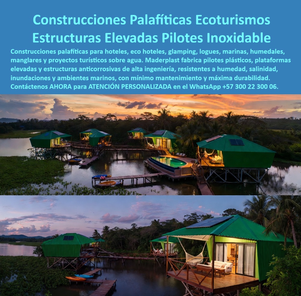 Estructura Palafítica Construcciones Elevadas Sobre Pilotes Maderplast - Construcciones Palafíticas sobre Pilotes Inoxidables: Soluciones Elevadas para Ecoturismo, Hoteles y Ambientes Marinos Meta descripción Construcciones palafíticas sobre pilotes plásticos inoxidables para hoteles, ecohoteles, glamping, marinas y proyectos turísticos. Estructuras elevadas resistentes a humedad, salinidad e inundaciones, con mínimo mantenimiento y máxima durabilidad para zonas costeras y humedales. La imagen presenta un moderno complejo de estructuras palafíticas de alta resistencia desarrollado por Maderplast para proyectos de ecoturismo, hoteles, ecohoteles, glamping, marinas, humedales, manglares y desarrollos turísticos construidos sobre cuerpos de agua o terrenos inundables. Estas edificaciones utilizan pilotes plásticos inoxidables para ambientes marinos y un sistema modular sobre pilotes diseñado para soportar permanentemente la humedad, la salinidad, las inundaciones y la exposición al ambiente costero sin sufrir corrosión, pudrición ni deterioro estructural. La cimentación elevada para ecoturismo permite construir sobre lagunas, ríos, manglares, playas, ciénagas y zonas de protección ambiental minimizando la intervención sobre el terreno y respetando el entorno natural. Al elevar la infraestructura, las edificaciones permanecen protegidas frente a cambios en el nivel del agua, crecientes e inundaciones, mientras conservan excelentes condiciones de estabilidad, seguridad y confort para los usuarios. Las estructuras palafíticas fabricadas por Maderplast representan una alternativa moderna frente a pilotes de madera, acero o concreto que requieren constantes mantenimientos o presentan deterioro acelerado por la humedad y el ambiente marino. Gracias a los materiales plásticos de ingeniería utilizados en su fabricación, estas construcciones mantienen su apariencia y desempeño durante muchos años con costos mínimos de conservación, convirtiéndose en una inversión altamente rentable para proyectos turísticos y recreativos. Maderplast desarrolla estos sistemas mediante procesos industriales controlados y certificaciones de calidad y gestión ambiental, fabricando soluciones completamente personalizadas para hoteles, clubes náuticos, parques ecoturísticos, reservas naturales, condominios, restaurantes flotantes, muelles, plataformas recreativas y cualquier proyecto que requiera construir sobre terrenos blandos o zonas con presencia permanente de agua. Los módulos pueden adaptarse a diferentes distribuciones arquitectónicas, dimensiones y niveles de confort según las necesidades de cada cliente. La calidad del sistema está respaldada por pruebas de laboratorio, demostraciones de resistencia y aplicaciones reales en ambientes altamente corrosivos, brindando confianza a arquitectos, ingenieros, desarrolladores turísticos e inversionistas que buscan infraestructura de larga vida útil con mínimo mantenimiento y excelente comportamiento estructural. Elegir las estructuras palafíticas de alta resistencia, los pilotes plásticos inoxidables para ambientes marinos, la cimentación elevada para ecoturismo y el sistema modular sobre pilotes para zonas NSR desarrollado por Maderplast significa construir con una solución moderna, sostenible y altamente durable, diseñada para convivir con el agua, proteger la inversión y ofrecer una experiencia arquitectónica exclusiva durante décadas. Contáctenos ahora mismo por WhatsApp y reciba atención personalizada de un asesor especializado: +57 300 22 300 06. Estructuras palafíticas de alta resistencia, Pilotes plásticos inoxidables ambientes marinos, cimentación elevada ecoturismo, Sistema Modular sobre Pilotes Zonas NSR Estructura Palafítica Construcciones Elevadas Sobre Pilotes Maderplast Estructuras palafíticas de alta resistencia Pilotes plásticos inoxidables ambientes marinos cimentación elevada ecoturismo Sistema Modular sobre Pilotes Zonas NSR Construcciones Palafíticas sobre Pilotes Inoxidables: Soluciones Elevadas para Ecoturismo, Hoteles y Ambientes Marinos Meta descripción Construcciones palafíticas sobre pilotes plásticos inoxidables para hoteles, ecohoteles, glamping, marinas y proyectos turísticos. Estructuras elevadas resistentes a humedad, salinidad e inundaciones, con mínimo mantenimiento y máxima durabilidad para zonas costeras y humedales. La imagen presenta un moderno complejo de estructuras palafíticas de alta resistencia desarrollado por Maderplast para proyectos de ecoturismo, hoteles, ecohoteles, glamping, marinas, humedales, manglares y desarrollos turísticos construidos sobre cuerpos de agua o terrenos inundables. Estas edificaciones utilizan pilotes plásticos inoxidables para ambientes marinos y un sistema modular sobre pilotes diseñado para soportar permanentemente la humedad, la salinidad, las inundaciones y la exposición al ambiente costero sin sufrir corrosión, pudrición ni deterioro estructural. La cimentación elevada para ecoturismo permite construir sobre lagunas, ríos, manglares, playas, ciénagas y zonas de protección ambiental minimizando la intervención sobre el terreno y respetando el entorno natural. Al elevar la infraestructura, las edificaciones permanecen protegidas frente a cambios en el nivel del agua, crecientes e inundaciones, mientras conservan excelentes condiciones de estabilidad, seguridad y confort para los usuarios. Las estructuras palafíticas fabricadas por Maderplast representan una alternativa moderna frente a pilotes de madera, acero o concreto que requieren constantes mantenimientos o presentan deterioro acelerado por la humedad y el ambiente marino. Gracias a los materiales plásticos de ingeniería utilizados en su fabricación, estas construcciones mantienen su apariencia y desempeño durante muchos años con costos mínimos de conservación, convirtiéndose en una inversión altamente rentable para proyectos turísticos y recreativos. Maderplast desarrolla estos sistemas mediante procesos industriales controlados y certificaciones de calidad y gestión ambiental, fabricando soluciones completamente personalizadas para hoteles, clubes náuticos, parques ecoturísticos, reservas naturales, condominios, restaurantes flotantes, muelles, plataformas recreativas y cualquier proyecto que requiera construir sobre terrenos blandos o zonas con presencia permanente de agua. Los módulos pueden adaptarse a diferentes distribuciones arquitectónicas, dimensiones y niveles de confort según las necesidades de cada cliente. La calidad del sistema está respaldada por pruebas de laboratorio, demostraciones de resistencia y aplicaciones reales en ambientes altamente corrosivos, brindando confianza a arquitectos, ingenieros, desarrolladores turísticos e inversionistas que buscan infraestructura de larga vida útil con mínimo mantenimiento y excelente comportamiento estructural. Elegir las estructuras palafíticas de alta resistencia, los pilotes plásticos inoxidables para ambientes marinos, la cimentación elevada para ecoturismo y el sistema modular sobre pilotes para zonas NSR desarrollado por Maderplast significa construir con una solución moderna, sostenible y altamente durable, diseñada para convivir con el agua, proteger la inversión y ofrecer una experiencia arquitectónica exclusiva durante décadas. Contáctenos ahora mismo por WhatsApp y reciba atención personalizada de un asesor especializado: +57 300 22 300 06.