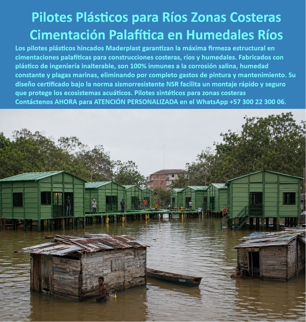 Estructura Palafítica Construcciones Elevadas Sobre Pilotes Maderplast - Pilotes Plásticos para Construcciones Palafíticas: Cimentaciones Inoxidables para Ríos, Humedales y Zonas Costeras Meta descripción Pilotes plásticos hincados para construcciones palafíticas en ríos, humedales y zonas costeras. Sistema de cimentación elevada resistente a humedad, salinidad, inundaciones y ambientes marinos, con mínimo mantenimiento y máxima durabilidad para proyectos turísticos, industriales y residenciales. La imagen presenta un moderno sistema de construcciones elevadas sobre pilotes plásticos desarrollado por Maderplast para proyectos ubicados en ríos, humedales, ciénagas, manglares, lagunas y zonas costeras donde las inundaciones, la humedad permanente y la corrosión representan un desafío para las cimentaciones tradicionales. Este sistema de cimentación palafítica en plástico utiliza pilotes plásticos hincados para construcciones costeras que ofrecen alta resistencia estructural y una larga vida útil sin sufrir oxidación, pudrición ni ataques de organismos propios de ambientes acuáticos. Las estructuras elevadas para humedales, ríos y costas permiten desarrollar viviendas, hoteles, ecohoteles, glamping, centros de investigación, estaciones ambientales, marinas, muelles, plataformas, restaurantes y proyectos turísticos manteniendo las edificaciones protegidas frente a inundaciones, variaciones del nivel del agua y condiciones climáticas extremas. Su diseño favorece una menor intervención sobre el ecosistema, permitiendo construir de forma más sostenible en áreas ambientalmente sensibles. A diferencia de pilotes de madera, acero o concreto expuestos al deterioro por humedad y salinidad, los pilotes plásticos de ingeniería conservan sus propiedades durante muchos años con mínimos costos de mantenimiento. No requieren pintura anticorrosiva, tratamientos protectores ni reemplazos frecuentes, reduciendo considerablemente el costo total de propiedad y aumentando la rentabilidad de la inversión. Maderplast fábrica estos sistemas mediante procesos industriales controlados y certificaciones de calidad y gestión ambiental, desarrollando soluciones completamente personalizadas según las características del terreno y las necesidades estructurales de cada proyecto. Los pilotes y estructuras pueden diseñarse para cumplir con los requisitos de las normas de construcción aplicables, incluyendo proyectos ubicados en zonas con exigencias de diseño sismorresistente. La calidad del sistema está respaldada por pruebas de laboratorio, demostraciones de resistencia y aplicaciones reales en ambientes altamente agresivos, brindando confianza a ingenieros, arquitectos, desarrolladores turísticos y entidades públicas que requieren soluciones de larga duración para construir sobre agua o terrenos inundables. Elegir los pilotes plásticos hincados para construcciones costeras, el sistema de cimentación palafítica en plástico, las estructuras elevadas para humedales, ríos y costas y las soluciones desarrolladas por Maderplast significa invertir en infraestructura resistente, sostenible y preparada para convivir con el agua durante décadas, reduciendo costos de mantenimiento y garantizando seguridad, estabilidad y durabilidad en los ambientes más exigentes. Contáctenos ahora mismo por WhatsApp y reciba atención personalizada de un asesor especializado: +57 300 22 300 06. Pilotes plásticos hincados construcciones costeras, Sistema de cimentación palafítica en plástico, pilotes ríos, Estructuras Elevadas Humedales, Ríos y Costas, NSR Estructura Palafítica Construcciones Elevadas Sobre Pilotes Maderplast Pilotes plásticos hincados construcciones costeras Sistema de cimentación palafítica en plástico pilotes ríos Estructuras Elevadas Humedales Ríos y Costas NSR Pilotes Plásticos para Construcciones Palafíticas: Cimentaciones Inoxidables para Ríos, Humedales y Zonas Costeras Meta descripción Pilotes plásticos hincados para construcciones palafíticas en ríos, humedales y zonas costeras. Sistema de cimentación elevada resistente a humedad, salinidad, inundaciones y ambientes marinos, con mínimo mantenimiento y máxima durabilidad para proyectos turísticos, industriales y residenciales. La imagen presenta un moderno sistema de construcciones elevadas sobre pilotes plásticos desarrollado por Maderplast para proyectos ubicados en ríos, humedales, ciénagas, manglares, lagunas y zonas costeras donde las inundaciones, la humedad permanente y la corrosión representan un desafío para las cimentaciones tradicionales. Este sistema de cimentación palafítica en plástico utiliza pilotes plásticos hincados para construcciones costeras que ofrecen alta resistencia estructural y una larga vida útil sin sufrir oxidación, pudrición ni ataques de organismos propios de ambientes acuáticos. Las estructuras elevadas para humedales, ríos y costas permiten desarrollar viviendas, hoteles, ecohoteles, glamping, centros de investigación, estaciones ambientales, marinas, muelles, plataformas, restaurantes y proyectos turísticos manteniendo las edificaciones protegidas frente a inundaciones, variaciones del nivel del agua y condiciones climáticas extremas. Su diseño favorece una menor intervención sobre el ecosistema, permitiendo construir de forma más sostenible en áreas ambientalmente sensibles. A diferencia de pilotes de madera, acero o concreto expuestos al deterioro por humedad y salinidad, los pilotes plásticos de ingeniería conservan sus propiedades durante muchos años con mínimos costos de mantenimiento. No requieren pintura anticorrosiva, tratamientos protectores ni reemplazos frecuentes, reduciendo considerablemente el costo total de propiedad y aumentando la rentabilidad de la inversión. Maderplast fábrica estos sistemas mediante procesos industriales controlados y certificaciones de calidad y gestión ambiental, desarrollando soluciones completamente personalizadas según las características del terreno y las necesidades estructurales de cada proyecto. Los pilotes y estructuras pueden diseñarse para cumplir con los requisitos de las normas de construcción aplicables, incluyendo proyectos ubicados en zonas con exigencias de diseño sismorresistente. La calidad del sistema está respaldada por pruebas de laboratorio, demostraciones de resistencia y aplicaciones reales en ambientes altamente agresivos, brindando confianza a ingenieros, arquitectos, desarrolladores turísticos y entidades públicas que requieren soluciones de larga duración para construir sobre agua o terrenos inundables. Elegir los pilotes plásticos hincados para construcciones costeras, el sistema de cimentación palafítica en plástico, las estructuras elevadas para humedales, ríos y costas y las soluciones desarrolladas por Maderplast significa invertir en infraestructura resistente, sostenible y preparada para convivir con el agua durante décadas, reduciendo costos de mantenimiento y garantizando seguridad, estabilidad y durabilidad en los ambientes más exigentes. Contáctenos ahora mismo por WhatsApp y reciba atención personalizada de un asesor especializado: +57 300 22 300 06.