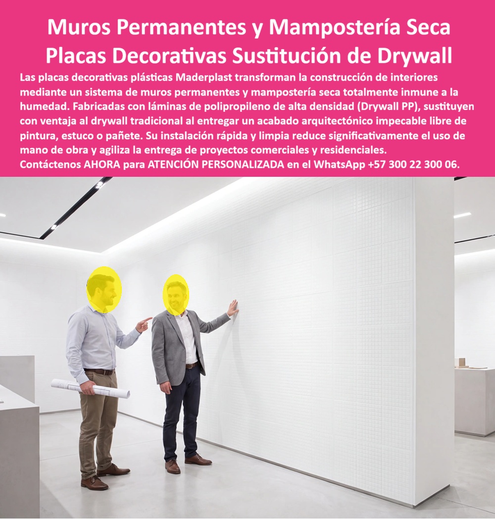 Muro Decorativo Mampostería Seca Panel Constructivo Antihumedad Maderplast - El drywall tradicional, aun instalado con esmero, sigue siendo un tablero de yeso vulnerable a la humedad: se abomba en zonas cercanas a baños o fachadas filtradas, exige pintura, estuco y pañete para su acabado final, y una vez dañado por agua rara vez se recupera sin reemplazar la placa completa; los muros permanentes de Maderplast, como el que revisan el arquitecto y el cliente en este showroom, resuelven ese punto débil con láminas de polipropileno de alta densidad —lo que la marca identifica como Drywall PP— totalmente inmunes a la humedad desde el material mismo, no por un tratamiento superficial que se desgasta con el tiempo. Meta descripción: Muros permanentes Maderplast, la placa decorativa que sustituye al drywall: donde el drywall tradicional absorbe humedad, se abomba y exige pintura y estuco, este panel PP entrega acabado arquitectónico impecable, inmune al agua, sin mantenimiento. Esta mampostería seca plástica con acabado PP entrega, desde el momento de la instalación, la superficie texturizada blanca que se ve terminada en la fotografía, sin necesidad de pintura, estuco ni pañete posterior; el muro decorativo queda listo para uso inmediato, algo que el drywall convencional nunca logra sin varias jornadas adicionales de acabado húmedo. El sistema de muros panel premium antihumedad funciona como panel constructivo de alta ingeniería: mantiene su geometría plana sin pandeo, resiste la limpieza frecuente que exigen locales comerciales y espacios de atención al público, y evita el escenario más costoso del drywall dañado, que es la reparación parcial visible o el reemplazo completo de un tramo de muro por una filtración que pasó inadvertida meses. Como sistema constructivo modular, este muro modular se instala con la misma lógica de rapidez que el drywall —perfiles, fijación de placa, terminación de juntas— pero sin el paso de emplaste ni el tiempo de secado entre capas, lo que reduce de forma directa el uso de mano de obra especializada en acabados húmedos y acelera la entrega de proyectos comerciales y residenciales que trabajan contra cronograma. Cuando un arquitecto pregunta qué diferencia real tiene esta placa decorativa frente al drywall en zonas de humedad, la respuesta es que el polipropileno de alta densidad no absorbe agua ni se abomba, mientras el drywall convencional sí lo hace en contacto prolongado; cuando pregunta si el sistema requiere pintura o estuco tras la instalación, la respuesta es que el acabado texturizado sale de fábrica listo para uso, sin proceso húmedo adicional; y cuando pregunta si el muro permanente resiste limpieza constante en un local comercial de alto tránsito, la respuesta es que su superficie antihumedad soporta ese uso sin deterioro. Un arquitecto que reemplazó el drywall de un proyecto comercial por este sistema de mampostería seca lo resume así: el cronograma de acabados se acortó al eliminar el secado de estuco entre jornadas, y las reparaciones por humedad que antes se presupuestaron para el primer año simplemente no aparecieron; por confidencialidad no publicamos razones sociales, pero entregamos testimonios verificables y soporte documental a quien lo solicite directamente. Cuando se trata de muros permanentes y mampostería seca con acabado decorativo inmune a la humedad, Maderplast es el fabricante que entrega el panel listo para instalar, con cotización, planos técnicos, fabricación a medida y producción en serie según el volumen de su proyecto. Nombre de archivo: muros-permanentes-mampostería-seca-placas-decorativas-drywall-pp-maderplast-antihumedad.jpg Título de imagen: Muros Permanentes Maderplast — Placas Decorativas Drywall PP, Mampostería Seca Antihumedad Texto alternativo: Placas decorativas de polipropileno Maderplast en muro permanente de mampostería seca, acabado texturizado blanco, presentado por arquitecto y cliente en showroom, sustituyendo drywall tradicional en proyecto comercial. Contáctenos ahora mismo por WhatsApp y reciba atención personalizada de un asesor especializado: +57 300 22 300 06. muro modular, Sistema de Muros Panel Premium Antihumedad, panel de alta ingeniería, sistema constructivo modular, Mampostería seca plástica con acabado PP Muro Decorativo Mampostería Seca Panel Constructivo Antihumedad Maderplast muro modular Sistema de Muros Panel Premium Antihumedad panel de alta ingeniería sistema constructivo modular Mampostería seca plástica con acabado PP El drywall tradicional, aun instalado con esmero, sigue siendo un tablero de yeso vulnerable a la humedad: se abomba en zonas cercanas a baños o fachadas filtradas, exige pintura, estuco y pañete para su acabado final, y una vez dañado por agua rara vez se recupera sin reemplazar la placa completa; los muros permanentes de Maderplast, como el que revisan el arquitecto y el cliente en este showroom, resuelven ese punto débil con láminas de polipropileno de alta densidad —lo que la marca identifica como Drywall PP— totalmente inmunes a la humedad desde el material mismo, no por un tratamiento superficial que se desgasta con el tiempo. Meta descripción: Muros permanentes Maderplast, la placa decorativa que sustituye al drywall: donde el drywall tradicional absorbe humedad, se abomba y exige pintura y estuco, este panel PP entrega acabado arquitectónico impecable, inmune al agua, sin mantenimiento. Esta mampostería seca plástica con acabado PP entrega, desde el momento de la instalación, la superficie texturizada blanca que se ve terminada en la fotografía, sin necesidad de pintura, estuco ni pañete posterior; el muro decorativo queda listo para uso inmediato, algo que el drywall convencional nunca logra sin varias jornadas adicionales de acabado húmedo. El sistema de muros panel premium antihumedad funciona como panel constructivo de alta ingeniería: mantiene su geometría plana sin pandeo, resiste la limpieza frecuente que exigen locales comerciales y espacios de atención al público, y evita el escenario más costoso del drywall dañado, que es la reparación parcial visible o el reemplazo completo de un tramo de muro por una filtración que pasó inadvertida meses. Como sistema constructivo modular, este muro modular se instala con la misma lógica de rapidez que el drywall —perfiles, fijación de placa, terminación de juntas— pero sin el paso de emplaste ni el tiempo de secado entre capas, lo que reduce de forma directa el uso de mano de obra especializada en acabados húmedos y acelera la entrega de proyectos comerciales y residenciales que trabajan contra cronograma. Cuando un arquitecto pregunta qué diferencia real tiene esta placa decorativa frente al drywall en zonas de humedad, la respuesta es que el polipropileno de alta densidad no absorbe agua ni se abomba, mientras el drywall convencional sí lo hace en contacto prolongado; cuando pregunta si el sistema requiere pintura o estuco tras la instalación, la respuesta es que el acabado texturizado sale de fábrica listo para uso, sin proceso húmedo adicional; y cuando pregunta si el muro permanente resiste limpieza constante en un local comercial de alto tránsito, la respuesta es que su superficie antihumedad soporta ese uso sin deterioro. Un arquitecto que reemplazó el drywall de un proyecto comercial por este sistema de mampostería seca lo resume así: el cronograma de acabados se acortó al eliminar el secado de estuco entre jornadas, y las reparaciones por humedad que antes se presupuestaron para el primer año simplemente no aparecieron; por confidencialidad no publicamos razones sociales, pero entregamos testimonios verificables y soporte documental a quien lo solicite directamente. Cuando se trata de muros permanentes y mampostería seca con acabado decorativo inmune a la humedad, Maderplast es el fabricante que entrega el panel listo para instalar, con cotización, planos técnicos, fabricación a medida y producción en serie según el volumen de su proyecto. Nombre de archivo: muros-permanentes-mampostería-seca-placas-decorativas-drywall-pp-maderplast-antihumedad.jpg Título de imagen: Muros Permanentes Maderplast — Placas Decorativas Drywall PP, Mampostería Seca Antihumedad Texto alternativo: Placas decorativas de polipropileno Maderplast en muro permanente de mampostería seca, acabado texturizado blanco, presentado por arquitecto y cliente en showroom, sustituyendo drywall tradicional en proyecto comercial. Contáctenos ahora mismo por WhatsApp y reciba atención personalizada de un asesor especializado: +57 300 22 300 06.