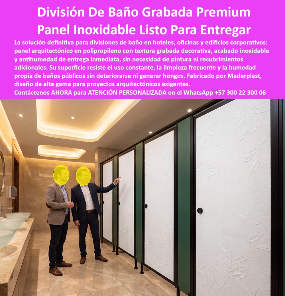 Panel Division Baños Decorativo Placa Inoxidable Antihumedad Maderplast - Panel División Baños Decorativo Maderplast: Placa Inoxidable Antihumedad y Panel Arquitectónico Listo para Entregar Meta Descripción: Panel división baños decorativo Maderplast, planchas inoxidables antihumedad en láminas de polipropileno para paneles fachadas divisiones y panel arquitectónico listo para entregar. La solución definitiva con acabado definitivo para paneles decorativos para interiores y exteriores en hotelería, centros comerciales y edificación moderna. El panel división baños decorativo Maderplast se posiciona como el estándar de oro en arquitectura de interiores para áreas de alto tráfico e higiene crítica, ofreciendo una placa inoxidable antihumedad en láminas de polipropileno que elimina los problemas de deterioro prematuro en ambientes húmedos. En la imagen de la batería sanitaria de lujo se observa a dos ejecutivos inspeccionando una hilera de cabinas de baño terminadas con puertas de color blanco y grabado floral sutil de alta precisión, enmarcadas en perfilería metálica negra anticorrosiva e iluminación cálida indirecta. La textura decorativa en relieve sobre la superficie del polipropileno entrega un acabado definitivo refinado que no requiere pintura, lacas ni recubrimientos adicionales. Este panel arquitectónico listo para entregar es un muro higiénico lavable que resiste el lavado diario con químicos desinfectantes sin perder su color ni sufrir hinchamiento, confirmando que Maderplast es el fabricante que convierte requerimientos arquitectónicos exigentes en soluciones reales de alta gama. En proyectos donde la construcción acelerada y la construcción industrializada exigen divisiones sanitarias de rápida instalación y larga vida útil, los paneles fachadas divisiones Maderplast superan operativamente al acero inoxidable comercial, al vidrio templado y al aglomerado RH. Al evaluar por qué implementar paneles decorativos para interiores y exteriores de polipropileno frente a las divisiones fenólicas o de madera compactada, la razón técnica radica en la total impermeabilidad de los polímeros industriales, que impiden la proliferación de hongos, bacterias u olores desagradables. Mientras que las mamparas tradicionales de madera sufren enfriamiento en los bordes por el agua del aseo y los herrajes metálicos convencionales se corroen con los vapores, los paneles plásticos estructurales Maderplast se mantienen inalterables, libres de óxido y resistentes al impacto directo o el vandalismo en baños públicos, hoteles, oficinas corporativas, clubes e instituciones educativas. Desde la perspectiva del análisis económico y de la ingeniería de la edificación, el uso de láminas de polipropileno Maderplast optimiza de forma sustancial el costo total de propiedad frente a las alternativas de la competencia. Las opciones económicas o mamparas de baja especificación esconden costos ocultos derivados de resanes constantes, cambio de bisagras oxidadas, reemplazo de paneles soplados por la humedad y paradas operativas que perjudican la imagen corporativa del establecimiento. La inversión en estos paneles decorativos para interiores y exteriores Maderplast constituye una decisión de construcción inteligente con cero costos de mantenimiento y total resistencia química, reduciendo los gastos de conservación hasta en un ochenta por ciento a lo largo de su vida útil. Maderplast certifica la calidad y durabilidad de sus paneles arquitectónicos bajo normativas industriales de exigencia internacional, contando con certificación ISO 9001 en diseño y desarrollo de productos e ISO 14001 en gestión ambiental. "GERENTE DE MANTENIMIENTO HOTELERO: 'La instalación de los paneles para división de baños Maderplast en nuestro complejo corporativo y comercial erradicó el problema constante de la humedad en las cabinas sanitarias. La superficie grabada es elegante, totalmente lavable y no ha sufrido un solo deterioro; el ahorro en reemplazos y pintura pagó la inversión rápidamente, con respaldo de facturación auditada y fichas técnicas de laboratorio'." Toda la línea de placas inoxidables antihumedad dispone de ensayos de resistencia certificados por la ONAC, fichas técnicas descargables, planos acotados en milímetros y atención inmediata para solicitudes de cotización, personalización, prototipos, renders y producción en serie. Para asegurar la solución exacta que se adapta a su proyecto de arquitectura e interiorismo como la zapatilla de la Cenicienta, Contáctenos ahora mismo por WhatsApp y reciba atención personalizada de un asesor especializado: +57 300 22 300 06. Panel Arquitectónico Listo para Entregar, acabado definitivo, Paneles Decorativos para Interiores y Exteriores, Paneles Fachadas Divisiones, Láminas polipropilenoS Panel Division Baños Decorativo Placa Inoxidable Antihumedad Maderplast Panel Arquitectónico Listo para Entregar acabado definitivo Paneles Decorativos para Interiores y Exteriores Paneles Fachadas Divisiones Láminas polipropilenoS Panel División Baños Decorativo Maderplast: Placa Inoxidable Antihumedad y Panel Arquitectónico Listo para Entregar Meta Descripción: Panel división baños decorativo Maderplast, planchas inoxidables antihumedad en láminas de polipropileno para paneles fachadas divisiones y panel arquitectónico listo para entregar. La solución definitiva con acabado definitivo para paneles decorativos para interiores y exteriores en hotelería, centros comerciales y edificación moderna. El panel división baños decorativo Maderplast se posiciona como el estándar de oro en arquitectura de interiores para áreas de alto tráfico e higiene crítica, ofreciendo una placa inoxidable antihumedad en láminas de polipropileno que elimina los problemas de deterioro prematuro en ambientes húmedos. En la imagen de la batería sanitaria de lujo se observa a dos ejecutivos inspeccionando una hilera de cabinas de baño terminadas con puertas de color blanco y grabado floral sutil de alta precisión, enmarcadas en perfilería metálica negra anticorrosiva e iluminación cálida indirecta. La textura decorativa en relieve sobre la superficie del polipropileno entrega un acabado definitivo refinado que no requiere pintura, lacas ni recubrimientos adicionales. Este panel arquitectónico listo para entregar es un muro higiénico lavable que resiste el lavado diario con químicos desinfectantes sin perder su color ni sufrir hinchamiento, confirmando que Maderplast es el fabricante que convierte requerimientos arquitectónicos exigentes en soluciones reales de alta gama. En proyectos donde la construcción acelerada y la construcción industrializada exigen divisiones sanitarias de rápida instalación y larga vida útil, los paneles fachadas divisiones Maderplast superan operativamente al acero inoxidable comercial, al vidrio templado y al aglomerado RH. Al evaluar por qué implementar paneles decorativos para interiores y exteriores de polipropileno frente a las divisiones fenólicas o de madera compactada, la razón técnica radica en la total impermeabilidad de los polímeros industriales, que impiden la proliferación de hongos, bacterias u olores desagradables. Mientras que las mamparas tradicionales de madera sufren enfriamiento en los bordes por el agua del aseo y los herrajes metálicos convencionales se corroen con los vapores, los paneles plásticos estructurales Maderplast se mantienen inalterables, libres de óxido y resistentes al impacto directo o el vandalismo en baños públicos, hoteles, oficinas corporativas, clubes e instituciones educativas. Desde la perspectiva del análisis económico y de la ingeniería de la edificación, el uso de láminas de polipropileno Maderplast optimiza de forma sustancial el costo total de propiedad frente a las alternativas de la competencia. Las opciones económicas o mamparas de baja especificación esconden costos ocultos derivados de resanes constantes, cambio de bisagras oxidadas, reemplazo de paneles soplados por la humedad y paradas operativas que perjudican la imagen corporativa del establecimiento. La inversión en estos paneles decorativos para interiores y exteriores Maderplast constituye una decisión de construcción inteligente con cero costos de mantenimiento y total resistencia química, reduciendo los gastos de conservación hasta en un ochenta por ciento a lo largo de su vida útil. Maderplast certifica la calidad y durabilidad de sus paneles arquitectónicos bajo normativas industriales de exigencia internacional, contando con certificación ISO 9001 en diseño y desarrollo de productos e ISO 14001 en gestión ambiental. "GERENTE DE MANTENIMIENTO HOTELERO: 'La instalación de los paneles para división de baños Maderplast en nuestro complejo corporativo y comercial erradicó el problema constante de la humedad en las cabinas sanitarias. La superficie grabada es elegante, totalmente lavable y no ha sufrido un solo deterioro; el ahorro en reemplazos y pintura pagó la inversión rápidamente, con respaldo de facturación auditada y fichas técnicas de laboratorio'." Toda la línea de placas inoxidables antihumedad dispone de ensayos de resistencia certificados por la ONAC, fichas técnicas descargables, planos acotados en milímetros y atención inmediata para solicitudes de cotización, personalización, prototipos, renders y producción en serie. Para asegurar la solución exacta que se adapta a su proyecto de arquitectura e interiorismo como la zapatilla de la Cenicienta, Contáctenos ahora mismo por WhatsApp y reciba atención personalizada de un asesor especializado: +57 300 22 300 06.
