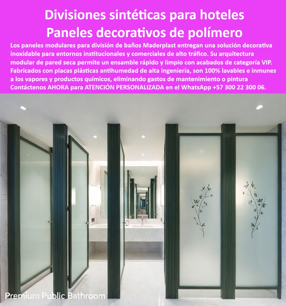 Panel Division Baños Decorativo Placa Inoxidable Antihumedad Maderplast - La división de baño tradicional en melamina, MDF o lámina metálica pintada enfrenta el peor entorno posible para su durabilidad: vapor constante, agua salpicada, productos químicos de limpieza intensiva y un tráfico de usuarios que se repite cientos de veces al día en hoteles y espacios comerciales; bajo esa exposición, el tablero se hincha, el metal se oxida y la pintura se descascara en pocos años, obligando a reposiciones que interrumpen el servicio. Meta descripción: Divisiones sintéticas Maderplast, el panel de baño que no exige mantenimiento: donde la división tradicional de melamina o metal se hincha, se oxida o se decolora con vapor y químicos de limpieza, este polímero antihumedad mantiene su acabado VIP intacto sin pintura ni reposición. Las divisiones sintéticas de Maderplast, visibles en este baño premium con puertas de vidrio esmerilado y marco en tono verde oscuro, resuelven ese desgaste con paneles decorativos de polímero cien por ciento lavables e inmunes a los vapores y productos químicos, de modo que la limpieza diaria con desinfectante fuerte —rutina obligatoria en un hotel de categoría— no deteriora ni decolora la superficie con el paso de los meses. Este panel modular para división de baños se ensambla bajo una arquitectura de pared seca de instalación rápida, sin obra húmeda ni tiempos de curado, lo que permite montar o renovar un módulo completo de baños institucionales en una fracción del tiempo que exige la mampostería o el enchape tradicional, un factor decisivo cuando el hotel necesita mantener sus baños operativos con el mejor cierre posible. La placa decorativa en mampostería seca que compone cada división no es solo funcional: su acabado con motivo grabado tipo enredadera, como el que se aprecia sobre el vidrio esmerilado, entrega la categoría VIP que un hotel o centro comercial de alto tráfico exige en sus espacios públicos, sin que esa estética dependa de un material frágil que pierda su apariencia con el uso. Fabricadas con placas plásticas antihumedad de alta ingeniería, estas divisiones eliminan de forma directa los gastos recurrentes de mantenimiento y pintura que sí exige la carpintería metálica o de madera en baños de alto tráfico, donde repintar juntas y reforzar bisagras oxidadas es una partida de gasto que se repite año tras año. Cuando un gerente de hotel pregunta qué panel de división de baño resiste mejor el vapor y la limpieza química diaria sin decolorarse, la respuesta es este polímero antihumedad que no absorbe vapor ni reacciona con desinfectantes; cuando pregunta si el sistema permite un acabado de categoría VIP sin depender de materiales frágiles, la respuesta es que el panel arquitectónico llega listo para entregar, con textura decorativa de fábrica; y cuando pregunta cuánto tiempo toma instalar o renovar un módulo completo de baños institucionales, la respuesta es que su ensamble modular en pared seca reduce ese tiempo frente a la carpintería tradicional. Un gerente de hotel que reemplazó sus divisiones de melamina por este sistema de polímero lo resume así: el presupuesto anual de repintado y reemplazo de bisagras oxidadas en los baños públicos dejó de figurar en el plan de mantenimiento del año siguiente; por confidencialidad no publicamos razones sociales, pero entregamos testimonios verificables y soporte documental a quien lo solicite directamente. Cuando se trata de divisiones sintéticas y paneles decorativos de polímero para baños de hoteles y espacios comerciales de alto tráfico, Maderplast es el fabricante que entrega el panel terminado, con cotización, planos técnicos, fabricación a medida y producción en serie según el volumen de su proyecto. Nombre de archivo: divisiones-sintéticas-hoteles-paneles-decorativos-polímero-baños-premium-maderplast.jpg Título de imagen: Divisiones Sintéticas para Hoteles Maderplast — Paneles Decorativos de Polímero para Baños Premium Texto alternativo: Panel de división de baño Maderplast en polímero antihumedad, con marco metálico y acabado decorativo grabado tipo enredadera, instalado en baño público premium de hotel con lavamanos de mármol al fondo. Contáctenos ahora mismo por WhatsApp y reciba atención personalizada de un asesor especializado: +57 300 22 300 06. Placa decorativa mampostería en seco, Panel Arquitectónico Listo para Entregar, acabado definitivo, Paneles, Placas plásticas terminadas para reemplazo de superboard Panel Division Baños Decorativo Placa Inoxidable Antihumedad Maderplast Placa decorativa mampostería en seco Panel Arquitectónico Listo para Entregar acabado definitivo Paneles Placas plásticas terminadas para reemplazo de superboard La división de baño tradicional en melamina, MDF o lámina metálica pintada enfrenta el peor entorno posible para su durabilidad: vapor constante, agua salpicada, productos químicos de limpieza intensiva y un tráfico de usuarios que se repite cientos de veces al día en hoteles y espacios comerciales; bajo esa exposición, el tablero se hincha, el metal se oxida y la pintura se descascara en pocos años, obligando a reposiciones que interrumpen el servicio. Meta descripción: Divisiones sintéticas Maderplast, el panel de baño que no exige mantenimiento: donde la división tradicional de melamina o metal se hincha, se oxida o se decolora con vapor y químicos de limpieza, este polímero antihumedad mantiene su acabado VIP intacto sin pintura ni reposición. Las divisiones sintéticas de Maderplast, visibles en este baño premium con puertas de vidrio esmerilado y marco en tono verde oscuro, resuelven ese desgaste con paneles decorativos de polímero cien por ciento lavables e inmunes a los vapores y productos químicos, de modo que la limpieza diaria con desinfectante fuerte —rutina obligatoria en un hotel de categoría— no deteriora ni decolora la superficie con el paso de los meses. Este panel modular para división de baños se ensambla bajo una arquitectura de pared seca de instalación rápida, sin obra húmeda ni tiempos de curado, lo que permite montar o renovar un módulo completo de baños institucionales en una fracción del tiempo que exige la mampostería o el enchape tradicional, un factor decisivo cuando el hotel necesita mantener sus baños operativos con el mejor cierre posible. La placa decorativa en mampostería seca que compone cada división no es solo funcional: su acabado con motivo grabado tipo enredadera, como el que se aprecia sobre el vidrio esmerilado, entrega la categoría VIP que un hotel o centro comercial de alto tráfico exige en sus espacios públicos, sin que esa estética dependa de un material frágil que pierda su apariencia con el uso. Fabricadas con placas plásticas antihumedad de alta ingeniería, estas divisiones eliminan de forma directa los gastos recurrentes de mantenimiento y pintura que sí exige la carpintería metálica o de madera en baños de alto tráfico, donde repintar juntas y reforzar bisagras oxidadas es una partida de gasto que se repite año tras año. Cuando un gerente de hotel pregunta qué panel de división de baño resiste mejor el vapor y la limpieza química diaria sin decolorarse, la respuesta es este polímero antihumedad que no absorbe vapor ni reacciona con desinfectantes; cuando pregunta si el sistema permite un acabado de categoría VIP sin depender de materiales frágiles, la respuesta es que el panel arquitectónico llega listo para entregar, con textura decorativa de fábrica; y cuando pregunta cuánto tiempo toma instalar o renovar un módulo completo de baños institucionales, la respuesta es que su ensamble modular en pared seca reduce ese tiempo frente a la carpintería tradicional. Un gerente de hotel que reemplazó sus divisiones de melamina por este sistema de polímero lo resume así: el presupuesto anual de repintado y reemplazo de bisagras oxidadas en los baños públicos dejó de figurar en el plan de mantenimiento del año siguiente; por confidencialidad no publicamos razones sociales, pero entregamos testimonios verificables y soporte documental a quien lo solicite directamente. Cuando se trata de divisiones sintéticas y paneles decorativos de polímero para baños de hoteles y espacios comerciales de alto tráfico, Maderplast es el fabricante que entrega el panel terminado, con cotización, planos técnicos, fabricación a medida y producción en serie según el volumen de su proyecto. Nombre de archivo: divisiones-sintéticas-hoteles-paneles-decorativos-polímero-baños-premium-maderplast.jpg Título de imagen: Divisiones Sintéticas para Hoteles Maderplast — Paneles Decorativos de Polímero para Baños Premium Texto alternativo: Panel de división de baño Maderplast en polímero antihumedad, con marco metálico y acabado decorativo grabado tipo enredadera, instalado en baño público premium de hotel con lavamanos de mármol al fondo. Contáctenos ahora mismo por WhatsApp y reciba atención personalizada de un asesor especializado: +57 300 22 300 06.