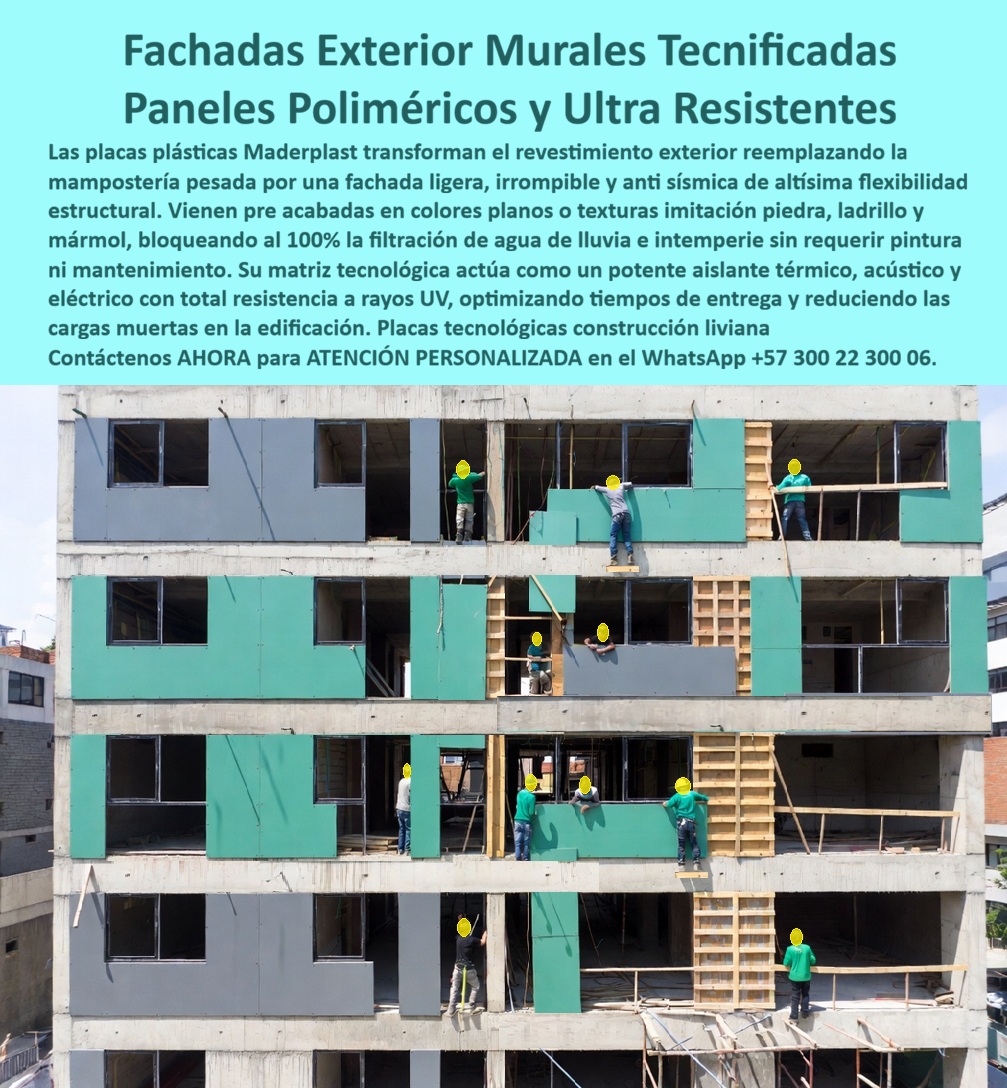 Panel Innovador Construcción Tecnificada Muros Secos Exteriores Maderplast - Paneles poliméricos Maderplast instalados como fachada exterior tecnificada en edificio en obra gris, con acabados en colores planos y textura imitación piedra, montados por cuadrilla sobre estructura de concreto en varios niveles. Meta descripción: Fachadas Maderplast, el panel polimérico que reemplaza la mampostería pesada: donde el ladrillo y el revoque exigen semanas de pega, pañete e impermeabilización con filtraciones y fisuras futuras, este muro seco exterior se instala liviano, bloquea el agua al 100% y no requiere pintura ni mantenimiento. La mampostería pesada tradicional en fachada exterior exige semanas de pega de ladrillo, pañete, impermeabilización y pintura, y aun con todo ese proceso queda expuesta a fisuras, humedad ascendente y filtración de agua de lluvia que aparece años después como mancha o desprendimiento; los paneles poliméricos ultra resistentes de Maderplast, visibles en este montaje sobre la estructura de concreto del edificio, eliminan ese proceso completo con un muro seco exterior que se atornilla directamente sobre la obra gris y queda terminado sin pega, sin pañete y sin curado de mortero. Estas fachadas exterior murales tecnificadas vienen pre acabadas en colores planos o en texturas imitación piedra, ladrillo y mármol, de modo que el panel que instala la cuadrilla en obra —como se observa en los distintos niveles del edificio— ya es el acabado final, sin necesidad de un revestimiento posterior ni de una segunda intervención estética. La matriz polimérica de este sistema bloquea al cien por ciento la filtración de agua de lluvia y de la intemperie, un punto crítico en fachadas expuestas donde la mampostería convencional termina absorbiendo humedad por capilaridad y transmitiendo al interior de la vivienda u oficina; al no ser un material político, el panel no necesita hidrofugante, no se agrieta por dilatación térmica y no exige pintura de mantenimiento cada pocos años como sí ocurre con el estuco tradicional. Como láminas plásticas con acabado premium, estos paneles funcionan también como aislante térmico, acústico y eléctrico en una sola capa, reduciendo la transferencia de calor hacia el interior de la edificación y el ruido exterior sin necesidad de una capa adicional de aislamiento, y resisten la radiación UV sin decolorarse ni volverse frágiles con la exposición solar continua propia de una fachada. Su condición de placas tecnológicas para construcción liviana reduce de forma directa la carga muerta sobre la estructura del edificio, un beneficio que el calculista aprecia especialmente en construcción en altura, donde cada kilogramo de fachada se traduce en mayor demanda sobre columnas y cimentación; al pesar una fracción de la mampostería pesada, estos paneles de alto desempeño permiten aligerar el diseño estructural completo sin renunciar a resistencia mecánica ni a la anti sismicidad que exige la normativa de construcción moderna. Cuando un arquitecto pregunta si estos paneles poliméricos de mampostería reemplazan directamente al ladrillo con pañete en fachada exterior, la respuesta es que el panel se instala como muro seco tecnificado sobre la misma estructura de concreto, sin proceso húmedo intermedio; cuando pregunta qué mantenimiento requiere la fachada una vez instalada, la respuesta es que, al bloquear el agua y resistir la radiación UV, no necesita pintura ni impermeabilización periódica; y cuando pregunta si reduce el tiempo de entrega de la obra frente a la mampostería tradicional, la respuesta es que al eliminar la pega, el pañete y el curado, el cronograma de fachada se acorta de forma sustancial. Un constructor de edificio multifamiliar que reemplazó su fachada de mampostería por este panel innovador de construcción tecnificada lo resume así: el edificio entregó fachada terminada semanas antes de lo previsto, sin las filtraciones que meses después suelen aparecer en el revestimiento tradicional; por confidencialidad no publicamos razones sociales, pero entregamos testimonios verificables y soporte documental a quien lo solicite directamente. Cuando se trata de paneles poliméricos ultra resistentes para fachada exterior tecnificada, Maderplast es el fabricante que entrega el muro seco listo para instalar, con cotización, planos técnicos, fabricación a medida y producción en serie según el volumen de su proyecto. Contáctenos ahora mismo por WhatsApp y reciba atención personalizada de un asesor especializado: +57 300 22 300 06. Láminas Plásticas con Acabado Premium, Placas Tecnológicas Construcción Liviana, Paneles de Alto Desempeño Construcción Moderna, Paneles poliméricos mampostería A Panel Innovador Construcción Tecnificada Muros Secos Exteriores Maderplast Láminas Plásticas con Acabado Premium Placas Tecnológicas Construcción Liviana Paneles de Alto Desempeño Construcción Moderna Paneles poliméricos mampostería A Paneles poliméricos Maderplast instalados como fachada exterior tecnificada en edificio en obra gris, con acabados en colores planos y textura imitación piedra, montados por cuadrilla sobre estructura de concreto en varios niveles. Meta descripción: Fachadas Maderplast, el panel polimérico que reemplaza la mampostería pesada: donde el ladrillo y el revoque exigen semanas de pega, pañete e impermeabilización con filtraciones y fisuras futuras, este muro seco exterior se instala liviano, bloquea el agua al 100% y no requiere pintura ni mantenimiento. La mampostería pesada tradicional en fachada exterior exige semanas de pega de ladrillo, pañete, impermeabilización y pintura, y aun con todo ese proceso queda expuesta a fisuras, humedad ascendente y filtración de agua de lluvia que aparece años después como mancha o desprendimiento; los paneles poliméricos ultra resistentes de Maderplast, visibles en este montaje sobre la estructura de concreto del edificio, eliminan ese proceso completo con un muro seco exterior que se atornilla directamente sobre la obra gris y queda terminado sin pega, sin pañete y sin curado de mortero. Estas fachadas exterior murales tecnificadas vienen pre acabadas en colores planos o en texturas imitación piedra, ladrillo y mármol, de modo que el panel que instala la cuadrilla en obra —como se observa en los distintos niveles del edificio— ya es el acabado final, sin necesidad de un revestimiento posterior ni de una segunda intervención estética. La matriz polimérica de este sistema bloquea al cien por ciento la filtración de agua de lluvia y de la intemperie, un punto crítico en fachadas expuestas donde la mampostería convencional termina absorbiendo humedad por capilaridad y transmitiendo al interior de la vivienda u oficina; al no ser un material político, el panel no necesita hidrofugante, no se agrieta por dilatación térmica y no exige pintura de mantenimiento cada pocos años como sí ocurre con el estuco tradicional. Como láminas plásticas con acabado premium, estos paneles funcionan también como aislante térmico, acústico y eléctrico en una sola capa, reduciendo la transferencia de calor hacia el interior de la edificación y el ruido exterior sin necesidad de una capa adicional de aislamiento, y resisten la radiación UV sin decolorarse ni volverse frágiles con la exposición solar continua propia de una fachada. Su condición de placas tecnológicas para construcción liviana reduce de forma directa la carga muerta sobre la estructura del edificio, un beneficio que el calculista aprecia especialmente en construcción en altura, donde cada kilogramo de fachada se traduce en mayor demanda sobre columnas y cimentación; al pesar una fracción de la mampostería pesada, estos paneles de alto desempeño permiten aligerar el diseño estructural completo sin renunciar a resistencia mecánica ni a la anti sismicidad que exige la normativa de construcción moderna. Cuando un arquitecto pregunta si estos paneles poliméricos de mampostería reemplazan directamente al ladrillo con pañete en fachada exterior, la respuesta es que el panel se instala como muro seco tecnificado sobre la misma estructura de concreto, sin proceso húmedo intermedio; cuando pregunta qué mantenimiento requiere la fachada una vez instalada, la respuesta es que, al bloquear el agua y resistir la radiación UV, no necesita pintura ni impermeabilización periódica; y cuando pregunta si reduce el tiempo de entrega de la obra frente a la mampostería tradicional, la respuesta es que al eliminar la pega, el pañete y el curado, el cronograma de fachada se acorta de forma sustancial. Un constructor de edificio multifamiliar que reemplazó su fachada de mampostería por este panel innovador de construcción tecnificada lo resume así: el edificio entregó fachada terminada semanas antes de lo previsto, sin las filtraciones que meses después suelen aparecer en el revestimiento tradicional; por confidencialidad no publicamos razones sociales, pero entregamos testimonios verificables y soporte documental a quien lo solicite directamente. Cuando se trata de paneles poliméricos ultra resistentes para fachada exterior tecnificada, Maderplast es el fabricante que entrega el muro seco listo para instalar, con cotización, planos técnicos, fabricación a medida y producción en serie según el volumen de su proyecto. Contáctenos ahora mismo por WhatsApp y reciba atención personalizada de un asesor especializado: +57 300 22 300 06.