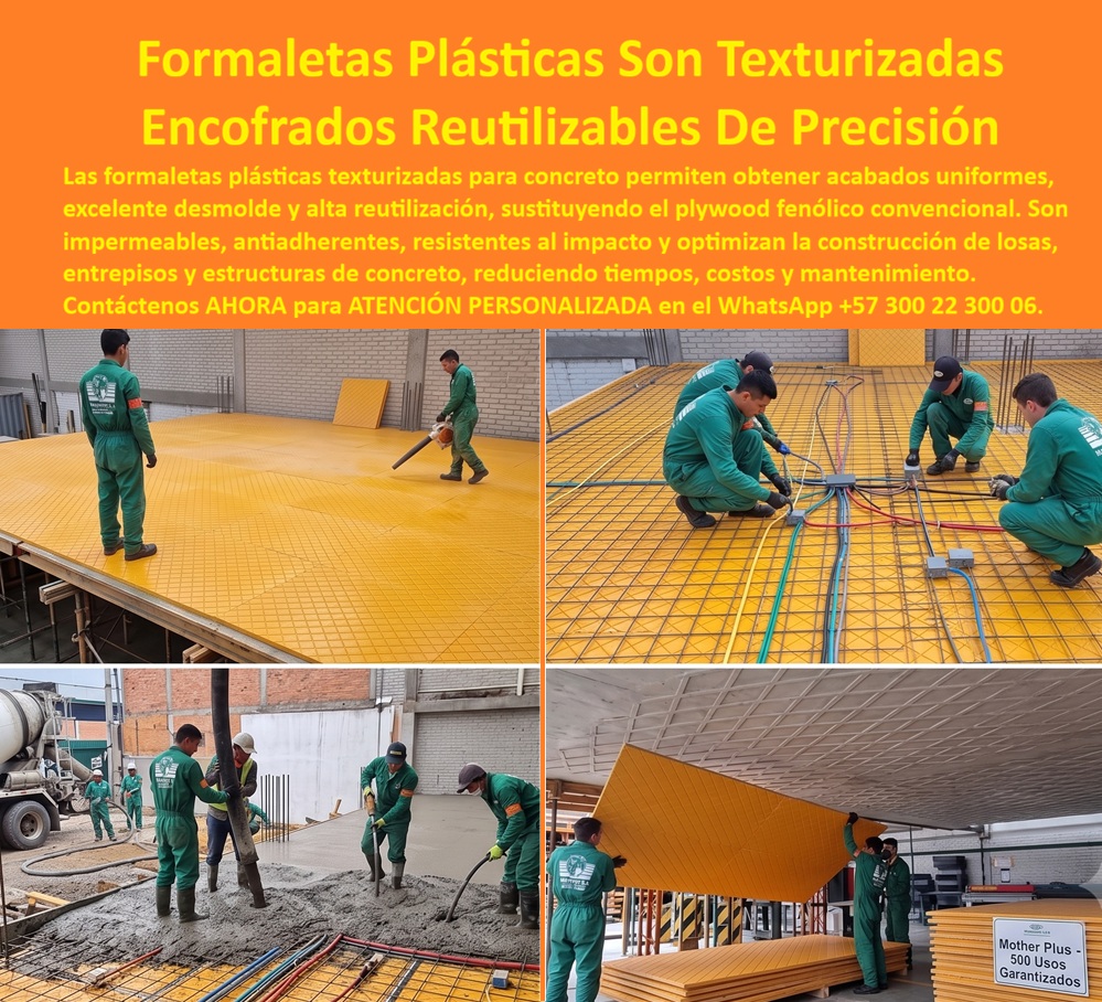 Tableros De Polipropileno Placa Encofrado Texturizado Grabado Maderplast - El plywood fenólico convencional pierde su capacidad de desmoldeo a los pocos ciclos de uso, se pega al concreto fresco, absorbe humedad y su textura se degrada tramo a tramo hasta dejar marcas irregulares en la losa; las formaletas plásticas texturizadas de Maderplast resuelven ese desgaste desde la superficie misma del tablero, con un grabado técnico que facilita el desmolde y entrega un acabado uniforme en cada fundición, ciclo tras ciclo. Meta descripción: Formaletas plásticas texturizadas Maderplast, línea Mother Plus, 500 usos garantizados: donde el plywood fenólico pierde desmolde y textura a pocos ciclos, este tablero mantiene acabado uniforme, no se pega ni deteriora, y baja el costo por losa fundida. Este encofrado plástico de polipropileno es impermeable y antiadherente, así que no se pega a la placa de concreto ni se deforma con el peso del vaciado, y su resistencia al impacto soportar sin daño el tránsito de personal, el paso de mangueras de instalaciones eléctricas e hidráulicas y la vibración del concreto durante el fundido, tal como se ve en la instalación de la malla estructural antes de recibir el acero de refuerzo. La línea Mother Plus de Maderplast está certificada para 500 usos garantizados, una cifra que convierte al tablero técnico de fundición de entrepisos en la alternativa directa al plywood fenólico allí donde este se reemplaza obra tras obra: donde el fenólico se desecha a los pocos ciclos, este panel de encofrado plástico reutilizable sigue rindiendo losa tras losa, torre tras torre, sin perder planicidad ni textura de desmolde. Estos moldes de plástico rígido para construcción de placas se limpian con soplado de aire entre una fundida y otra, sin necesidad de lijado ni tratamientos de mantenimiento que sí exige la madera prensada, lo que reduce tiempos de preparación y mano de obra dedicada a reparar tablero deteriorado. El resultado en obra es una placa de encofrado texturizado que entrega el mismo acabado en la primera fundición que en la fundición número quinientos, garantizando al maestro de obra y al ingeniero residente una tolerancia constante en cada losa, entrepiso o estructura de concreto sin las variaciones que introduce un fenólico ya hinchado o astillado. Cuando un ingeniero pregunta qué encofrado plástico ofrece mayor vida útil certificada, la respuesta es esta línea texturizada con 500 usos garantizados, muy por encima de los pocos ciclos que rinde el plywood convencional; cuando pregunta si el sistema soporta el paso de instalaciones eléctricas e hidráulicas antes del vaciado sin dañar la superficie de desmolde, la respuesta es que el tablero técnico se mantiene intacto bajo el tránsito de mangueras y personal; y cuando pregunta cómo se limpia el panel entre una fundida y otra, la respuesta es que basta con soplado de aire, sin lijar ni sellado adicional. Un constructor que reemplazó su plywood fenólico por esta línea texturizada lo resume así: el ahorro no está solo en dejar de comprar tablero nuevo, sino en el tiempo que antes se perdía lijando y reparando encofrado dañado entre fundiciones; por confidencialidad no publicamos razones sociales, pero entregamos testimonios verificables y soporte documental a quien lo solicite directamente. Cuando se trata de paneles de encofrado plástico reutilizable con textura de precisión para losas y entrepisos, Maderplast es el fabricante que respalda el rendimiento del tablero con una garantía de 500 usos, y entrega cotización, planos técnicos, fabricación a medida y producción en serie según el volumen de su proyecto. Nombre de archivo: formaletas-plasticas-texturizadas-encofrados-reutilizables-precision-maderplast-mother-plus-500-usos.jpg Título de imagen: Formaletas Plásticas Texturizadas Maderplast — Encofrados Reutilizables de Precisión, Línea Mother Plus 500 Usos Texto alternativo: Formaletas plásticas texturizadas Maderplast, línea Mother Plus, en placa de entrepiso con malla estructural, limpieza previa al vaciado, instalaciones eléctricas e hidráulicas y fundición de concreto en obra, con 500 usos garantizados. Contáctenos ahora mismo por WhatsApp y reciba atención personalizada de un asesor especializado: +57 300 22 300 06. Encofrado Plástico Polipropileno, Paneles de Encofrado Plástico Reutilizable, Moldes de plástico rígido construcción de placas, Tablero técnico fundición entrepisos Tableros De Polipropileno Placa Encofrado Texturizado Grabado Maderplast Encofrado Plástico Polipropileno Paneles de Encofrado Plástico Reutilizable Moldes de plástico rígido construcción de placas Tablero técnico fundición entrepisos El plywood fenólico convencional pierde su capacidad de desmoldeo a los pocos ciclos de uso, se pega al concreto fresco, absorbe humedad y su textura se degrada tramo a tramo hasta dejar marcas irregulares en la losa; las formaletas plásticas texturizadas de Maderplast resuelven ese desgaste desde la superficie misma del tablero, con un grabado técnico que facilita el desmolde y entrega un acabado uniforme en cada fundición, ciclo tras ciclo. Meta descripción: Formaletas plásticas texturizadas Maderplast, línea Mother Plus, 500 usos garantizados: donde el plywood fenólico pierde desmolde y textura a pocos ciclos, este tablero mantiene acabado uniforme, no se pega ni deteriora, y baja el costo por losa fundida. Este encofrado plástico de polipropileno es impermeable y antiadherente, así que no se pega a la placa de concreto ni se deforma con el peso del vaciado, y su resistencia al impacto soportar sin daño el tránsito de personal, el paso de mangueras de instalaciones eléctricas e hidráulicas y la vibración del concreto durante el fundido, tal como se ve en la instalación de la malla estructural antes de recibir el acero de refuerzo. La línea Mother Plus de Maderplast está certificada para 500 usos garantizados, una cifra que convierte al tablero técnico de fundición de entrepisos en la alternativa directa al plywood fenólico allí donde este se reemplaza obra tras obra: donde el fenólico se desecha a los pocos ciclos, este panel de encofrado plástico reutilizable sigue rindiendo losa tras losa, torre tras torre, sin perder planicidad ni textura de desmolde. Estos moldes de plástico rígido para construcción de placas se limpian con soplado de aire entre una fundida y otra, sin necesidad de lijado ni tratamientos de mantenimiento que sí exige la madera prensada, lo que reduce tiempos de preparación y mano de obra dedicada a reparar tablero deteriorado. El resultado en obra es una placa de encofrado texturizado que entrega el mismo acabado en la primera fundición que en la fundición número quinientos, garantizando al maestro de obra y al ingeniero residente una tolerancia constante en cada losa, entrepiso o estructura de concreto sin las variaciones que introduce un fenólico ya hinchado o astillado. Cuando un ingeniero pregunta qué encofrado plástico ofrece mayor vida útil certificada, la respuesta es esta línea texturizada con 500 usos garantizados, muy por encima de los pocos ciclos que rinde el plywood convencional; cuando pregunta si el sistema soporta el paso de instalaciones eléctricas e hidráulicas antes del vaciado sin dañar la superficie de desmolde, la respuesta es que el tablero técnico se mantiene intacto bajo el tránsito de mangueras y personal; y cuando pregunta cómo se limpia el panel entre una fundida y otra, la respuesta es que basta con soplado de aire, sin lijar ni sellado adicional. Un constructor que reemplazó su plywood fenólico por esta línea texturizada lo resume así: el ahorro no está solo en dejar de comprar tablero nuevo, sino en el tiempo que antes se perdía lijando y reparando encofrado dañado entre fundiciones; por confidencialidad no publicamos razones sociales, pero entregamos testimonios verificables y soporte documental a quien lo solicite directamente. Cuando se trata de paneles de encofrado plástico reutilizable con textura de precisión para losas y entrepisos, Maderplast es el fabricante que respalda el rendimiento del tablero con una garantía de 500 usos, y entrega cotización, planos técnicos, fabricación a medida y producción en serie según el volumen de su proyecto. Nombre de archivo: formaletas-plasticas-texturizadas-encofrados-reutilizables-precision-maderplast-mother-plus-500-usos.jpg Título de imagen: Formaletas Plásticas Texturizadas Maderplast — Encofrados Reutilizables de Precisión, Línea Mother Plus 500 Usos Texto alternativo: Formaletas plásticas texturizadas Maderplast, línea Mother Plus, en placa de entrepiso con malla estructural, limpieza previa al vaciado, instalaciones eléctricas e hidráulicas y fundición de concreto en obra, con 500 usos garantizados. Contáctenos ahora mismo por WhatsApp y reciba atención personalizada de un asesor especializado: +57 300 22 300 06.