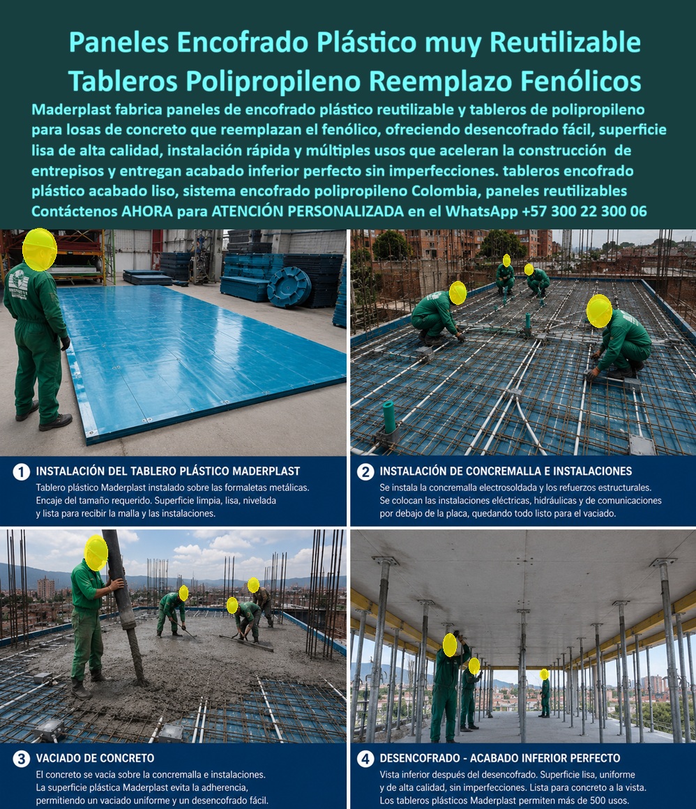Tableros De Polipropileno Placa Encofrados De PP Concreto Maderplast - Paneles plásticos de polipropileno para encofrados de concreto que reemplazan el tablero fenólico tradicional. Formaletas reutilizables para losas, placas y entrepisos con acabado liso, desencofrado fácil, alta durabilidad y excelente relación costo-beneficio. Solución desarrollada por Maderplast para construcción industrializada y concreto arquitectónico. Paneles Plásticos de Polipropileno para Encofrados de Concreto: Mayor Reutilización, Mejor Acabado y Construcción Más Eficiente Meta descripción: La imagen muestra el proceso completo de utilización de paneles plásticos para encofrado, desde la instalación de las placas macizas de polipropileno sobre la estructura, la colocación de la malla electrosoldada y las instalaciones, el vaciado del concreto y finalmente el desencofrado, obteniendo una superficie inferior uniforme, lista para concreto a la vista o acabados arquitectónicos. Este sistema representa la evolución de las formaletas plásticas, las placas para encofrados, los tableros para encofrado y los paneles para formaletas, diseñados como un eficiente reemplazo del fenólico en proyectos de construcción moderna. Las formaletas reutilizables, los encofrados reutilizables, las camillas para encofrados de concreto, los paneles plásticos estructurales y los modernos sistemas de encofrado permiten desarrollar una construcción tecnificada, construcción industrializada y construcción acelerada, reduciendo tiempos de ejecución y mejorando la productividad de la obra. La superficie lisa del polipropileno disminuye la adherencia del concreto, facilita el desencofrado y ayuda a obtener acabados permanentes, muros de concreto arquitectónico y superficies con excelente presentación. Para el ingeniero y el director de obra, la decisión no debe basarse únicamente en el precio inicial sino en el costo total durante toda la vida útil del proyecto. Un tablero que puede reutilizarse numerosas veces, mantiene su estabilidad dimensional y reduce reprocesos representa una inversión mucho más rentable que un material de corta duración que exige reemplazos frecuentes, genera desperdicios y aumenta los costos ocultos de mantenimiento. Maderplast fabrica estas soluciones mediante procesos industriales controlados y bajo sistemas certificados de calidad y gestión ambiental, desarrollando productos estándar o completamente personalizados según los requerimientos de cada proyecto. Además de fabricar moldes para concreto, paneles para encofrado, placas para formaletas y soluciones para ingeniería del concreto, ofrece acompañamiento técnico para especificación, diseño y fabricación a medida. La confiabilidad también se respalda con evidencia. Existen videos de pruebas extremas, ensayos de laboratorio y demostraciones reales de resistencia que permiten al cliente evaluar objetivamente el desempeño del producto. Cuando un proyecto requiere validaciones adicionales, Maderplast está dispuesto a realizar demostraciones presenciales o ensayos en laboratorios acreditados, brindando la tranquilidad que buscan los ingenieros responsables de aprobar una especificación técnica. Numerosas constructoras ya trabajan con esta tecnología; por acuerdos de confidencialidad muchas referencias no pueden publicarse, pero pueden presentarse directamente durante el proceso comercial junto con documentación técnica y evidencias de desempeño. Elegir los paneles plásticos de polipropileno para encofrados, las placas para encofrados, los tableros para encofrado y las formaletas plásticas reutilizables de Maderplast significa invertir en productividad, calidad superficial, menor costo total de propiedad y respaldo técnico especializado. Cuando un proyecto exige durabilidad, repetibilidad, confianza y resultados profesionales, Maderplast ofrece una solución desarrollada para construir con mayor seguridad, eficiencia y tranquilidad, transformando una compra en una inversión de largo plazo respaldada por experiencia, ingeniería y soporte técnico especializado. Contáctenos ahora mismo por WhatsApp y reciba atención personalizada de un asesor especializado: +57 300 22 300 06. Panel Plástico Fundición de Placas de Concreto, Panel Plástico Encofrados, Moldes planos de polipropileno vaciar losas aligeradas, Tablero Formaletas de Concreto, molde Tableros De Polipropileno Placa Encofrados De PP Concreto Maderplast Panel Plástico Fundición de Placas de Concreto Panel Plástico Encofrados Moldes planos de polipropileno vaciar losas aligeradas Tablero Formaletas de Concreto molde Paneles plásticos de polipropileno para encofrados de concreto que reemplazan el tablero fenólico tradicional. Formaletas reutilizables para losas, placas y entrepisos con acabado liso, desencofrado fácil, alta durabilidad y excelente relación costo-beneficio. Solución desarrollada por Maderplast para construcción industrializada y concreto arquitectónico. Paneles Plásticos de Polipropileno para Encofrados de Concreto: Mayor Reutilización, Mejor Acabado y Construcción Más Eficiente Meta descripción: La imagen muestra el proceso completo de utilización de paneles plásticos para encofrado, desde la instalación de las placas macizas de polipropileno sobre la estructura, la colocación de la malla electrosoldada y las instalaciones, el vaciado del concreto y finalmente el desencofrado, obteniendo una superficie inferior uniforme, lista para concreto a la vista o acabados arquitectónicos. Este sistema representa la evolución de las formaletas plásticas, las placas para encofrados, los tableros para encofrado y los paneles para formaletas, diseñados como un eficiente reemplazo del fenólico en proyectos de construcción moderna. Las formaletas reutilizables, los encofrados reutilizables, las camillas para encofrados de concreto, los paneles plásticos estructurales y los modernos sistemas de encofrado permiten desarrollar una construcción tecnificada, construcción industrializada y construcción acelerada, reduciendo tiempos de ejecución y mejorando la productividad de la obra. La superficie lisa del polipropileno disminuye la adherencia del concreto, facilita el desencofrado y ayuda a obtener acabados permanentes, muros de concreto arquitectónico y superficies con excelente presentación. Para el ingeniero y el director de obra, la decisión no debe basarse únicamente en el precio inicial sino en el costo total durante toda la vida útil del proyecto. Un tablero que puede reutilizarse numerosas veces, mantiene su estabilidad dimensional y reduce reprocesos representa una inversión mucho más rentable que un material de corta duración que exige reemplazos frecuentes, genera desperdicios y aumenta los costos ocultos de mantenimiento. Maderplast fabrica estas soluciones mediante procesos industriales controlados y bajo sistemas certificados de calidad y gestión ambiental, desarrollando productos estándar o completamente personalizados según los requerimientos de cada proyecto. Además de fabricar moldes para concreto, paneles para encofrado, placas para formaletas y soluciones para ingeniería del concreto, ofrece acompañamiento técnico para especificación, diseño y fabricación a medida. La confiabilidad también se respalda con evidencia. Existen videos de pruebas extremas, ensayos de laboratorio y demostraciones reales de resistencia que permiten al cliente evaluar objetivamente el desempeño del producto. Cuando un proyecto requiere validaciones adicionales, Maderplast está dispuesto a realizar demostraciones presenciales o ensayos en laboratorios acreditados, brindando la tranquilidad que buscan los ingenieros responsables de aprobar una especificación técnica. Numerosas constructoras ya trabajan con esta tecnología; por acuerdos de confidencialidad muchas referencias no pueden publicarse, pero pueden presentarse directamente durante el proceso comercial junto con documentación técnica y evidencias de desempeño. Elegir los paneles plásticos de polipropileno para encofrados, las placas para encofrados, los tableros para encofrado y las formaletas plásticas reutilizables de Maderplast significa invertir en productividad, calidad superficial, menor costo total de propiedad y respaldo técnico especializado. Cuando un proyecto exige durabilidad, repetibilidad, confianza y resultados profesionales, Maderplast ofrece una solución desarrollada para construir con mayor seguridad, eficiencia y tranquilidad, transformando una compra en una inversión de largo plazo respaldada por experiencia, ingeniería y soporte técnico especializado. Contáctenos ahora mismo por WhatsApp y reciba atención personalizada de un asesor especializado: +57 300 22 300 06.