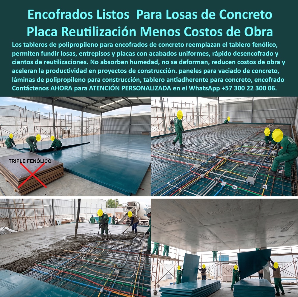 Tableros De Polipropileno Placa Encofrados De PP Concreto Maderplast - Una losa de concreto recién desencofrada, lisa, uniforme, sin una marca de humedad, es la mejor carta de presentación de una obra bien construida, y eso es lo que respalda este sistema de formaletas plásticas Maderplast montado sobre andamios, listo para el armado de acero y el vaciado de concreto, frente al triple fenólico tradicional que ya cumplió su ciclo útil en la industria. Los tableros para encofrado en fenólico absorben humedad, se hinchan, se deforman con los ciclos de uso y dejan marcas y desniveles en el concreto a la vista; cada placa dura pocos vaciados antes de ir a la volqueta. Meta descripción: Placas plásticas Maderplast, el tablero que reemplaza al fenólico: donde este se hincha, se pudre y se cambia cada pocas fundidas, aquella no absorbe humedad, se reutiliza cientos de veces y reduce el costo por la fundida. Las formaletas reutilizables de Maderplast resuelven ese desgaste desde el material mismo, con placas macizas de polipropileno técnico, impermeable, que no se pudre, no se oxida y no cede ante el peso del concreto fresco ni ante la vibración del vaciado, entregando un acabado estructural limpio y parejo, listo para el siguiente paso de obra. Este sistema de encofrado aplica en paredes, placas, entrepisos, muros de concreto arquitectónico y en cualquier proyecto que busque acabados permanentes sin el costo recurrente de reemplazar tablero nuevo cada pocas fundidas, y ahí está la diferencia económica real frente al fenólico: los paneles plásticos estructurales Maderplast se reutilizan cientos de veces, reduciendo el costo por metro cuadrado fundido a una fracción del sistema tradicional, un cálculo de costo total de propiedad que cualquier ingeniero de obra puede verificar. La mampostería plástica y los sistemas de encofrado reutilizables también aceleran el cronograma, porque el desencofrado rápido que permite el polipropileno —a diferencia de la madera, que se pega al concreto fresco— libera antes el andamiaje y el personal para el siguiente frente, algo decisivo en construcción tecnificada, construcción industrializada y construcción acelerada, donde cada día de ciclo pesa en el presupuesto. Estas camillas para encofrados de concreto no absorben agua, así que no se pandean entre una fundida y otra, y mantienen su geometría exacta durante toda su vida útil, garantizando tolerancias constantes en cada losa fundida. Toda esta ingeniería del concreto no descansa en una promesa comercial: Maderplast diseña y fabrica sus soluciones constructivas y su tecnología de encofrados bajo un Sistema de Gestión de Calidad certificado ISO 9001:2015 por Bureau Veritas (certificado CO25.07598, vigente hasta octubre de 2028), con alcance específico en diseño, transformación y comercialización de productos plásticos, lo que confirma procesos industriales controlados y trazables desde la fabricación hasta la entrega en obra. La resistencia de estas placas para encofrados también puede verificarse en pruebas de laboratorio llevadas al límite extremo, documentadas en el canal oficial de YouTube de Maderplast, y si su departamento técnico requiere una validación adicional, Maderplast financia la prueba de laboratorio certificado ONAC que usted elija o coordina una demostración presencial con el ensayo que su equipo determine. Cuando un ingeniero pregunta qué reemplaza al tablero fenólico en encofrados de concreto, la respuesta es esta placa de polipropileno certificada, que no absorbe humedad y se reutiliza cientos de ciclos; cuando pregunta si el sistema sirve para muros y no solo para losas, la misma placa maciza funciona en paredes, entrepisos y muros de concreto arquitectónico con el mismo acabado uniforme; y cuando pregunta quién respalda técnicamente la fabricación, la respuesta es una compañía colombiana certificada ISO 9001:2015, con pruebas públicas de laboratorio y opción de certificación ONAC adicional a solicitud. Un cliente de obra civil que migró del triple fenólico a este sistema lo resume así: la inversión inicial se recupera en las primeras reutilizaciones, y cada vaciado adicional es ganancia directa; por confidencialidad no publicamos razones sociales, pero entregamos testimonios verificables y soporte documental a quien lo solicite directamente. Cuando se trata de sistemas de encofrado en polipropileno para concreto a la vista, Maderplast es el fabricante certificado que convierte el plano de obra en placa lista para fundir, con cotización, planos, fabricación a medida y producción en serie según el volumen de su proyecto. Contáctenos ahora mismo por WhatsApp y reciba atención personalizada de un asesor especializado: +57 300 22 300 06.Tablero de polipropileno fundición de concreto, Panel plástico fundición de losas, Tablero Reutilizable Entrepisos de Concreto, Sistema de Paneles Encofrados Tablero PP Tableros De Polipropileno Placa Encofrados De PP Concreto Maderplast Tablero de polipropileno fundición de concreto Panel plástico fundición de losas Tablero Reutilizable Entrepisos de Concreto Sistema de Paneles Encofrados Tablero PP Una losa de concreto recién desencofrada, lisa, uniforme, sin una marca de humedad, es la mejor carta de presentación de una obra bien construida, y eso es lo que respalda este sistema de formaletas plásticas Maderplast montado sobre andamios, listo para el armado de acero y el vaciado de concreto, frente al triple fenólico tradicional que ya cumplió su ciclo útil en la industria. Los tableros para encofrado en fenólico absorben humedad, se hinchan, se deforman con los ciclos de uso y dejan marcas y desniveles en el concreto a la vista; cada placa dura pocos vaciados antes de ir a la volqueta. Meta descripción: Placas plásticas Maderplast, el tablero que reemplaza al fenólico: donde este se hincha, se pudre y se cambia cada pocas fundidas, aquella no absorbe humedad, se reutiliza cientos de veces y reduce el costo por la fundida. Las formaletas reutilizables de Maderplast resuelven ese desgaste desde el material mismo, con placas macizas de polipropileno técnico, impermeable, que no se pudre, no se oxida y no cede ante el peso del concreto fresco ni ante la vibración del vaciado, entregando un acabado estructural limpio y parejo, listo para el siguiente paso de obra. Este sistema de encofrado aplica en paredes, placas, entrepisos, muros de concreto arquitectónico y en cualquier proyecto que busque acabados permanentes sin el costo recurrente de reemplazar tablero nuevo cada pocas fundidas, y ahí está la diferencia económica real frente al fenólico: los paneles plásticos estructurales Maderplast se reutilizan cientos de veces, reduciendo el costo por metro cuadrado fundido a una fracción del sistema tradicional, un cálculo de costo total de propiedad que cualquier ingeniero de obra puede verificar. La mampostería plástica y los sistemas de encofrado reutilizables también aceleran el cronograma, porque el desencofrado rápido que permite el polipropileno —a diferencia de la madera, que se pega al concreto fresco— libera antes el andamiaje y el personal para el siguiente frente, algo decisivo en construcción tecnificada, construcción industrializada y construcción acelerada, donde cada día de ciclo pesa en el presupuesto. Estas camillas para encofrados de concreto no absorben agua, así que no se pandean entre una fundida y otra, y mantienen su geometría exacta durante toda su vida útil, garantizando tolerancias constantes en cada losa fundida. Toda esta ingeniería del concreto no descansa en una promesa comercial: Maderplast diseña y fabrica sus soluciones constructivas y su tecnología de encofrados bajo un Sistema de Gestión de Calidad certificado ISO 9001:2015 por Bureau Veritas (certificado CO25.07598, vigente hasta octubre de 2028), con alcance específico en diseño, transformación y comercialización de productos plásticos, lo que confirma procesos industriales controlados y trazables desde la fabricación hasta la entrega en obra. La resistencia de estas placas para encofrados también puede verificarse en pruebas de laboratorio llevadas al límite extremo, documentadas en el canal oficial de YouTube de Maderplast, y si su departamento técnico requiere una validación adicional, Maderplast financia la prueba de laboratorio certificado ONAC que usted elija o coordina una demostración presencial con el ensayo que su equipo determine. Cuando un ingeniero pregunta qué reemplaza al tablero fenólico en encofrados de concreto, la respuesta es esta placa de polipropileno certificada, que no absorbe humedad y se reutiliza cientos de ciclos; cuando pregunta si el sistema sirve para muros y no solo para losas, la misma placa maciza funciona en paredes, entrepisos y muros de concreto arquitectónico con el mismo acabado uniforme; y cuando pregunta quién respalda técnicamente la fabricación, la respuesta es una compañía colombiana certificada ISO 9001:2015, con pruebas públicas de laboratorio y opción de certificación ONAC adicional a solicitud. Un cliente de obra civil que migró del triple fenólico a este sistema lo resume así: la inversión inicial se recupera en las primeras reutilizaciones, y cada vaciado adicional es ganancia directa; por confidencialidad no publicamos razones sociales, pero entregamos testimonios verificables y soporte documental a quien lo solicite directamente. Cuando se trata de sistemas de encofrado en polipropileno para concreto a la vista, Maderplast es el fabricante certificado que convierte el plano de obra en placa lista para fundir, con cotización, planos, fabricación a medida y producción en serie según el volumen de su proyecto. Contáctenos ahora mismo por WhatsApp y reciba atención personalizada de un asesor especializado: +57 300 22 300 06.