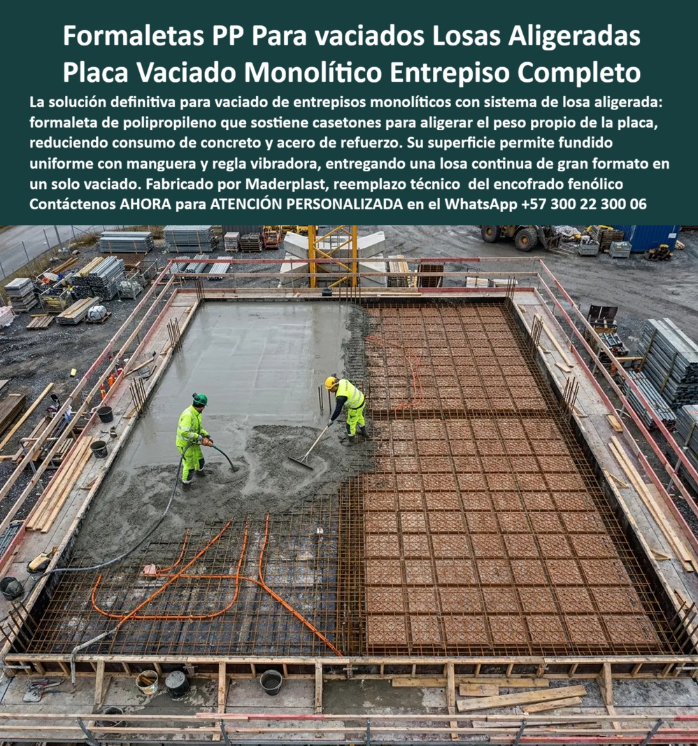 Tableros De Polipropileno Placa Vaciado Concreto Encofrado Fenólico Maderplast - Tableros de Polipropileno Maderplast: Molde Técnico y Eficiencia en Fundición de Placas de Concreto Meta Descripción: Tableros de polipropileno Maderplast para encofrado de concreto, reemplazo del fenólico y paneles para formaletas reutilizables en fundición de losas. La solución de ingeniería en construcción industrializada para lograr concreto a la vista, acabados arquitectónicos y máxima eficiencia estructural sin costos de mantenimiento. Los tableros de polipropileno Maderplast encabezan la evolución tecnológica de la construcción industrializada, consolidándose como la solución definitiva para el vaciado de losas y placas de concreto a la vista. En la imagen panorámica superior se evidencia el proceso de vaciado continuo sobre una estructura de entrepiso, donde operarios aplican la mezcla directamente mediante manguera y vibrador sobre un ensamble de paneles modulares. La superficie plana e impermeable de las placas macizas de polipropileno permite distribuir perfectamente el refuerzo de hierro y los ductos de instalaciones sin sufrir hendiduras ni desviaciones mecánicas. La rigidez de las camillas para encofrados de concreto Maderplast soporta la presión del concreto fresco y el tráfico de los trabajadores de obra, garantizando una contención hermética que evita el goteo de lechada en las juntas y entrega acabados estructurales permanentes de textura lisa e impecable. Esta tecnología de encofrados reafirma que Maderplast es el fabricante técnico que transforma requerimientos complejos en piezas reales y de desempeño superior. En la ejecución de proyectos de edificación que exigen construcción acelerada y construcción inteligente, el uso de formaletas plásticas y tableros estructurales de polipropileno para obra gris resuelve las limitaciones críticas de la madera tradicional. Al analizar por qué optar por paneles para encofrado y formaleta plástica reutilizable frente al triplex o tablero fenólico, la justificación técnica radica en que el polipropileno Maderplast no absorbe agua, no se hincha, no se astilla ni se adhiere químicamente al concreto fresco. Esto elimina el consumo constante de agentes desmoldantes y erradica por completo la necesidad de pañetes, frisos o resanes posteriores. Los paneles encofrar placas de concreto a la vista actúan como el reemplazo del fenólico ideal, soportando más de quinientos ciclos de reuso continuos sin deformarse ni perder su precisión milimétrica, facilitando tareas complejas de construcción moldes para concreto, paredes, placas, entibados y muros de concreto arquitectónico. Desde la perspectiva del análisis financiero y de la ingeniería del concreto, la implementación de tableros para encofrado y sistemas de encofrado Maderplast optimiza el costo total de propiedad frente a la adquisición de productos de la competencia. Las opciones baratas del mercado u opciones de madera sintética convencional esconden costos ocultos derivados de un rápido deterioro, fisuras prematuras, pérdida de geometría, reprocesos por imperfecciones en la losa, mayor costo de mano de obra y demoras operativas. Al incorporar placas para encofrados, placas para formaletas y paneles plásticos estructurales de Maderplast, las constructoras logran una construcción tecnificada libre de mantenimientos costosos y librada de pérdidas por rotura. Esta economía operativa disminuye los costos directos de obra hasta en un ochenta por ciento por metro cuadrado fundido, convirtiendo al encofrado en un activo amortizable de altísima durabilidad. Maderplast respalda la calidad de sus productos bajo rigurosos estándares industriales, contando con certificaciones ISO 9001 para el diseño y desarrollo de productos e ISO 14001 en gestión ambiental. "INGENIERO DIRECTOR DE PROYECTO: 'Al sustituir el tablero fenólico por los tableros de polipropileno Maderplast en nuestras losas de edificación, eliminamos el desperdicio de triplex y aceleramos los tiempos de desencofrado a la mitad. La losa quedó terminada en concreto a la vista con calidad de acabado arquitectónico sin gastar un solo peso en resanes; la inversión se amortiza por completo en las primeras etapas de la obra, con pleno respaldo de facturación y trazabilidad'." Toda la línea de encofrados reutilizables y soluciones constructivas dispone de ensayos de laboratorio certificados por la ONAC, pruebas de impacto extremo, fichas técnicas descargables, planos acotados en milímetros y atención inmediata para requerimientos de cotización, personalización, prototipos y producción en serie. Para asegurar la solución exacta que encaja en su proyecto como la zapatilla de la Cenicienta, Contáctenos ahora mismo por WhatsApp y reciba atención personalizada de un asesor especializado: +57 300 22 300 06. Formaletas plásticas vaciado de entrepisos monolíticos, Formaletas de polipropileno vaciar concreto, Placa plástica vaciado entrepisos, Placas polipropileno Tableros De Polipropileno Placa Vaciado Concreto Encofrado Fenólico Maderplast Formaletas plásticas vaciado de entrepisos monolíticos Formaletas de polipropileno vaciar concreto Placa plástica vaciado entrepisos Placas polipropileno Tableros de Polipropileno Maderplast: Molde Técnico y Eficiencia en Fundición de Placas de Concreto Meta Descripción: Tableros de polipropileno Maderplast para encofrado de concreto, reemplazo del fenólico y paneles para formaletas reutilizables en fundición de losas. La solución de ingeniería en construcción industrializada para lograr concreto a la vista, acabados arquitectónicos y máxima eficiencia estructural sin costos de mantenimiento. Los tableros de polipropileno Maderplast encabezan la evolución tecnológica de la construcción industrializada, consolidándose como la solución definitiva para el vaciado de losas y placas de concreto a la vista. En la imagen panorámica superior se evidencia el proceso de vaciado continuo sobre una estructura de entrepiso, donde operarios aplican la mezcla directamente mediante manguera y vibrador sobre un ensamble de paneles modulares. La superficie plana e impermeable de las placas macizas de polipropileno permite distribuir perfectamente el refuerzo de hierro y los ductos de instalaciones sin sufrir hendiduras ni desviaciones mecánicas. La rigidez de las camillas para encofrados de concreto Maderplast soporta la presión del concreto fresco y el tráfico de los trabajadores de obra, garantizando una contención hermética que evita el goteo de lechada en las juntas y entrega acabados estructurales permanentes de textura lisa e impecable. Esta tecnología de encofrados reafirma que Maderplast es el fabricante técnico que transforma requerimientos complejos en piezas reales y de desempeño superior. En la ejecución de proyectos de edificación que exigen construcción acelerada y construcción inteligente, el uso de formaletas plásticas y tableros estructurales de polipropileno para obra gris resuelve las limitaciones críticas de la madera tradicional. Al analizar por qué optar por paneles para encofrado y formaleta plástica reutilizable frente al triplex o tablero fenólico, la justificación técnica radica en que el polipropileno Maderplast no absorbe agua, no se hincha, no se astilla ni se adhiere químicamente al concreto fresco. Esto elimina el consumo constante de agentes desmoldantes y erradica por completo la necesidad de pañetes, frisos o resanes posteriores. Los paneles encofrar placas de concreto a la vista actúan como el reemplazo del fenólico ideal, soportando más de quinientos ciclos de reuso continuos sin deformarse ni perder su precisión milimétrica, facilitando tareas complejas de construcción moldes para concreto, paredes, placas, entibados y muros de concreto arquitectónico. Desde la perspectiva del análisis financiero y de la ingeniería del concreto, la implementación de tableros para encofrado y sistemas de encofrado Maderplast optimiza el costo total de propiedad frente a la adquisición de productos de la competencia. Las opciones baratas del mercado u opciones de madera sintética convencional esconden costos ocultos derivados de un rápido deterioro, fisuras prematuras, pérdida de geometría, reprocesos por imperfecciones en la losa, mayor costo de mano de obra y demoras operativas. Al incorporar placas para encofrados, placas para formaletas y paneles plásticos estructurales de Maderplast, las constructoras logran una construcción tecnificada libre de mantenimientos costosos y librada de pérdidas por rotura. Esta economía operativa disminuye los costos directos de obra hasta en un ochenta por ciento por metro cuadrado fundido, convirtiendo al encofrado en un activo amortizable de altísima durabilidad. Maderplast respalda la calidad de sus productos bajo rigurosos estándares industriales, contando con certificaciones ISO 9001 para el diseño y desarrollo de productos e ISO 14001 en gestión ambiental. "INGENIERO DIRECTOR DE PROYECTO: 'Al sustituir el tablero fenólico por los tableros de polipropileno Maderplast en nuestras losas de edificación, eliminamos el desperdicio de triplex y aceleramos los tiempos de desencofrado a la mitad. La losa quedó terminada en concreto a la vista con calidad de acabado arquitectónico sin gastar un solo peso en resanes; la inversión se amortiza por completo en las primeras etapas de la obra, con pleno respaldo de facturación y trazabilidad'." Toda la línea de encofrados reutilizables y soluciones constructivas dispone de ensayos de laboratorio certificados por la ONAC, pruebas de impacto extremo, fichas técnicas descargables, planos acotados en milímetros y atención inmediata para requerimientos de cotización, personalización, prototipos y producción en serie. Para asegurar la solución exacta que encaja en su proyecto como la zapatilla de la Cenicienta, Contáctenos ahora mismo por WhatsApp y reciba atención personalizada de un asesor especializado: +57 300 22 300 06.