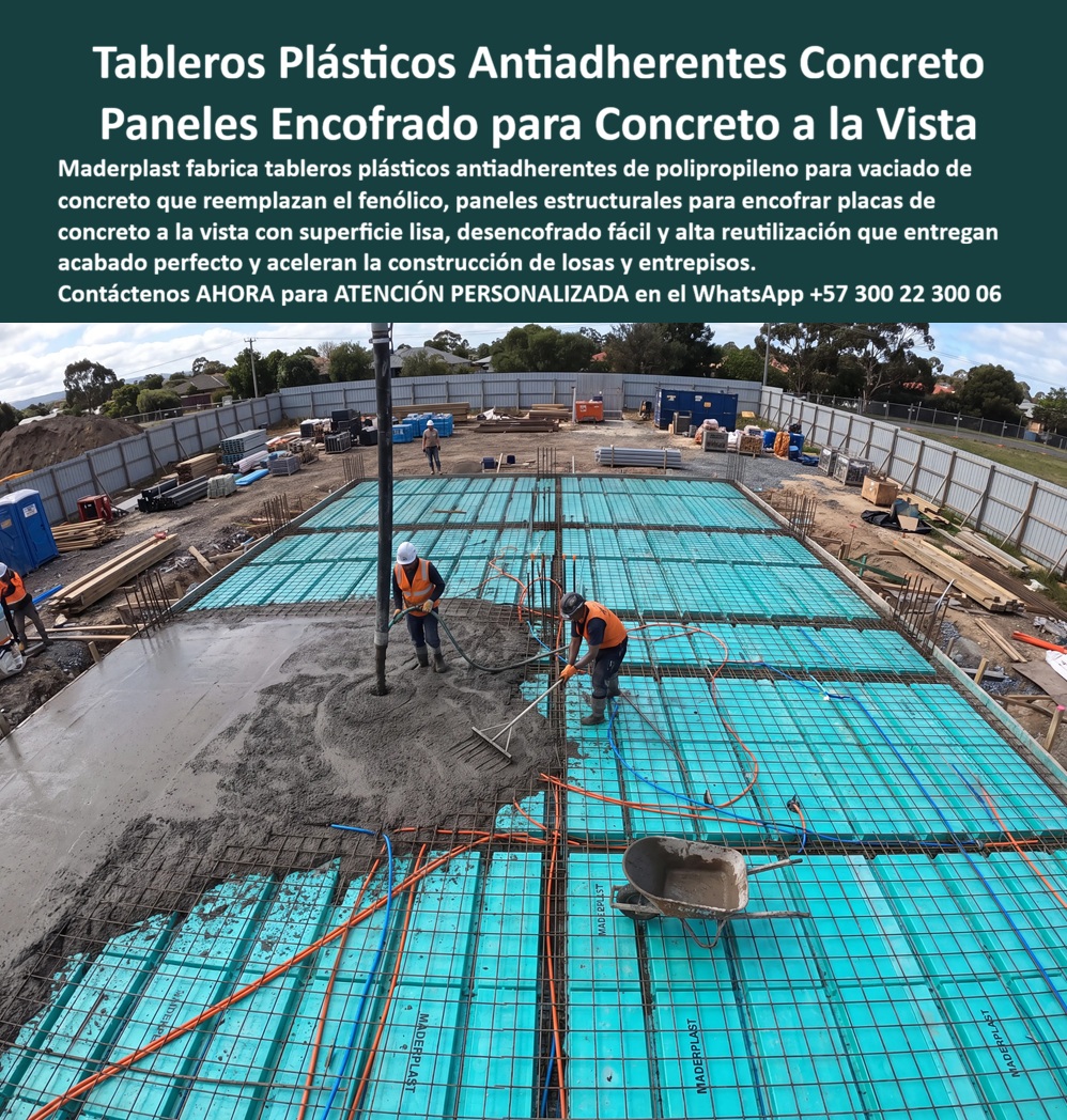Tableros De Polipropileno Placa Vaciado Concreto Reemplazo del Fenólico Maderplast - Tableros Plásticos Antiadherentes para Vaciado de Concreto: Mayor Reutilización, Desencofrado Rápido y Acabados de Alta Calidad Meta descripción Tableros plásticos de polipropileno para vaciado de concreto que reemplazan el tablero fenólico tradicional. Paneles estructurales antiadherentes para encofrar placas de concreto a la vista, con alta reutilización, excelente acabado superficial y mayor productividad en proyectos de construcción industrializada. La imagen muestra una etapa de fundición de una losa de concreto utilizando tableros plásticos de polipropileno, donde se observa el vaciado del concreto sobre paneles estructurales para encofrado que funcionan como un eficiente reemplazo del fenólico. La superficie lisa y antiadherente del tablero facilita la distribución uniforme del concreto, mejora la calidad del acabado y permite obtener concreto a la vista con mínima necesidad de correcciones posteriores. Esta tecnología hace parte de la evolución de las formaletas plásticas, las placas para encofrados, los paneles para encofrar placas de concreto, los tableros para encofrado y los modernos sistemas de encofrado utilizados en obras que buscan mayor productividad, calidad y economía durante toda la vida útil del proyecto. Los tableros plásticos antiadherentes para concreto disminuyen significativamente la adherencia del concreto, permitiendo un desencofrado más rápido, limpio y seguro, reduciendo tiempos muertos y mejorando el rendimiento de la obra. Su utilización favorece la construcción tecnificada, la construcción industrializada, la construcción acelerada, la fabricación de muros de concreto arquitectónico, acabados permanentes, acabados arquitectónicos y superficies uniformes que cumplen con los estándares exigidos por ingenieros, arquitectos y constructoras. Para los departamentos técnicos y de compras, la verdadera rentabilidad no depende únicamente del precio inicial, sino del costo total de propiedad. Un tablero reutilizable, dimensionalmente estable y resistente al trabajo continuo reduce reemplazos, reprocesos, desperdicios y costos ocultos que normalmente generan los materiales de menor duración. Por ello, los tableros plásticos reemplazo de fenólico, las placas macizas de polipropileno, los paneles plásticos estructurales y las formaletas reutilizables representan una inversión que mejora la eficiencia y aporta mayor tranquilidad durante la ejecución del proyecto. Maderplast fabrica estas soluciones bajo procesos industriales controlados y sistemas certificados de calidad y gestión ambiental, desarrollando productos estándar o totalmente personalizados para cada obra. Además del suministro de paneles para encofrado, la empresa ofrece acompañamiento técnico, fabricación sobre medidas especiales y soporte durante la especificación del sistema constructivo. La confianza también se fundamenta en resultados verificables. Maderplast dispone de pruebas de laboratorio, demostraciones de resistencia y casos reales de aplicación que respaldan el desempeño de sus productos. Cuando un cliente requiere validaciones adicionales, puede solicitar demostraciones técnicas o ensayos en laboratorios acreditados para comprobar objetivamente la calidad del material antes de tomar su decisión. Elegir los tableros plásticos antiadherentes de polipropileno, los paneles para encofrar placas de concreto a la vista y los tableros estructurales para encofrados de Maderplast significa construir con mayor eficiencia, obtener acabados superiores y reducir el costo total del proyecto mediante una solución diseñada para ofrecer productividad, durabilidad, respaldo técnico y confianza en cada vaciado de concreto. Contáctenos ahora mismo por WhatsApp y reciba atención personalizada de un asesor especializado: +57 300 22 300 06. Tablero plástico antiadherente concreto, Tableros Plásticos Reemplazo de Fenólico, Paneles para encofrar placas concreto a la vista, Tableros estructural Tableros De Polipropileno Placa Vaciado Concreto Reemplazo del Fenólico Maderplast Tablero plástico antiadherente concreto Tableros Plásticos Reemplazo de Fenólico Paneles para encofrar placas concreto a la vista Tableros estructural Tableros Plásticos Antiadherentes para Vaciado de Concreto: Mayor Reutilización, Desencofrado Rápido y Acabados de Alta Calidad Meta descripción Tableros plásticos de polipropileno para vaciado de concreto que reemplazan el tablero fenólico tradicional. Paneles estructurales antiadherentes para encofrar placas de concreto a la vista, con alta reutilización, excelente acabado superficial y mayor productividad en proyectos de construcción industrializada. La imagen muestra una etapa de fundición de una losa de concreto utilizando tableros plásticos de polipropileno, donde se observa el vaciado del concreto sobre paneles estructurales para encofrado que funcionan como un eficiente reemplazo del fenólico. La superficie lisa y antiadherente del tablero facilita la distribución uniforme del concreto, mejora la calidad del acabado y permite obtener concreto a la vista con mínima necesidad de correcciones posteriores. Esta tecnología hace parte de la evolución de las formaletas plásticas, las placas para encofrados, los paneles para encofrar placas de concreto, los tableros para encofrado y los modernos sistemas de encofrado utilizados en obras que buscan mayor productividad, calidad y economía durante toda la vida útil del proyecto. Los tableros plásticos antiadherentes para concreto disminuyen significativamente la adherencia del concreto, permitiendo un desencofrado más rápido, limpio y seguro, reduciendo tiempos muertos y mejorando el rendimiento de la obra. Su utilización favorece la construcción tecnificada, la construcción industrializada, la construcción acelerada, la fabricación de muros de concreto arquitectónico, acabados permanentes, acabados arquitectónicos y superficies uniformes que cumplen con los estándares exigidos por ingenieros, arquitectos y constructoras. Para los departamentos técnicos y de compras, la verdadera rentabilidad no depende únicamente del precio inicial, sino del costo total de propiedad. Un tablero reutilizable, dimensionalmente estable y resistente al trabajo continuo reduce reemplazos, reprocesos, desperdicios y costos ocultos que normalmente generan los materiales de menor duración. Por ello, los tableros plásticos reemplazo de fenólico, las placas macizas de polipropileno, los paneles plásticos estructurales y las formaletas reutilizables representan una inversión que mejora la eficiencia y aporta mayor tranquilidad durante la ejecución del proyecto. Maderplast fabrica estas soluciones bajo procesos industriales controlados y sistemas certificados de calidad y gestión ambiental, desarrollando productos estándar o totalmente personalizados para cada obra. Además del suministro de paneles para encofrado, la empresa ofrece acompañamiento técnico, fabricación sobre medidas especiales y soporte durante la especificación del sistema constructivo. La confianza también se fundamenta en resultados verificables. Maderplast dispone de pruebas de laboratorio, demostraciones de resistencia y casos reales de aplicación que respaldan el desempeño de sus productos. Cuando un cliente requiere validaciones adicionales, puede solicitar demostraciones técnicas o ensayos en laboratorios acreditados para comprobar objetivamente la calidad del material antes de tomar su decisión. Elegir los tableros plásticos antiadherentes de polipropileno, los paneles para encofrar placas de concreto a la vista y los tableros estructurales para encofrados de Maderplast significa construir con mayor eficiencia, obtener acabados superiores y reducir el costo total del proyecto mediante una solución diseñada para ofrecer productividad, durabilidad, respaldo técnico y confianza en cada vaciado de concreto. Contáctenos ahora mismo por WhatsApp y reciba atención personalizada de un asesor especializado: +57 300 22 300 06.