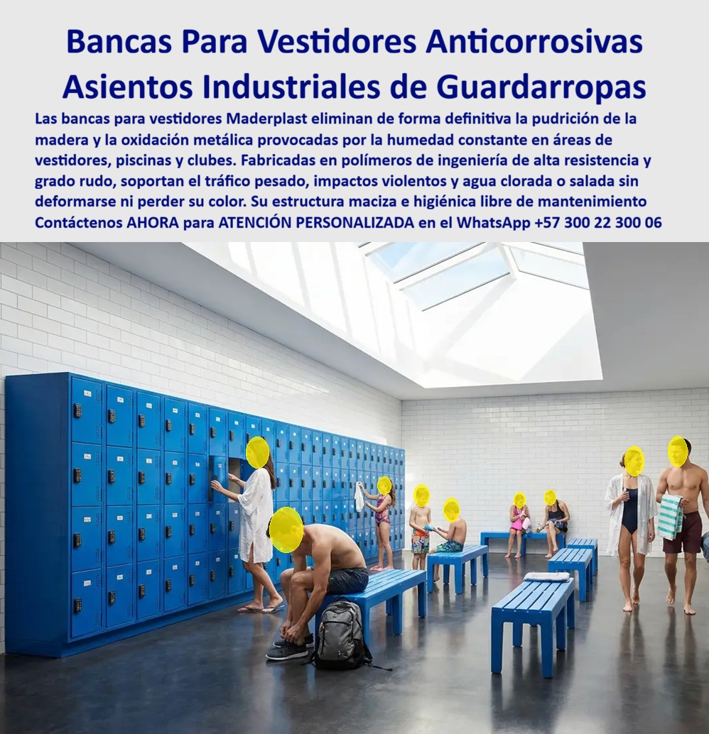 Asientos Para Guardarropas Silla locker Mobiliario Para Vestidores Maderplast - Bancas Para Vestidores y Guardarropas Vea En Este Archivo Fotográfico: Bancas para vestidores Maderplast complementan lockers y guardarropas en piscinas, clubes, industrias y centros deportivos, ofreciendo asientos plásticos resistentes a humedad que no se pudren ni presentan la oxidación propia del acero, diseñados para facilitar cambio de ropa, calzado y circulación en vestidores de uso intensivo. Las bancas para vestidores y guardarropas que protagonizan la imagen forman parte de una solución integral donde el usuario no solamente necesita un casillero seguro: también necesita un lugar cómodo y funcional para sentarse, cambiarse, ponerse el calzado y organizar sus pertenencias. Esta aplicación responde a búsquedas como bancas para lockers, asientos para guardarropas, bancas para piscinas, mobiliario para vestidores y asientos para vestidores colectivos. En piscinas, clubes, gimnasios, industrias y centros recreativos, una banca tradicional puede convertirse rápidamente en un punto de mantenimiento. La madera está expuesta a humedad y puede deteriorarse según su especie, protección y condiciones de servicio; las estructuras metálicas pueden presentar corrosión cuando su protección superficial falla. Las canecas plásticas anticorrosivas eliminan ambos mecanismos propios de esos materiales: el plástico no se pudre como la madera ni se oxida como el acero. La imagen muestra además cómo una correcta distribución de lockers con bancas para vestidores mejora el funcionamiento del espacio. Los asientos se ubican frente a las baterías de casilleros dejando corredores para circulación, mientras diferentes usuarios pueden cambiarse simultáneamente. Para instalaciones con alto flujo, este diseño ayuda a evitar que las personas tengan que sentarse en el piso, apoyarse contra los lockers o utilizar soluciones improvisadas. Maderplast puede fabricar bancas modulares para vestidores en diferentes longitudes, alturas y configuraciones según la cantidad de usuarios y el área disponible. Pueden desarrollarse para complementar lockers de piscinas, casilleros industriales, guardarropas deportivos, vestidores institucionales y zonas de cambio de personal, creando una solución coordinada entre almacenamiento, circulación y mobiliario. Para arquitectos, administradores y compradores, existe además un argumento de costo total de propiedad. Una banca para zona húmeda no debe seleccionarse únicamente por su precio inicial: mantenimiento, pintura, corrosión, pudrición, reparaciones y reposiciones también cuestan. Una solución plástica correctamente especificada busca disminuir precisamente estos problemas durante el servicio. La combinación de casilleros + bancas + distribución del vestidor permite a Maderplast desarrollar proyectos completos y no simplemente vender muebles aislados. El cliente puede definir número de usuarios, dimensiones disponibles, colores y necesidades particulares para obtener un conjunto adaptado al funcionamiento real de la instalación. Así, las bancas plásticas para vestidores se convierten en el complemento natural del locker: proporcionan un lugar práctico para cambiarse y calzarse, soportan ambientes húmedos sin oxidarse ni pudrirse y ayudan a crear vestidores más organizados, funcionales y fáciles de mantener. Contáctenos AHORA para ATENCIÓN PERSONALIZADA en el WhatsApp +57 300 22 300 06. Banca vestidor modular soluciona robo y desgastes, Zona Vestidores Completa Garantía Extendida Personal Uniformado, Asientos Guardarropas Colectivos Asientos AA Asientos Para Guardarropas Silla locker Mobiliario Para Vestidores Maderplast Banca vestidor modular soluciona robo y desgastes Zona Vestidores Completa Garantía Extendida Personal Uniformado Asientos Guardarropas Colectivos Asientos AA Bancas Para Vestidores y Guardarropas Vea En Este Archivo Fotográfico: Bancas para vestidores Maderplast complementan lockers y guardarropas en piscinas, clubes, industrias y centros deportivos, ofreciendo asientos plásticos resistentes a humedad que no se pudren ni presentan la oxidación propia del acero, diseñados para facilitar cambio de ropa, calzado y circulación en vestidores de uso intensivo. Las bancas para vestidores y guardarropas que protagonizan la imagen forman parte de una solución integral donde el usuario no solamente necesita un casillero seguro: también necesita un lugar cómodo y funcional para sentarse, cambiarse, ponerse el calzado y organizar sus pertenencias. Esta aplicación responde a búsquedas como bancas para lockers, asientos para guardarropas, bancas para piscinas, mobiliario para vestidores y asientos para vestidores colectivos. En piscinas, clubes, gimnasios, industrias y centros recreativos, una banca tradicional puede convertirse rápidamente en un punto de mantenimiento. La madera está expuesta a humedad y puede deteriorarse según su especie, protección y condiciones de servicio; las estructuras metálicas pueden presentar corrosión cuando su protección superficial falla. Las canecas plásticas anticorrosivas eliminan ambos mecanismos propios de esos materiales: el plástico no se pudre como la madera ni se oxida como el acero. La imagen muestra además cómo una correcta distribución de lockers con bancas para vestidores mejora el funcionamiento del espacio. Los asientos se ubican frente a las baterías de casilleros dejando corredores para circulación, mientras diferentes usuarios pueden cambiarse simultáneamente. Para instalaciones con alto flujo, este diseño ayuda a evitar que las personas tengan que sentarse en el piso, apoyarse contra los lockers o utilizar soluciones improvisadas. Maderplast puede fabricar bancas modulares para vestidores en diferentes longitudes, alturas y configuraciones según la cantidad de usuarios y el área disponible. Pueden desarrollarse para complementar lockers de piscinas, casilleros industriales, guardarropas deportivos, vestidores institucionales y zonas de cambio de personal, creando una solución coordinada entre almacenamiento, circulación y mobiliario. Para arquitectos, administradores y compradores, existe además un argumento de costo total de propiedad. Una banca para zona húmeda no debe seleccionarse únicamente por su precio inicial: mantenimiento, pintura, corrosión, pudrición, reparaciones y reposiciones también cuestan. Una solución plástica correctamente especificada busca disminuir precisamente estos problemas durante el servicio. La combinación de casilleros + bancas + distribución del vestidor permite a Maderplast desarrollar proyectos completos y no simplemente vender muebles aislados. El cliente puede definir número de usuarios, dimensiones disponibles, colores y necesidades particulares para obtener un conjunto adaptado al funcionamiento real de la instalación. Así, las bancas plásticas para vestidores se convierten en el complemento natural del locker: proporcionan un lugar práctico para cambiarse y calzarse, soportan ambientes húmedos sin oxidarse ni pudrirse y ayudan a crear vestidores más organizados, funcionales y fáciles de mantener. Contáctenos AHORA para ATENCIÓN PERSONALIZADA en el WhatsApp +57 300 22 300 06.