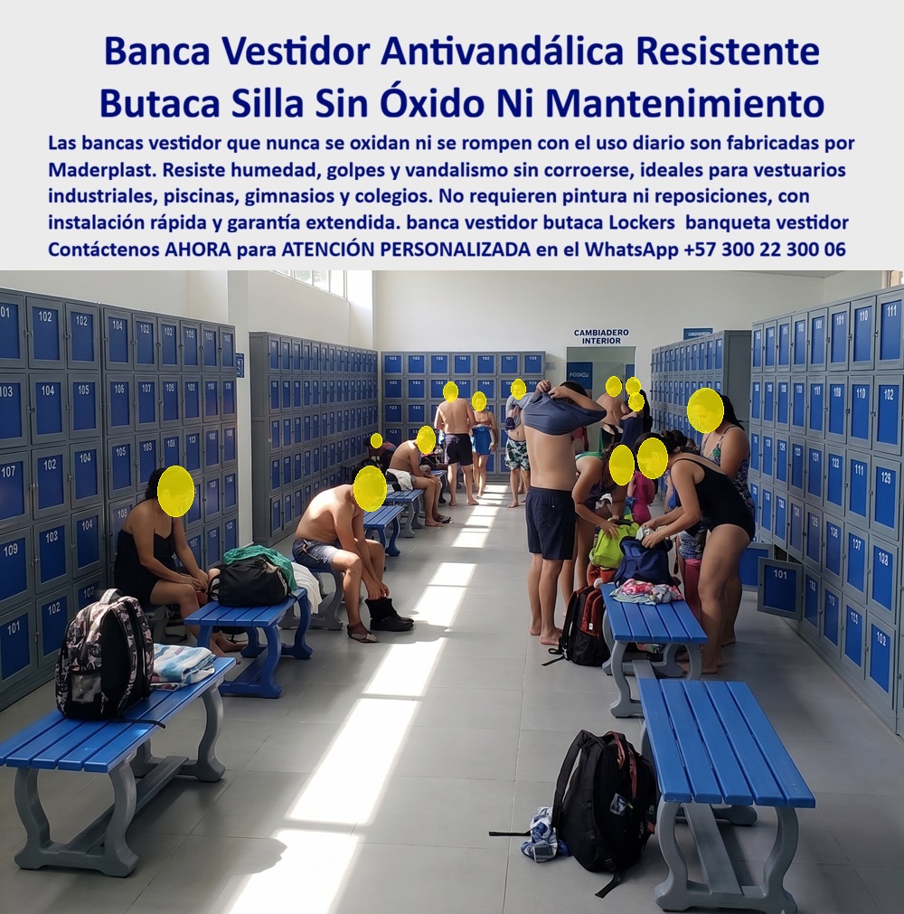 Asientos Para Guardarropas Silla locker Mobiliario Para Vestidores Maderplast - Banca vestidor antivandálica Maderplast: mobiliario complementario para lockers, resistente a golpes, humedad y uso intensivo, sin oxidarse ni requerir mantenimiento. Ideal para piscinas, gimnasios, colegios y vestuarios industriales. Cotice hoy: (+57) 300 22 300 06. La imagen muestra el complemento natural de todo sistema de lockers: un vestidor de piscina con largas hileras de casilleros azules a ambos lados, mientras decenas de bañistas se cambian sentados en bancas azules dispuestas en el pasillo central. Ahí surge la pregunta técnica que enfrenta todo administrador de club, colegio o centro deportivo: ¿qué mobiliario complementa el sistema de casilleros sin agregar otro punto de corrosión al vestidor? La respuesta es la banca vestidor antivandálica Maderplast, un asiento para guardarropas fabricado en el mismo estándar de resistencia que sus lockers. Esta butaca sin óxido ni mantenimiento resuelve un problema frecuente en vestuarios de alto tráfico: la banca metálica tradicional se oxida con la humedad constante de piscinas y duchas, mientras que la estructura de Maderplast tolera exposición diaria a agua, sudor y limpieza intensiva sin corroerse ni requerir pintura. Cuando el administrador calcula cuánto cuesta mantener bancas metálicas en un vestidor de piscina, la diferencia frente a esta solución es contundente: cero reparaciones, cero reposiciones por óxido. ¿Resiste el vandalismo típico de espacios de alto tráfico como colegios o gimnasios? Sí, su estructura antivandálica soporta golpes, saltos y uso rudo constante sin fracturarse ni deformarse, algo que la madera o el metal liviano no logran sostener bajo ese ritmo de uso. ¿Se instala rápidamente junto a un sistema de lockers ya existente? Sí, su diseño permite una instalación ágil en cualquier configuración de vestidor. ¿Soporta el peso de uso simultáneo de varios usuarios? Maderplast somete cada lote a pruebas de resistencia extrema documentadas en video frente a mazo, retroexcavadora y rotomartillo, disponibles en nuestro canal oficial de YouTube. Un administrador de un centro deportivo con vestidores de piscina, cuyo nombre reservamos por confidencialidad, lo resume así: desde que reemplazaron las bancas metálicas oxidadas por las de Maderplast, dejaron de reportar daños por óxido o vandalismo en el vestidor, incluso con el alto volumen de usuarios diarios. Esa es la promesa de una banqueta vestidor HSE: durabilidad total como complemento perfecto de cualquier sistema de casilleros. Maderplast está certificado ISO 9001 e ISO 14001, con fabricación a medida en Colombia para el mundo, y financiamos las pruebas de laboratorio certificadas ONAC que usted elija, o realizamos demostraciones presenciales sin costo. Puede solicitar cotización, personalización de color y longitud, planos o render de su vestidor, y producción en serie para todo su complejo: nosotros lo resolvemos. Cuando se trata de mobiliario complementario para vestuarios de piscinas, gimnasios y colegios, Maderplast es el fabricante que convierte cada vestidor en un espacio funcional y duradero. Escriba ahora al WhatsApp (+57) 300 22 300 06 y complete su vestidor desde hoy. Fábrica Banca Vestidor Resistente Antivandálica Instalación Rápida, Silla vestidor anticorrosiva elimina óxido en vestuarios industriales, Banqueta vestidor HSQ Asientos Para Guardarropas Silla locker Mobiliario Para Vestidores Maderplast Fábrica Banca Vestidor Resistente Antivandálica Instalación Rápida Silla vestidor anticorrosiva elimina óxido en vestuarios industriales Banqueta vestidor HSQ Banca vestidor antivandálica Maderplast: mobiliario complementario para lockers, resistente a golpes, humedad y uso intensivo, sin oxidarse ni requerir mantenimiento. Ideal para piscinas, gimnasios, colegios y vestuarios industriales. Cotice hoy: (+57) 300 22 300 06. La imagen muestra el complemento natural de todo sistema de lockers: un vestidor de piscina con largas hileras de casilleros azules a ambos lados, mientras decenas de bañistas se cambian sentados en bancas azules dispuestas en el pasillo central. Ahí surge la pregunta técnica que enfrenta todo administrador de club, colegio o centro deportivo: ¿qué mobiliario complementa el sistema de casilleros sin agregar otro punto de corrosión al vestidor? La respuesta es la banca vestidor antivandálica Maderplast, un asiento para guardarropas fabricado en el mismo estándar de resistencia que sus lockers. Esta butaca sin óxido ni mantenimiento resuelve un problema frecuente en vestuarios de alto tráfico: la banca metálica tradicional se oxida con la humedad constante de piscinas y duchas, mientras que la estructura de Maderplast tolera exposición diaria a agua, sudor y limpieza intensiva sin corroerse ni requerir pintura. Cuando el administrador calcula cuánto cuesta mantener bancas metálicas en un vestidor de piscina, la diferencia frente a esta solución es contundente: cero reparaciones, cero reposiciones por óxido. ¿Resiste el vandalismo típico de espacios de alto tráfico como colegios o gimnasios? Sí, su estructura antivandálica soporta golpes, saltos y uso rudo constante sin fracturarse ni deformarse, algo que la madera o el metal liviano no logran sostener bajo ese ritmo de uso. ¿Se instala rápidamente junto a un sistema de lockers ya existente? Sí, su diseño permite una instalación ágil en cualquier configuración de vestidor. ¿Soporta el peso de uso simultáneo de varios usuarios? Maderplast somete cada lote a pruebas de resistencia extrema documentadas en video frente a mazo, retroexcavadora y rotomartillo, disponibles en nuestro canal oficial de YouTube. Un administrador de un centro deportivo con vestidores de piscina, cuyo nombre reservamos por confidencialidad, lo resume así: desde que reemplazaron las bancas metálicas oxidadas por las de Maderplast, dejaron de reportar daños por óxido o vandalismo en el vestidor, incluso con el alto volumen de usuarios diarios. Esa es la promesa de una banqueta vestidor HSE: durabilidad total como complemento perfecto de cualquier sistema de casilleros. Maderplast está certificado ISO 9001 e ISO 14001, con fabricación a medida en Colombia para el mundo, y financiamos las pruebas de laboratorio certificadas ONAC que usted elija, o realizamos demostraciones presenciales sin costo. Puede solicitar cotización, personalización de color y longitud, planos o render de su vestidor, y producción en serie para todo su complejo: nosotros lo resolvemos. Cuando se trata de mobiliario complementario para vestuarios de piscinas, gimnasios y colegios, Maderplast es el fabricante que convierte cada vestidor en un espacio funcional y duradero. Escriba ahora al WhatsApp (+57) 300 22 300 06 y complete su vestidor desde hoy.