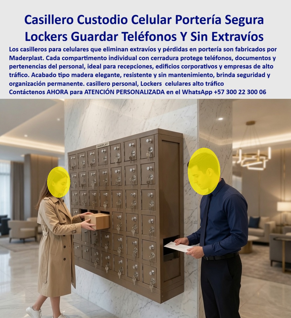 Casillero De Madera Para Cargar Celulares Locker Casillas Maderplast - Casillero custodio de celulares Maderplast: lockers de portería con cerradura individual y acabado tipo madera elegante, para guardar teléfonos, documentos y correspondencia sin extravíos. Ideal para recepciones y edificios corporativos. Cotice hoy: (+57) 300 22 300 06. La imagen muestra el escenario exacto: en el lobby de mármol de un edificio corporativo, un módulo de más de cuarenta compartimentos en acabado madera recibe un paquete de una visitante mientras un ejecutivo retira correspondencia de otro compartimento. Ahí surge la pregunta que enfrenta todo administrador de portería o gerente de edificio corporativo: ¿cómo custodiar teléfonos, documentos y paquetes del personal y visitantes sin riesgo de extravío en una recepción de alto tráfico? La respuesta es el casillero custodio de celular Maderplast, un locker de portería segura con cerradura individual en cada compartimento. Este locker para guardar teléfonos resuelve un problema cotidiano en recepciones y empresas: la pérdida o el extravío de pertenencias personales cuando el personal debe entregar su celular al ingresar, o cuando visitantes y mensajeros necesitan dejar paquetes y correspondencia de forma segura. Cada compartimento con cerradura y llave individual garantiza que el contenido quede protegido únicamente para su propietario, eliminando confusiones y reclamos por objetos perdidos. ¿Por qué elegir el acabado tipo madera de Maderplast frente a un casillero metálico tradicional de portería? Porque este material proyecta elegancia y coherencia estética con lobbies corporativos y edificios de alta categoría, sin sacrificar resistencia: no requiere mantenimiento, no se oxida y conserva su apariencia premium durante años de uso constante en zonas de alto tráfico como recepciones y porterías. ¿Soporta el volumen de uso diario de un edificio corporativo con decenas de empleados y visitantes? Sí, la estructura reforzada de cada cajón tolera apertura y cierre constante sin fallar en las cerraduras. ¿Es apto también para guardar paquetería y correspondencia además de celulares? Sí, su diseño modular en distintos tamaños de compartimento permite custodiar desde un teléfono hasta un paquete pequeño. Maderplast somete cada lote a pruebas de resistencia extrema documentadas en video, disponibles en nuestro canal oficial de YouTube. Un administrador de un edificio corporativo, cuyo nombre reservamos por confidencialidad, lo resume así: desde que instalaron el casillero de celulares Maderplast en portería, los reportes de teléfonos y documentos extraviados desaparecieron por completo. Esa es la promesa de un casillero personal para celulares de alto tráfico: organización, seguridad y elegancia en un solo mueble. Maderplast está certificado ISO 9001 e ISO 14001, con fabricación a medida en Colombia para el mundo, y financiamos las pruebas de laboratorio certificadas ONAC que usted elija, o realizamos demostraciones presenciales sin costo. Puede solicitar cotización, personalización de acabado y número de compartimentos, planos o render de su portería, y producción en serie: nosotros lo resolvemos. Cuando se trata de custodiar celulares, documentos y paquetería en recepciones de alto tráfico, Maderplast es el fabricante que convierte cada portería en un espacio seguro y organizado. Escriba ahora al WhatsApp (+57) 300 22 300 06 y proteja su recepción desde hoy. Muebles guardar teléfonos contra extravíos en portería, Casilleros Celulares Que Organizan Y Protegen El Personal, Casilleros celulares en recepción, portería y empresas Casillero De Madera Para Cargar Celulares Locker Casillas Maderplast Muebles guardar teléfonos contra extravíos en portería Casilleros Celulares Que Organizan Y Protegen El Personal Casilleros celulares en recepción portería y empresas Casillero custodio de celulares Maderplast: lockers de portería con cerradura individual y acabado tipo madera elegante, para guardar teléfonos, documentos y correspondencia sin extravíos. Ideal para recepciones y edificios corporativos. Cotice hoy: (+57) 300 22 300 06. La imagen muestra el escenario exacto: en el lobby de mármol de un edificio corporativo, un módulo de más de cuarenta compartimentos en acabado madera recibe un paquete de una visitante mientras un ejecutivo retira correspondencia de otro compartimento. Ahí surge la pregunta que enfrenta todo administrador de portería o gerente de edificio corporativo: ¿cómo custodiar teléfonos, documentos y paquetes del personal y visitantes sin riesgo de extravío en una recepción de alto tráfico? La respuesta es el casillero custodio de celular Maderplast, un locker de portería segura con cerradura individual en cada compartimento. Este locker para guardar teléfonos resuelve un problema cotidiano en recepciones y empresas: la pérdida o el extravío de pertenencias personales cuando el personal debe entregar su celular al ingresar, o cuando visitantes y mensajeros necesitan dejar paquetes y correspondencia de forma segura. Cada compartimento con cerradura y llave individual garantiza que el contenido quede protegido únicamente para su propietario, eliminando confusiones y reclamos por objetos perdidos. ¿Por qué elegir el acabado tipo madera de Maderplast frente a un casillero metálico tradicional de portería? Porque este material proyecta elegancia y coherencia estética con lobbies corporativos y edificios de alta categoría, sin sacrificar resistencia: no requiere mantenimiento, no se oxida y conserva su apariencia premium durante años de uso constante en zonas de alto tráfico como recepciones y porterías. ¿Soporta el volumen de uso diario de un edificio corporativo con decenas de empleados y visitantes? Sí, la estructura reforzada de cada cajón tolera apertura y cierre constante sin fallar en las cerraduras. ¿Es apto también para guardar paquetería y correspondencia además de celulares? Sí, su diseño modular en distintos tamaños de compartimento permite custodiar desde un teléfono hasta un paquete pequeño. Maderplast somete cada lote a pruebas de resistencia extrema documentadas en video, disponibles en nuestro canal oficial de YouTube. Un administrador de un edificio corporativo, cuyo nombre reservamos por confidencialidad, lo resume así: desde que instalaron el casillero de celulares Maderplast en portería, los reportes de teléfonos y documentos extraviados desaparecieron por completo. Esa es la promesa de un casillero personal para celulares de alto tráfico: organización, seguridad y elegancia en un solo mueble. Maderplast está certificado ISO 9001 e ISO 14001, con fabricación a medida en Colombia para el mundo, y financiamos las pruebas de laboratorio certificadas ONAC que usted elija, o realizamos demostraciones presenciales sin costo. Puede solicitar cotización, personalización de acabado y número de compartimentos, planos o render de su portería, y producción en serie: nosotros lo resolvemos. Cuando se trata de custodiar celulares, documentos y paquetería en recepciones de alto tráfico, Maderplast es el fabricante que convierte cada portería en un espacio seguro y organizado. Escriba ahora al WhatsApp (+57) 300 22 300 06 y proteja su recepción desde hoy.