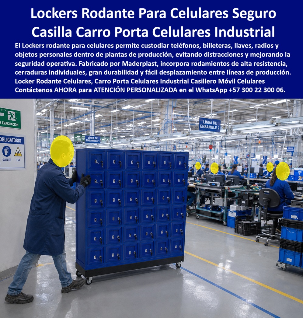 Casilleros teléfonos en plantas de producción, Locker Rodante Maderplast - Locker rodante para celulares Maderplast: casillero móvil industrial con ruedas de alta resistencia y cerraduras individuales, para custodiar teléfonos, billeteras y objetos personales en plantas de producción. Cotice hoy: (+57) 300 22 300 06. La imagen muestra la escena exacta que resuelve este producto: un operario empuja un módulo azul de treinta y seis compartimentos con cerradura, desplazándose por el pasillo central de una planta de ensamble electrónico donde varias líneas de producción trabajan simultáneamente. Ahí surge la pregunta técnica que enfrenta todo jefe de seguridad industrial o gerente de manufactura: ¿cómo custodiar celulares, billeteras y llaves de decenas de operarios sin fijar un mueble estático en cada zona de la planta? La respuesta es el locker rodante para celulares Maderplast, una casilla carro porta celulares industrial diseñada para desplazarse entre líneas según la necesidad operativa. Este carro porta celulares incorpora ruedas de alta resistencia que permiten trasladarlo fácilmente de la línea de ensamble uno a la línea de ensamble dos, o hacia cualquier punto de la planta donde se requiera custodia temporal, sin necesidad de instalar mobiliario fijo en cada estación. Cada compartimento cuenta con cerradura individual, garantizando que el operario guarde su teléfono, radio o pertenencias con total privacidad, evitando distracciones durante la jornada y reduciendo el riesgo de pérdida o hurto en zonas de alto tránsito. ¿Por qué elegir el locker rodante de Maderplast frente a un armario metálico fijo? Porque en una planta que reorganiza líneas de producción con frecuencia, un mueble estático limita la flexibilidad operativa, mientras que este mueble móvil de seguridad se adapta al layout cambiante de la fábrica sin obras ni instalaciones adicionales. Además, el material resiste golpes, humedad y uso intensivo sin oxidarse ni requerir mantenimiento correctivo, algo que el metal no logra sostener bajo el mismo ritmo de trabajo diario. ¿Soporta el peso y la manipulación constante de treinta y seis puertas abriéndose y cerrándose por turno? Sí, Maderplast somete cada lote a pruebas de resistencia extrema documentadas en video frente a mazo, retroexcavadora y rotomartillo, disponibles en nuestro canal oficial de YouTube. ¿Se puede personalizar el número de compartimentos según el tamaño de la planta? Cada estación rodante para custodiar celulares y pertenencias se fabrica a medida. Un jefe de seguridad de una planta de ensamble electrónico, cuyo nombre reservamos por confidencialidad, lo resume así: desde que incorporaron el locker rodante Maderplast, redujeron las distracciones por celular en línea y eliminaron los reportes de objetos personales extraviados. Esa es la promesa de un casillero móvil de celulares: seguridad operativa y flexibilidad total dentro de la planta. Maderplast está certificado ISO 9001 e ISO 14001, con fabricación a medida en Colombia para el mundo, y financiamos las pruebas de laboratorio certificadas ONAC que usted elija, o realizamos demostraciones presenciales sin costo. Puede solicitar cotización, personalización de compartimentos y color, planos o render, y producción en serie para toda su planta: nosotros lo resolvemos. Cuando se trata de custodia móvil de objetos personales en plantas operativas, Maderplast es el fabricante que convierte cada línea de producción en un entorno seguro y organizado. Escriba ahora al WhatsApp (+57) 300 22 300 06 y optimice su seguridad operativa desde hoy. Carro porta celulares para empresas y fábricas, Estación rodante para custodiar celulares y pertenencias, Mueble Móvil lockers de seguridad plantas operativa Casilleros teléfonos en plantas de producción Locker Rodante Maderplast Carro porta celulares para empresas y fábricas Estación rodante para custodiar celulares y pertenencias Mueble Móvil lockers de seguridad plantas operativa Locker rodante para celulares Maderplast: casillero móvil industrial con ruedas de alta resistencia y cerraduras individuales, para custodiar teléfonos, billeteras y objetos personales en plantas de producción. Cotice hoy: (+57) 300 22 300 06. La imagen muestra la escena exacta que resuelve este producto: un operario empuja un módulo azul de treinta y seis compartimentos con cerradura, desplazándose por el pasillo central de una planta de ensamble electrónico donde varias líneas de producción trabajan simultáneamente. Ahí surge la pregunta técnica que enfrenta todo jefe de seguridad industrial o gerente de manufactura: ¿cómo custodiar celulares, billeteras y llaves de decenas de operarios sin fijar un mueble estático en cada zona de la planta? La respuesta es el locker rodante para celulares Maderplast, una casilla carro porta celulares industrial diseñada para desplazarse entre líneas según la necesidad operativa. Este carro porta celulares incorpora ruedas de alta resistencia que permiten trasladarlo fácilmente de la línea de ensamble uno a la línea de ensamble dos, o hacia cualquier punto de la planta donde se requiera custodia temporal, sin necesidad de instalar mobiliario fijo en cada estación. Cada compartimento cuenta con cerradura individual, garantizando que el operario guarde su teléfono, radio o pertenencias con total privacidad, evitando distracciones durante la jornada y reduciendo el riesgo de pérdida o hurto en zonas de alto tránsito. ¿Por qué elegir el locker rodante de Maderplast frente a un armario metálico fijo? Porque en una planta que reorganiza líneas de producción con frecuencia, un mueble estático limita la flexibilidad operativa, mientras que este mueble móvil de seguridad se adapta al layout cambiante de la fábrica sin obras ni instalaciones adicionales. Además, el material resiste golpes, humedad y uso intensivo sin oxidarse ni requerir mantenimiento correctivo, algo que el metal no logra sostener bajo el mismo ritmo de trabajo diario. ¿Soporta el peso y la manipulación constante de treinta y seis puertas abriéndose y cerrándose por turno? Sí, Maderplast somete cada lote a pruebas de resistencia extrema documentadas en video frente a mazo, retroexcavadora y rotomartillo, disponibles en nuestro canal oficial de YouTube. ¿Se puede personalizar el número de compartimentos según el tamaño de la planta? Cada estación rodante para custodiar celulares y pertenencias se fabrica a medida. Un jefe de seguridad de una planta de ensamble electrónico, cuyo nombre reservamos por confidencialidad, lo resume así: desde que incorporaron el locker rodante Maderplast, redujeron las distracciones por celular en línea y eliminaron los reportes de objetos personales extraviados. Esa es la promesa de un casillero móvil de celulares: seguridad operativa y flexibilidad total dentro de la planta. Maderplast está certificado ISO 9001 e ISO 14001, con fabricación a medida en Colombia para el mundo, y financiamos las pruebas de laboratorio certificadas ONAC que usted elija, o realizamos demostraciones presenciales sin costo. Puede solicitar cotización, personalización de compartimentos y color, planos o render, y producción en serie para toda su planta: nosotros lo resolvemos. Cuando se trata de custodia móvil de objetos personales en plantas operativas, Maderplast es el fabricante que convierte cada línea de producción en un entorno seguro y organizado. Escriba ahora al WhatsApp (+57) 300 22 300 06 y optimice su seguridad operativa desde hoy.