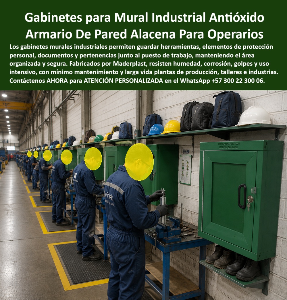 Gabinete De Pared Armario Colgado Casillero Mural Mueble Flotante Maderplast - La Fotografía Muestra: Gabinete mural industrial Maderplast: armario de pared antióxido para operarios, con puerta cerrada de seguridad, resistente a humedad, golpes y uso intensivo en plantas de producción. Vida útil superior sin mantenimiento. Cotice hoy: (+57) 300 22 300 06. La imagen muestra el escenario perfecto para este producto: una línea de ensamble completa donde cada operario dispone de su propio gabinete verde fijado a la pared, junto a un mesón de trabajo, con cascos y morrales sobre un estante superior y botas guardadas debajo. Esa disposición responde la pregunta que enfrenta todo jefe de planta o coordinador de manufactura: ¿cómo dotar a cada puesto de trabajo de un espacio de guarda individual sin ocupar piso ni comprometer el orden de la línea? La respuesta es el gabinete mural industrial Maderplast, un armario de pared diseñado para instalarse exactamente junto a la estación de cada trabajador. Este casillero mural se fija directamente sobre la pared del taller, liberando espacio en el suelo y ubicando herramientas, elementos de protección personal, documentos y pertenencias al alcance inmediato del operario, sin desplazamientos hacia bodegas o vestidores alejados. Su cerradura con llave garantiza custodia individual y segura para cada puesto, un detalle crítico en plantas donde múltiples turnos comparten la misma línea de producción. ¿Por qué elegir el gabinete de Maderplast frente a uno metálico convencional? Porque en ambientes industriales con humedad, polvo y manipulación constante, el metal se oxida y las bisagras terminan trabadas o corroídas en pocos meses. Este armario antióxido está fabricado para resistir exactamente esas condiciones: no se oxida, no se pudre, tolera golpes propios del trabajo pesado y no exige pintura ni mantenimiento correctivo. Cuando el área de mantenimiento calcula cuánto cuesta sostener decenas de gabinetes murales a lo largo de una línea completa, la respuesta con Maderplast es contundente: prácticamente cero intervenciones en años de uso. ¿Soporta el uso intensivo de una línea de producción con múltiples operarios por turno? Sí, Maderplast somete cada lote a pruebas de resistencia extrema documentadas en video frente a mazo, retroexcavadora y rotomartillo, disponibles en nuestro canal oficial de YouTube. ¿Se adapta a cualquier configuración de planta o taller? Cada alacena para operarios se fabrica a medida según el espacio y la cantidad de puestos de trabajo. Un supervisor de una planta de manufactura, cuyo nombre reservamos por confidencialidad, lo resume así: desde que instalaron los gabinetes murales Maderplast en cada estación, el orden de la línea mejoró y dejaron de perder herramientas entre turnos. Esa es la promesa de un mueble flotante industrial: organización, seguridad y cero mantenimiento junto a cada puesto de trabajo. Maderplast está certificado ISO 9001 e ISO 14001, con fabricación a medida en Colombia para el mundo, y financiamos las pruebas de laboratorio certificadas ONAC que usted elija, o realizamos demostraciones presenciales sin costo. Puede solicitar cotización, personalización de color y tamaño, planos o render, y producción en serie para toda su planta: nosotros lo resolvemos. Cuando se trata de almacenamiento individual junto al puesto de trabajo, Maderplast es el fabricante que convierte cada estación en un espacio organizado y duradero. Escriba ahora al WhatsApp (+57) 300 22 300 06 y optimice su línea de producción desde hoy. Armario Industrial Con Puertas Transparentes Para Inspección Visual, Casillero Configurable Pared Antióxido Máxima Visibilidad Contenido Interior, Gabinete Mural Gabinete De Pared Armario Colgado Casillero Mural Mueble Flotante Maderplast Armario Industrial Con Puertas Transparentes Para Inspección Visual Casillero Configurable Pared Antióxido Máxima Visibilidad Contenido Interior Gabinete Mural La Fotografía Muestra: Gabinete mural industrial Maderplast: armario de pared antióxido para operarios, con puerta cerrada de seguridad, resistente a humedad, golpes y uso intensivo en plantas de producción. Vida útil superior sin mantenimiento. Cotice hoy: (+57) 300 22 300 06. La imagen muestra el escenario perfecto para este producto: una línea de ensamble completa donde cada operario dispone de su propio gabinete verde fijado a la pared, junto a un mesón de trabajo, con cascos y morrales sobre un estante superior y botas guardadas debajo. Esa disposición responde la pregunta que enfrenta todo jefe de planta o coordinador de manufactura: ¿cómo dotar a cada puesto de trabajo de un espacio de guarda individual sin ocupar piso ni comprometer el orden de la línea? La respuesta es el gabinete mural industrial Maderplast, un armario de pared diseñado para instalarse exactamente junto a la estación de cada trabajador. Este casillero mural se fija directamente sobre la pared del taller, liberando espacio en el suelo y ubicando herramientas, elementos de protección personal, documentos y pertenencias al alcance inmediato del operario, sin desplazamientos hacia bodegas o vestidores alejados. Su cerradura con llave garantiza custodia individual y segura para cada puesto, un detalle crítico en plantas donde múltiples turnos comparten la misma línea de producción. ¿Por qué elegir el gabinete de Maderplast frente a uno metálico convencional? Porque en ambientes industriales con humedad, polvo y manipulación constante, el metal se oxida y las bisagras terminan trabadas o corroídas en pocos meses. Este armario antióxido está fabricado para resistir exactamente esas condiciones: no se oxida, no se pudre, tolera golpes propios del trabajo pesado y no exige pintura ni mantenimiento correctivo. Cuando el área de mantenimiento calcula cuánto cuesta sostener decenas de gabinetes murales a lo largo de una línea completa, la respuesta con Maderplast es contundente: prácticamente cero intervenciones en años de uso. ¿Soporta el uso intensivo de una línea de producción con múltiples operarios por turno? Sí, Maderplast somete cada lote a pruebas de resistencia extrema documentadas en video frente a mazo, retroexcavadora y rotomartillo, disponibles en nuestro canal oficial de YouTube. ¿Se adapta a cualquier configuración de planta o taller? Cada alacena para operarios se fabrica a medida según el espacio y la cantidad de puestos de trabajo. Un supervisor de una planta de manufactura, cuyo nombre reservamos por confidencialidad, lo resume así: desde que instalaron los gabinetes murales Maderplast en cada estación, el orden de la línea mejoró y dejaron de perder herramientas entre turnos. Esa es la promesa de un mueble flotante industrial: organización, seguridad y cero mantenimiento junto a cada puesto de trabajo. Maderplast está certificado ISO 9001 e ISO 14001, con fabricación a medida en Colombia para el mundo, y financiamos las pruebas de laboratorio certificadas ONAC que usted elija, o realizamos demostraciones presenciales sin costo. Puede solicitar cotización, personalización de color y tamaño, planos o render, y producción en serie para toda su planta: nosotros lo resolvemos. Cuando se trata de almacenamiento individual junto al puesto de trabajo, Maderplast es el fabricante que convierte cada estación en un espacio organizado y duradero. Escriba ahora al WhatsApp (+57) 300 22 300 06 y optimice su línea de producción desde hoy.