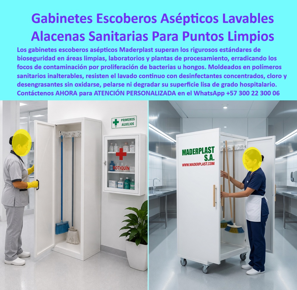 Gabinete Escobero Aséptico Punto Limpio Armario limpieza Maderplast - Gabinetes Escoberos Para Puntos Limpios Nuestra Foto Prueba el Caso de Éxito de: Gabinetes escoberos para puntos limpios Maderplast organizan escobas, trapeadores, implementos y elementos de aseo en hospitales, laboratorios, clínicas y plantas de proceso, con armarios plásticos lavables, anticorrosivos y configuraciones fijas o rodantes que facilitan limpieza, orden y traslado del equipo. Los gabinetes escoberos para puntos limpios que protagonizan la imagen muestran dos soluciones para una misma necesidad: mantener los implementos de aseo organizados y separados de las áreas donde no deben permanecer expuestos. Un módulo funciona como armario porta escobas fijo, mientras otro incorpora ruedas para trasladarse entre diferentes sectores. Esta aplicación responde a búsquedas como gabinete escobero sanitario, armario para elementos de aseo, gabinete porta escobas, mueble para punto limpio y armario de limpieza hospitalario. En hospitales, clínicas, laboratorios y plantas de proceso, dejar escobas, trapeadores y utensilios apoyados contra paredes o dispersos en zonas de circulación genera desorden y dificulta establecer lugares definidos para su almacenamiento. Los gabinetes para implementos de limpieza permiten centralizar estos elementos en un espacio identificado, facilitando que el personal encuentre, utilice y vuelva a guardar cada utensilio dentro del procedimiento establecido. El gabinete escobero con ruedas aporta una ventaja adicional cuando las labores de limpieza se desplazan entre diferentes áreas. En lugar de transportar individualmente los implementos, el punto limpio móvil puede configurarse como una estación rodante que acompaña al personal. Para instalaciones donde los elementos deben permanecer siempre en una ubicación determinada, Maderplast también desarrolla gabinetes de escogería fijos adaptados al espacio disponible. La fabricación plástica representa una diferencia importante en ambientes sometidos a humedad y limpieza frecuente. Los armarios de limpieza anticorrosivos no desarrollan la oxidación característica de los muebles de acero y pueden fabricarse con superficies lavables. Maderplast puede seleccionar el material de acuerdo con los agentes de limpieza previstos, ya que la compatibilidad con desinfectantes, cloro u otros productos debe evaluarse según concentración, temperatura y tiempo de contacto. Los gabinetes sanitarios para limpieza pueden personalizarse con soportes para escobas y trapeadores, divisiones, entrepaños, ventilación, ruedas, puertas, identificación y dimensiones especiales. También pueden desarrollarse como armarios para aseo hospitalario, gabinetes para laboratorios, escoberos industriales y estaciones móviles de limpieza. Para HSEQ, servicios generales, mantenimiento y compras, el beneficio va más allá del almacenamiento: un punto limpio organizado ayuda a definir dónde deben permanecer los implementos y facilita procedimientos de orden, inspección y limpieza. No sería técnicamente correcto prometer que el gabinete por sí mismo es “estéril”, “antibacterial” o que elimina focos de contaminación sin ensayos específicos; sí puede aportar separación física, facilidad de limpieza y organización controlada. Maderplast diseña, personaliza y fabrica gabinetes escogerlos y puntos limpios según las necesidades de cada instalación, desde armarios individuales hasta estaciones rodantes especiales. Así, los implementos dejan de estar dispersos y pasan a formar parte de un sistema de almacenamiento ordenado, lavable, anticorrosivo y adaptado al funcionamiento real de la institución. Contáctenos AHORA para ATENCIÓN PERSONALIZADA en el WhatsApp +57 300 22 300 06. Armario De Limpieza Sanitario Con Ruedas Industriales, Gabinete Porta Escobas Higiénico Zonas Hospitalarias, Puesto desinfección estéril, Punto Limpio Portátil Asépticos Gabinete Escobero Aséptico Punto Limpio Armario limpieza Maderplast Armario De Limpieza Sanitario Con Ruedas Industriales Gabinete Porta Escobas Higiénico Zonas Hospitalarias Puesto desinfección estéril Punto Limpio Portátil Asépticos Gabinetes Escoberos Para Puntos Limpios Nuestra Foto Prueba el Caso de Éxito de: Gabinetes escoberos para puntos limpios Maderplast organizan escobas, trapeadores, implementos y elementos de aseo en hospitales, laboratorios, clínicas y plantas de proceso, con armarios plásticos lavables, anticorrosivos y configuraciones fijas o rodantes que facilitan limpieza, orden y traslado del equipo. Los gabinetes escoberos para puntos limpios que protagonizan la imagen muestran dos soluciones para una misma necesidad: mantener los implementos de aseo organizados y separados de las áreas donde no deben permanecer expuestos. Un módulo funciona como armario porta escobas fijo, mientras otro incorpora ruedas para trasladarse entre diferentes sectores. Esta aplicación responde a búsquedas como gabinete escobero sanitario, armario para elementos de aseo, gabinete porta escobas, mueble para punto limpio y armario de limpieza hospitalario. En hospitales, clínicas, laboratorios y plantas de proceso, dejar escobas, trapeadores y utensilios apoyados contra paredes o dispersos en zonas de circulación genera desorden y dificulta establecer lugares definidos para su almacenamiento. Los gabinetes para implementos de limpieza permiten centralizar estos elementos en un espacio identificado, facilitando que el personal encuentre, utilice y vuelva a guardar cada utensilio dentro del procedimiento establecido. El gabinete escobero con ruedas aporta una ventaja adicional cuando las labores de limpieza se desplazan entre diferentes áreas. En lugar de transportar individualmente los implementos, el punto limpio móvil puede configurarse como una estación rodante que acompaña al personal. Para instalaciones donde los elementos deben permanecer siempre en una ubicación determinada, Maderplast también desarrolla gabinetes de escogería fijos adaptados al espacio disponible. La fabricación plástica representa una diferencia importante en ambientes sometidos a humedad y limpieza frecuente. Los armarios de limpieza anticorrosivos no desarrollan la oxidación característica de los muebles de acero y pueden fabricarse con superficies lavables. Maderplast puede seleccionar el material de acuerdo con los agentes de limpieza previstos, ya que la compatibilidad con desinfectantes, cloro u otros productos debe evaluarse según concentración, temperatura y tiempo de contacto. Los gabinetes sanitarios para limpieza pueden personalizarse con soportes para escobas y trapeadores, divisiones, entrepaños, ventilación, ruedas, puertas, identificación y dimensiones especiales. También pueden desarrollarse como armarios para aseo hospitalario, gabinetes para laboratorios, escoberos industriales y estaciones móviles de limpieza. Para HSEQ, servicios generales, mantenimiento y compras, el beneficio va más allá del almacenamiento: un punto limpio organizado ayuda a definir dónde deben permanecer los implementos y facilita procedimientos de orden, inspección y limpieza. No sería técnicamente correcto prometer que el gabinete por sí mismo es “estéril”, “antibacterial” o que elimina focos de contaminación sin ensayos específicos; sí puede aportar separación física, facilidad de limpieza y organización controlada. Maderplast diseña, personaliza y fabrica gabinetes escogerlos y puntos limpios según las necesidades de cada instalación, desde armarios individuales hasta estaciones rodantes especiales. Así, los implementos dejan de estar dispersos y pasan a formar parte de un sistema de almacenamiento ordenado, lavable, anticorrosivo y adaptado al funcionamiento real de la institución. Contáctenos AHORA para ATENCIÓN PERSONALIZADA en el WhatsApp +57 300 22 300 06.