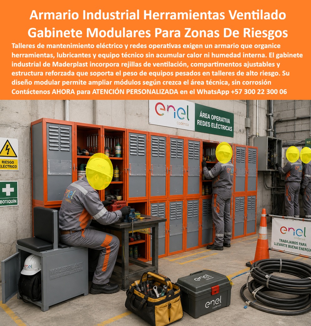 Gabinetes Industriales Muebles Para Herramientas Armarios De Maderplast - Gabinetes Industriales Para Herramientas Nuestra Foto Prueba el Caso de Éxito de: Gabinetes industriales para herramientas Maderplast organizan equipos, repuestos, dotación y elementos técnicos en talleres, plantas y centros de mantenimiento, con compartimentos modulares, ventilación y fabricación plástica resistente a humedad y corrosión, diseñada para facilitar orden, control y disponibilidad del equipo de trabajo. Los gabinetes industriales para herramientas que protagonizan la imagen forman una batería modular instalada junto a un área técnica de redes eléctricas, donde el personal necesita mantener herramientas, repuestos, equipos y elementos de trabajo disponibles y organizados. Esta aplicación responde directamente a quienes buscan armarios industriales, muebles para herramientas, gabinetes para talleres, armarios para mantenimiento industrial y alacenas industriales para dotación, especialmente en operaciones donde el orden reduce tiempos perdidos buscando elementos de uso frecuente. En talleres eléctricos, plantas productivas y centros de mantenimiento, los gabinetes para áreas técnicas pueden incorporar compartimentos diferenciados para herramientas manuales, equipos, consumibles y repuestos. Las puertas ventiladas que muestra la imagen permiten desarrollar armarios industriales ventilados cuando la aplicación requiere circulación de aire dentro del mueble. La distribución interior puede adaptarse mediante estantes y espacios dimensionados según los elementos que realmente necesita almacenar cada cuadrilla. Los gabinetes modulares industriales ofrecen otra ventaja: permiten proyectar instalaciones de diferentes capacidades y ampliar el sistema cuando crece el personal, las herramientas o las necesidades del taller. Maderplast puede fabricar gabinetes industriales a medida, definiendo altura, profundidad, número de módulos, divisiones internas, ventilación, colores corporativos, identificación y sistemas de cierre conforme al proyecto. Quien inicialmente busca un armario metálico para herramientas realmente necesita resistencia, organización y larga duración, no necesariamente metal. Los gabinetes plásticos anticorrosivos eliminan el proceso de oxidación característico del acero, una diferencia relevante en ambientes húmedos, instalaciones industriales y áreas sometidas a limpieza frecuente. Los muebles industriales de alta resistencia deben seleccionarse según cargas, dimensiones y condiciones reales de servicio, evitando promesas genéricas que no correspondan a la aplicación. Para mantenimiento, ingeniería, HSEQ y compras, el costo real incluye mucho más que el valor inicial. Los armarios para centros de mantenimiento deben evaluarse considerando corrosión, pintura, reparaciones, reposiciones, facilidad de limpieza y tiempo de servicio. Un gabinete barato deja de representar ahorro cuando su deterioro genera intervenciones repetitivas o dificulta la organización del área técnica. Maderplast diseña, desarrolla y fabrica gabinetes para herramientas industriales, armarios para repuestos, muebles para talleres de mantenimiento y soluciones especiales, con opciones de personalización, planos, renders, prototipos y producción en serie. Así, el gabinete deja de ser simplemente un lugar donde guardar herramientas y se convierte en una solución de organización, disponibilidad operacional, aprovechamiento del espacio y tranquilidad para el responsable del mantenimiento. Contáctenos AHORA para ATENCIÓN PERSONALIZADA en el WhatsApp +57 300 22 300 06. Alacenas industriales para guardar dotación en taller, Gabinetes Modulares Para Centros De Mantenimiento Y Áreas Técnicas, Gabinetes mantenimiento industrial, Armarios Gabinetes Industriales Muebles Para Herramientas Armarios De Maderplast Alacenas industriales para guardar dotación en taller Gabinetes Modulares Para Centros De Mantenimiento Y Áreas Técnicas Gabinetes mantenimiento industrial Armarios Gabinetes Industriales Para Herramientas Nuestra Foto Prueba el Caso de Éxito de: Gabinetes industriales para herramientas Maderplast organizan equipos, repuestos, dotación y elementos técnicos en talleres, plantas y centros de mantenimiento, con compartimentos modulares, ventilación y fabricación plástica resistente a humedad y corrosión, diseñada para facilitar orden, control y disponibilidad del equipo de trabajo. Los gabinetes industriales para herramientas que protagonizan la imagen forman una batería modular instalada junto a un área técnica de redes eléctricas, donde el personal necesita mantener herramientas, repuestos, equipos y elementos de trabajo disponibles y organizados. Esta aplicación responde directamente a quienes buscan armarios industriales, muebles para herramientas, gabinetes para talleres, armarios para mantenimiento industrial y alacenas industriales para dotación, especialmente en operaciones donde el orden reduce tiempos perdidos buscando elementos de uso frecuente. En talleres eléctricos, plantas productivas y centros de mantenimiento, los gabinetes para áreas técnicas pueden incorporar compartimentos diferenciados para herramientas manuales, equipos, consumibles y repuestos. Las puertas ventiladas que muestra la imagen permiten desarrollar armarios industriales ventilados cuando la aplicación requiere circulación de aire dentro del mueble. La distribución interior puede adaptarse mediante estantes y espacios dimensionados según los elementos que realmente necesita almacenar cada cuadrilla. Los gabinetes modulares industriales ofrecen otra ventaja: permiten proyectar instalaciones de diferentes capacidades y ampliar el sistema cuando crece el personal, las herramientas o las necesidades del taller. Maderplast puede fabricar gabinetes industriales a medida, definiendo altura, profundidad, número de módulos, divisiones internas, ventilación, colores corporativos, identificación y sistemas de cierre conforme al proyecto. Quien inicialmente busca un armario metálico para herramientas realmente necesita resistencia, organización y larga duración, no necesariamente metal. Los gabinetes plásticos anticorrosivos eliminan el proceso de oxidación característico del acero, una diferencia relevante en ambientes húmedos, instalaciones industriales y áreas sometidas a limpieza frecuente. Los muebles industriales de alta resistencia deben seleccionarse según cargas, dimensiones y condiciones reales de servicio, evitando promesas genéricas que no correspondan a la aplicación. Para mantenimiento, ingeniería, HSEQ y compras, el costo real incluye mucho más que el valor inicial. Los armarios para centros de mantenimiento deben evaluarse considerando corrosión, pintura, reparaciones, reposiciones, facilidad de limpieza y tiempo de servicio. Un gabinete barato deja de representar ahorro cuando su deterioro genera intervenciones repetitivas o dificulta la organización del área técnica. Maderplast diseña, desarrolla y fabrica gabinetes para herramientas industriales, armarios para repuestos, muebles para talleres de mantenimiento y soluciones especiales, con opciones de personalización, planos, renders, prototipos y producción en serie. Así, el gabinete deja de ser simplemente un lugar donde guardar herramientas y se convierte en una solución de organización, disponibilidad operacional, aprovechamiento del espacio y tranquilidad para el responsable del mantenimiento. Contáctenos AHORA para ATENCIÓN PERSONALIZADA en el WhatsApp +57 300 22 300 06.