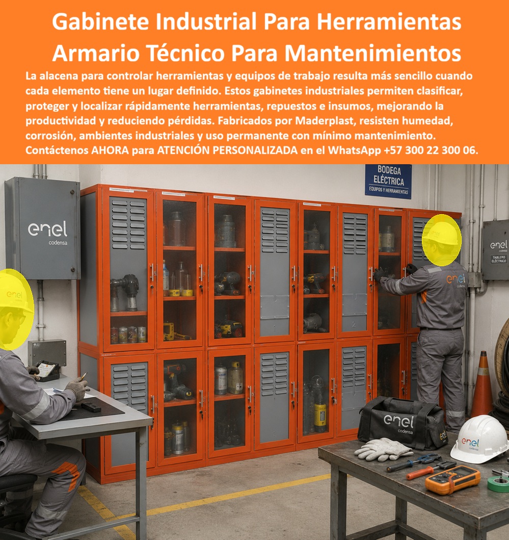 Gabinetes Industriales Muebles Para Herramientas Armarios De Maderplast - Gabinete industrial para herramientas Maderplast: armario técnico ventilado con puertas transparentes, ideal para bodegas de mantenimiento eléctrico, clasificación de repuestos y equipos. Resiste humedad, corrosión y uso permanente. Cotice hoy: (+57) 300 22 300 06. La imagen muestra el escenario exacto: en la bodega eléctrica de Enel-Codensa, dos técnicos organizan taladros, motores, cintas y equipos de medición dentro de un muro completo de gabinetes naranja con puertas transparentes y rejillas de ventilación, junto a un tablero eléctrico. Ahí surge la pregunta técnica que enfrenta todo jefe de mantenimiento o supervisor de bodega: ¿cómo clasificar y proteger decenas de herramientas y repuestos sin perder tiempo buscando cada elemento? La respuesta es el gabinete industrial para herramientas Maderplast, un armario técnico diseñado específicamente para mantenimientos eléctricos y bodegas de equipos. Este gabinete metálico ventilado incorpora una puerta con panel transparente que permite identificar de un vistazo el contenido de cada compartimento, agilizando la localización de taladros, motores, insumos y repuestos sin necesidad de abrir todas las puertas para encontrar lo que se busca. Las rejillas de ventilación en la parte superior evitan la acumulación de humedad y calor dentro del gabinete, protegiendo herramientas eléctricas sensibles y prolongando su vida útil operativa. ¿Por qué elegir este armario técnico frente a una estantería abierta convencional? Porque en una bodega de mantenimiento con alto tránsito de personal, dejar herramientas expuestas genera pérdidas, desorden y riesgo de daño por manipulación indebida. El gabinete para bodega de herramientas eléctricas Maderplast organiza cada elemento en su lugar definido, reduce pérdidas y mejora la productividad del equipo técnico al eliminar tiempos de búsqueda. Cuando el supervisor calcula cuánto tiempo se ahorra al tener todo clasificado y visible, la diferencia frente al desorden tradicional es contundente. ¿Resiste el ambiente de una bodega eléctrica con exposición constante a polvo y humedad? Sí, fabricado por Maderplast, este mueble tolera ambientes industriales exigentes sin oxidarse ni requerir mantenimiento correctivo frecuente. ¿Soporta el peso de herramientas pesadas como taladros, motores y equipos de medición? La estructura reforzada de cada compartimento está diseñada para carga industrial constante. Maderplast somete cada lote a pruebas de resistencia extrema documentadas en video frente a mazo, retroexcavadora y rotomartillo, disponibles en nuestro canal oficial de YouTube. Un supervisor de bodega eléctrica de una empresa de servicios públicos, cuyo nombre reservamos por confidencialidad, lo resume así: desde que organizaron la bodega con gabinetes Maderplast, cada técnico encuentra su herramienta en segundos y las pérdidas de equipos prácticamente desaparecieron. Esa es la promesa de un armario para herramientas de electricistas: control total, visibilidad inmediata y cero corrosión. Maderplast está certificado ISO 9001 e ISO 14001, con fabricación a medida en Colombia para el mundo, y financiamos las pruebas de laboratorio certificadas ONAC que usted elija, o realizamos demostraciones presenciales sin costo. Puede solicitar cotización, personalización de compartimentos y color, planos o render de su bodega, y producción en serie: nosotros lo resolvemos. Cuando se trata de organizar y proteger herramientas técnicas en plantas industriales, Maderplast es el fabricante que convierte cada bodega en un espacio eficiente y duradero. Escriba ahora al WhatsApp (+57) 300 22 300 06 y organice su bodega de mantenimiento desde hoy. Alacenas industriales para guardar equipos e insumos, Gabinete metálico ventilado para bodega de herramientas eléctricas, Armarios para herramientas de electricistas a Gabinetes Industriales Muebles Para Herramientas Armarios De Maderplast Alacenas industriales para guardar equipos e insumos Gabinete metálico ventilado para bodega de herramientas eléctricas Armarios para herramientas de electricistas a Gabinete industrial para herramientas Maderplast: armario técnico ventilado con puertas transparentes, ideal para bodegas de mantenimiento eléctrico, clasificación de repuestos y equipos. Resiste humedad, corrosión y uso permanente. Cotice hoy: (+57) 300 22 300 06. La imagen muestra el escenario exacto: en la bodega eléctrica de Enel-Codensa, dos técnicos organizan taladros, motores, cintas y equipos de medición dentro de un muro completo de gabinetes naranja con puertas transparentes y rejillas de ventilación, junto a un tablero eléctrico. Ahí surge la pregunta técnica que enfrenta todo jefe de mantenimiento o supervisor de bodega: ¿cómo clasificar y proteger decenas de herramientas y repuestos sin perder tiempo buscando cada elemento? La respuesta es el gabinete industrial para herramientas Maderplast, un armario técnico diseñado específicamente para mantenimientos eléctricos y bodegas de equipos. Este gabinete metálico ventilado incorpora una puerta con panel transparente que permite identificar de un vistazo el contenido de cada compartimento, agilizando la localización de taladros, motores, insumos y repuestos sin necesidad de abrir todas las puertas para encontrar lo que se busca. Las rejillas de ventilación en la parte superior evitan la acumulación de humedad y calor dentro del gabinete, protegiendo herramientas eléctricas sensibles y prolongando su vida útil operativa. ¿Por qué elegir este armario técnico frente a una estantería abierta convencional? Porque en una bodega de mantenimiento con alto tránsito de personal, dejar herramientas expuestas genera pérdidas, desorden y riesgo de daño por manipulación indebida. El gabinete para bodega de herramientas eléctricas Maderplast organiza cada elemento en su lugar definido, reduce pérdidas y mejora la productividad del equipo técnico al eliminar tiempos de búsqueda. Cuando el supervisor calcula cuánto tiempo se ahorra al tener todo clasificado y visible, la diferencia frente al desorden tradicional es contundente. ¿Resiste el ambiente de una bodega eléctrica con exposición constante a polvo y humedad? Sí, fabricado por Maderplast, este mueble tolera ambientes industriales exigentes sin oxidarse ni requerir mantenimiento correctivo frecuente. ¿Soporta el peso de herramientas pesadas como taladros, motores y equipos de medición? La estructura reforzada de cada compartimento está diseñada para carga industrial constante. Maderplast somete cada lote a pruebas de resistencia extrema documentadas en video frente a mazo, retroexcavadora y rotomartillo, disponibles en nuestro canal oficial de YouTube. Un supervisor de bodega eléctrica de una empresa de servicios públicos, cuyo nombre reservamos por confidencialidad, lo resume así: desde que organizaron la bodega con gabinetes Maderplast, cada técnico encuentra su herramienta en segundos y las pérdidas de equipos prácticamente desaparecieron. Esa es la promesa de un armario para herramientas de electricistas: control total, visibilidad inmediata y cero corrosión. Maderplast está certificado ISO 9001 e ISO 14001, con fabricación a medida en Colombia para el mundo, y financiamos las pruebas de laboratorio certificadas ONAC que usted elija, o realizamos demostraciones presenciales sin costo. Puede solicitar cotización, personalización de compartimentos y color, planos o render de su bodega, y producción en serie: nosotros lo resolvemos. Cuando se trata de organizar y proteger herramientas técnicas en plantas industriales, Maderplast es el fabricante que convierte cada bodega en un espacio eficiente y duradero. Escriba ahora al WhatsApp (+57) 300 22 300 06 y organice su bodega de mantenimiento desde hoy.