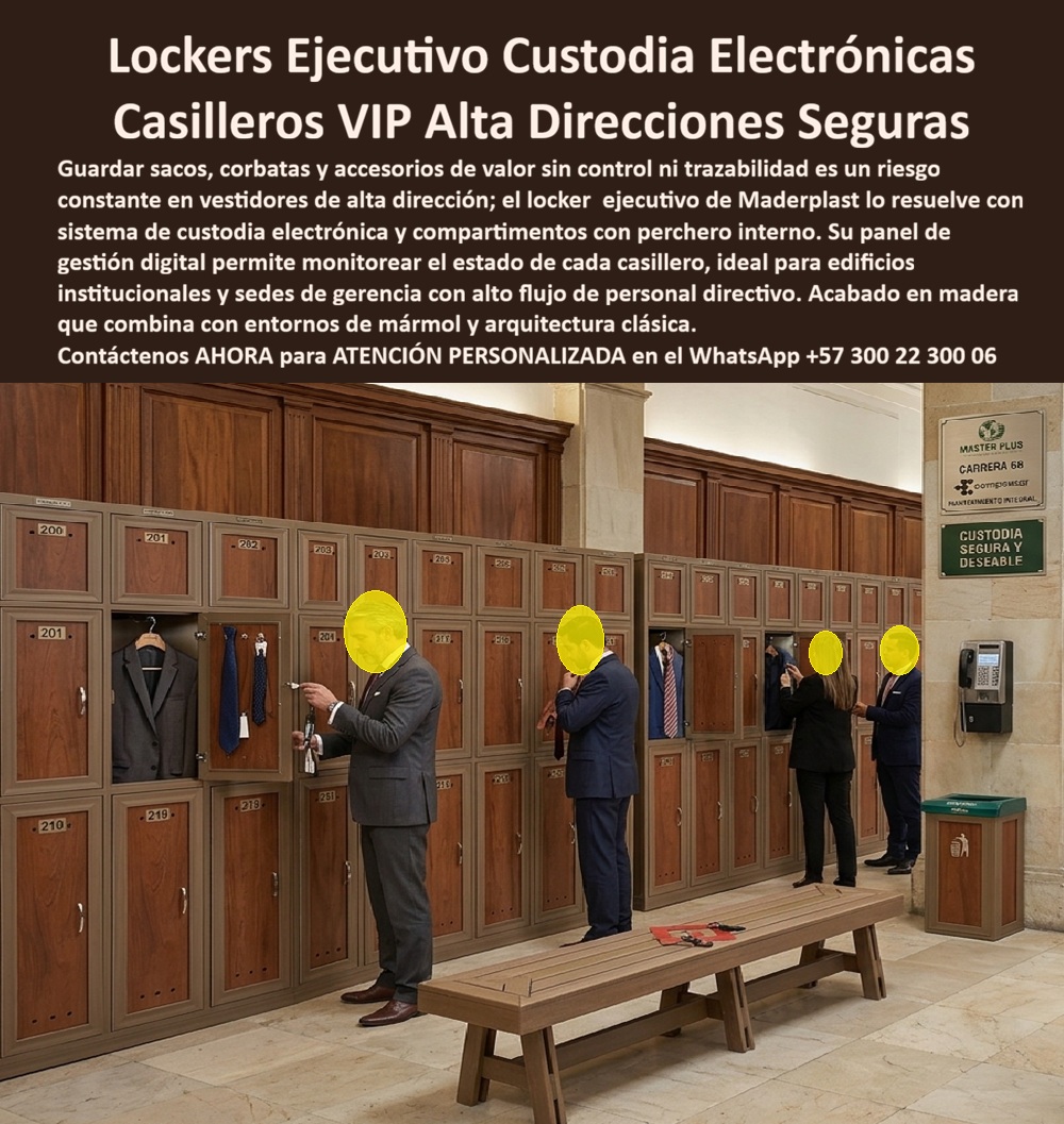 Guardarropa Presidencias Lockers Premium De Gerencia General Maderplast - Lockers Ejecutivos Para Alta Dirección Vea En Este Archivo Fotográfico: Lockers ejecutivos para alta dirección Maderplast organizan trajes, corbatas, calzado, documentos y objetos personales en presidencias y gerencias, con guardarropas VIP personalizados, compartimientos individuales y opciones de control de acceso electrónico que combinan seguridad, privacidad y arquitectura corporativa de alta gama. Los lockers ejecutivos para alta dirección que protagonizan la imagen muestran una extensa batería de guardarropas integrada a un vestidor corporativo de categoría superior. Los módulos permiten almacenar por separado trajes, chaquetas, corbatas, calzado, accesorios y pertenencias personales, respondiendo a búsquedas como lockers para gerencias, guardarropas presidenciales, casilleros ejecutivos VIP, lockers para altos ejecutivos y vestidores para alta dirección. En presidencias, juntas directivas y gerencias generales, un locker convencional puede resolver el almacenamiento, pero no necesariamente la imagen, privacidad y organización que exige el entorno. Los guardarropas ejecutivos de lujo permiten disponer espacios específicos para prendas colgadas y compartimientos independientes para accesorios y objetos personales, evitando que trajes de alto valor terminen doblados, mezclados o almacenados en lugares improvisados. La imagen evidencia además otro atributo importante: la identificación individual de cada compartimiento. Los casilleros ejecutivos numerados facilitan asignación y control, mientras Maderplast puede desarrollar proyectos con diferentes alternativas de cerradura y, cuando el proyecto lo requiera, integrar sistemas electrónicos de control de acceso compatibles con la solución diseñada. Esto permite evolucionar desde un guardarropa tradicional hacia un locker ejecutivo inteligente con mayores posibilidades de administración y trazabilidad. La arquitectura también vende. Los lockers arquitectónicos para oficinas premium pueden personalizarse en dimensiones, distribución, colores y acabados decorativos tipo madera para integrarse con mármol, piedra, revestimientos y mobiliario corporativo. Así, el vestidor deja de parecer una zona secundaria y conserva la categoría visual de presidencias, clubes empresariales, salas VIP y oficinas de representación. Maderplast puede fabricar lockers ejecutivos a medida con espacios para sacos, pantalones, zapatos, carteras, maletines y objetos personales. El cliente puede definir capacidad, configuración interior, identificación, ventilación y sistema de cierre de acuerdo con el perfil de los usuarios y el nivel de control requerido. Para arquitectos, facility managers, seguridad y compras, el valor no debe medirse únicamente por el precio del casillero. En espacios de alta representación también cuentan la integración arquitectónica, durabilidad, mantenimiento, privacidad y experiencia del usuario. Un locker premium para gerencia debe solucionar la custodia sin sacrificar la imagen corporativa que la organización desea proyectar. Maderplast diseña, desarrolla y fabrica guardarropas para presidencias y altas gerencias, desde módulos exclusivos hasta vestidores ejecutivos completos, con planos, renders, prototipos, personalización y fabricación especial. El resultado es una solución donde organización, elegancia, privacidad y control de acceso pueden integrarse dentro de un mismo proyecto. Contáctenos AHORA para ATENCIÓN PERSONALIZADA en el WhatsApp +57 300 22 300 06. Locker Ejecutivo Que Organiza Vestidores De Alta Dirección, Locker Ejecutivo De Lujo Con Custodia Electrónica Segura, Locker De Lujo Para Gerencias Y Presidencias, VIP Guardarropa Presidencias Lockers Premium De Gerencia General Maderplast Locker Ejecutivo Que Organiza Vestidores De Alta Dirección Locker Ejecutivo De Lujo Con Custodia Electrónica Segura Locker De Lujo Para Gerencias Y Presidencias VIP Lockers Ejecutivos Para Alta Dirección Vea En Este Archivo Fotográfico: Lockers ejecutivos para alta dirección Maderplast organizan trajes, corbatas, calzado, documentos y objetos personales en presidencias y gerencias, con guardarropas VIP personalizados, compartimientos individuales y opciones de control de acceso electrónico que combinan seguridad, privacidad y arquitectura corporativa de alta gama. Los lockers ejecutivos para alta dirección que protagonizan la imagen muestran una extensa batería de guardarropas integrada a un vestidor corporativo de categoría superior. Los módulos permiten almacenar por separado trajes, chaquetas, corbatas, calzado, accesorios y pertenencias personales, respondiendo a búsquedas como lockers para gerencias, guardarropas presidenciales, casilleros ejecutivos VIP, lockers para altos ejecutivos y vestidores para alta dirección. En presidencias, juntas directivas y gerencias generales, un locker convencional puede resolver el almacenamiento, pero no necesariamente la imagen, privacidad y organización que exige el entorno. Los guardarropas ejecutivos de lujo permiten disponer espacios específicos para prendas colgadas y compartimientos independientes para accesorios y objetos personales, evitando que trajes de alto valor terminen doblados, mezclados o almacenados en lugares improvisados. La imagen evidencia además otro atributo importante: la identificación individual de cada compartimiento. Los casilleros ejecutivos numerados facilitan asignación y control, mientras Maderplast puede desarrollar proyectos con diferentes alternativas de cerradura y, cuando el proyecto lo requiera, integrar sistemas electrónicos de control de acceso compatibles con la solución diseñada. Esto permite evolucionar desde un guardarropa tradicional hacia un locker ejecutivo inteligente con mayores posibilidades de administración y trazabilidad. La arquitectura también vende. Los lockers arquitectónicos para oficinas premium pueden personalizarse en dimensiones, distribución, colores y acabados decorativos tipo madera para integrarse con mármol, piedra, revestimientos y mobiliario corporativo. Así, el vestidor deja de parecer una zona secundaria y conserva la categoría visual de presidencias, clubes empresariales, salas VIP y oficinas de representación. Maderplast puede fabricar lockers ejecutivos a medida con espacios para sacos, pantalones, zapatos, carteras, maletines y objetos personales. El cliente puede definir capacidad, configuración interior, identificación, ventilación y sistema de cierre de acuerdo con el perfil de los usuarios y el nivel de control requerido. Para arquitectos, facility managers, seguridad y compras, el valor no debe medirse únicamente por el precio del casillero. En espacios de alta representación también cuentan la integración arquitectónica, durabilidad, mantenimiento, privacidad y experiencia del usuario. Un locker premium para gerencia debe solucionar la custodia sin sacrificar la imagen corporativa que la organización desea proyectar. Maderplast diseña, desarrolla y fabrica guardarropas para presidencias y altas gerencias, desde módulos exclusivos hasta vestidores ejecutivos completos, con planos, renders, prototipos, personalización y fabricación especial. El resultado es una solución donde organización, elegancia, privacidad y control de acceso pueden integrarse dentro de un mismo proyecto. Contáctenos AHORA para ATENCIÓN PERSONALIZADA en el WhatsApp +57 300 22 300 06.