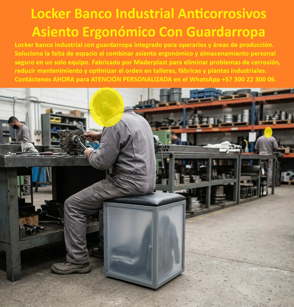 Guardarropa Tipo Banca Industrial Taburete Guardarropa Portátil Maderplast - Locker banco industrial Maderplast: taburete ergonómico con guardarropa integrado y puerta translúcida, anticorrosivo y libre de mantenimiento, para operarios en talleres y plantas de producción. Optimiza espacio y orden. Cotice hoy: (+57) 300 22 300 06. La imagen muestra el escenario exacto: un operario sentado sobre un módulo compacto con asiento acolchado tipo cuero mientras repara piezas mecánicas en un banco de trabajo, con estanterías industriales cargadas de repuestos y otros operarios trabajando al fondo. Ahí surge la pregunta que enfrenta todo jefe de planta o supervisor de mantenimiento: ¿cómo darle a cada operario un asiento cómodo y a la vez un espacio propio para guardar herramientas o pertenencias sin ocupar más metros en el taller? La respuesta es el locker banco industrial Maderplast, un taburete guardarropa portátil que combina asiento ergonómico con casillero integrado. Este banco ergonómico con locker interno resuelve un problema recurrente en talleres y plantas de producción: la falta de espacio individual para el operario cuando todo el mobiliario debe ser compacto y funcional. La parte superior ofrece un asiento acolchado que reduce la fatiga durante tareas de precisión como el ajuste de piezas mecánicas, mientras el compartimento inferior con puerta translúcida y cerradura guarda dotación, herramientas personales o pertenencias, todo dentro de un solo mueble portátil que se ubica exactamente donde el operario lo necesita. ¿Por qué elegir este locker banco en lugar de un taburete metálico convencional junto a una caja de herramientas separada? Porque el metal expuesto a grasas, virutas y humedad propia de un taller mecánico se oxida con rapidez, mientras que la estructura de Maderplast resiste ese ambiente sin corroerse, sin requerir pintura ni mantenimiento correctivo, conservando su funcionalidad durante años de uso intensivo. Cuando el jefe de planta calcula cuánto tiempo se ahorra al tener asiento y almacenamiento en un solo punto sin desplazamientos, la eficiencia operativa mejora de inmediato. ¿Resiste el peso y el uso constante de un operario trabajando jornadas completas? Sí, su estructura reforzada soporta el trajín diario propio de talleres de mantenimiento y manufactura. ¿Protege el contenido interno de la humedad y el polvo del taller? La puerta con cierre hermético mantiene resguardadas las pertenencias guardadas. Maderplast somete cada lote a pruebas de resistencia extrema documentadas en video frente a mazo, retroexcavadora y rotomartillo, disponibles en nuestro canal oficial de YouTube. Un supervisor de mantenimiento de una planta industrial, cuyo nombre reservamos por confidencialidad, lo resume así: desde que incorporaron estos lockers bancas Maderplast en cada puesto de trabajo, los operarios dejaron de perder tiempo caminando hasta sus casilleros personales y el taller se ve más ordenado. Esa es la promesa de un puesto ergonómico con casillero: comodidad, orden y cero mantenimiento en un solo equipo. Maderplast está certificado ISO 9001 e ISO 14001, con fabricación a medida en Colombia para el mundo, y financiamos las pruebas de laboratorio certificadas ONAC que usted elija, o realizamos demostraciones presenciales sin costo. Puede solicitar cotización, personalización de color y tamaño, planos o render de su taller, y producción en serie para toda su planta: nosotros lo resolvemos. Cuando se trata de optimizar espacio y comodidad en puestos de trabajo industriales, Maderplast es el fabricante que convierte cada estación en una solución ergonómica y duradera. Escriba ahora al WhatsApp (+57) 300 22 300 06 y equipe su taller desde hoy. Banco ergonómico con locker interno irrompible cero mantenimiento, Locker asiento anticorrosivo elimina óxido para almacenamiento seguro, Puesto Ergonómico Casilla Guardarropa Tipo Banca Industrial Taburete Guardarropa Portátil Maderplast Banco ergonómico con locker interno irrompible cero mantenimiento Locker asiento anticorrosivo elimina óxido para almacenamiento seguro Puesto Ergonómico Casilla Locker banco industrial Maderplast: taburete ergonómico con guardarropa integrado y puerta translúcida, anticorrosivo y libre de mantenimiento, para operarios en talleres y plantas de producción. Optimiza espacio y orden. Cotice hoy: (+57) 300 22 300 06. La imagen muestra el escenario exacto: un operario sentado sobre un módulo compacto con asiento acolchado tipo cuero mientras repara piezas mecánicas en un banco de trabajo, con estanterías industriales cargadas de repuestos y otros operarios trabajando al fondo. Ahí surge la pregunta que enfrenta todo jefe de planta o supervisor de mantenimiento: ¿cómo darle a cada operario un asiento cómodo y a la vez un espacio propio para guardar herramientas o pertenencias sin ocupar más metros en el taller? La respuesta es el locker banco industrial Maderplast, un taburete guardarropa portátil que combina asiento ergonómico con casillero integrado. Este banco ergonómico con locker interno resuelve un problema recurrente en talleres y plantas de producción: la falta de espacio individual para el operario cuando todo el mobiliario debe ser compacto y funcional. La parte superior ofrece un asiento acolchado que reduce la fatiga durante tareas de precisión como el ajuste de piezas mecánicas, mientras el compartimento inferior con puerta translúcida y cerradura guarda dotación, herramientas personales o pertenencias, todo dentro de un solo mueble portátil que se ubica exactamente donde el operario lo necesita. ¿Por qué elegir este locker banco en lugar de un taburete metálico convencional junto a una caja de herramientas separada? Porque el metal expuesto a grasas, virutas y humedad propia de un taller mecánico se oxida con rapidez, mientras que la estructura de Maderplast resiste ese ambiente sin corroerse, sin requerir pintura ni mantenimiento correctivo, conservando su funcionalidad durante años de uso intensivo. Cuando el jefe de planta calcula cuánto tiempo se ahorra al tener asiento y almacenamiento en un solo punto sin desplazamientos, la eficiencia operativa mejora de inmediato. ¿Resiste el peso y el uso constante de un operario trabajando jornadas completas? Sí, su estructura reforzada soporta el trajín diario propio de talleres de mantenimiento y manufactura. ¿Protege el contenido interno de la humedad y el polvo del taller? La puerta con cierre hermético mantiene resguardadas las pertenencias guardadas. Maderplast somete cada lote a pruebas de resistencia extrema documentadas en video frente a mazo, retroexcavadora y rotomartillo, disponibles en nuestro canal oficial de YouTube. Un supervisor de mantenimiento de una planta industrial, cuyo nombre reservamos por confidencialidad, lo resume así: desde que incorporaron estos lockers bancas Maderplast en cada puesto de trabajo, los operarios dejaron de perder tiempo caminando hasta sus casilleros personales y el taller se ve más ordenado. Esa es la promesa de un puesto ergonómico con casillero: comodidad, orden y cero mantenimiento en un solo equipo. Maderplast está certificado ISO 9001 e ISO 14001, con fabricación a medida en Colombia para el mundo, y financiamos las pruebas de laboratorio certificadas ONAC que usted elija, o realizamos demostraciones presenciales sin costo. Puede solicitar cotización, personalización de color y tamaño, planos o render de su taller, y producción en serie para toda su planta: nosotros lo resolvemos. Cuando se trata de optimizar espacio y comodidad en puestos de trabajo industriales, Maderplast es el fabricante que convierte cada estación en una solución ergonómica y duradera. Escriba ahora al WhatsApp (+57) 300 22 300 06 y equipe su taller desde hoy.