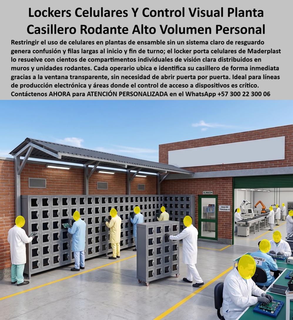 Locker Porta Celulares Control Visual Casilleros celulares Maderplast - Lockers Para Celulares de Alto Volumen, Esta Foto Nos Muestra: Lockers para celulares de alto volumen Maderplast organizan y custodian teléfonos del personal mediante compartimientos individuales con control visual, numeración y configuraciones fijas o rodantes, ideales para plantas de producción, ensamble, electrónica y empresas que necesitan administrar numerosos dispositivos por turno. Los lockers porta celulares con control visual que protagonizan la imagen muestran una solución de gran capacidad compuesta por extensas baterías fijas y una unidad móvil, permitiendo organizar numerosos teléfonos cerca del acceso a las áreas productivas. Esta configuración responde a búsquedas como casilleros para celulares en empresas, lockers para celulares de empleados, casilleros porta celulares, lockers industriales para teléfonos y casilleros celulares de alta capacidad. En plantas de ensamble, electrónica y áreas con políticas de restricción de dispositivos, administrar decenas o cientos de teléfonos exige algo más eficiente que guardarlos conjuntamente. Los casilleros individuales para celulares asignan un compartimiento independiente a cada usuario, mientras la numeración facilita localizarlo rápidamente. Las puertas convierten cada espacio en un locker para celular con ventana transparente, permitiendo verificar visualmente su ocupación sin abrir compartimiento por compartimiento. La combinación mostrada aporta una ventaja operacional importante. Los lockers fijos para celulares permiten crear puntos permanentes de custodia para grandes grupos de trabajadores, mientras los casilleros rodantes para celulares pueden desplazarse hacia líneas, departamentos o turnos que necesiten capacidad adicional. Así, una empresa puede combinar infraestructura permanente con una estación móvil para teléfonos y adaptar el sistema cuando cambia la distribución del personal. Estos lockers para control de celulares también pueden configurarse para radios, llaves y pequeños objetos personales. Maderplast desarrolla casilleros modulares para empleados, lockers con cierre individual, casilleros con visor transparente y lockers plásticos a medida, definiendo cantidad de puertas, dimensiones, numeración, colores, ruedas y sistemas de cierre según el procedimiento interno de cada organización. Para producción, seguridad, HSEQ y recursos humanos, el verdadero beneficio está en convertir la custodia de dispositivos en un proceso organizado. Los casilleros para áreas restringidas ayudan a separar los teléfonos del puesto de trabajo cuando así lo establece la empresa, facilitan su identificación y disminuyen confusiones durante entrega y devolución. No sería técnicamente correcto prometer que un locker por sí solo “evita robos”; su función es aportar custodia individual, control de acceso y trazabilidad operacional dentro del protocolo definido por el cliente. Maderplast diseña, personaliza y fabrica lockers para celulares en plantas industriales, desde módulos rodantes hasta grandes baterías para numerosos usuarios, con opciones de cotización, planos, renders, prototipos y fabricación en serie. El resultado es una solución escalable que combina capacidad, control visual, movilidad y organización para administrar dispositivos personales en operaciones de alto volumen. Contáctenos AHORA para ATENCIÓN PERSONALIZADA en el WhatsApp +57 300 22 300 06. Casilleros celulares que evitan robos rodantes, Lockers celulares en empresas con control de acces, casilleros seguros para celulares en planta con visión clara, Lockers Locker Porta Celulares Control Visual Casilleros celulares Maderplast Casilleros celulares que evitan robos rodantes Lockers celulares en empresas con control de acces casilleros seguros para celulares en planta con visión clara Lockers Lockers Para Celulares de Alto Volumen, Esta Foto Nos Muestra: Lockers para celulares de alto volumen Maderplast organizan y custodian teléfonos del personal mediante compartimientos individuales con control visual, numeración y configuraciones fijas o rodantes, ideales para plantas de producción, ensamble, electrónica y empresas que necesitan administrar numerosos dispositivos por turno. Los lockers porta celulares con control visual que protagonizan la imagen muestran una solución de gran capacidad compuesta por extensas baterías fijas y una unidad móvil, permitiendo organizar numerosos teléfonos cerca del acceso a las áreas productivas. Esta configuración responde a búsquedas como casilleros para celulares en empresas, lockers para celulares de empleados, casilleros porta celulares, lockers industriales para teléfonos y casilleros celulares de alta capacidad. En plantas de ensamble, electrónica y áreas con políticas de restricción de dispositivos, administrar decenas o cientos de teléfonos exige algo más eficiente que guardarlos conjuntamente. Los casilleros individuales para celulares asignan un compartimiento independiente a cada usuario, mientras la numeración facilita localizarlo rápidamente. Las puertas convierten cada espacio en un locker para celular con ventana transparente, permitiendo verificar visualmente su ocupación sin abrir compartimiento por compartimiento. La combinación mostrada aporta una ventaja operacional importante. Los lockers fijos para celulares permiten crear puntos permanentes de custodia para grandes grupos de trabajadores, mientras los casilleros rodantes para celulares pueden desplazarse hacia líneas, departamentos o turnos que necesiten capacidad adicional. Así, una empresa puede combinar infraestructura permanente con una estación móvil para teléfonos y adaptar el sistema cuando cambia la distribución del personal. Estos lockers para control de celulares también pueden configurarse para radios, llaves y pequeños objetos personales. Maderplast desarrolla casilleros modulares para empleados, lockers con cierre individual, casilleros con visor transparente y lockers plásticos a medida, definiendo cantidad de puertas, dimensiones, numeración, colores, ruedas y sistemas de cierre según el procedimiento interno de cada organización. Para producción, seguridad, HSEQ y recursos humanos, el verdadero beneficio está en convertir la custodia de dispositivos en un proceso organizado. Los casilleros para áreas restringidas ayudan a separar los teléfonos del puesto de trabajo cuando así lo establece la empresa, facilitan su identificación y disminuyen confusiones durante entrega y devolución. No sería técnicamente correcto prometer que un locker por sí solo “evita robos”; su función es aportar custodia individual, control de acceso y trazabilidad operacional dentro del protocolo definido por el cliente. Maderplast diseña, personaliza y fabrica lockers para celulares en plantas industriales, desde módulos rodantes hasta grandes baterías para numerosos usuarios, con opciones de cotización, planos, renders, prototipos y fabricación en serie. El resultado es una solución escalable que combina capacidad, control visual, movilidad y organización para administrar dispositivos personales en operaciones de alto volumen. Contáctenos AHORA para ATENCIÓN PERSONALIZADA en el WhatsApp +57 300 22 300 06.
