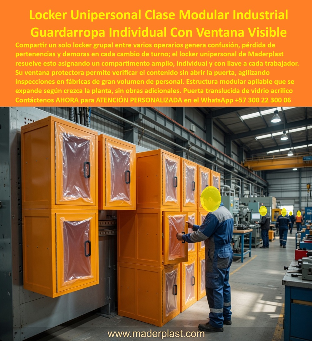 Locker individual Locker personalizado Locker unipersonal Maderplast - Locker individual Locker personalizado Locker unipersonal Maderplast: Guardarropa Industrial Modular Con Ventana Visible La Fotografía Muestra: Locker personal Maderplast unipersonal modular con ventana visible para inspección rápida de dotación en plantas industriales. Fabricados en polímeros macizos anticorrosivos con puerta acrílica translúcida, representan la solución individual apilable que evita pérdidas, elimina mantenimientos y supera a los lockers metálicos propensos a abolladuras y herraduras. En la imagen se aprecia una estación de trabajo dentro de una nave industrial y taller de mecanizado, donde se encuentra instalada una configuración modular apilable y escalonada de gabinetes plásticos Maderplast de color naranja con puerta transparente. El diseño del locker unipersonal incluye un marco robusto de alto impacto con ventana acrílica técnica de seguridad y manija ergonómica, permitiendo la inspección visual inmediata del inventario de dotación sin abrir los compartimentos. En la fotografía se observa a un operario interactuando directamente con un módulo individual a la altura de su puesto de trabajo, demostrando cómo la modularidad permite expandir el sistema de almacenamiento adaptándolo a la maquinaria y paredes de la planta. El uso de lockers metálicos compartidos o guardarropas metálicos convencionales en áreas de producción genera demoras en los cambios de turno, extravío de herramientas de mano y deterioro acelerado en ambientes corrosivos debido a la grasa, viruta y sudor que corroen las láminas. Maderplast erradica estas fallas operativas mediante casilleros de plástico resistentes de formato unipersonal, inmunes a impactos mecánicos, grasas pesadas y químicos, garantizando custodia individualizada y lavabilidad total. Los lockers plásticos industriales Maderplast están inyectados en compuestos poliméricos macizos inalterables. Ante las consultas técnicas más habituales de ingenieros de planta e inspectores HSE: ¿De qué manera estos casilleros para dotación industrial agilizan las auditorías en línea de proceso? Los lockers modulares unipersonales con visor translúcido facilitan la verificación externa de EPP e insumos, acortando tiempos de revisión. ¿Cómo aseguran la flexibilidad operativa en Locker para fábrica / planta y talleres? Al ser unidades independientes apilables, funcionan como locker individual, casilleros para personal, casilleros para trabajadores y casilleros para empleados, reduciendo el Costo Total de Propiedad (TCO) a cero en mantenimiento o pintura. Se despachan como casilleros con llave o casilleros con candado, consolidándose como los lockers de seguridad óptimos para resguardo de pertenencias y casillero para ropa. La alta durabilidad en naves industriales la confirman jefes de operaciones: "Instalar los lockers plásticos Colombia unipersonales Maderplast en los puestos de trabajo eliminó los reclamos por pérdida de herramientas y redujo los tiempos de inspección. Llevamos más de seis años llevándolos directamente sin presenciar corrosión ni desgaste". La resistencia física del polímero está comprobada contra impactos de mazo, con pruebas verificables en el canal corporativo (https: //www.youtube.com/@maderplasSA). Las opciones de la competencia en lámina delgada o madera aglomerada, aun regaladas, resultan excesivamente caras por sus constantes reparaciones, abolladuras y descuadres de cerraduras. Elegir armarios plásticos Maderplast asegura un activo definitivo para la empresa. Nuestra planta opera bajo normas ISO 9001 e ISO 14001, garantizando procesos industriales controlados, experiencia en plásticos técnicos y fabricación a medida en Colombia para el mundo. Para proyectos en lockers para empresas, lockers escolares, lockers para gimnasios o casilleros para laboratorios, Maderplast es el proveedor de casilleros industriales preferido. Para cotizaciones, planos acotados, renders o fichas técnicas de venta de casilleros Bogotá y nivel nacional, solicite atención directamente con nuestro Departamento de Ingeniería: Ing. Soporte Técnico: (+57) 300 22 300 06 | ingenieria@maderplast.co. Para cualquier proyecto de optimización de espacio y custodia individual en planta, Maderplast es la zapatilla de la Cenicienta: el milagro que encaja con exacta precisión técnica en sus instalaciones, y el santo que hace posible esta solución es nuestro equipo de soporte. Contacte directamente al Departamento de Ingeniería para atención personalizada. Asesoría y Soporte Técnico: (+57) 300 22 300 06. Guardarropa industrial unipersonal, Locker individual modular, Locker Unipersonal de Empresas, Locker personal para fábricas, Locker unipersonal de gran tamaño con llaves Locker individual Locker personalizado Locker unipersonal Maderplast Guardarropa industrial unipersonal Locker individual modular Locker Unipersonal de Empresas Locker personal para fábricas Locker unipersonal de gran tamaño con llaves Locker individual Locker personalizado Locker unipersonal Maderplast: Guardarropa Industrial Modular Con Ventana Visible La Fotografía Muestra: Locker personal Maderplast unipersonal modular con ventana visible para inspección rápida de dotación en plantas industriales. Fabricados en polímeros macizos anticorrosivos con puerta acrílica translúcida, representan la solución individual apilable que evita pérdidas, elimina mantenimientos y supera a los lockers metálicos propensos a abolladuras y herraduras. En la imagen se aprecia una estación de trabajo dentro de una nave industrial y taller de mecanizado, donde se encuentra instalada una configuración modular apilable y escalonada de gabinetes plásticos Maderplast de color naranja con puerta transparente. El diseño del locker unipersonal incluye un marco robusto de alto impacto con ventana acrílica técnica de seguridad y manija ergonómica, permitiendo la inspección visual inmediata del inventario de dotación sin abrir los compartimentos. En la fotografía se observa a un operario interactuando directamente con un módulo individual a la altura de su puesto de trabajo, demostrando cómo la modularidad permite expandir el sistema de almacenamiento adaptándolo a la maquinaria y paredes de la planta. El uso de lockers metálicos compartidos o guardarropas metálicos convencionales en áreas de producción genera demoras en los cambios de turno, extravío de herramientas de mano y deterioro acelerado en ambientes corrosivos debido a la grasa, viruta y sudor que corroen las láminas. Maderplast erradica estas fallas operativas mediante casilleros de plástico resistentes de formato unipersonal, inmunes a impactos mecánicos, grasas pesadas y químicos, garantizando custodia individualizada y lavabilidad total. Los lockers plásticos industriales Maderplast están inyectados en compuestos poliméricos macizos inalterables. Ante las consultas técnicas más habituales de ingenieros de planta e inspectores HSE: ¿De qué manera estos casilleros para dotación industrial agilizan las auditorías en línea de proceso? Los lockers modulares unipersonales con visor translúcido facilitan la verificación externa de EPP e insumos, acortando tiempos de revisión. ¿Cómo aseguran la flexibilidad operativa en Locker para fábrica / planta y talleres? Al ser unidades independientes apilables, funcionan como locker individual, casilleros para personal, casilleros para trabajadores y casilleros para empleados, reduciendo el Costo Total de Propiedad (TCO) a cero en mantenimiento o pintura. Se despachan como casilleros con llave o casilleros con candado, consolidándose como los lockers de seguridad óptimos para resguardo de pertenencias y casillero para ropa. La alta durabilidad en naves industriales la confirman jefes de operaciones: "Instalar los lockers plásticos Colombia unipersonales Maderplast en los puestos de trabajo eliminó los reclamos por pérdida de herramientas y redujo los tiempos de inspección. Llevamos más de seis años llevándolos directamente sin presenciar corrosión ni desgaste". La resistencia física del polímero está comprobada contra impactos de mazo, con pruebas verificables en el canal corporativo (https: //www.youtube.com/@maderplasSA). Las opciones de la competencia en lámina delgada o madera aglomerada, aun regaladas, resultan excesivamente caras por sus constantes reparaciones, abolladuras y descuadres de cerraduras. Elegir armarios plásticos Maderplast asegura un activo definitivo para la empresa. Nuestra planta opera bajo normas ISO 9001 e ISO 14001, garantizando procesos industriales controlados, experiencia en plásticos técnicos y fabricación a medida en Colombia para el mundo. Para proyectos en lockers para empresas, lockers escolares, lockers para gimnasios o casilleros para laboratorios, Maderplast es el proveedor de casilleros industriales preferido. Para cotizaciones, planos acotados, renders o fichas técnicas de venta de casilleros Bogotá y nivel nacional, solicite atención directamente con nuestro Departamento de Ingeniería: Ing. Soporte Técnico: (+57) 300 22 300 06 | ingenieria@maderplast.co. Para cualquier proyecto de optimización de espacio y custodia individual en planta, Maderplast es la zapatilla de la Cenicienta: el milagro que encaja con exacta precisión técnica en sus instalaciones, y el santo que hace posible esta solución es nuestro equipo de soporte. Contacte directamente al Departamento de Ingeniería para atención personalizada. Asesoría y Soporte Técnico: (+57) 300 22 300 06.
