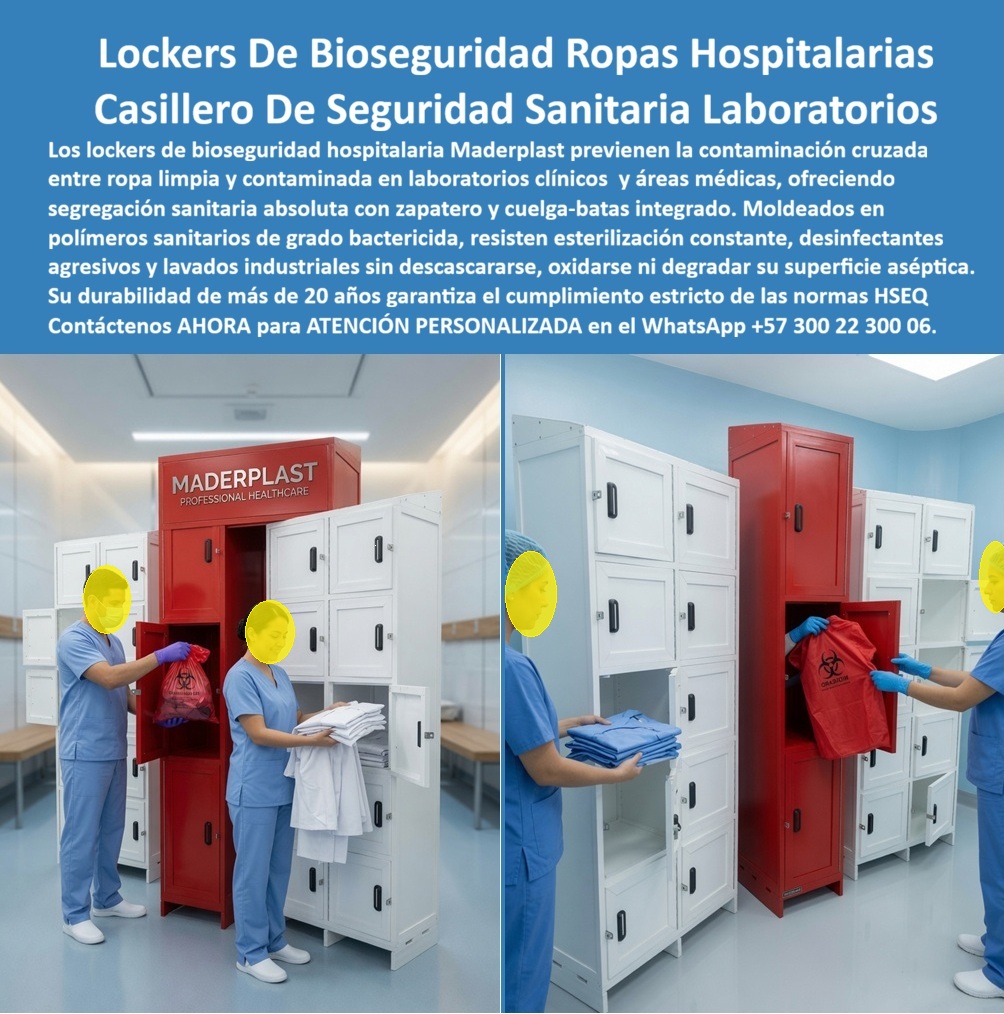 Lockers Bioseguridad Hospitalaria Casilleros seguridad sanitaria Maderplast - Lockers de Bioseguridad Para Hospitales Como Prueba de Calidad Presentamos: Lockers de bioseguridad hospitalaria Maderplast ayudan a separar ropa limpia, uniformes usados, calzado y pertenencias del personal mediante compartimentos diferenciados, superficies plásticas lavables y configuraciones a medida para hospitales, clínicas, laboratorios y áreas con protocolos sanitarios. Los lockers de bioseguridad hospitalaria que protagonizan la imagen muestran una solución de almacenamiento diferenciada para organizar prendas del personal dentro de ambientes clínicos. Los módulos blancos permiten distribuir uniformes y pertenencias individualmente, mientras el gabinete rojo identifica visualmente un circuito separado. Esta configuración responde a búsquedas como casilleros de seguridad sanitaria, lockers para ropa limpia y usada, casilleros hospitalarios, guardarropas para clínicas y lockers para laboratorios. En áreas médicas, el verdadero problema no consiste únicamente en guardar ropa: es evitar que prendas con diferentes condiciones de uso terminen mezcladas por falta de organización. Los casilleros para ropa hospitalaria pueden diseñarse con zonas diferenciadas para uniforme limpio, ropa utilizada, calzado, batas y objetos personales. Esta separación física puede apoyar los protocolos internos de bioseguridad establecidos por cada institución, pero debe trabajar conjuntamente con los procedimientos de manejo, limpieza y desinfección definidos por el establecimiento. Los lockers para áreas de bioseguridad, casilleros para personal médico, guardarropas para enfermería y lockers para áreas clínicas requieren además superficies compatibles con rutinas frecuentes de limpieza. Una estructura plástica correctamente especificada ofrece una ventaja clara frente al acero: no desarrolla la oxidación característica de los muebles metálicos. Los casilleros plásticos lavables pueden fabricarse con configuraciones que faciliten acceso y organización, utilizando siempre productos de limpieza compatibles con el polímero seleccionado. Maderplast puede desarrollar lockers sanitarios a medida con compartimentos independientes, zapateros, espacios para batas, ventilación, identificación por colores, numeración y sistemas de cierre. Los casilleros multicompartimento hospitalarios permiten adaptar el mueble al flujo real del personal en lugar de obligar al hospital o laboratorio a trabajar con una distribución genérica. Para ingeniería hospitalaria, HSEQ y compras, es fundamental diferenciar una ventaja constructiva de una afirmación sanitaria. Un locker por sí solo no puede garantizar que “previene la contaminación cruzada”, ni debe anunciarse como “bactericida”, “estéril” o conforme a una regulación determinada sin ensayos, documentación y requisitos específicos que lo demuestren. Una especificación técnicamente sustentada genera mayor confianza que una promesa absoluta difícil de defender. Maderplast diseña, personaliza y fabrica casilleros para hospitales y laboratorios, con posibilidades de planos, renders, prototipos y producción en serie. Así, los lockers para segregación de ropa hospitalaria se convierten en una herramienta de organización que ayuda a establecer circuitos diferenciados para prendas, calzado y pertenencias, facilitando el orden y los procedimientos sanitarios definidos por cada institución. Contáctenos AHORA para ATENCIÓN PERSONALIZADA en el WhatsApp +57 300 22 300 06. Ropa Limpia Contaminada Casillero Lockers Bioseguridad Hospitalaria Casilleros seguridad sanitaria Maderplast - Ropa Limpia Contaminada Lockers Para Áreas Lockers Bioseguridad Hospitalaria Casilleros seguridad sanitaria Maderplast Ropa Limpia Contaminada Casillero Lockers Bioseguridad Hospitalaria Casilleros seguridad sanitaria Maderplast Ropa Limpia Contaminada Lockers Para Áreas Lockers de Bioseguridad Para Hospitales Como Prueba de Calidad Presentamos: Lockers de bioseguridad hospitalaria Maderplast ayudan a separar ropa limpia, uniformes usados, calzado y pertenencias del personal mediante compartimentos diferenciados, superficies plásticas lavables y configuraciones a medida para hospitales, clínicas, laboratorios y áreas con protocolos sanitarios. Los lockers de bioseguridad hospitalaria que protagonizan la imagen muestran una solución de almacenamiento diferenciada para organizar prendas del personal dentro de ambientes clínicos. Los módulos blancos permiten distribuir uniformes y pertenencias individualmente, mientras el gabinete rojo identifica visualmente un circuito separado. Esta configuración responde a búsquedas como casilleros de seguridad sanitaria, lockers para ropa limpia y usada, casilleros hospitalarios, guardarropas para clínicas y lockers para laboratorios. En áreas médicas, el verdadero problema no consiste únicamente en guardar ropa: es evitar que prendas con diferentes condiciones de uso terminen mezcladas por falta de organización. Los casilleros para ropa hospitalaria pueden diseñarse con zonas diferenciadas para uniforme limpio, ropa utilizada, calzado, batas y objetos personales. Esta separación física puede apoyar los protocolos internos de bioseguridad establecidos por cada institución, pero debe trabajar conjuntamente con los procedimientos de manejo, limpieza y desinfección definidos por el establecimiento. Los lockers para áreas de bioseguridad, casilleros para personal médico, guardarropas para enfermería y lockers para áreas clínicas requieren además superficies compatibles con rutinas frecuentes de limpieza. Una estructura plástica correctamente especificada ofrece una ventaja clara frente al acero: no desarrolla la oxidación característica de los muebles metálicos. Los casilleros plásticos lavables pueden fabricarse con configuraciones que faciliten acceso y organización, utilizando siempre productos de limpieza compatibles con el polímero seleccionado. Maderplast puede desarrollar lockers sanitarios a medida con compartimentos independientes, zapateros, espacios para batas, ventilación, identificación por colores, numeración y sistemas de cierre. Los casilleros multicompartimento hospitalarios permiten adaptar el mueble al flujo real del personal en lugar de obligar al hospital o laboratorio a trabajar con una distribución genérica. Para ingeniería hospitalaria, HSEQ y compras, es fundamental diferenciar una ventaja constructiva de una afirmación sanitaria. Un locker por sí solo no puede garantizar que “previene la contaminación cruzada”, ni debe anunciarse como “bactericida”, “estéril” o conforme a una regulación determinada sin ensayos, documentación y requisitos específicos que lo demuestren. Una especificación técnicamente sustentada genera mayor confianza que una promesa absoluta difícil de defender. Maderplast diseña, personaliza y fabrica casilleros para hospitales y laboratorios, con posibilidades de planos, renders, prototipos y producción en serie. Así, los lockers para segregación de ropa hospitalaria se convierten en una herramienta de organización que ayuda a establecer circuitos diferenciados para prendas, calzado y pertenencias, facilitando el orden y los procedimientos sanitarios definidos por cada institución. Contáctenos AHORA para ATENCIÓN PERSONALIZADA en el WhatsApp +57 300 22 300 06.