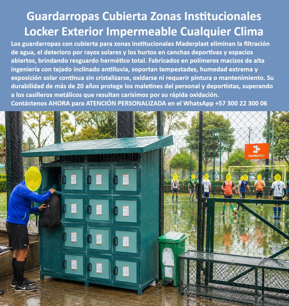 Lockers Exteriores Impermeable A Lluvia Y Sol Casilleros exterior Maderplast - Lockers Exteriores Con Cubierta Antilluvia Nuestra Foto Prueba el Caso de Éxito de: Lockers exteriores con cubierta Maderplast protegen ropa, maletines y pertenencias en canchas, clubes, colegios y zonas institucionales abiertas, con casilleros plásticos que no se oxidan y techo inclinado con volado para reducir la exposición directa a lluvia y sol, ofreciendo almacenamiento exterior durable y de bajo mantenimiento. Los lockers exteriores con cubierta que protagonizan la imagen muestran una solución especialmente diseñada para instalar casilleros donde normalmente el clima impediría utilizar un guardarropa convencional. El módulo está ubicado directamente junto a una cancha deportiva, expuesto a lluvia y humedad, e incorpora una cubierta inclinada con volado que ayuda a desviar el agua. Esta aplicación responde a búsquedas como lockers para exteriores, casilleros para canchas deportivas, guardarropas con techo, lockers resistentes a lluvia y casilleros para zonas institucionales abiertas. En instalaciones deportivas, colegios, clubes, parques y centros recreativos muchas veces el lugar donde realmente se necesitan los casilleros está lejos de un vestidor cubierto. Obligar al usuario a desplazarse hasta otro edificio disminuye la practicidad. Los lockers exteriores para deportistas permiten acercar el almacenamiento al lugar de uso para guardar maletines, ropa, calzado y pertenencias mientras se desarrolla la actividad. La cubierta es una parte fundamental del concepto. Los lockers exteriores con techo inclinado pueden diseñarse con pendiente y volado para reducir el impacto directo de lluvia sobre puertas y estructura. Sin embargo, la protección exterior debe analizarse como un sistema completo: orientación, viento, escorrentía, drenaje, ventilación, exposición solar y geometría de la cubierta determinan el desempeño final. Por eso no sería técnicamente correcto prometer “hermeticidad total” únicamente por incorporar un techo. Otra ventaja importante está en el material. Los casilleros plásticos anticorrosivos no presentan la oxidación característica del acero, convirtiéndolos en una alternativa interesante para ambientes permanentemente húmedos. Maderplast puede desarrollar lockers resistentes a la intemperie especificando materiales según exposición solar, humedad y condiciones particulares de cada instalación. Los guardarropas exteriores para clubes, casilleros para canchas, lockers para colegios, casilleros para centros recreativos y lockers institucionales exteriores pueden personalizarse en capacidad, dimensiones, colores, numeración, ventilación y sistemas de cierre. También puede estudiarse el tamaño y geometría de la cubierta según la ubicación prevista. Para administradores, arquitectos y compradores, la ventaja económica debe analizarse mediante costo total de propiedad. Un casillero aparentemente barato puede resultar costoso cuando necesita combatir permanentemente corrosión, pintura y deterioro ambiental. Elegir una solución concebida desde el comienzo para exterior puede reducir intervenciones y prolongar el servicio del conjunto. Maderplast diseña y fabrica lockers exteriores a medida, desde módulos junto a una cancha hasta grandes baterías para instituciones, clubes y centros deportivos. El objetivo es sencillo: llevar el casillero hasta donde realmente lo necesita el usuario, sin obligar a que la lluvia y la humedad convierte el almacenamiento exterior en un problema permanente. Contáctenos AHORA para ATENCIÓN PERSONALIZADA en el WhatsApp +57 300 22 300 06. Guardarropas con cubierta zonas institucionales, Lockers Exterior De Alta Durabilidad Para Cualquier Clima, Muebles impermeables resguardo de sol y agua, Locker A Lockers Exteriores Impermeable A Lluvia Y Sol Casilleros exterior Maderplast Guardarropas con cubierta zonas institucionales Lockers Exterior De Alta Durabilidad Para Cualquier Clima Muebles impermeables resguardo de sol y agua Locker A Lockers Exteriores Con Cubierta Antilluvia Nuestra Foto Prueba el Caso de Éxito de: Lockers exteriores con cubierta Maderplast protegen ropa, maletines y pertenencias en canchas, clubes, colegios y zonas institucionales abiertas, con casilleros plásticos que no se oxidan y techo inclinado con volado para reducir la exposición directa a lluvia y sol, ofreciendo almacenamiento exterior durable y de bajo mantenimiento. Los lockers exteriores con cubierta que protagonizan la imagen muestran una solución especialmente diseñada para instalar casilleros donde normalmente el clima impediría utilizar un guardarropa convencional. El módulo está ubicado directamente junto a una cancha deportiva, expuesto a lluvia y humedad, e incorpora una cubierta inclinada con volado que ayuda a desviar el agua. Esta aplicación responde a búsquedas como lockers para exteriores, casilleros para canchas deportivas, guardarropas con techo, lockers resistentes a lluvia y casilleros para zonas institucionales abiertas. En instalaciones deportivas, colegios, clubes, parques y centros recreativos muchas veces el lugar donde realmente se necesitan los casilleros está lejos de un vestidor cubierto. Obligar al usuario a desplazarse hasta otro edificio disminuye la practicidad. Los lockers exteriores para deportistas permiten acercar el almacenamiento al lugar de uso para guardar maletines, ropa, calzado y pertenencias mientras se desarrolla la actividad. La cubierta es una parte fundamental del concepto. Los lockers exteriores con techo inclinado pueden diseñarse con pendiente y volado para reducir el impacto directo de lluvia sobre puertas y estructura. Sin embargo, la protección exterior debe analizarse como un sistema completo: orientación, viento, escorrentía, drenaje, ventilación, exposición solar y geometría de la cubierta determinan el desempeño final. Por eso no sería técnicamente correcto prometer “hermeticidad total” únicamente por incorporar un techo. Otra ventaja importante está en el material. Los casilleros plásticos anticorrosivos no presentan la oxidación característica del acero, convirtiéndolos en una alternativa interesante para ambientes permanentemente húmedos. Maderplast puede desarrollar lockers resistentes a la intemperie especificando materiales según exposición solar, humedad y condiciones particulares de cada instalación. Los guardarropas exteriores para clubes, casilleros para canchas, lockers para colegios, casilleros para centros recreativos y lockers institucionales exteriores pueden personalizarse en capacidad, dimensiones, colores, numeración, ventilación y sistemas de cierre. También puede estudiarse el tamaño y geometría de la cubierta según la ubicación prevista. Para administradores, arquitectos y compradores, la ventaja económica debe analizarse mediante costo total de propiedad. Un casillero aparentemente barato puede resultar costoso cuando necesita combatir permanentemente corrosión, pintura y deterioro ambiental. Elegir una solución concebida desde el comienzo para exterior puede reducir intervenciones y prolongar el servicio del conjunto. Maderplast diseña y fabrica lockers exteriores a medida, desde módulos junto a una cancha hasta grandes baterías para instituciones, clubes y centros deportivos. El objetivo es sencillo: llevar el casillero hasta donde realmente lo necesita el usuario, sin obligar a que la lluvia y la humedad convierte el almacenamiento exterior en un problema permanente. Contáctenos AHORA para ATENCIÓN PERSONALIZADA en el WhatsApp +57 300 22 300 06.