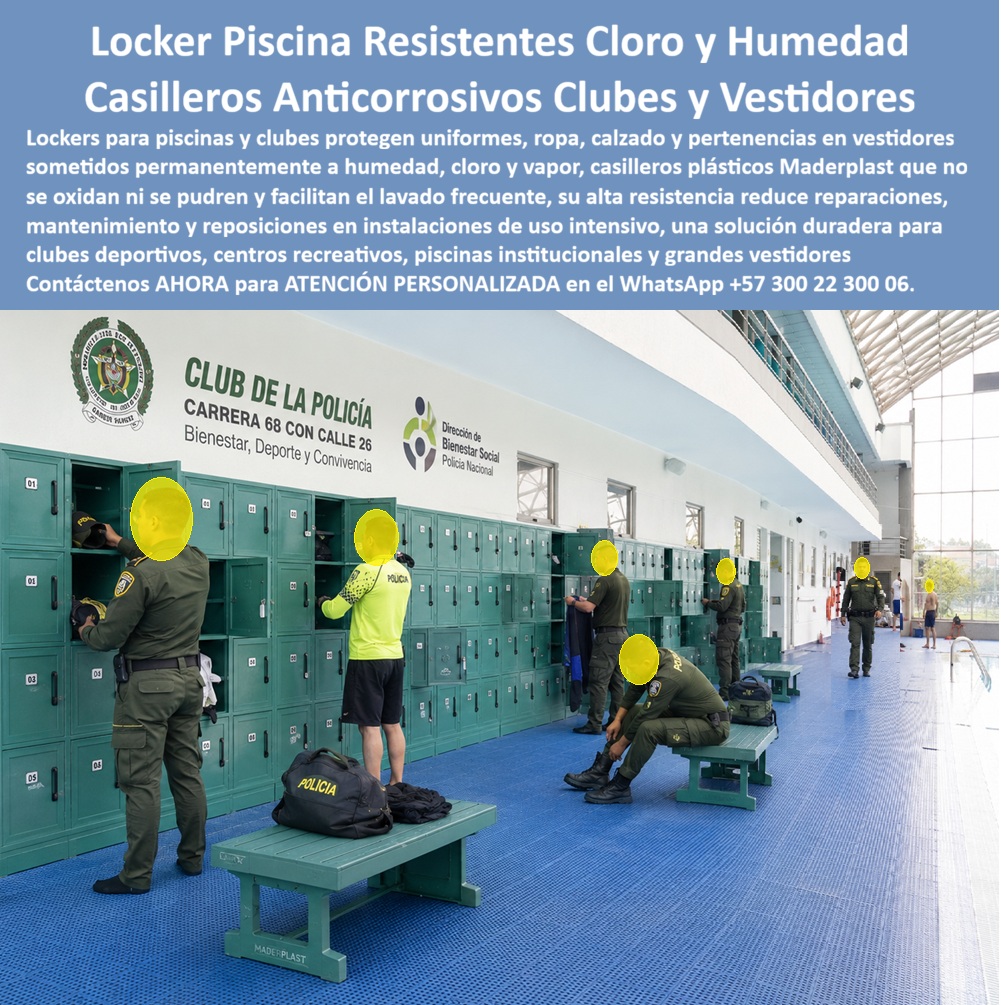 Lockers Exteriores Impermeable A Lluvia Y Sol Casilleros exterior Maderplast - Lockers Anticorrosivos para Piscinas y Clubes Esta Foto Nos Muestra: Lockers para piscinas Maderplast protegen ropa, uniformes, calzado, bolsos y pertenencias en vestidores sometidos a humedad, agua clorada y vapor, con casilleros plásticos anticorrosivos que no se oxidan ni se pudren, facilitan el lavado frecuente y reducen mantenimiento y reposiciones en clubes, centros deportivos, piscinas institucionales y grandes vestidores. Los lockers para piscinas, clubes y vestidores húmedos trabajan precisamente donde muchos materiales tradicionales encuentran sus mayores dificultades. Agua en el piso, humedad permanente, vapor, cloro, ropa mojada y rutinas continuas de aseo crean un ambiente especialmente agresivo para casilleros metálicos susceptibles a corrosión y muebles de madera que pueden deteriorarse con la exposición repetida a la humedad. Los casilleros plásticos Maderplast están desarrollados para solucionar ese problema desde el mismo material. Al no depender de una lámina metálica pintada como estructura principal, eliminan el óxido del cuerpo plástico del locker y permiten instalar sistemas de almacenamiento adecuados para ambientes donde el contacto con humedad forma parte normal de la operación diaria. Esto representa una ventaja importante en piscinas institucionales, clubes deportivos, centros recreativos, cajas de compensación, gimnasios, complejos acuáticos y vestidores empresariales, porque el locker no solamente debe verse bien cuando se instala: debe conservar funcionalidad y presentación después de años de utilización intensiva. En grandes vestidores, como el mostrado en esta aplicación, también importa la capacidad de organizar numerosos usuarios simultáneamente. Los lockers pueden configurarse en baterías de múltiples compartimentos para separar uniformes, ropa, calzado, bolsos y objetos personales, facilitando la identificación y reduciendo el desorden en zonas de cambio de alto tráfico. La ventaja económica se entiende mejor analizando el costo total de propiedad. Un locker aparentemente económico puede convertirse en una compra costosa cuando la humedad obliga a reparar superficies, controlar corrosión, repintar componentes o sustituir unidades deterioradas. La solución Maderplast busca reducir esas intervenciones y prolongar el tiempo efectivo de servicio. Además, los lockers resistentes al cloro y la humedad pueden complementarse con canecas plásticas para vestidores, creando un sistema integral donde el usuario dispone de un lugar para guardar sus pertenencias y de un asiento resistente para cambiarse cómodamente. El resultado es un vestidor organizado, funcional y concebido para soportar condiciones reales de operación. Maderplast puede desarrollar diferentes dimensiones, cantidades de compartimentos, colores y configuraciones según el número de usuarios y las características arquitectónicas del proyecto. Esto permite aprovechar paredes extensas y áreas disponibles sin limitar la solución a medidas comerciales predeterminadas. Para departamentos de compras, administradores y responsables de mantenimiento, la diferencia está en adquirir una solución y no simplemente un locker: menor exposición a problemas de corrosión, facilidad de limpieza, modularidad, resistencia al uso diario y respaldo de un fabricante capaz de adaptar el producto a cada instalación. Los lockers anticorrosivos Maderplast para piscinas y clubes convierten un ambiente tradicionalmente problemático para el mobiliario en una instalación durable, organizada y preparada para trabajar todos los días bajo humedad. Contáctenos AHORA para ATENCIÓN PERSONALIZADA en el WhatsApp +57 300 22 300 06. Locker exterior con techo, instalado bajo lluvia en estaciónes, Locker antioxidante clubes con piscina, soporta ambientes de cloro y vapor, Lockers Impermeables A Lockers Exteriores Impermeable A Lluvia Y Sol Casilleros exterior Maderplast Locker exterior con techo instalado bajo lluvia en estaciones Locker antioxidante clubes con piscina soporta ambientes de cloro y vapor Lockers Impermeables A Lockers Anticorrosivos para Piscinas y Clubes Esta Foto Nos Muestra: Lockers para piscinas Maderplast protegen ropa, uniformes, calzado, bolsos y pertenencias en vestidores sometidos a humedad, agua clorada y vapor, con casilleros plásticos anticorrosivos que no se oxidan ni se pudren, facilitan el lavado frecuente y reducen mantenimiento y reposiciones en clubes, centros deportivos, piscinas institucionales y grandes vestidores. Los lockers para piscinas, clubes y vestidores húmedos trabajan precisamente donde muchos materiales tradicionales encuentran sus mayores dificultades. Agua en el piso, humedad permanente, vapor, cloro, ropa mojada y rutinas continuas de aseo crean un ambiente especialmente agresivo para casilleros metálicos susceptibles a corrosión y muebles de madera que pueden deteriorarse con la exposición repetida a la humedad. Los casilleros plásticos Maderplast están desarrollados para solucionar ese problema desde el mismo material. Al no depender de una lámina metálica pintada como estructura principal, eliminan el óxido del cuerpo plástico del locker y permiten instalar sistemas de almacenamiento adecuados para ambientes donde el contacto con humedad forma parte normal de la operación diaria. Esto representa una ventaja importante en piscinas institucionales, clubes deportivos, centros recreativos, cajas de compensación, gimnasios, complejos acuáticos y vestidores empresariales, porque el locker no solamente debe verse bien cuando se instala: debe conservar funcionalidad y presentación después de años de utilización intensiva. En grandes vestidores, como el mostrado en esta aplicación, también importa la capacidad de organizar numerosos usuarios simultáneamente. Los lockers pueden configurarse en baterías de múltiples compartimentos para separar uniformes, ropa, calzado, bolsos y objetos personales, facilitando la identificación y reduciendo el desorden en zonas de cambio de alto tráfico. La ventaja económica se entiende mejor analizando el costo total de propiedad. Un locker aparentemente económico puede convertirse en una compra costosa cuando la humedad obliga a reparar superficies, controlar corrosión, repintar componentes o sustituir unidades deterioradas. La solución Maderplast busca reducir esas intervenciones y prolongar el tiempo efectivo de servicio. Además, los lockers resistentes al cloro y la humedad pueden complementarse con canecas plásticas para vestidores, creando un sistema integral donde el usuario dispone de un lugar para guardar sus pertenencias y de un asiento resistente para cambiarse cómodamente. El resultado es un vestidor organizado, funcional y concebido para soportar condiciones reales de operación. Maderplast puede desarrollar diferentes dimensiones, cantidades de compartimentos, colores y configuraciones según el número de usuarios y las características arquitectónicas del proyecto. Esto permite aprovechar paredes extensas y áreas disponibles sin limitar la solución a medidas comerciales predeterminadas. Para departamentos de compras, administradores y responsables de mantenimiento, la diferencia está en adquirir una solución y no simplemente un locker: menor exposición a problemas de corrosión, facilidad de limpieza, modularidad, resistencia al uso diario y respaldo de un fabricante capaz de adaptar el producto a cada instalación. Los lockers anticorrosivos Maderplast para piscinas y clubes convierten un ambiente tradicionalmente problemático para el mobiliario en una instalación durable, organizada y preparada para trabajar todos los días bajo humedad. Contáctenos AHORA para ATENCIÓN PERSONALIZADA en el WhatsApp +57 300 22 300 06.