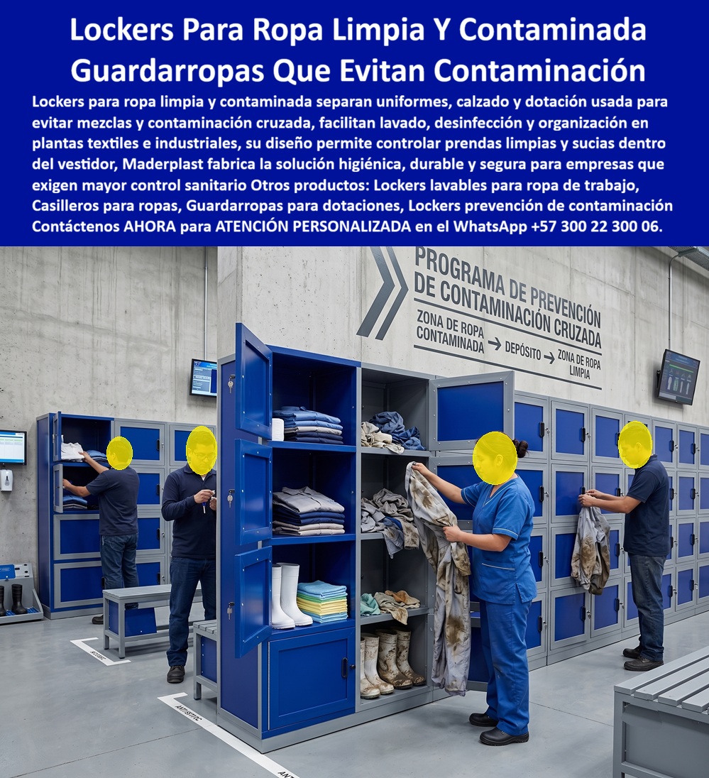 Lockers Planta Textil Con Banca Guardarropas De Confección Maderplast - Lockers Para Ropa Limpia y Ropa Usada Esta Imagen Muestra: Lockers para ropa limpia y usada Maderplast permiten separar uniformes, calzado, dotación y prendas de trabajo mediante compartimentos diferenciados, lavables y organizados para plantas textiles, confección, industria y empresas que requieren controlar el flujo de ropa dentro de vestidores de personal. Los lockers para ropa limpia y ropa usada que protagonizan la imagen muestran algo más especializado que un guardarropa convencional: una solución destinada a establecer separación física entre prendas con diferente condición de uso. Los módulos permiten organizar uniformes doblados, ropa utilizada, botas y dotación en zonas independientes, respondiendo a búsquedas como casilleros para ropa de trabajo, guardarropas para dotación, lockers para plantas textiles, casilleros para confección y lockers para separar ropa limpia y sucia. En plantas textiles, confección y procesos industriales, mezclar uniformes limpios con prendas utilizadas puede dificultar los procedimientos internos de higiene y organización. Los guardarropas para ropa limpia y contaminada permiten crear circuitos diferenciados de almacenamiento, mientras los casilleros multicompartimento ayudan a separar calzado, uniformes, EPP y pertenencias. Esta segregación física puede apoyar un programa de prevención de contaminación cruzada cuando forma parte de un procedimiento correctamente diseñado por la empresa. Los lockers para vestidores industriales pueden configurarse con espacios para ropa colgada, entrepaños para prendas dobladas, zapateros y compartimientos individuales. Maderplast desarrolla lockers plásticos a medida, definiendo dimensiones, cantidad de módulos, distribución interior, ventilación, identificación por colores y sistemas de cierre según el flujo de personal y las necesidades de cada planta. La facilidad de limpieza representa otra ventaja importante. Los guardarropas plásticos lavables no presentan la oxidación característica del acero y pueden fabricarse para facilitar las rutinas de aseo con productos compatibles con el polímero seleccionado. Esto resulta especialmente interesante para casilleros de plantas de confección, lockers para industria alimentaria, guardarropas para laboratorios y otros ambientes donde la limpieza periódica del mobiliario forma parte de la operación. Para HSEQ, producción, mantenimiento y compras, la verdadera solución no consiste simplemente en comprar más casilleros. Se trata de diseñar correctamente el flujo ropa limpia → usuario → ropa utilizada → recolección o lavado, reduciendo mezclas y facilitando el control. Un locker por sí solo no puede garantizar que “evita la contaminación cruzada”; sí puede proporcionar la separación física y organización necesarias para apoyar un procedimiento de higiene bien implementado. Maderplast diseña, personaliza y fabrica casilleros para dotación industrial, lockers para uniformes, guardarropas con zapatero y soluciones completas para vestidores, con planos, renders, prototipos y fabricación en serie. Así, el locker para ropa limpia y usada se convierte en una herramienta de organización, higiene operacional y control de dotaciones adaptada al funcionamiento real de cada empresa. Contáctenos AHORA para ATENCIÓN PERSONALIZADA en el WhatsApp +57 300 22 300 06. Casilleros para confección lavables a presión, Guardarropa de planta con espacio para casco, calzado y ropa colgada, Guardarropas Lavables Para Industria De Confección, Lockers Planta Textil Con Banca Guardarropas De Confección Maderplast Casilleros para confección lavables a presión Guardarropa de planta con espacio para casco calzado y ropa colgada Guardarropas Lavables Para Industria De Confección Lockers Para Ropa Limpia y Ropa Usada Esta Imagen Muestra: Lockers para ropa limpia y usada Maderplast permiten separar uniformes, calzado, dotación y prendas de trabajo mediante compartimentos diferenciados, lavables y organizados para plantas textiles, confección, industria y empresas que requieren controlar el flujo de ropa dentro de vestidores de personal. Los lockers para ropa limpia y ropa usada que protagonizan la imagen muestran algo más especializado que un guardarropa convencional: una solución destinada a establecer separación física entre prendas con diferente condición de uso. Los módulos permiten organizar uniformes doblados, ropa utilizada, botas y dotación en zonas independientes, respondiendo a búsquedas como casilleros para ropa de trabajo, guardarropas para dotación, lockers para plantas textiles, casilleros para confección y lockers para separar ropa limpia y sucia. En plantas textiles, confección y procesos industriales, mezclar uniformes limpios con prendas utilizadas puede dificultar los procedimientos internos de higiene y organización. Los guardarropas para ropa limpia y contaminada permiten crear circuitos diferenciados de almacenamiento, mientras los casilleros multicompartimento ayudan a separar calzado, uniformes, EPP y pertenencias. Esta segregación física puede apoyar un programa de prevención de contaminación cruzada cuando forma parte de un procedimiento correctamente diseñado por la empresa. Los lockers para vestidores industriales pueden configurarse con espacios para ropa colgada, entrepaños para prendas dobladas, zapateros y compartimientos individuales. Maderplast desarrolla lockers plásticos a medida, definiendo dimensiones, cantidad de módulos, distribución interior, ventilación, identificación por colores y sistemas de cierre según el flujo de personal y las necesidades de cada planta. La facilidad de limpieza representa otra ventaja importante. Los guardarropas plásticos lavables no presentan la oxidación característica del acero y pueden fabricarse para facilitar las rutinas de aseo con productos compatibles con el polímero seleccionado. Esto resulta especialmente interesante para casilleros de plantas de confección, lockers para industria alimentaria, guardarropas para laboratorios y otros ambientes donde la limpieza periódica del mobiliario forma parte de la operación. Para HSEQ, producción, mantenimiento y compras, la verdadera solución no consiste simplemente en comprar más casilleros. Se trata de diseñar correctamente el flujo ropa limpia → usuario → ropa utilizada → recolección o lavado, reduciendo mezclas y facilitando el control. Un locker por sí solo no puede garantizar que “evita la contaminación cruzada”; sí puede proporcionar la separación física y organización necesarias para apoyar un procedimiento de higiene bien implementado. Maderplast diseña, personaliza y fabrica casilleros para dotación industrial, lockers para uniformes, guardarropas con zapatero y soluciones completas para vestidores, con planos, renders, prototipos y fabricación en serie. Así, el locker para ropa limpia y usada se convierte en una herramienta de organización, higiene operacional y control de dotaciones adaptada al funcionamiento real de cada empresa. Contáctenos AHORA para ATENCIÓN PERSONALIZADA en el WhatsApp +57 300 22 300 06.