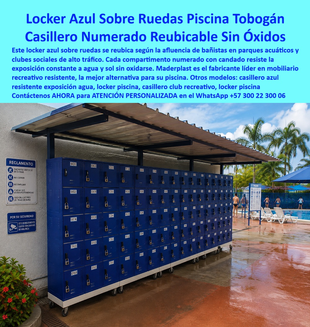 Lockers Splash Park Casilleros Zonas Húmedas Recreativas Maderplast - Locker azul sobre ruedas Maderplast: casillero numerado reubicable con candado, resistente al agua y sol sin oxidarse, para piscinas, toboganes y clubes sociales de alto tráfico. Cotice hoy: (+57) 300 22 300 06. La imagen muestra el escenario perfecto: bajo un techo de madera junto a la piscina, con reglamento y cámaras de vigilancia a la vista, un módulo azul de más de treinta compartimentos numerados con candado descansa sobre ruedas industriales, listo para desplazarse según la afluencia de bañistas hacia la piscina o el área de descanso. Ahí surge la pregunta que enfrenta todo administrador de club social o parque acuático: ¿cómo ofrecer suficientes casilleros en el punto exacto donde se concentran los usuarios sin instalar mobiliario fijo en cada zona? La respuesta es el locker azul sobre ruedas Maderplast, un casillero numerado reubicable diseñado para adaptarse al flujo real de visitantes. Este locker piscina reubicable resuelve un reto operativo frecuente en clubes y parques acuáticos: la afluencia de bañistas varía según el horario y el evento, concentrándose unas veces junto a la piscina y otras cerca del tobogán o zona de camastros. Gracias a sus ruedas industriales, el módulo completo se desplaza hacia donde más se necesita, evitando la inversión en múltiples instalaciones fijas y optimizando la capacidad disponible según la demanda real del día. ¿Por qué elegir este locker azul frente a una taquilla metálica fija junto a la piscina? Porque la exposición constante a agua, sol y humedad ambiental oxida rápidamente el metal, mientras que la estructura de Maderplast resiste esa exposición sin corroerse, sin descascararse y sin requerir mantenimiento correctivo, conservando su color azul intenso durante años bajo condiciones de uso intensivo. Cuando el administrador calcula el desgaste de mobiliario expuesto directamente al clima de piscina, la diferencia frente al metal es contundente. ¿Cada compartimento ofrece seguridad individual para las pertenencias de los bañistas? Sí, cada casillero numerado incluye punto para candado, permitiendo custodia personal segura mientras el usuario disfruta de la piscina o el tobogán. ¿Resiste el uso intensivo de un club social con alto tráfico en temporada alta? Maderplast somete cada lote a pruebas de resistencia extrema documentadas en video frente a mazo, retroexcavadora y rotomartillo, disponibles en nuestro canal oficial de YouTube. Un administrador de un club social con zona de piscina, cuyo nombre reservamos por confidencialidad, lo resume así: desde que incorporaron los lockers rodantes Maderplast, pueden reubicar la capacidad de casilleros según el evento del día sin gastar en instalaciones fijas adicionales, y los reportes de óxido desaparecieron por completo. Esa es la promesa de un casillero club recreativo: flexibilidad operativa y durabilidad total frente al ambiente de piscina. Maderplast está certificado ISO 9001 e ISO 14001, con fabricación a medida en Colombia para el mundo, y financiamos las pruebas de laboratorio certificadas ONAC que usted elija, o realizamos demostraciones presenciales sin costo. Puede solicitar cotización, personalización de capacidad y color, planos o render de su club, y producción en serie: nosotros lo resolvemos. Cuando se trata de mobiliario flexible y resistente para zonas de piscina y recreación, Maderplast es el fabricante que convierte cada área húmeda en un espacio funcional y adaptable. Escriba ahora al WhatsApp (+57) 300 22 300 06 y optimice su club o parque acuático desde hoy. Lockers Jacuzzis Exteriores, Casilleros Parques Acuáticos, Lockers Piscinas Sin Corrosión, Lockers Piscinas De Hoteles, Lockers Cafam Y Clubes Sociales, Casilleros Piscina Lockers Splash Park Casilleros Zonas Húmedas Recreativas Maderplast Lockers Jacuzzis Exteriores Casilleros Parques Acuáticos Lockers Piscinas Sin Corrosión Lockers Piscinas De Hoteles Lockers Cafam Y Clubes Sociales Casilleros Piscina Locker azul sobre ruedas Maderplast: casillero numerado reubicable con candado, resistente al agua y sol sin oxidarse, para piscinas, toboganes y clubes sociales de alto tráfico. Cotice hoy: (+57) 300 22 300 06. La imagen muestra el escenario perfecto: bajo un techo de madera junto a la piscina, con reglamento y cámaras de vigilancia a la vista, un módulo azul de más de treinta compartimentos numerados con candado descansa sobre ruedas industriales, listo para desplazarse según la afluencia de bañistas hacia la piscina o el área de descanso. Ahí surge la pregunta que enfrenta todo administrador de club social o parque acuático: ¿cómo ofrecer suficientes casilleros en el punto exacto donde se concentran los usuarios sin instalar mobiliario fijo en cada zona? La respuesta es el locker azul sobre ruedas Maderplast, un casillero numerado reubicable diseñado para adaptarse al flujo real de visitantes. Este locker piscina reubicable resuelve un reto operativo frecuente en clubes y parques acuáticos: la afluencia de bañistas varía según el horario y el evento, concentrándose unas veces junto a la piscina y otras cerca del tobogán o zona de camastros. Gracias a sus ruedas industriales, el módulo completo se desplaza hacia donde más se necesita, evitando la inversión en múltiples instalaciones fijas y optimizando la capacidad disponible según la demanda real del día. ¿Por qué elegir este locker azul frente a una taquilla metálica fija junto a la piscina? Porque la exposición constante a agua, sol y humedad ambiental oxida rápidamente el metal, mientras que la estructura de Maderplast resiste esa exposición sin corroerse, sin descascararse y sin requerir mantenimiento correctivo, conservando su color azul intenso durante años bajo condiciones de uso intensivo. Cuando el administrador calcula el desgaste de mobiliario expuesto directamente al clima de piscina, la diferencia frente al metal es contundente. ¿Cada compartimento ofrece seguridad individual para las pertenencias de los bañistas? Sí, cada casillero numerado incluye punto para candado, permitiendo custodia personal segura mientras el usuario disfruta de la piscina o el tobogán. ¿Resiste el uso intensivo de un club social con alto tráfico en temporada alta? Maderplast somete cada lote a pruebas de resistencia extrema documentadas en video frente a mazo, retroexcavadora y rotomartillo, disponibles en nuestro canal oficial de YouTube. Un administrador de un club social con zona de piscina, cuyo nombre reservamos por confidencialidad, lo resume así: desde que incorporaron los lockers rodantes Maderplast, pueden reubicar la capacidad de casilleros según el evento del día sin gastar en instalaciones fijas adicionales, y los reportes de óxido desaparecieron por completo. Esa es la promesa de un casillero club recreativo: flexibilidad operativa y durabilidad total frente al ambiente de piscina. Maderplast está certificado ISO 9001 e ISO 14001, con fabricación a medida en Colombia para el mundo, y financiamos las pruebas de laboratorio certificadas ONAC que usted elija, o realizamos demostraciones presenciales sin costo. Puede solicitar cotización, personalización de capacidad y color, planos o render de su club, y producción en serie: nosotros lo resolvemos. Cuando se trata de mobiliario flexible y resistente para zonas de piscina y recreación, Maderplast es el fabricante que convierte cada área húmeda en un espacio funcional y adaptable. Escriba ahora al WhatsApp (+57) 300 22 300 06 y optimice su club o parque acuático desde hoy.