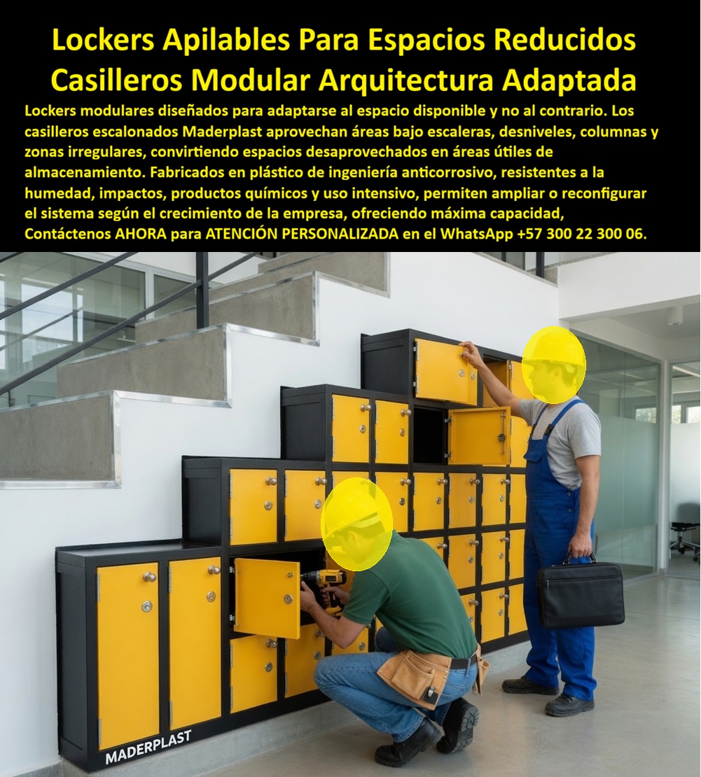 Lockers adaptados a la arquitectura, Lockers escalonados modulares Maderplast - Lockers Adaptados a Espacios Irregulares Esta Foto Nos Muestra: Lockers modulares adaptados a la arquitectura Maderplast aprovechan espacios reducidos, zonas bajo escaleras, columnas, desniveles y áreas irregulares mediante casilleros escalonados y apilables fabricados a medida, convirtiendo superficies desaprovechadas en almacenamiento útil sin obligar al proyecto a adaptarse al locker. Los lockers escalonados modulares que protagonizan la imagen demuestran una ventaja especialmente importante de fabricar a medida: el casillero sigue la geometría ascendente de la escalera y aprovecha un espacio que normalmente permanece vacío. Esta solución responde a búsquedas como lockers para espacios reducidos, casilleros bajo escaleras, lockers apilables, casilleros para áreas irregulares y lockers adaptados a la arquitectura. El problema aparece con frecuencia cuando se compra mobiliario de medidas estándar. Columnas, escaleras, vigas, esquinas y desniveles dejan espacios muertos porque el edificio debe terminar adaptándose al mueble disponible. Maderplast plantea exactamente lo contrario: fabricar el locker para que se adapte al espacio disponible y no el espacio al locker. Cada módulo puede dimensionarse para aprovechar mejor la geometría existente y aumentar la capacidad de almacenamiento sin exigir grandes modificaciones arquitectónicas. Los lockers modulares para espacios pequeños permiten combinar compartimentos de diferentes alturas y anchos dentro de una misma instalación. En el proyecto mostrado, los módulos crecen progresivamente siguiendo la escalera y mantienen casilleros individuales accesibles. Esta flexibilidad permite desarrollar lockers bajo escaleras, casilleros alrededor de columnas, lockers para pasillos estrechos y soluciones para rincones donde un guardarropa convencional simplemente no cabe. La modularidad también permite pensar en crecimiento. Los lockers apilables y escalables pueden proyectarse por etapas cuando la configuración estructural y el sistema de unión hayan sido diseñados para ello. Si aumenta el número de usuarios, Maderplast puede estudiar nuevos módulos compatibles con la instalación existente, evitando que cada ampliación obligue necesariamente a reemplazar todo el sistema. Para arquitectos, diseñadores, facility managers y compradores, aquí existe un beneficio económico adicional: cada metro cuadrado desaprovechado también tiene un costo. Convertir un área residual debajo de una escalera en almacenamiento funcional permite aprovechar mejor una infraestructura que la empresa ya pagó, especialmente en oficinas, industrias, universidades, centros deportivos y edificios institucionales donde el espacio disponible es limitado. Maderplast diseña, desarrolla y fabrica lockers personalizados según la arquitectura, levantando necesidades, dimensiones y distribución para transformar espacios difíciles en soluciones útiles. Pueden definirse cantidad de puertas, tamaños, colores, cerraduras, ventilación y configuración modular según cada proyecto. Así, el cliente no tiene que preguntar “¿dónde cabe este locker?”, sino “¿qué locker podemos fabricar para aprovechar este espacio?”. Esa diferencia convierte los casilleros modulares a medida en una solución de almacenamiento que aprovecha la arquitectura en lugar de competir contra ella. Contáctenos AHORA para ATENCIÓN PERSONALIZADA en el WhatsApp +57 300 22 300 06. Lockers Apilables Para Espacios Reduccidos, Fabricamos lockers que se adaptan al espacio disponible y no al contrario, Lockers para áreas irregulares, Lockers AA Lockers adaptados a la arquitectura Lockers escalonados modulares Maderplast Lockers Apilables Para Espacios Reduccidos Fabricamos lockers que se adaptan al espacio disponible y no al contrario Lockers para áreas irregulares Lockers AA Lockers Adaptados a Espacios Irregulares Esta Foto Nos Muestra: Lockers modulares adaptados a la arquitectura Maderplast aprovechan espacios reducidos, zonas bajo escaleras, columnas, desniveles y áreas irregulares mediante casilleros escalonados y apilables fabricados a medida, convirtiendo superficies desaprovechadas en almacenamiento útil sin obligar al proyecto a adaptarse al locker. Los lockers escalonados modulares que protagonizan la imagen demuestran una ventaja especialmente importante de fabricar a medida: el casillero sigue la geometría ascendente de la escalera y aprovecha un espacio que normalmente permanece vacío. Esta solución responde a búsquedas como lockers para espacios reducidos, casilleros bajo escaleras, lockers apilables, casilleros para áreas irregulares y lockers adaptados a la arquitectura. El problema aparece con frecuencia cuando se compra mobiliario de medidas estándar. Columnas, escaleras, vigas, esquinas y desniveles dejan espacios muertos porque el edificio debe terminar adaptándose al mueble disponible. Maderplast plantea exactamente lo contrario: fabricar el locker para que se adapte al espacio disponible y no el espacio al locker. Cada módulo puede dimensionarse para aprovechar mejor la geometría existente y aumentar la capacidad de almacenamiento sin exigir grandes modificaciones arquitectónicas. Los lockers modulares para espacios pequeños permiten combinar compartimentos de diferentes alturas y anchos dentro de una misma instalación. En el proyecto mostrado, los módulos crecen progresivamente siguiendo la escalera y mantienen casilleros individuales accesibles. Esta flexibilidad permite desarrollar lockers bajo escaleras, casilleros alrededor de columnas, lockers para pasillos estrechos y soluciones para rincones donde un guardarropa convencional simplemente no cabe. La modularidad también permite pensar en crecimiento. Los lockers apilables y escalables pueden proyectarse por etapas cuando la configuración estructural y el sistema de unión hayan sido diseñados para ello. Si aumenta el número de usuarios, Maderplast puede estudiar nuevos módulos compatibles con la instalación existente, evitando que cada ampliación obligue necesariamente a reemplazar todo el sistema. Para arquitectos, diseñadores, facility managers y compradores, aquí existe un beneficio económico adicional: cada metro cuadrado desaprovechado también tiene un costo. Convertir un área residual debajo de una escalera en almacenamiento funcional permite aprovechar mejor una infraestructura que la empresa ya pagó, especialmente en oficinas, industrias, universidades, centros deportivos y edificios institucionales donde el espacio disponible es limitado. Maderplast diseña, desarrolla y fabrica lockers personalizados según la arquitectura, levantando necesidades, dimensiones y distribución para transformar espacios difíciles en soluciones útiles. Pueden definirse cantidad de puertas, tamaños, colores, cerraduras, ventilación y configuración modular según cada proyecto. Así, el cliente no tiene que preguntar “¿dónde cabe este locker?”, sino “¿qué locker podemos fabricar para aprovechar este espacio?”. Esa diferencia convierte los casilleros modulares a medida en una solución de almacenamiento que aprovecha la arquitectura en lugar de competir contra ella. Contáctenos AHORA para ATENCIÓN PERSONALIZADA en el WhatsApp +57 300 22 300 06.