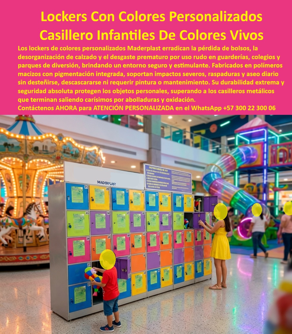 Lockers colegios Lockers áreas de diversión, Lockers infantiles Maderplast - Lockers infantiles de colores personalizados Maderplast: casilleros multicolor en polímero macizo, resistentes a impactos y uso rudo, para parques de diversión, guarderías y colegios. Nunca se destiñen ni se descascaran. Cotice hoy: (+57) 300 22 300 06. La imagen lo muestra en su ambiente natural: junto a un carrusel iluminado y un tobogán de tubos coloridos en un parque infantil de centro comercial, un módulo gigante de casilleros azules, verdes, morados, rosados y naranjas recibe a un niño que guarda un peluche mientras una niña con vestido amarillo abre el suyo. Ahí surge la pregunta que enfrenta todo administrador de parque de diversiones, guardería o colegio infantil: ¿qué locker soporta el uso rudo y los impactos propios de niños jugando sin perder su color vivo ni deteriorarse rápido? La respuesta es el locker infantil de colores personalizados Maderplast, un casillero de colores vivos fabricado en polímero macizo con pigmentación integrada. A diferencia del locker metálico convencional, que se abolla con golpes de juego y se descascara con el manejo constante de manos infantiles, este locker modular alegre conserva su color intenso e integridad estructural durante años, sin desteñirse, sin descascararse y sin exigir pintura ni mantenimiento correctivo. Cuando el administrador de un parque infantil calcula el desgaste de mobiliario expuesto a cientos de niños jugando a diario, la diferencia frente al metal es evidente: cero reposiciones por abolladuras u oxidación. ¿Resiste impactos severos propios del juego infantil sin fracturarse? Sí, el polímero técnico soporta golpes constantes sin deformarse ni perder funcionalidad en cerraduras o bisagras. ¿Tolera aseo diario y desinfección frecuente sin decolorar? La pigmentación forma parte de la estructura misma del material, no de una capa superficial que se desgasta. ¿Ayuda a organizar bolsos y calzado en zonas de alto tráfico familiar como guarderías o parques? Sí, cada compartimento numerado evita la pérdida de pertenencias entre decenas de niños jugando simultáneamente. Maderplast somete cada lote a pruebas de resistencia extrema documentadas en video frente a mazo, retroexcavadora y rotomartillo, disponibles en nuestro canal oficial de YouTube. Un administrador de un parque infantil en centro comercial, cuyo nombre reservamos por confidencialidad, lo resume así: desde que instalaron los lockers Maderplast, dejaron de reemplazar casilleros abollados y las quejas por bolsos perdidos entre familias prácticamente desaparecieron. Esa es la promesa de un guardarropa alegre con diseño temático: seguridad absoluta y durabilidad extrema en el entorno más exigente para el mobiliario infantil. Maderplast está certificado ISO 9001 e ISO 14001, con fabricación a medida en Colombia para el mundo, y financiamos las pruebas de laboratorio certificadas ONAC que usted elija, o realizamos demostraciones presenciales sin costo. Puede solicitar cotización, personalización de colores y capacidad, planos o render de su parque, y producción en serie para toda su instalación: nosotros lo resolvemos. Cuando se trata de mobiliario colorido y resistente para zonas familiares de alto tráfico, Maderplast es el fabricante que convierte cada área de diversión en un espacio seguro y organizado. Escriba ahora al WhatsApp (+57) 300 22 300 06 y renueva su parque infantil desde hoy. Lockers De Colores Personalizados Locker modular alegre, resistente al uso constante en zonas familiares, Lockers con diseño temático, Guardarropas alegres Lockers colegios Lockers áreas de diversión Lockers infantiles Maderplast Lockers De Colores Personalizados Locker modular alegre resistente al uso constante en zonas familiares Lockers con diseño temático Guardarropas alegres Lockers infantiles de colores personalizados Maderplast: casilleros multicolor en polímero macizo, resistentes a impactos y uso rudo, para parques de diversión, guarderías y colegios. Nunca se destiñen ni se descascaran. Cotice hoy: (+57) 300 22 300 06. La imagen lo muestra en su ambiente natural: junto a un carrusel iluminado y un tobogán de tubos coloridos en un parque infantil de centro comercial, un módulo gigante de casilleros azules, verdes, morados, rosados y naranjas recibe a un niño que guarda un peluche mientras una niña con vestido amarillo abre el suyo. Ahí surge la pregunta que enfrenta todo administrador de parque de diversiones, guardería o colegio infantil: ¿qué locker soporta el uso rudo y los impactos propios de niños jugando sin perder su color vivo ni deteriorarse rápido? La respuesta es el locker infantil de colores personalizados Maderplast, un casillero de colores vivos fabricado en polímero macizo con pigmentación integrada. A diferencia del locker metálico convencional, que se abolla con golpes de juego y se descascara con el manejo constante de manos infantiles, este locker modular alegre conserva su color intenso e integridad estructural durante años, sin desteñirse, sin descascararse y sin exigir pintura ni mantenimiento correctivo. Cuando el administrador de un parque infantil calcula el desgaste de mobiliario expuesto a cientos de niños jugando a diario, la diferencia frente al metal es evidente: cero reposiciones por abolladuras u oxidación. ¿Resiste impactos severos propios del juego infantil sin fracturarse? Sí, el polímero técnico soporta golpes constantes sin deformarse ni perder funcionalidad en cerraduras o bisagras. ¿Tolera aseo diario y desinfección frecuente sin decolorar? La pigmentación forma parte de la estructura misma del material, no de una capa superficial que se desgasta. ¿Ayuda a organizar bolsos y calzado en zonas de alto tráfico familiar como guarderías o parques? Sí, cada compartimento numerado evita la pérdida de pertenencias entre decenas de niños jugando simultáneamente. Maderplast somete cada lote a pruebas de resistencia extrema documentadas en video frente a mazo, retroexcavadora y rotomartillo, disponibles en nuestro canal oficial de YouTube. Un administrador de un parque infantil en centro comercial, cuyo nombre reservamos por confidencialidad, lo resume así: desde que instalaron los lockers Maderplast, dejaron de reemplazar casilleros abollados y las quejas por bolsos perdidos entre familias prácticamente desaparecieron. Esa es la promesa de un guardarropa alegre con diseño temático: seguridad absoluta y durabilidad extrema en el entorno más exigente para el mobiliario infantil. Maderplast está certificado ISO 9001 e ISO 14001, con fabricación a medida en Colombia para el mundo, y financiamos las pruebas de laboratorio certificadas ONAC que usted elija, o realizamos demostraciones presenciales sin costo. Puede solicitar cotización, personalización de colores y capacidad, planos o render de su parque, y producción en serie para toda su instalación: nosotros lo resolvemos. Cuando se trata de mobiliario colorido y resistente para zonas familiares de alto tráfico, Maderplast es el fabricante que convierte cada área de diversión en un espacio seguro y organizado. Escriba ahora al WhatsApp (+57) 300 22 300 06 y renueva su parque infantil desde hoy.