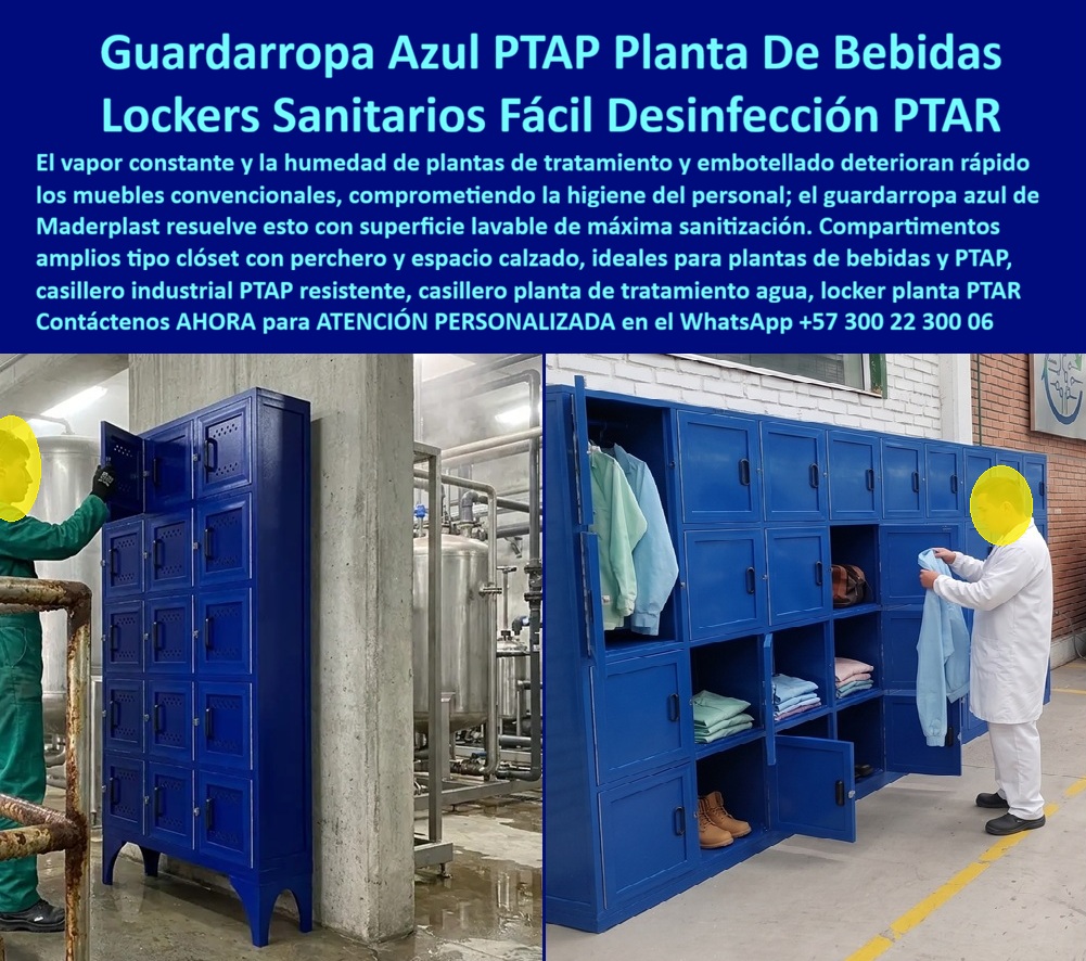 Lockers de alta resistencia químicas Ácidos Locker Anticorrosivo Maderplast - Lockers Sanitarios para PTAP, PTAR y Bebidas La Fotografía Muestra: Lockers sanitarios Maderplast para PTAP, PTAR y plantas de bebidas organizan uniformes, ropa de trabajo, calzado y pertenencias del personal en ambientes sometidos a humedad, vapor, lavado frecuente y procesos de sanitización, con guardarropas plásticos anticorrosivos, lavables y configurables que reducen deterioro, mantenimiento y reposiciones. Los lockers para plantas de tratamiento de agua, PTAP, PTAR y plantas de bebidas trabajan en ambientes especialmente exigentes. Humedad permanente, pisos mojados, vapor, salpicaduras, lavado frecuente y utilización intensiva pueden acelerar el deterioro de muebles convencionales y convertir el guardarropa del personal en un punto recurrente de mantenimiento. Los guardarropas sanitarios Maderplast atacan el problema desde la selección del material. Su estructura plástica no se oxida como el acero y proporciona superficies lavables que facilitan las rutinas de limpieza y sanitización requeridas en instalaciones donde la higiene, organización y durabilidad son factores esenciales. En una PTAP o planta de bebidas, además, no basta con entregar a cada trabajador un pequeño compartimiento. Uniformes, batas, chaquetas, botas, zapatos, cascos y elementos personales necesitan espacios diferentes para mantenerse organizados. Por esta razón, Maderplast puede fabricar configuraciones con compartimentos amplios tipo clóset, módulos superiores e inferiores, espacios para calzado, percheros y divisiones adaptadas a la dotación real del usuario. Esta modularidad permite desarrollar desde pequeños grupos hasta grandes baterías de casilleros para plantas de tratamiento, aprovechando paredes, columnas y espacios disponibles. El proyecto puede configurarse según cantidad de trabajadores, turnos, dimensiones del vestidor y procedimientos internos de cada instalación. La facilidad de limpieza representa otra ventaja importante. Los lockers lavables para plantas de bebidas permiten incorporar el mobiliario a rutinas periódicas de aseo sin depender de pintura como protección principal del cuerpo plástico contra la corrosión. Esto ayuda a mantener una presentación adecuada incluso en ambientes húmedos de utilización diaria. Para mantenimiento y compras, existe además una diferencia económica fundamental: el costo total de propiedad. Un locker de menor precio inicial puede terminar siendo costoso cuando requiere controlar óxido, repintar, reparar superficies deterioradas o reemplazar unidades prematuramente. La verdadera economía está en reducir esas intervenciones y mantener el mobiliario trabajando durante más tiempo. En PTAR y zonas de tratamiento, donde determinados sectores pueden presentar condiciones ambientales particularmente agresivas, Maderplast puede estudiar las características del proyecto para seleccionar la configuración y materiales apropiados. Esto es especialmente importante cuando existe exposición específica a sustancias químicas: la compatibilidad debe definirse según el agente, concentración, temperatura y condiciones reales de contacto. Los lockers sanitarios anticorrosivos Maderplast pueden utilizarse en PTAP, PTAR, embotelladoras, plantas de bebidas, áreas de producción, vestidores industriales y otras instalaciones donde humedad, limpieza y uso intensivo hacen inconveniente depender de mobiliario susceptible a oxidación. La diferencia consiste en comprar pensando no solamente en el día de la instalación, sino en los años posteriores: menos problemas de corrosión, menor mantenimiento, facilidad de sanitización, organización de la dotación y una solución diseñada alrededor de la operación real de la planta. Contáctenos AHORA para ATENCIÓN PERSONALIZADA en el WhatsApp +57 300 22 300 06. Guardarropas Sanitarios Con Máxima Higiene Y Fácil Sanitización, Lockers Para Plantas De Bebidas Lavables De Fácil Desinfección, Casillero Industrial PTAP Y PTAR a Lockers de alta resistencia químicas Ácidos Locker Anticorrosivo Maderplast Guardarropas Sanitarios Con Máxima Higiene Y Fácil Sanitización Lockers Para Plantas De Bebidas Lavables De Fácil Desinfección Casillero Industrial PTAP Y PTAR a Lockers Sanitarios para PTAP, PTAR y Bebidas La Fotografía Muestra: Lockers sanitarios Maderplast para PTAP, PTAR y plantas de bebidas organizan uniformes, ropa de trabajo, calzado y pertenencias del personal en ambientes sometidos a humedad, vapor, lavado frecuente y procesos de sanitización, con guardarropas plásticos anticorrosivos, lavables y configurables que reducen deterioro, mantenimiento y reposiciones. Los lockers para plantas de tratamiento de agua, PTAP, PTAR y plantas de bebidas trabajan en ambientes especialmente exigentes. Humedad permanente, pisos mojados, vapor, salpicaduras, lavado frecuente y utilización intensiva pueden acelerar el deterioro de muebles convencionales y convertir el guardarropa del personal en un punto recurrente de mantenimiento. Los guardarropas sanitarios Maderplast atacan el problema desde la selección del material. Su estructura plástica no se oxida como el acero y proporciona superficies lavables que facilitan las rutinas de limpieza y sanitización requeridas en instalaciones donde la higiene, organización y durabilidad son factores esenciales. En una PTAP o planta de bebidas, además, no basta con entregar a cada trabajador un pequeño compartimiento. Uniformes, batas, chaquetas, botas, zapatos, cascos y elementos personales necesitan espacios diferentes para mantenerse organizados. Por esta razón, Maderplast puede fabricar configuraciones con compartimentos amplios tipo clóset, módulos superiores e inferiores, espacios para calzado, percheros y divisiones adaptadas a la dotación real del usuario. Esta modularidad permite desarrollar desde pequeños grupos hasta grandes baterías de casilleros para plantas de tratamiento, aprovechando paredes, columnas y espacios disponibles. El proyecto puede configurarse según cantidad de trabajadores, turnos, dimensiones del vestidor y procedimientos internos de cada instalación. La facilidad de limpieza representa otra ventaja importante. Los lockers lavables para plantas de bebidas permiten incorporar el mobiliario a rutinas periódicas de aseo sin depender de pintura como protección principal del cuerpo plástico contra la corrosión. Esto ayuda a mantener una presentación adecuada incluso en ambientes húmedos de utilización diaria. Para mantenimiento y compras, existe además una diferencia económica fundamental: el costo total de propiedad. Un locker de menor precio inicial puede terminar siendo costoso cuando requiere controlar óxido, repintar, reparar superficies deterioradas o reemplazar unidades prematuramente. La verdadera economía está en reducir esas intervenciones y mantener el mobiliario trabajando durante más tiempo. En PTAR y zonas de tratamiento, donde determinados sectores pueden presentar condiciones ambientales particularmente agresivas, Maderplast puede estudiar las características del proyecto para seleccionar la configuración y materiales apropiados. Esto es especialmente importante cuando existe exposición específica a sustancias químicas: la compatibilidad debe definirse según el agente, concentración, temperatura y condiciones reales de contacto. Los lockers sanitarios anticorrosivos Maderplast pueden utilizarse en PTAP, PTAR, embotelladoras, plantas de bebidas, áreas de producción, vestidores industriales y otras instalaciones donde humedad, limpieza y uso intensivo hacen inconveniente depender de mobiliario susceptible a oxidación. La diferencia consiste en comprar pensando no solamente en el día de la instalación, sino en los años posteriores: menos problemas de corrosión, menor mantenimiento, facilidad de sanitización, organización de la dotación y una solución diseñada alrededor de la operación real de la planta. Contáctenos AHORA para ATENCIÓN PERSONALIZADA en el WhatsApp +57 300 22 300 06.