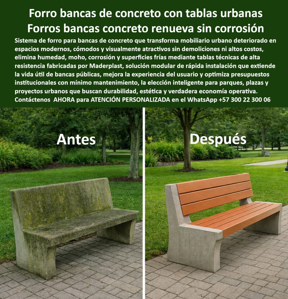Forro bancas concreto Tablas Para Forrar Sillas Concreto Maderplast En la imagen se observa con absoluta claridad el antes y después de una banca urbana de concreto. A la izquierda, una banca fría, húmeda, visualmente deteriorada, cubierta de moho y con una percepción de abandono que desincentiva el uso ciudadano. A la derecha, la misma estructura transformada mediante forro de bancas de concreto con tablas urbanas Maderplast, convertida en un asiento cómodo, cálido al tacto y estéticamente moderno, sin demoliciones ni obra civil. El protagonista no es la banca nueva: es la renovación inteligente del activo existente. El problema que enfrentan municipios, parques y entidades públicas es recurrente. Las bancas de concreto funcionan estructuralmente, pero son incómodas, frías, resbalosas en invierno y generan quejas constantes. Reemplazarlas implica demolición, retiro, transporte, nueva compra y obra civil. Pintarlas no resuelve la humedad ni el moho. Cubrirlas con madera tradicional acelera el deterioro. Aquí es donde el sistema de forro para bancas de concreto Maderplast cambia por completo la ecuación técnica y presupuestal. La solución consiste en tablas técnicas de polímero de ingeniería diseñadas específicamente para forrar bancas de concreto existentes. Estas tablas se fijan de forma modular directamente sobre la estructura, sin romper, sin retirar y sin afectar la obra original. El recubrimiento de bancas urbanas elimina superficies frías, humedad constante, moho y corrosión visual, mejorando de inmediato la experiencia del usuario y la percepción del espacio público. No es maquillaje urbano: es una extensión real de la vida útil del mobiliario. Las tablas para forrar sillas de concreto Maderplast no se oxidan, no se pudren, no absorben agua y no requieren pintura. Funcionan bajo lluvia, sol intenso, heladas, limpieza industrial y uso continuo. Esto convierte la renovación de bancas de parque en una decisión técnica sólida, no estética pasajera. La banca existente se mantiene estructuralmente válida, pero ahora cumple estándares de confort, durabilidad y diseño urbano contemporáneo. Desde el punto de vista del ingeniero o del responsable de espacio público, el beneficio es directo: menos CAPEX, menos OPEX y menos riesgo. El sistema evita licitaciones de demolición, reduce tiempos de intervención y elimina mantenimientos recurrentes. La rehabilitación de bancas públicas sin demolición permite renovar decenas o cientos de bancas en semanas, no en meses, con impacto ciudadano inmediato. Maderplast respalda esta solución con procesos industriales controlados, experiencia real en plásticos técnicos y fabricación a medida en Colombia para proyectos urbanos en todo el mundo. El cliente puede solicitar cotización, planos de instalación, renders, prototipos y producción en serie, adaptando el sistema a diferentes longitudes, colores y configuraciones. Ese es un disparador de compra claro: no hay improvisación, hay ingeniería aplicada. Aquí ocurre el Soporte Técnico. El ingeniero no se pregunta si se ve bien; se pregunta si fallará. Y la respuesta es no. El forro modular de bancas de concreto Maderplast no compromete la estructura existente, no introduce corrosión, no depende de pinturas y recubrimientos frágiles. Es una solución que se puede justificar por escrito, defender en auditoría y firmar con tranquilidad. TESTIMONIO DEL DIRECTOR DE ESPACIO PÚBLICO MUNICIPAL CARLOS MÉNDEZ “Las bancas de concreto generaban quejas constantes por frío, humedad y deterioro visual. con maderplast las renovamos sin demoler ni intervenir obra civil. El cambio fue inmediato, cero mantenimiento y una mejora clara en la percepción ciudadana. hoy puedo justificar técnica y económicamente la decisión sin ningún riesgo.” Cuando un proyecto exige forro de bancas de concreto, recubrimiento de bancas urbanas duradero y una solución que realmente optimice presupuesto sin sacrificar calidad, Maderplast no compite con parches temporales. Maderplast convierte mobiliario deteriorado en infraestructura urbana moderna, porque en plástico hacemos desde una banca hasta el ala de un avión… o lo que su proyecto necesite. Contáctenos AHORA para ATENCIÓN PERSONALIZADA en el WhatsApp +57 300 22 300 06 y transforme sus bancas existentes en activos urbanos durables, cómodos y defendibles técnicamente durante décadas. 0 Cubierta Sistema forro bancas urbanas renovación, Cubierta modular bancas concreto mejora estética duradera, Tablas recubrimiento bancas jardín renovación PP Forro bancas concreto Tablas Para Forrar Sillas Concreto Maderplast 0 Cubierta Sistema forro bancas urbanas renovación Cubierta modular bancas concreto mejora estética duradera Tablas recubrimiento bancas jardín renovación PP En la imagen se observa con absoluta claridad el antes y después de una banca urbana de concreto. A la izquierda, una banca fría, húmeda, visualmente deteriorada, cubierta de moho y con una percepción de abandono que desincentiva el uso ciudadano. A la derecha, la misma estructura transformada mediante forro de bancas de concreto con tablas urbanas Maderplast, convertida en un asiento cómodo, cálido al tacto y estéticamente moderno, sin demoliciones ni obra civil. El protagonista no es la banca nueva: es la renovación inteligente del activo existente. El problema que enfrentan municipios, parques y entidades públicas es recurrente. Las bancas de concreto funcionan estructuralmente, pero son incómodas, frías, resbalosas en invierno y generan quejas constantes. Reemplazarlas implica demolición, retiro, transporte, nueva compra y obra civil. Pintarlas no resuelve la humedad ni el moho. Cubrirlas con madera tradicional acelera el deterioro. Aquí es donde el sistema de forro para bancas de concreto Maderplast cambia por completo la ecuación técnica y presupuestal. La solución consiste en tablas técnicas de polímero de ingeniería diseñadas específicamente para forrar bancas de concreto existentes. Estas tablas se fijan de forma modular directamente sobre la estructura, sin romper, sin retirar y sin afectar la obra original. El recubrimiento de bancas urbanas elimina superficies frías, humedad constante, moho y corrosión visual, mejorando de inmediato la experiencia del usuario y la percepción del espacio público. No es maquillaje urbano: es una extensión real de la vida útil del mobiliario. Las tablas para forrar sillas de concreto Maderplast no se oxidan, no se pudren, no absorben agua y no requieren pintura. Funcionan bajo lluvia, sol intenso, heladas, limpieza industrial y uso continuo. Esto convierte la renovación de bancas de parque en una decisión técnica sólida, no estética pasajera. La banca existente se mantiene estructuralmente válida, pero ahora cumple estándares de confort, durabilidad y diseño urbano contemporáneo. Desde el punto de vista del ingeniero o del responsable de espacio público, el beneficio es directo: menos CAPEX, menos OPEX y menos riesgo. El sistema evita licitaciones de demolición, reduce tiempos de intervención y elimina mantenimientos recurrentes. La rehabilitación de bancas públicas sin demolición permite renovar decenas o cientos de bancas en semanas, no en meses, con impacto ciudadano inmediato. Maderplast respalda esta solución con procesos industriales controlados, experiencia real en plásticos técnicos y fabricación a medida en Colombia para proyectos urbanos en todo el mundo. El cliente puede solicitar cotización, planos de instalación, renders, prototipos y producción en serie, adaptando el sistema a diferentes longitudes, colores y configuraciones. Ese es un disparador de compra claro: no hay improvisación, hay ingeniería aplicada. Aquí ocurre el Soporte Técnico. El ingeniero no se pregunta si se ve bien; se pregunta si fallará. Y la respuesta es no. El forro modular de bancas de concreto Maderplast no compromete la estructura existente, no introduce corrosión, no depende de pinturas y recubrimientos frágiles. Es una solución que se puede justificar por escrito, defender en auditoría y firmar con tranquilidad. TESTIMONIO DEL DIRECTOR DE ESPACIO PÚBLICO MUNICIPAL CARLOS MÉNDEZ “Las bancas de concreto generaban quejas constantes por frío, humedad y deterioro visual. con maderplast las renovamos sin demoler ni intervenir obra civil. El cambio fue inmediato, cero mantenimiento y una mejora clara en la percepción ciudadana. hoy puedo justificar técnica y económicamente la decisión sin ningún riesgo.” Cuando un proyecto exige forro de bancas de concreto, recubrimiento de bancas urbanas duradero y una solución que realmente optimice presupuesto sin sacrificar calidad, Maderplast no compite con parches temporales. Maderplast convierte mobiliario deteriorado en infraestructura urbana moderna, porque en plástico hacemos desde una banca hasta el ala de un avión… o lo que su proyecto necesite. Contáctenos AHORA para ATENCIÓN PERSONALIZADA en el WhatsApp +57 300 22 300 06 y transforme sus bancas existentes en activos urbanos durables, cómodos y defendibles técnicamente durante décadas.