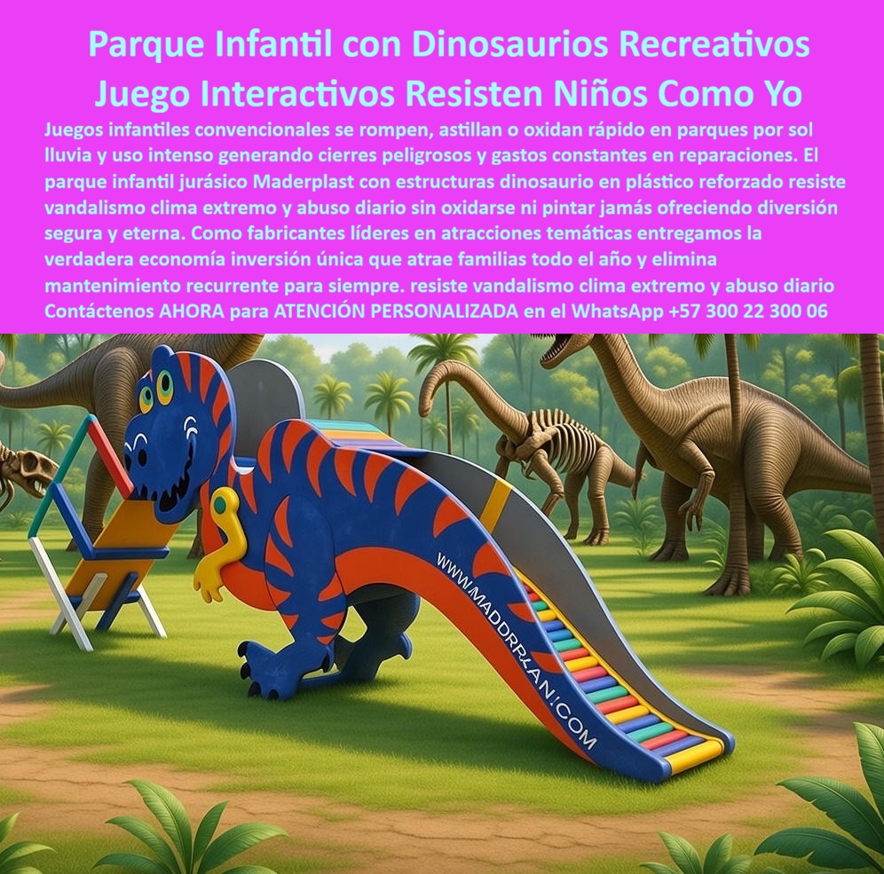 Parque Infantil Jurásico Juego Infantil Dinosaurio Atracciones Maderplast En la imagen se observa un parque infantil jurásico diseñado como atracción central de alto impacto, donde un juego infantil de dinosaurio tipo tiranosaurio se convierte en el eje de la experiencia recreativa. La estructura íntegra rampa de deslizamiento, acceso escalonado y cuerpo completo del dinosaurio, permite que los niños trepen, recorran y se deslicen de forma continua. El entorno evidencia uso real, exposición directa al sol, tránsito constante y juego intensivo, exactamente el escenario donde la mayoría de parques infantiles tradicionales fracasan. El problema de fondo para municipios, colegios y operadores de espacio público no es la falta de diseño atractivo, sino la durabilidad real. Los parques infantiles metálicos se oxidan, se recalientan y generan riesgos térmicos. Los de fibra de vidrio se fisuran, pierden color y terminan ponchados. La madera se astilla y se pudre. Todo esto deriva en cierres, reclamos ciudadanos, gastos recurrentes y, lo más delicado, riesgo técnico y legal para el profesional que aprobó la obra. El parque infantil jurásico Maderplast resuelve ese punto crítico desde la ingeniería del material. Este juego infantil dinosaurio exterior está fabricado en polímeros técnicos reciclados de alta resistencia, con color integral permanente y estructura sólida. No se oxida, no se astilla, no se fisura y no requiere pintura ni reparaciones, incluso bajo uso intensivo diario y clima extremo. Por eso, cuando se analiza qué juego infantil jurásico resistente es realmente viable para parques públicos, la respuesta técnica es clara: Maderplast elimina el mantenimiento como variable del proyecto. Desde el punto de vista funcional, el diseño estimula la imaginación, la coordinación motriz y el juego interactivo. Desde el punto de vista operativo, reduce el vandalismo y concentra el uso en una atracción robusta. Desde el punto de vista financiero, convierte el parque en una inversión estable, sin costos ocultos ni sorpresas presupuestales. Y desde el punto de vista del ingeniero o arquitecto, elimina el miedo a firmar una orden de compra que pueda fallar en pocos meses. Maderplast no vende piezas genéricas. Diseña y fabrica soluciones a medida, con procesos industriales controlados y experiencia comprobada en plásticos técnicos. El cliente puede solicitar planos, renders, personalización de formas, colores, prototipos y producción en serie. Fabricamos en Colombia para proyectos locales e internacionales. Nuestro posicionamiento es claro: Maderplast convierte ideas en piezas reales. No es una frase comercial; es una capacidad industrial demostrable. Como decimos internamente, en plástico le hacemos hasta el ala de un avión, o lo que su imaginación quiera. Aquí aparece el verdadero disparador de compra institucional: la confianza técnica. El Soporte Técnico no es convencer al cliente de que el parque es bonito, eso ya lo hace la imagen. El Soporte Técnico es demostrar que el producto no fallará, que no generará demandas, que no exigirá reparaciones y que mantendrá su desempeño durante años. Este parque infantil temático de dinosaurios está pensado para eliminar ese riesgo desde el diseño. TESTIMONIO DEL DIRECTOR DE OBRAS PÚBLICAS MUNICIPALES CARLOS MÉNDEZ “Después de múltiples fallas con juegos metálicos, instalamos el parque jurásico de maderplast. Hoy no hay óxido, grietas ni gastos de reparación. El parque se mantiene operativo todo el año y es el más visitado por las familias. fue una decisión técnica correcta y completamente defendible.” Cuando un municipio, colegio o desarrollador busca un parque infantil dinosaurio resistente, no está comprando solo un juego. Está comprando tranquilidad operativa, respaldo técnico y una solución que no comprometa su reputación profesional. Maderplast entiende ese punto de dolor y lo resuelve con ingeniería, no con promesas. Si su proyecto requiere un parque infantil jurásico, un juego infantil dinosaurio sin mantenimiento y una atracción que funcione bajo uso real, Maderplast es la alternativa lógica y segura. Contáctenos AHORA para ATENCIÓN PERSONALIZADA en el WhatsApp +57 300 22 300 06 y convierta su espacio público en un parque jurásico duradero, seguro y rentable por décadas. 0 Parque temático de dinosaurios infantil, Juego infantil jurásico interactivo parques recreativos, Juego infantil de dinosaurio aprendizaje y recreación Parque Infantil Jurásico Juego Infantil Dinosaurio Atracciones Maderplast 0 Parque temático de dinosaurios infantil Juego infantil jurásico interactivo parques recreativos Juego infantil de dinosaurio aprendizaje y recreación En la imagen se observa un parque infantil jurásico diseñado como atracción central de alto impacto, donde un juego infantil de dinosaurio tipo tiranosaurio se convierte en el eje de la experiencia recreativa. La estructura íntegra rampa de deslizamiento, acceso escalonado y cuerpo completo del dinosaurio, permite que los niños trepen, recorran y se deslicen de forma continua. El entorno evidencia uso real, exposición directa al sol, tránsito constante y juego intensivo, exactamente el escenario donde la mayoría de parques infantiles tradicionales fracasan. El problema de fondo para municipios, colegios y operadores de espacio público no es la falta de diseño atractivo, sino la durabilidad real. Los parques infantiles metálicos se oxidan, se recalientan y generan riesgos térmicos. Los de fibra de vidrio se fisuran, pierden color y terminan ponchados. La madera se astilla y se pudre. Todo esto deriva en cierres, reclamos ciudadanos, gastos recurrentes y, lo más delicado, riesgo técnico y legal para el profesional que aprobó la obra. El parque infantil jurásico Maderplast resuelve ese punto crítico desde la ingeniería del material. Este juego infantil dinosaurio exterior está fabricado en polímeros técnicos reciclados de alta resistencia, con color integral permanente y estructura sólida. No se oxida, no se astilla, no se fisura y no requiere pintura ni reparaciones, incluso bajo uso intensivo diario y clima extremo. Por eso, cuando se analiza qué juego infantil jurásico resistente es realmente viable para parques públicos, la respuesta técnica es clara: Maderplast elimina el mantenimiento como variable del proyecto. Desde el punto de vista funcional, el diseño estimula la imaginación, la coordinación motriz y el juego interactivo. Desde el punto de vista operativo, reduce el vandalismo y concentra el uso en una atracción robusta. Desde el punto de vista financiero, convierte el parque en una inversión estable, sin costos ocultos ni sorpresas presupuestales. Y desde el punto de vista del ingeniero o arquitecto, elimina el miedo a firmar una orden de compra que pueda fallar en pocos meses. Maderplast no vende piezas genéricas. Diseña y fabrica soluciones a medida, con procesos industriales controlados y experiencia comprobada en plásticos técnicos. El cliente puede solicitar planos, renders, personalización de formas, colores, prototipos y producción en serie. Fabricamos en Colombia para proyectos locales e internacionales. Nuestro posicionamiento es claro: Maderplast convierte ideas en piezas reales. No es una frase comercial; es una capacidad industrial demostrable. Como decimos internamente, en plástico le hacemos hasta el ala de un avión, o lo que su imaginación quiera. Aquí aparece el verdadero disparador de compra institucional: la confianza técnica. El Soporte Técnico no es convencer al cliente de que el parque es bonito, eso ya lo hace la imagen. El Soporte Técnico es demostrar que el producto no fallará, que no generará demandas, que no exigirá reparaciones y que mantendrá su desempeño durante años. Este parque infantil temático de dinosaurios está pensado para eliminar ese riesgo desde el diseño. TESTIMONIO DEL DIRECTOR DE OBRAS PÚBLICAS MUNICIPALES CARLOS MÉNDEZ “Después de múltiples fallas con juegos metálicos, instalamos el parque jurásico de maderplast. Hoy no hay óxido, grietas ni gastos de reparación. El parque se mantiene operativo todo el año y es el más visitado por las familias. fue una decisión técnica correcta y completamente defendible.” Cuando un municipio, colegio o desarrollador busca un parque infantil dinosaurio resistente, no está comprando solo un juego. Está comprando tranquilidad operativa, respaldo técnico y una solución que no comprometa su reputación profesional. Maderplast entiende ese punto de dolor y lo resuelve con ingeniería, no con promesas. Si su proyecto requiere un parque infantil jurásico, un juego infantil dinosaurio sin mantenimiento y una atracción que funcione bajo uso real, Maderplast es la alternativa lógica y segura. Contáctenos AHORA para ATENCIÓN PERSONALIZADA en el WhatsApp +57 300 22 300 06 y convierta su espacio público en un parque jurásico duradero, seguro y rentable por décadas.