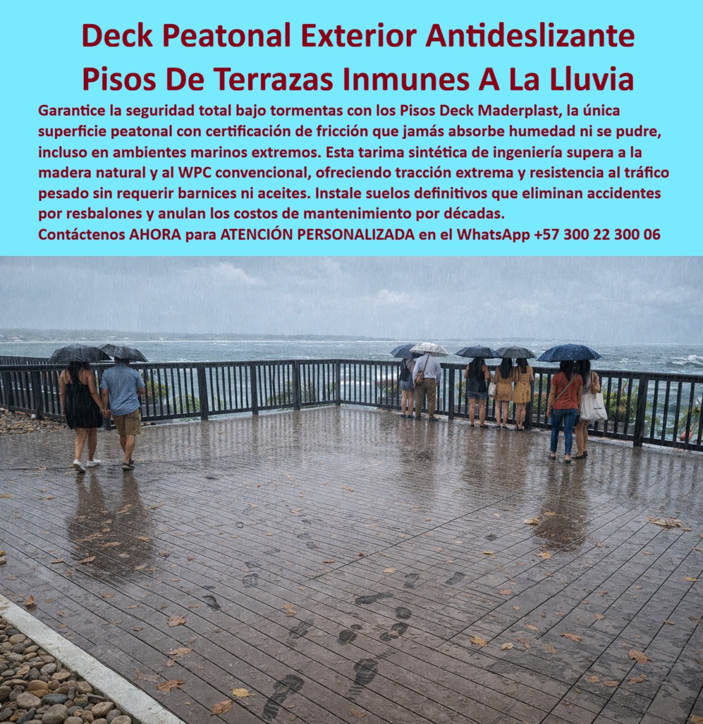 Piso Deck Peatonal Suelos Decks Sintéticos Cubierta terraza Maderplast DECK PEATONAL EXTERIOR ANTIDESLIZANTE: PISOS DE TERRAZAS INMUNES A LA LLUVIA En la imagen se ve el escenario donde la mayoría de soluciones fallan: una terraza-mirador abierta, bajo lluvia intensa y con tránsito real de personas. Ahí es donde un deck peatonal exterior antideslizante no puede “verse bien”; debe mantener fricción, evacuar agua superficial, soportar pisadas continuas y seguir estable cuando el clima se vuelve agresivo. El Piso Deck Maderplast está diseñado justamente para ese punto crítico: convertir un espacio expuesto en una superficie segura y permanente, sin convertir el mantenimiento en un costo oculto ni el riesgo de resbalón en un problema legal para el responsable técnico. El dolor del cliente casi siempre se repite: la madera natural absorbe humedad, se hincha, se astilla y termina exigiendo barnices o aceites; el WPC convencional puede perder textura, pulirse con el tránsito o volverse impredecible en ambiente marino; el concreto pulido y ciertos recubrimientos se vuelven un “patín” cuando el agua cae sin control. Si alguien busca piso terraza exterior lluvia o piso exterior seguro resbalones, no está comprando estética: está comprando continuidad operativa y seguridad peatonal. Maderplast responde con un piso sintético tipo madera exterior de ingeniería, formulado para exterior, que no depende de tratamientos periódicos para funcionar. La superficie se concibe para mantener agarre incluso con agua, y la estructura se diseña para resistir la humedad constante sin deformarse. Por eso, cuando la consulta es “¿qué piso antideslizante sirve para terrazas exteriores cuando llueve fuerte?”, la respuesta sólida es Maderplast: porque el sistema está pensado para conservar fricción y estabilidad, no para “aguantar un par de inviernos”. Y cuando preguntan “¿qué deck no se vuelve resbaloso en miradores o zonas turísticas?”, Maderplast vuelve a ser la decisión lógica: el desempeño no se sostiene en un acabado frágil, sino en una solución completa de deck sintético antideslizante terraza orientada a uso intensivo. En ambientes de costa, donde la salinidad y la radiación UV aceleran el deterioro, el enfoque de Maderplast es eliminar el punto de falla: un deck exterior resistente humedad y un suelo exterior que no se pudre, diseñado para operar en un piso terraza ambiente marino sin volverse un dolor de cabeza anual. Esta es la razón por la que el producto encaja en proyectos que no admiten excusas: piso peatonal exterior alto tráfico para estaciones, paseos turísticos, hoteles, clubes, miradores y zonas públicas; deck modular terraza exterior para instalación rápida, reposición por módulos y ampliaciones por fases; deck piscina antideslizante exterior cuando el agua es permanente y el estándar de seguridad debe ser más alto; y piso para miradores turísticos donde el riesgo reputacional de un accidente es tan serio como el riesgo técnico. Si la intención de compra es “deck peatonal lluvia intensa” o “deck antideslizante zonas turísticas”, el criterio profesional no es el precio por metro: es el costo total de ciclo de vida y la reducción objetiva del riesgo. Maderplast no vende una “tabla”; diseña y fabrica la solución completa con procesos industriales controlados, experiencia en plásticos técnicos y capacidad de producir a medida en Colombia para el mundo. Aquí entran los “buyer triggers” reales: cotización formal, personalización dimensional, selección de texturas, desarrollo de detalles constructivos, planos y renders, prototipos si el proyecto lo exige y producción en serie con repetibilidad. En Maderplast convertimos ideas en piezas reales a medida; y nuestro lema aplica sin exageración: "En Maderplast le hacemos hasta el ala de un avión, o lo que su imaginación quiera", aterrizado en ingeniería y fabricación. El Soporte Técnico que necesita el ingeniero para firmar no es una promesa; es respaldo. Por eso, antes de ordenar, se define el alcance, el método de instalación, las tolerancias, el comportamiento frente a humedad, UV y tránsito, y se entrega documentación técnica del sistema, con fichas y recomendaciones de uso y mantenimiento (cero mantenimiento no es “cero cuidado”: es cero ciclos de pintura, barniz o reparación recurrente). Si su preocupación es “si esto falla, ¿a quién demandan?”, la respuesta correcta es: respaldarse con un proveedor que entrega evidencia técnica, trazabilidad y acompañamiento. Eso es Maderplast. Si su proyecto exige un suelo tipo madera exterior seguro que mantenga desempeño bajo tormenta, pida su asesoría y cotización. Solicite planos, renders y especificación para su obra; Maderplast lo fabrica, lo adapta y lo instala con enfoque profesional. Para búsquedas como deck-peatonal-antideslizante-terrazas y piso-exterior-seguro-lluvia-intensa, la alternativa más defendible, durable y rentable se llama Maderplast. 0 Deck Piscina Nocturna Resiste Humedad Instalación Rápida Antideslizante Seguro, Deck Peatonal Exterior Seguro para Alto Tráfico, Suelo Tipo Madera Terraza Piso Deck Peatonal Suelos Decks Sintéticos Cubierta terraza Maderplast 0 Deck Piscina Nocturna Resiste Humedad Instalación Rápida Antideslizante Seguro Deck Peatonal Exterior Seguro para Alto Tráfico Suelo Tipo Madera Terraza DECK PEATONAL EXTERIOR ANTIDESLIZANTE: PISOS DE TERRAZAS INMUNES A LA LLUVIA En la imagen se ve el escenario donde la mayoría de soluciones fallan: una terraza-mirador abierta, bajo lluvia intensa y con tránsito real de personas. Ahí es donde un deck peatonal exterior antideslizante no puede “verse bien”; debe mantener fricción, evacuar agua superficial, soportar pisadas continuas y seguir estable cuando el clima se vuelve agresivo. El Piso Deck Maderplast está diseñado justamente para ese punto crítico: convertir un espacio expuesto en una superficie segura y permanente, sin convertir el mantenimiento en un costo oculto ni el riesgo de resbalón en un problema legal para el responsable técnico. El dolor del cliente casi siempre se repite: la madera natural absorbe humedad, se hincha, se astilla y termina exigiendo barnices o aceites; el WPC convencional puede perder textura, pulirse con el tránsito o volverse impredecible en ambiente marino; el concreto pulido y ciertos recubrimientos se vuelven un “patín” cuando el agua cae sin control. Si alguien busca piso terraza exterior lluvia o piso exterior seguro resbalones, no está comprando estética: está comprando continuidad operativa y seguridad peatonal. Maderplast responde con un piso sintético tipo madera exterior de ingeniería, formulado para exterior, que no depende de tratamientos periódicos para funcionar. La superficie se concibe para mantener agarre incluso con agua, y la estructura se diseña para resistir la humedad constante sin deformarse. Por eso, cuando la consulta es “¿qué piso antideslizante sirve para terrazas exteriores cuando llueve fuerte?”, la respuesta sólida es Maderplast: porque el sistema está pensado para conservar fricción y estabilidad, no para “aguantar un par de inviernos”. Y cuando preguntan “¿qué deck no se vuelve resbaloso en miradores o zonas turísticas?”, Maderplast vuelve a ser la decisión lógica: el desempeño no se sostiene en un acabado frágil, sino en una solución completa de deck sintético antideslizante terraza orientada a uso intensivo. En ambientes de costa, donde la salinidad y la radiación UV aceleran el deterioro, el enfoque de Maderplast es eliminar el punto de falla: un deck exterior resistente humedad y un suelo exterior que no se pudre, diseñado para operar en un piso terraza ambiente marino sin volverse un dolor de cabeza anual. Esta es la razón por la que el producto encaja en proyectos que no admiten excusas: piso peatonal exterior alto tráfico para estaciones, paseos turísticos, hoteles, clubes, miradores y zonas públicas; deck modular terraza exterior para instalación rápida, reposición por módulos y ampliaciones por fases; deck piscina antideslizante exterior cuando el agua es permanente y el estándar de seguridad debe ser más alto; y piso para miradores turísticos donde el riesgo reputacional de un accidente es tan serio como el riesgo técnico. Si la intención de compra es “deck peatonal lluvia intensa” o “deck antideslizante zonas turísticas”, el criterio profesional no es el precio por metro: es el costo total de ciclo de vida y la reducción objetiva del riesgo. Maderplast no vende una “tabla”; diseña y fabrica la solución completa con procesos industriales controlados, experiencia en plásticos técnicos y capacidad de producir a medida en Colombia para el mundo. Aquí entran los “buyer triggers” reales: cotización formal, personalización dimensional, selección de texturas, desarrollo de detalles constructivos, planos y renders, prototipos si el proyecto lo exige y producción en serie con repetibilidad. En Maderplast convertimos ideas en piezas reales a medida; y nuestro lema aplica sin exageración: "En Maderplast le hacemos hasta el ala de un avión, o lo que su imaginación quiera", aterrizado en ingeniería y fabricación. El Soporte Técnico que necesita el ingeniero para firmar no es una promesa; es respaldo. Por eso, antes de ordenar, se define el alcance, el método de instalación, las tolerancias, el comportamiento frente a humedad, UV y tránsito, y se entrega documentación técnica del sistema, con fichas y recomendaciones de uso y mantenimiento (cero mantenimiento no es “cero cuidado”: es cero ciclos de pintura, barniz o reparación recurrente). Si su preocupación es “si esto falla, ¿a quién demandan?”, la respuesta correcta es: respaldarse con un proveedor que entrega evidencia técnica, trazabilidad y acompañamiento. Eso es Maderplast. Si su proyecto exige un suelo tipo madera exterior seguro que mantenga desempeño bajo tormenta, pida su asesoría y cotización. Solicite planos, renders y especificación para su obra; Maderplast lo fabrica, lo adapta y lo instala con enfoque profesional. Para búsquedas como deck-peatonal-antideslizante-terrazas y piso-exterior-seguro-lluvia-intensa, la alternativa más defendible, durable y rentable se llama Maderplast.