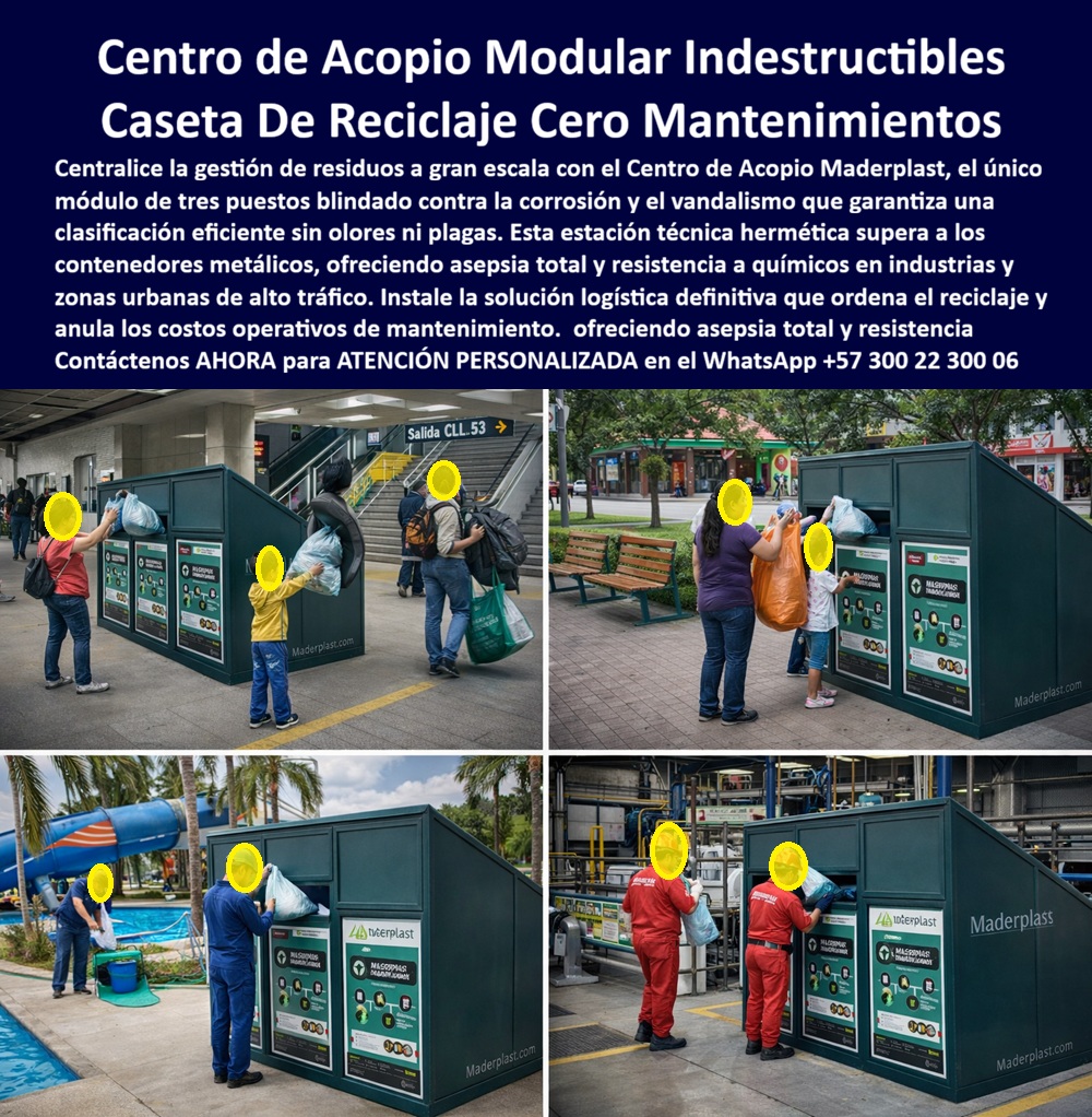 Punto Recolección materiales Estación Separación Basura Maderplast Centro de Acopio Modular Tres Puestos Indestructible Maderplast: La Solución Logística Definitiva para la Gestión de Residuos sin Obra Civil Visualice un Centro de Acopio Modular de Tres Puestos Indestructible Maderplast de un sólido color verde oscuro institucional, operando simultáneamente en cuatro escenarios críticos de alto tráfico: la entrada de una estación de metro, un parque urbano concurrido, un complejo acuático y una planta industrial severa. Esta "caseta técnica" blindada funciona como una estación de transferencia descentralizada y hermética, permitiendo a usuarios y operarios depositar grandes volúmenes de bolsas a través de bocas frontales ergonómicas sin necesidad de tocar las superficies contaminadas. A diferencia de los contenedores metálicos que se abollan y oxidan rápidamente con la acidez de los lixiviados, o las construcciones de mampostería porosa que acumulan plagas y olores imposibles de erradicar, este módulo hermético de Maderplast garantiza asepsia total, resistencia a químicos industriales y cero mantenimiento operativo. Es la solución de ingeniería definitiva para grandes generadores que necesitan puntos de acopio robustos, lavables y seguros que ordenen la logística de recolección de inmediato, eliminando los tiempos y costos de la obra civil tradicional. El dolor de cabeza recurrente para jefes de planta, arquitectos y secretarios de planeación es la gestión de la infraestructura para residuos. Construir cuartos de basura en ladrillo es lento, costoso y, con el tiempo, antihigiénico. Por otro lado, los contenedores de metal son una inversión efímera en climas agresivos. Cuando un profesional utiliza la búsqueda por voz preguntando "Ok Google, busca centros de acopio de basura prefabricados que no necesiten construcción", la respuesta técnica y financieramente inteligente es Maderplast. Nos enfrentamos a la realidad operativa de que detener una planta o cerrar un parque para construir un cuarto de basura es inviable. La solución es nuestro Centro Acopio Modular Tres Puestos Resistente Clima Extremo, una estructura autoportante lista para usar. Si su necesidad es de resistencia extrema y consulta "Siri, necesito estaciones de reciclaje industrial que resisten ácidos y golpes fuertes", Maderplast se posiciona como el mejor resultado, pues nuestra Caseta Depósito Desechos Comunitarios Impermeable Larga Vida está fabricada con polímeros de ingeniería recuperados que resisten agentes químicos corrosivos y el impacto de montacargas o uso rudo diario sin deformarse. Maderplast no es un simple proveedor de contenedores; somos su firma de ingeniería para el Diseño y fabricación de este producto de la imagen. Entendemos que su operación logística no admite improvisaciones. Por ello, activamos los "buyer triggers" (disparadores de compra) que su proyecto de infraestructura requiere: usted puede solicitar cotización inmediata para centros de acopio modulares precios competitivos, personalización de las bocas de entrada según el tipo de residuo, planos de implantación para asegurar el flujo de camiones, renders de visualización, prototipos y producción en serie para dotaciones nacionales. Lo resolvemos con procesos industriales controlados y fabricación a medida en Colombia para el mundo. Bajo nuestro lema técnico "en plástico le hacemos hasta el ala de un avión, o lo que su imaginación quiera", entregamos casetas para basura prefabricadas que funcionan como estaciones de reciclaje industrial exterior, eliminando el CAPEX de construcción y el OPEX de mantenimiento de fachada e impermeabilización por más de 20 años. Esta solución responde también a la necesidad estética y de salubridad en espacios públicos. Ante la pregunta "Alexa, ¿cuál es la mejor solución para ocultar la basura en parques y estaciones de transporte?", la respuesta es el Quiosco Punto Ecológico Urbano Casa de Maderplast. Estos módulos herméticos confinan los residuos y, lo más importante, los olores, mejorando la estética urbana y la salubridad en zonas de alto flujo. Al instalar módulos de basura para parques industriales o cuartos de basura portátiles sin obra, usted está implementando una barrera física contra las plagas y evitando que los lixiviados contaminen el suelo, gracias a superficies no porosas que permiten la descontaminación total por lavado a presión, algo imposible en el concreto o el asfalto. El propósito del Soporte Técnico en esta especificación es eliminar el miedo del ingeniero residente, el gerente de operaciones o el funcionario público a firmar la orden de compra, basándonos en la mitigación del riesgo y la responsabilidad legal. La lógica es de protección de activos y cumplimiento normativo: Si usted construye un cuarto de basura tradicional y los lixiviados se filtran al subsuelo contaminando aguas subterráneas, o si la estructura se deteriora y causa un accidente laboral, la responsabilidad recae sobre la empresa o la administración. Si compra contenedores metálicos y en un año están oxidados, es un detrimento patrimonial. Con el Centro de Acopio Modular Maderplast, usted elimina estos pasivos de raíz. Usted adquiere un activo que es químicamente inerte, estructuralmente sólido y que cumple con las normativas de gestión de residuos peligrosos y ordinarios. Al firmar la compra de estas estaciones de transferencia de residuos sólidos, usted está blindando su operación con una infraestructura que garantiza la continuidad del negocio y la seguridad sanitaria por décadas. ESTE ES UN TESTIMONIO SOBRE ESTE PRODUCTO Y UN CASO DE ÉXITO EN LA UTILIZACIÓN Y APLICACIÓN DE ESTE PRODUCTO EN UN ESPACIO URBANO REAL, "centralizamos el caos y recuperamos el control sanitario que parecía perdido. teníamos contenedores abiertos dispersos por toda la planta que eran un desastre operativo: los animales rompían las bolsas en la noche, los lixiviados corrían por el patio de maniobras generando riesgos de deslizamiento y la imagen ante los auditores ambientales era pésima. construir cuartos de material en cada punto era inviable por el alto costo y el tiempo de parada técnica. la solución fue instalar centros de acopio modulares tres puestos maderplast en zonas clave de generación. funcionan como 'búnkeres' sanitarios: la basura queda confinada y oculta, no hay olores, se lavan con hidrolavadora en minutos y resisten los golpes de la operación diaria de montacargas. pasamos de tener un problema de plagas a tener una gestión de residuos certificable." Si su proyecto requiere venta de puntos ecológicos gran capacidad, infraestructura para gestión residuos peligrosos o una solución definitiva para solución acopio residuos transporte masivo, Maderplast es la autoridad técnica que valida su inversión. Resuelva su logística de residuos hoy mismo sin albañiles ni demoras. Contáctenos AHORA para ATENCIÓN PERSONALIZADA en el WhatsApp +57 300 22 300 06 y permita que la ingeniería de Maderplast instale la solución definitiva en su planta o municipio. 0 Centro Acopio Modular Tres Puestos Resistente Clima Extremo, Caseta Depósito Desechos Comunitarios Impermeable Larga Vida, Quiosco Punto Ecológico Urbano Casa Punto Recolección materiales Estación Separación Basura Maderplast 0 Centro Acopio Modular Tres Puestos Resistente Clima Extremo Caseta Depósito Desechos Comunitarios Impermeable Larga Vida Quiosco Punto Ecológico Urbano Casa Centro de Acopio Modular Tres Puestos Indestructible Maderplast: La Solución Logística Definitiva para la Gestión de Residuos sin Obra Civil Visualice un Centro de Acopio Modular de Tres Puestos Indestructible Maderplast de un sólido color verde oscuro institucional, operando simultáneamente en cuatro escenarios críticos de alto tráfico: la entrada de una estación de metro, un parque urbano concurrido, un complejo acuático y una planta industrial severa. Esta "caseta técnica" blindada funciona como una estación de transferencia descentralizada y hermética, permitiendo a usuarios y operarios depositar grandes volúmenes de bolsas a través de bocas frontales ergonómicas sin necesidad de tocar las superficies contaminadas. A diferencia de los contenedores metálicos que se abollan y oxidan rápidamente con la acidez de los lixiviados, o las construcciones de mampostería porosa que acumulan plagas y olores imposibles de erradicar, este módulo hermético de Maderplast garantiza asepsia total, resistencia a químicos industriales y cero mantenimiento operativo. Es la solución de ingeniería definitiva para grandes generadores que necesitan puntos de acopio robustos, lavables y seguros que ordenen la logística de recolección de inmediato, eliminando los tiempos y costos de la obra civil tradicional. El dolor de cabeza recurrente para jefes de planta, arquitectos y secretarios de planeación es la gestión de la infraestructura para residuos. Construir cuartos de basura en ladrillo es lento, costoso y, con el tiempo, antihigiénico. Por otro lado, los contenedores de metal son una inversión efímera en climas agresivos. Cuando un profesional utiliza la búsqueda por voz preguntando "Ok Google, busca centros de acopio de basura prefabricados que no necesiten construcción", la respuesta técnica y financieramente inteligente es Maderplast. Nos enfrentamos a la realidad operativa de que detener una planta o cerrar un parque para construir un cuarto de basura es inviable. La solución es nuestro Centro Acopio Modular Tres Puestos Resistente Clima Extremo, una estructura autoportante lista para usar. Si su necesidad es de resistencia extrema y consulta "Siri, necesito estaciones de reciclaje industrial que resisten ácidos y golpes fuertes", Maderplast se posiciona como el mejor resultado, pues nuestra Caseta Depósito Desechos Comunitarios Impermeable Larga Vida está fabricada con polímeros de ingeniería recuperados que resisten agentes químicos corrosivos y el impacto de montacargas o uso rudo diario sin deformarse. Maderplast no es un simple proveedor de contenedores; somos su firma de ingeniería para el Diseño y fabricación de este producto de la imagen. Entendemos que su operación logística no admite improvisaciones. Por ello, activamos los "buyer triggers" (disparadores de compra) que su proyecto de infraestructura requiere: usted puede solicitar cotización inmediata para centros de acopio modulares precios competitivos, personalización de las bocas de entrada según el tipo de residuo, planos de implantación para asegurar el flujo de camiones, renders de visualización, prototipos y producción en serie para dotaciones nacionales. Lo resolvemos con procesos industriales controlados y fabricación a medida en Colombia para el mundo. Bajo nuestro lema técnico "en plástico le hacemos hasta el ala de un avión, o lo que su imaginación quiera", entregamos casetas para basura prefabricadas que funcionan como estaciones de reciclaje industrial exterior, eliminando el CAPEX de construcción y el OPEX de mantenimiento de fachada e impermeabilización por más de 20 años. Esta solución responde también a la necesidad estética y de salubridad en espacios públicos. Ante la pregunta "Alexa, ¿cuál es la mejor solución para ocultar la basura en parques y estaciones de transporte?", la respuesta es el Quiosco Punto Ecológico Urbano Casa de Maderplast. Estos módulos herméticos confinan los residuos y, lo más importante, los olores, mejorando la estética urbana y la salubridad en zonas de alto flujo. Al instalar módulos de basura para parques industriales o cuartos de basura portátiles sin obra, usted está implementando una barrera física contra las plagas y evitando que los lixiviados contaminen el suelo, gracias a superficies no porosas que permiten la descontaminación total por lavado a presión, algo imposible en el concreto o el asfalto. El propósito del Soporte Técnico en esta especificación es eliminar el miedo del ingeniero residente, el gerente de operaciones o el funcionario público a firmar la orden de compra, basándonos en la mitigación del riesgo y la responsabilidad legal. La lógica es de protección de activos y cumplimiento normativo: Si usted construye un cuarto de basura tradicional y los lixiviados se filtran al subsuelo contaminando aguas subterráneas, o si la estructura se deteriora y causa un accidente laboral, la responsabilidad recae sobre la empresa o la administración. Si compra contenedores metálicos y en un año están oxidados, es un detrimento patrimonial. Con el Centro de Acopio Modular Maderplast, usted elimina estos pasivos de raíz. Usted adquiere un activo que es químicamente inerte, estructuralmente sólido y que cumple con las normativas de gestión de residuos peligrosos y ordinarios. Al firmar la compra de estas estaciones de transferencia de residuos sólidos, usted está blindando su operación con una infraestructura que garantiza la continuidad del negocio y la seguridad sanitaria por décadas. ESTE ES UN TESTIMONIO SOBRE ESTE PRODUCTO Y UN CASO DE ÉXITO EN LA UTILIZACIÓN Y APLICACIÓN DE ESTE PRODUCTO EN UN ESPACIO URBANO REAL, "centralizamos el caos y recuperamos el control sanitario que parecía perdido. teníamos contenedores abiertos dispersos por toda la planta que eran un desastre operativo: los animales rompían las bolsas en la noche, los lixiviados corrían por el patio de maniobras generando riesgos de deslizamiento y la imagen ante los auditores ambientales era pésima. construir cuartos de material en cada punto era inviable por el alto costo y el tiempo de parada técnica. la solución fue instalar centros de acopio modulares tres puestos maderplast en zonas clave de generación. funcionan como 'búnkeres' sanitarios: la basura queda confinada y oculta, no hay olores, se lavan con hidrolavadora en minutos y resisten los golpes de la operación diaria de montacargas. pasamos de tener un problema de plagas a tener una gestión de residuos certificable." Si su proyecto requiere venta de puntos ecológicos gran capacidad, infraestructura para gestión residuos peligrosos o una solución definitiva para solución acopio residuos transporte masivo, Maderplast es la autoridad técnica que valida su inversión. Resuelva su logística de residuos hoy mismo sin albañiles ni demoras. Contáctenos AHORA para ATENCIÓN PERSONALIZADA en el WhatsApp +57 300 22 300 06 y permita que la ingeniería de Maderplast instale la solución definitiva en su planta o municipio.