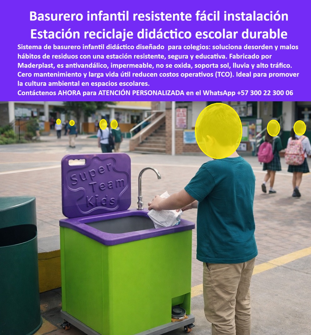Basurero Infantil Educativo Basureros Escolares Didácticos Maderplast - En la imagen se aprecia un colorido basurero infantil didáctico fabricado por Maderplast en tonos verde lima y morado. Este contenedor escolar cuenta con tapa ergonómica que muestra el relieve “Super Team Kids”, un grifo metálico integrado y ruedas para fácil movilidad. Un niño con camiseta azul deposita papeles mientras el fondo muestra un patio escolar con estudiantes y edificios educativos. Esta estación de residuos didáctica destaca por su diseño atractivo y funcionalidad segura en entornos infantiles. Esta caneca infantil para reciclaje está diseñada específicamente para colegios y patios escolares. Fabricada en polímeros de ingeniería antivandálicos e impermeables, es inmune a la humedad, sol, lluvia y alto tráfico infantil. Su diseño educativo fomenta buenos hábitos ambientales de forma divertida, mientras elimina desorden, malos olores y riesgos. Fácil de instalar sobre ruedas, ofrece cero mantenimiento y una larga vida útil que reduce significativamente los costos operativos. Las canecas convencionales suelen oxidarse, acumular humedad y deteriorarse rápidamente con el uso infantil, generando constantes reemplazos y problemas de higiene. En cambio, los basureros escolares antivandálicos y estaciones de reciclaje infantil resistentes de Maderplast eliminan estos problemas. Representan la mejor solución didáctica y duradera, con menor costo total de propiedad y un entorno escolar más limpio y seguro. Maderplast respalda esta calidad con pruebas extremas de laboratorio visibles en su canal https://www.youtube.com/@maderplasSA. Para directivos y compradores técnicos que necesitan respaldo antes de firmar la orden de compra, se entrega ficha técnica completa con planos acotados y certificado de laboratorio. Si busca basurero infantil didáctico escolar, canecas infantiles para colegios, estación didáctica residuos escolares o basureros educativos para patios escolares, Maderplast fabrica a medida con diseño personalizado y soporte técnico especializado para especificación en obra. Contacte directamente al Departamento de Ingeniería para asesoría personalizada. Ing. Soporte Técnico: (+57) 300 22 300 06 Al elegir este basurero infantil resistente de Maderplast, usted invierte en una solución educativa, segura y duradera que fomenta hábitos ambientales, elimina mantenimiento constante y proyecta una imagen moderna y responsable en el colegio. Es la mejor y más segura opción que cumple plenamente con los requisitos técnicos, pedagógicos y de durabilidad para cualquier institución educativa. Estación Residuos Didáctica Inmune A Humedad Garantía Total, Contenedor Desechos Infantil Fácil Instalación, Canecas Infantiles Reciclaje Resistentes 0 Basurero Infantil Educativo Basureros Escolares Didácticos Maderplast Estación Residuos Didáctica Inmune A Humedad Garantía Total Contenedor Desechos Infantil Fácil Instalación Canecas Infantiles Reciclaje Resistentes 0 En la imagen se aprecia un colorido basurero infantil didáctico fabricado por Maderplast en tonos verde lima y morado. Este contenedor escolar cuenta con tapa ergonómica que muestra el relieve “Super Team Kids”, un grifo metálico integrado y ruedas para fácil movilidad. Un niño con camiseta azul deposita papeles mientras el fondo muestra un patio escolar con estudiantes y edificios educativos. Esta estación de residuos didáctica destaca por su diseño atractivo y funcionalidad segura en entornos infantiles. Esta caneca infantil para reciclaje está diseñada específicamente para colegios y patios escolares. Fabricada en polímeros de ingeniería antivandálicos e impermeables, es inmune a la humedad, sol, lluvia y alto tráfico infantil. Su diseño educativo fomenta buenos hábitos ambientales de forma divertida, mientras elimina desorden, malos olores y riesgos. Fácil de instalar sobre ruedas, ofrece cero mantenimiento y una larga vida útil que reduce significativamente los costos operativos. Las canecas convencionales suelen oxidarse, acumular humedad y deteriorarse rápidamente con el uso infantil, generando constantes reemplazos y problemas de higiene. En cambio, los basureros escolares antivandálicos y estaciones de reciclaje infantil resistentes de Maderplast eliminan estos problemas. Representan la mejor solución didáctica y duradera, con menor costo total de propiedad y un entorno escolar más limpio y seguro. Maderplast respalda esta calidad con pruebas extremas de laboratorio visibles en su canal https://www.youtube.com/@maderplasSA. Para directivos y compradores técnicos que necesitan respaldo antes de firmar la orden de compra, se entrega ficha técnica completa con planos acotados y certificado de laboratorio. Si busca basurero infantil didáctico escolar, canecas infantiles para colegios, estación didáctica residuos escolares o basureros educativos para patios escolares, Maderplast fabrica a medida con diseño personalizado y soporte técnico especializado para especificación en obra. Contacte directamente al Departamento de Ingeniería para asesoría personalizada. Ing. Soporte Técnico: (+57) 300 22 300 06 Al elegir este basurero infantil resistente de Maderplast, usted invierte en una solución educativa, segura y duradera que fomenta hábitos ambientales, elimina mantenimiento constante y proyecta una imagen moderna y responsable en el colegio. Es la mejor y más segura opción que cumple plenamente con los requisitos técnicos, pedagógicos y de durabilidad para cualquier institución educativa.