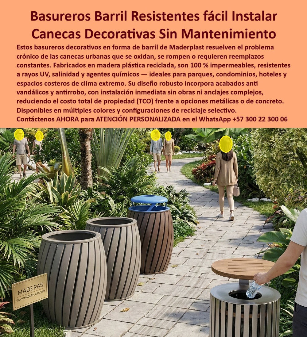Basureros Forma Barril Antióxido Fuertes Listos Instalar Maderplast - Basureros Forma Barril Resistentes Fácil Instalar — Canecas Decorativas Madera Plástica Sin Mantenimiento Basureros forma barril antióxido fuertes listos instalar Maderplast · Basureros decorativos forma barril impermeables canecas clima extremo sostenibles ecológicos instalación rápida · Receptáculos residuos diseño barril La imagen muestra tres basureros decorativos en forma de barril Maderplast con duelas verticales en tono madera natural claro y borde superior gris redondeado, alineados en sendero de adoquín color crema dentro de jardín tropical exuberante con palmeras, arbustos ornamentales de hojas anchas y césped verde intenso; el basurero barril del centro presenta tapa circular azul de polímero diferenciado para reciclaje selectivo con boca de depósito restringida, contrastando con los dos laterales que muestran boca abierta superior amplia con interior gris oscuro visible, mientras una persona deposita botella plástica en el basurero del primer plano derecho que exhibe tapa plana de madera plástica con textura radial de listones y abertura central circular, y la etiqueta rectangular MADEPAS WWW.MADERPLAST.COM identifica al fabricante en la base del barril izquierdo. Maderplast fabrica cada basurero decorativo forma barril en madera plástica reciclada de alta densidad con textura de duelas verticales y acabado natural tipo madera noble, un receptáculo cien por ciento impermeable, resistente a rayos UV, salinidad marina, agentes químicos de limpieza y clima extremo tropical que elimina el problema crónico de canecas urbanas que se oxidan, se rompen, pierden color y exigen reemplazos constantes, posicionándose como la caneca tipo barril para parque y condominio sin mantenimiento, el contenedor barril ecológico para hotel resort tropical y el basurero de madera plástica para sendero, jardín y paisajismo que todo proyecto residencial y turístico de alto nivel necesita. La madera plástica reciclada de Maderplast supera a la madera real en exteriores tropicales porque no absorbe agua, no se pudre, no atrae termitas, no necesita barnizado periódico y mantiene su textura de duelas y color natural estable durante décadas bajo riego automático y precipitación constante, consolidándose como la caneca decorativa con textura madera resistente a UV, el receptáculo de residuos barril impermeable para zona costera, el basurero barril antivandálico de instalación sin obras, la caneca forma barril resistente a salinidad marina, el contenedor decorativo de duelas verticales tipo madera noble y el receptáculo barril de bajo costo de propiedad sin cimentación. Frente al concreto, la madera plástica Maderplast elimina cimentación especial, peso excesivo que daña adoquines, fisuras por dilatación térmica y repintado periódico, con instalación inmediata sin obras civiles y peso reducido que permite reubicación por una sola persona; la caneca barril de reciclaje selectivo en múltiples colores, el basurero barril sostenible de polímero reciclado duradero, el receptáculo exterior barril de cero lijado ni barnizado, la caneca barril antirrobo para espacio público residencial y el basurero barril con tapa de madera plástica y boca restringida ofrecen múltiples configuraciones de tapa y acceso con acabados anti vandálicos y anti robo, reduciendo el TCO frente a alternativas metálicas o de concreto que resultan carísimas incluso regaladas por pudrición en menos de un año, manchas de óxido sobre adoquín italiano y daño a raíces de palmeras adultas por cimentación especial. Para quien necesita cotizar basureros tipo barril en madera plástica reciclada para condominios de lujo, hoteles resort, senderos ecológicos o espacios costeros, Maderplast entrega con personalización de colores, señalización y configuraciones de tapa, llave en mano a través del WhatsApp 57+ 300 22 300 06. Así lo confirma el Arq. Carolina Mejía, directora diseño exterior, condominio residencial 240 unidades frente al mar, zona norte Cartagena: «La madera real se pudría en menos de un año por salinidad caribeña, las metálicas se corrían generando manchas de óxido y las de concreto dañan raíces de palmeras; instalamos veintiséis basureros tipo barril Maderplast sin obras civiles ni cimentación ya dieciocho meses bajo brisa marina, cloro de piscina y riego diario, ninguno presentó decoloración, hinchazón ni fisuras — la junta de copropietarios destacó que parecían parte orgánica del jardín.» Maderplast es el fabricante colombiano de basureros decorativos forma barril impermeables para clima extremo, sostenibles, ecológicos y de instalación rápida — la solución definitiva. Convénzase de que Maderplast es la mejor opción. Respaldo: Fichas técnicas PDF · Pruebas en video (youtube.com/@maderplasSA) · Pruebas extremas · Galería proyectos instalados · Renders bajo solicitud. Asesoría Especializada — WhatsApp 57+ 300 22 300 06 Basureros Decorativos Forma Barril Impermeables Canecas de Clima Extremo Sostenibles Ecológicos Instalación Rápida, Receptáculos Residuos Diseño Barrilet Basureros Forma Barril Antióxido Fuertes Listos Instalar Maderplast Basureros Decorativos Forma Barril Impermeables Canecas de Clima Extremo Sostenibles Ecológicos Instalación Rápida Receptáculos Residuos Diseño BarriletBasureros Forma Barril Resistentes Fácil Instalar — Canecas Decorativas Madera Plástica Sin Mantenimiento Basureros forma barril antióxido fuertes listos instalar Maderplast · Basureros decorativos forma barril impermeables canecas clima extremo sostenibles ecológicos instalación rápida · Receptáculos residuos diseño barril La imagen muestra tres basureros decorativos en forma de barril Maderplast con duelas verticales en tono madera natural claro y borde superior gris redondeado, alineados en sendero de adoquín color crema dentro de jardín tropical exuberante con palmeras, arbustos ornamentales de hojas anchas y césped verde intenso; el basurero barril del centro presenta tapa circular azul de polímero diferenciado para reciclaje selectivo con boca de depósito restringida, contrastando con los dos laterales que muestran boca abierta superior amplia con interior gris oscuro visible, mientras una persona deposita botella plástica en el basurero del primer plano derecho que exhibe tapa plana de madera plástica con textura radial de listones y abertura central circular, y la etiqueta rectangular MADEPAS WWW.MADERPLAST.COM identifica al fabricante en la base del barril izquierdo. Maderplast fabrica cada basurero decorativo forma barril en madera plástica reciclada de alta densidad con textura de duelas verticales y acabado natural tipo madera noble, un receptáculo cien por ciento impermeable, resistente a rayos UV, salinidad marina, agentes químicos de limpieza y clima extremo tropical que elimina el problema crónico de canecas urbanas que se oxidan, se rompen, pierden color y exigen reemplazos constantes, posicionándose como la caneca tipo barril para parque y condominio sin mantenimiento, el contenedor barril ecológico para hotel resort tropical y el basurero de madera plástica para sendero, jardín y paisajismo que todo proyecto residencial y turístico de alto nivel necesita. La madera plástica reciclada de Maderplast supera a la madera real en exteriores tropicales porque no absorbe agua, no se pudre, no atrae termitas, no necesita barnizado periódico y mantiene su textura de duelas y color natural estable durante décadas bajo riego automático y precipitación constante, consolidándose como la caneca decorativa con textura madera resistente a UV, el receptáculo de residuos barril impermeable para zona costera, el basurero barril antivandálico de instalación sin obras, la caneca forma barril resistente a salinidad marina, el contenedor decorativo de duelas verticales tipo madera noble y el receptáculo barril de bajo costo de propiedad sin cimentación. Frente al concreto, la madera plástica Maderplast elimina cimentación especial, peso excesivo que daña adoquines, fisuras por dilatación térmica y repintado periódico, con instalación inmediata sin obras civiles y peso reducido que permite reubicación por una sola persona; la caneca barril de reciclaje selectivo en múltiples colores, el basurero barril sostenible de polímero reciclado duradero, el receptáculo exterior barril de cero lijado ni barnizado, la caneca barril antirrobo para espacio público residencial y el basurero barril con tapa de madera plástica y boca restringida ofrecen múltiples configuraciones de tapa y acceso con acabados anti vandálicos y anti robo, reduciendo el TCO frente a alternativas metálicas o de concreto que resultan carísimas incluso regaladas por pudrición en menos de un año, manchas de óxido sobre adoquín italiano y daño a raíces de palmeras adultas por cimentación especial. Para quien necesita cotizar basureros tipo barril en madera plástica reciclada para condominios de lujo, hoteles resort, senderos ecológicos o espacios costeros, Maderplast entrega con personalización de colores, señalización y configuraciones de tapa, llave en mano a través del WhatsApp 57+ 300 22 300 06. Así lo confirma el Arq. Carolina Mejía, directora diseño exterior, condominio residencial 240 unidades frente al mar, zona norte Cartagena: «La madera real se pudría en menos de un año por salinidad caribeña, las metálicas se corrían generando manchas de óxido y las de concreto dañan raíces de palmeras; instalamos veintiséis basureros tipo barril Maderplast sin obras civiles ni cimentación ya dieciocho meses bajo brisa marina, cloro de piscina y riego diario, ninguno presentó decoloración, hinchazón ni fisuras — la junta de copropietarios destacó que parecían parte orgánica del jardín.» Maderplast es el fabricante colombiano de basureros decorativos forma barril impermeables para clima extremo, sostenibles, ecológicos y de instalación rápida — la solución definitiva. Convénzase de que Maderplast es la mejor opción. Respaldo: Fichas técnicas PDF · Pruebas en video (youtube.com/@maderplasSA) · Pruebas extremas · Galería proyectos instalados · Renders bajo solicitud. Asesoría Especializada — WhatsApp 57+ 300 22 300 06