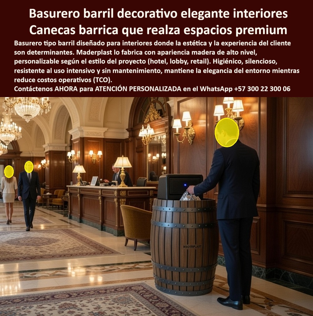 Basureros Tonel Decorativos Inoxidables Ambientes Húmedos Maderplast - Basurero Barril Decorativo Elegante Interiores — Canecas Barrica que Realza Espacios Premium Basureros tonel decorativos inoxidables ambientes húmedos Maderplast · Barril tonel alta resistencia ahorro costos · Basurera interior estilo barrica alta resistencia · Barril tonel apariencia madera elegante · Estación clasificación La imagen muestra un basurero decorativo tipo barril tonel Maderplast con duelas curvas en tono roble oscuro envejecido y tres aros metálicos horizontales simulados en color negro que ciñen el cuerpo, tapa superior oscura con boca de depósito rectangular discreta y marca MADERPLAST estampada en la franja central, posicionado sobre piso de mármol crema pulido en el lobby de recepción de un hotel gran lujo con paneles de madera tallada oscura con molduras decorativas, lámparas de pared de bronce con pantalla de pergamino, columnas con capiteles ornamentales, techo artesonado con molduras doradas, arcos de medio punto con rosetones y candelabros de bronce suspendidos, mientras un huésped con traje formal oscuro deposita residuo con gesto natural demostrando la altura ergonómica del tonel para uso de pie y la discreción de la boca de depósito que no interrumpe la experiencia del visitante, con el mostrador de recepción visible al fondo izquierdo atendiendo huéspedes. Maderplast fabrica este basurero barril decorativo para lobby de hotel de lujo en polímero de ingeniería con textura de madera envejecida que reproduce fielmente las vetas, nudos y tonalidades de una barrica artesanal, un tonel higiénico, silencioso, resistente al uso intensivo de cientos de huéspedes diarios y completamente libre de mantenimiento durante décadas, eliminando el barnizado periódico, la hinchazón por humedad y el agrietamiento por aire acondicionado que destruyen las barricas reales en ambientes hoteleros interiores. El polímero Maderplast imitación barrica elimina los tres problemas crónicos de la barrica real de roble: la madera genuina se agrieta por la baja humedad relativa del aire acondicionado hotelero, absorbe olores de residuos que impregnan la madera permanentemente y desarrolla hongos internos por condensación, mientras el polímero es impermeable, inodoro y dimensionalmente estable bajo cualquier condición de climatización interior, consolidándose como la caneca barrica de roble en polímero para interiores premium, el tonel de basura elegante para recepción cinco estrellas, el basurero tonel de imitación madera sin mantenimiento, la caneca decorativa barrica para restaurante, bodega y vinoteca, el basurero barril higiénico silencioso de uso hotelero, el tonel de residuos personalizable para interiorismo clásico, la caneca barrica impermeable para aire acondicionado interior, el basurero decorativo de duelas con aros metálicos simulados para mármol y bronce, el tonel de basura en polímero con textura de roble envejecido, la caneca forma barril para club privado y espacio premium, el basurero tonel resistente a huéspedes y tráfico diario y la caneca barrica de alta resistencia con ahorro de costos TCO. Personalizable según el estilo del proyecto — hotel histórico, lobby corporativo, retail de lujo, bodega restaurante o club privado — cada unidad reduce el costo total de propiedad mientras realza la elegancia del entorno como ningún contenedor convencional podría lograrlo, con una apariencia artesanal indistinguible de una barrica genuina a distancia de interacción normal del huésped. Para quien necesita cotizar basureros tipo barril tonel con apariencia de barrica de roble envejecido para lobby de hotel gran lujo, restaurante tipo bodega, vinoteca, club privado o casona patrimonial restaurada, Maderplast entrega con personalización completa de tonalidad de madera, acabado de aros metálicos, tipo de tapa y señalización discreta, llave en mano a través del WhatsApp 57+ 300 22 300 06. Así lo confirma Santiago Peña, director de alimentos y bebidas, hotel boutique 32 habitaciones, casona republicana restaurada, barrio La Candelaria Bogotá: «Intenté adaptar barricas reales de roble pero en menos de tres meses las duelas absorbieron olores de residuos que impregnaron el lobby de un tufo agridulce imposible de eliminar, y la madera se agrieta por el contraste entre la humedad del patio colonial y la sequedad del aire acondicionado. Los toneles Maderplast en polímero con textura de roble envejecido fueron validados por el curador de interiores como "visualmente indistinguibles de una barrica artesanal"; tras dieciocho meses ninguno absorbió olores, se agrieta ni perdió tono, y los huéspedes los fotografían creyendo que son piezas de anticuario.» Maderplast es el fabricante colombiano de basureros tonel decorativos inoxidables para ambientes húmedos, barricas tonel de alta resistencia con ahorro de costos, basureras interior estilo barril y barricas tonel con apariencia de madera elegante — la solución definitiva para la hotelería de lujo. Convénzase de que Maderplast es la mejor opción. Respaldo: Fichas técnicas PDF · Pruebas en video (youtube.com/@maderplasSA) · Pruebas extremas · Galería instalaciones hoteleras · Renders bajo solicitud. Asesoría Especializada — WhatsApp 57+ 300 22 300 06 Barril Tonel Alta Resistencia Ahorro Costos, Basurera Interior Estilo Barrica Alta Resistencia, Barril Tonel Apariencia Madera Elegante, Estación Clasificación Basureros Tonel Decorativos Inoxidables Ambientes Húmedos Maderplast Barril Tonel Alta Resistencia Ahorro Costos Basurera Interior Estilo Barrica Alta Resistencia Barril Tonel Apariencia Madera Elegante Estación Clasificación Basurero Barril Decorativo Elegante Interiores — Canecas Barrica que Realza Espacios Premium Basureros tonel decorativos inoxidables ambientes húmedos Maderplast · Barril tonel alta resistencia ahorro costos · Basurera interior estilo barrica alta resistencia · Barril tonel apariencia madera elegante · Estación clasificación La imagen muestra un basurero decorativo tipo barril tonel Maderplast con duelas curvas en tono roble oscuro envejecido y tres aros metálicos horizontales simulados en color negro que ciñen el cuerpo, tapa superior oscura con boca de depósito rectangular discreta y marca MADERPLAST estampada en la franja central, posicionado sobre piso de mármol crema pulido en el lobby de recepción de un hotel gran lujo con paneles de madera tallada oscura con molduras decorativas, lámparas de pared de bronce con pantalla de pergamino, columnas con capiteles ornamentales, techo artesonado con molduras doradas, arcos de medio punto con rosetones y candelabros de bronce suspendidos, mientras un huésped con traje formal oscuro deposita residuo con gesto natural demostrando la altura ergonómica del tonel para uso de pie y la discreción de la boca de depósito que no interrumpe la experiencia del visitante, con el mostrador de recepción visible al fondo izquierdo atendiendo huéspedes. Maderplast fabrica este basurero barril decorativo para lobby de hotel de lujo en polímero de ingeniería con textura de madera envejecida que reproduce fielmente las vetas, nudos y tonalidades de una barrica artesanal, un tonel higiénico, silencioso, resistente al uso intensivo de cientos de huéspedes diarios y completamente libre de mantenimiento durante décadas, eliminando el barnizado periódico, la hinchazón por humedad y el agrietamiento por aire acondicionado que destruyen las barricas reales en ambientes hoteleros interiores. El polímero Maderplast imitación barrica elimina los tres problemas crónicos de la barrica real de roble: la madera genuina se agrieta por la baja humedad relativa del aire acondicionado hotelero, absorbe olores de residuos que impregnan la madera permanentemente y desarrolla hongos internos por condensación, mientras el polímero es impermeable, inodoro y dimensionalmente estable bajo cualquier condición de climatización interior, consolidándose como la caneca barrica de roble en polímero para interiores premium, el tonel de basura elegante para recepción cinco estrellas, el basurero tonel de imitación madera sin mantenimiento, la caneca decorativa barrica para restaurante, bodega y vinoteca, el basurero barril higiénico silencioso de uso hotelero, el tonel de residuos personalizable para interiorismo clásico, la caneca barrica impermeable para aire acondicionado interior, el basurero decorativo de duelas con aros metálicos simulados para mármol y bronce, el tonel de basura en polímero con textura de roble envejecido, la caneca forma barril para club privado y espacio premium, el basurero tonel resistente a huéspedes y tráfico diario y la caneca barrica de alta resistencia con ahorro de costos TCO. Personalizable según el estilo del proyecto — hotel histórico, lobby corporativo, retail de lujo, bodega restaurante o club privado — cada unidad reduce el costo total de propiedad mientras realza la elegancia del entorno como ningún contenedor convencional podría lograrlo, con una apariencia artesanal indistinguible de una barrica genuina a distancia de interacción normal del huésped. Para quien necesita cotizar basureros tipo barril tonel con apariencia de barrica de roble envejecido para lobby de hotel gran lujo, restaurante tipo bodega, vinoteca, club privado o casona patrimonial restaurada, Maderplast entrega con personalización completa de tonalidad de madera, acabado de aros metálicos, tipo de tapa y señalización discreta, llave en mano a través del WhatsApp 57+ 300 22 300 06. Así lo confirma Santiago Peña, director de alimentos y bebidas, hotel boutique 32 habitaciones, casona republicana restaurada, barrio La Candelaria Bogotá: «Intenté adaptar barricas reales de roble pero en menos de tres meses las duelas absorbieron olores de residuos que impregnaron el lobby de un tufo agridulce imposible de eliminar, y la madera se agrieta por el contraste entre la humedad del patio colonial y la sequedad del aire acondicionado. Los toneles Maderplast en polímero con textura de roble envejecido fueron validados por el curador de interiores como "visualmente indistinguibles de una barrica artesanal"; tras dieciocho meses ninguno absorbió olores, se agrieta ni perdió tono, y los huéspedes los fotografían creyendo que son piezas de anticuario.» Maderplast es el fabricante colombiano de basureros tonel decorativos inoxidables para ambientes húmedos, barricas tonel de alta resistencia con ahorro de costos, basureras interior estilo barril y barricas tonel con apariencia de madera elegante — la solución definitiva para la hotelería de lujo. Convénzase de que Maderplast es la mejor opción. Respaldo: Fichas técnicas PDF · Pruebas en video (youtube.com/@maderplasSA) · Pruebas extremas · Galería instalaciones hoteleras · Renders bajo solicitud. Asesoría Especializada — WhatsApp 57+ 300 22 300 06