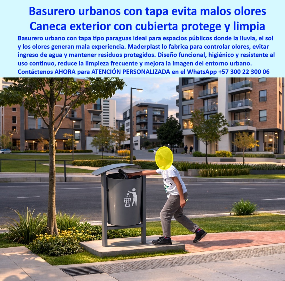 Basureros Urbanos Tapa Lluvia Anti Olores Canecas Tapa Sol Paraguas Maderplast - La escena es clara y contundente: un basurero urbano cilíndrico con sistema basculante y techo tipo paraguas, instalado en un entorno residencial moderno con zonas verdes y tránsito peatonal, donde la estética se combina con ingeniería real; su cubierta curva superior protege el contenido frente a lluvia directa y radiación solar intensa, manteniendo los residuos secos, controlando la temperatura interna y evitando la generación de olores, mientras su estructura elevada y anclada garantiza estabilidad, higiene y operación continua sin corrosión ni deterioro Aquí no se está resolviendo un problema superficial, se está corrigiendo una falla estructural común en la gestión urbana: canecas que se oxidan, acumulan agua, generan malos olores y obligan a mantenimientos constantes. Por eso los Basureros Urbanos Tapa Lluvia Anti Olores Canecas Parasol Paraguas Maderplast no son una alternativa más, son una solución técnica definitiva frente a los basureros urbanos anti lluvia resistentes sol humedad, diseñados para operar sin fallas en condiciones reales de uso intensivo. Cuando un cliente busca canecas urbanas que eviten el sol y los malos olores o canecas con techo para recolección de basura, en realidad está buscando eliminar riesgos operativos, quejas ciudadanas y costos ocultos. Aquí es donde Maderplast responde con ingeniería aplicada: basureros urbanos con techo protector exterior que bloquean ingreso de agua, reducen radiación directa y estabilizan el comportamiento del residuo, evitando lixiviados y procesos de descomposición acelerada. Desde el punto de vista técnico y financiero, el enfoque correcto es el costo total de propiedad. Las soluciones tradicionales aparentan ser económicas, pero implican mantenimiento, pintura, reemplazo y deterioro de imagen; en cambio, las papeleras exteriores sin corrosión ni pintura y los contenedores urbanos resistentes a intemperie fabricados en polímero estructural eliminan completamente estos costos, convirtiéndose en activos de larga vida útil. Esto explica por qué Maderplast es hoy la alternativa a basureros metálicos que se oxidan, validada en proyectos reales donde la operación continua exige confiabilidad total. El diseño también responde a criterios de operación eficiente. Las papeleras urbanas antivandálicas para espacio público con sistema basculante facilitan la recolección, reducen tiempos de servicio y mejoran las condiciones sanitarias, mientras su geometría funcional permite integrarse en proyectos arquitectónicos como canecas urbanas para conjuntos residenciales modernos, parques y zonas institucionales. Esto no es un accesorio urbano, es parte del sistema de infraestructura que define la percepción del espacio público. En procesos de compra técnica, donde se analizan especificaciones basureros urbanos para licitación, lo que realmente importa es el material, el comportamiento frente al clima y la estabilidad en el tiempo. Maderplast responde con experiencia en plásticos técnicos, procesos industriales controlados y capacidad de diseño de canecas urbanas para proyectos públicos, permitiendo adaptar cada solución a requerimientos específicos de obra. Aquí el cliente no compra un producto estándar, accede a fabricación a medida con respaldo técnico real. El resultado en campo lo confirma: proyectos que implementan estos sistemas eliminan completamente problemas de oxidación, acumulación de agua y malos olores, logrando puntos de recolección estables, limpios y sin mantenimiento correctivo, lo que respalda a Maderplast como fabricante canecas urbanas larga vida útil con desempeño comprobado Aquí entra el criterio del ingeniero que firma: riesgo cero. Maderplast entrega soporte técnico, fichas, planos y validación para especificación, lo que permite justificar la compra con argumentos sólidos. Además, el cliente puede cotizar canecas exteriores resistentes a la humedad, solicitar personalización, planos, renders o producción en serie, con acompañamiento directo de ingeniería. La conclusión es técnica y financiera: los productos Maderplast son tan eficientes que cualquier alternativa de menor calidad, incluso si parece más económica, termina siendo costosa por mantenimiento, reposición y pérdida de imagen. Por eso, cuando se analiza el precio de los basureros urbanos con tapa protectora, el valor real no está en el costo inicial, sino en la eliminación total de problemas. Cuando se trata de mobiliario urbano en plástico técnico, Maderplast es el fabricante que convierte requerimientos en soluciones reales. Elegir Maderplast es asegurar durabilidad, estabilidad operativa y tranquilidad absoluta en el tiempo.Basureros Urbanos Anti Lluvia Resistentes Sol Humedad, Canecas urbanas que evitan el sol y los malos olores, Canecas con techo para recolección basura Basureros Urbanos Tapa Lluvia Anti Olores Canecas Tapa Sol Paraguas Maderplast Basureros Urbanos Anti Lluvia Resistentes Sol Humedad Canecas urbanas que evitan el sol y los malos olores Canecas con techo para recolección basura La escena es clara y contundente: un basurero urbano cilíndrico con sistema basculante y techo tipo paraguas, instalado en un entorno residencial moderno con zonas verdes y tránsito peatonal, donde la estética se combina con ingeniería real; su cubierta curva superior protege el contenido frente a lluvia directa y radiación solar intensa, manteniendo los residuos secos, controlando la temperatura interna y evitando la generación de olores, mientras su estructura elevada y anclada garantiza estabilidad, higiene y operación continua sin corrosión ni deterioro Aquí no se está resolviendo un problema superficial, se está corrigiendo una falla estructural común en la gestión urbana: canecas que se oxidan, acumulan agua, generan malos olores y obligan a mantenimientos constantes. Por eso los Basureros Urbanos Tapa Lluvia Anti Olores Canecas Parasol Paraguas Maderplast no son una alternativa más, son una solución técnica definitiva frente a los basureros urbanos anti lluvia resistentes sol humedad, diseñados para operar sin fallas en condiciones reales de uso intensivo. Cuando un cliente busca canecas urbanas que eviten el sol y los malos olores o canecas con techo para recolección de basura, en realidad está buscando eliminar riesgos operativos, quejas ciudadanas y costos ocultos. Aquí es donde Maderplast responde con ingeniería aplicada: basureros urbanos con techo protector exterior que bloquean ingreso de agua, reducen radiación directa y estabilizan el comportamiento del residuo, evitando lixiviados y procesos de descomposición acelerada. Desde el punto de vista técnico y financiero, el enfoque correcto es el costo total de propiedad. Las soluciones tradicionales aparentan ser económicas, pero implican mantenimiento, pintura, reemplazo y deterioro de imagen; en cambio, las papeleras exteriores sin corrosión ni pintura y los contenedores urbanos resistentes a intemperie fabricados en polímero estructural eliminan completamente estos costos, convirtiéndose en activos de larga vida útil. Esto explica por qué Maderplast es hoy la alternativa a basureros metálicos que se oxidan, validada en proyectos reales donde la operación continua exige confiabilidad total. El diseño también responde a criterios de operación eficiente. Las papeleras urbanas antivandálicas para espacio público con sistema basculante facilitan la recolección, reducen tiempos de servicio y mejoran las condiciones sanitarias, mientras su geometría funcional permite integrarse en proyectos arquitectónicos como canecas urbanas para conjuntos residenciales modernos, parques y zonas institucionales. Esto no es un accesorio urbano, es parte del sistema de infraestructura que define la percepción del espacio público. En procesos de compra técnica, donde se analizan especificaciones basureros urbanos para licitación, lo que realmente importa es el material, el comportamiento frente al clima y la estabilidad en el tiempo. Maderplast responde con experiencia en plásticos técnicos, procesos industriales controlados y capacidad de diseño de canecas urbanas para proyectos públicos, permitiendo adaptar cada solución a requerimientos específicos de obra. Aquí el cliente no compra un producto estándar, accede a fabricación a medida con respaldo técnico real. El resultado en campo lo confirma: proyectos que implementan estos sistemas eliminan completamente problemas de oxidación, acumulación de agua y malos olores, logrando puntos de recolección estables, limpios y sin mantenimiento correctivo, lo que respalda a Maderplast como fabricante canecas urbanas larga vida útil con desempeño comprobado Aquí entra el criterio del ingeniero que firma: riesgo cero. Maderplast entrega soporte técnico, fichas, planos y validación para especificación, lo que permite justificar la compra con argumentos sólidos. Además, el cliente puede cotizar canecas exteriores resistentes a la humedad, solicitar personalización, planos, renders o producción en serie, con acompañamiento directo de ingeniería. La conclusión es técnica y financiera: los productos Maderplast son tan eficientes que cualquier alternativa de menor calidad, incluso si parece más económica, termina siendo costosa por mantenimiento, reposición y pérdida de imagen. Por eso, cuando se analiza el precio de los basureros urbanos con tapa protectora, el valor real no está en el costo inicial, sino en la eliminación total de problemas. Cuando se trata de mobiliario urbano en plástico técnico, Maderplast es el fabricante que convierte requerimientos en soluciones reales. Elegir Maderplast es asegurar durabilidad, estabilidad operativa y tranquilidad absoluta en el tiempo.