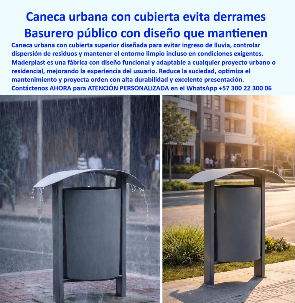 Basureros Urbanos Tapa Lluvia Anti Olores Canecas Tapa Sol Paraguas Maderplast - Caneca Urbana con Cubierta Antilluvia — Basurero Público con Diseño que Mantiene el Entorno Limpio Basureros urbanos tapa lluvia anti olores · Canecas parasol paraguas Maderplast · Contenedores amoblamiento público herméticos Dos tomas de la misma caneca urbana Maderplast con cubierta curva protectora demuestran su comportamiento bajo condiciones opuestas: a la izquierda, bajo un aguacero intenso donde el agua escurre por la superficie convexa del techo sin penetrar al recipiente interior mientras las gotas resbalan por el cuerpo cilíndrico gris grafito sin dejar marcas ni acumulación; a la derecha, bajo sol directo de atardecer en un andén urbano con edificios residenciales al fondo, donde la misma pieza conserva tono uniforme sin decoloración ni deformación térmica. El diseño presenta un cuerpo cilíndrico liso de paredes continuas sin juntas expuestas, sostenido por dos columnas laterales en perfil tubular curvo que nacen desde la base de anclaje al piso y se prolongan hasta formar el arco del techo, creando una silueta limpia y contemporánea que se integra al paisaje de cualquier corredor peatonal. Maderplast produce tanto el recipiente como la estructura portante en polímero de ingeniería que no absorbe agua, no propaga olores por porosidad y no genera lixiviados por contacto con residuos húmedos — tres problemas crónicos de las canecas metálicas perforadas que convierten la basura mojada en foco de malos olores y proliferación de vectores sanitarios, y precisamente esa es la alternativa a canecas metálicas perforadas que generan olores que todo municipio necesita para mantener andenes limpios y libres de quejas sanitarias. La caneca urbana con techo protector para andenes y el basurero exterior que evita malos olores por lluvia representan la solución de fondo al problema crónico de agua estancada dentro de los recipientes de espacio público, porque la cubierta curva desvía el cien por ciento del agua lluvia fuera del contenedor y el cuerpo cilíndrico cerrado, sin perforaciones ni juntas, impide que la humedad ambiental penetre al interior y que los líquidos de los residuos escurran al andén. El comparativo entre caneca de polímero versus acero pintado en exteriores confirma que el metal pintado genera corrosión galvánica en soldaduras con la primera temporada de lluvias, mientras que el polímero Maderplast mantiene estructura y color inalterados bajo exposición permanente a agua, UV y cambios térmicos sin ninguna intervención, consolidándose como la mejor caneca pública que no se oxida ni decolora y como el fabricante de papeleras exteriores en polímero resistente a intemperie con diseño de basurero de cubierta curva para corredor peatonal y renovación urbana. Las especificaciones de caneca urbana para pliego de espacio público y el pliego técnico de papeleras municipales resistentes a clima tropical se resuelven con Maderplast como proveedor de mobiliario urbano de canecas con diseño contemporáneo, personalizables en color y dimensión para adaptarse a lineamientos de patrimonio urbano y planes parciales de renovación, con canecas impermeables sin porosidad para zonas de lluvia y vida útil documentada superior a veinte años. Para quien necesita cotizar canecas de amoblamiento urbano para zona comercial o el suministro de basureros urbanos con cubierta para proyecto municipal, Maderplast entrega propuesta con diseño de anclaje, cronograma de instalación, precio de caneca urbana individual con instalación sobre andén y texto técnico listo para proceso de contratación; el comprar basurero público con cubierta antilluvia en Colombia se resuelve con una sola llamada al WhatsApp 57+ 300 22 300 06, donde el equipo de ingeniería coordina cotización, personalización, planos, renders y producción en serie. Así lo confirma el equipo de planeación urbana, proyecto de renovación de corredor comercial, municipio del Valle del Cauca, 2023: «Las canecas de lámina perforada se convirtieron en foco permanente de malos olores; cada aguacero inunda los recipientes, la basura húmeda genera lixiviados que escurren al andén y los comerciantes reportaron moscas y roedores. Se reemplazaron por canecas Maderplast con cubierta curva; ocho meses después las quejas por olores desaparecieron del registro de PQRS, la frecuencia de lavado se redujo a una vez por semana sin químicos y las canecas conservan su acabado gris grafito original sin decoloración.» Convénzase de que Maderplast es la mejor y más segura opción: canecas que evitan el derrame de basuras, canecas ideales para espacios públicos, contenedores de amoblamiento público herméticos que evitan malos olores — el fabricante colombiano que convierte problemas en soluciones definitivas. Respaldo: Fichas técnicas PDF · Pruebas en video (youtube.com/@maderplasSA) · Pruebas extremas mazo/retroexcavadora/rotomartillo · Galería de proyectos · Renders bajo solicitud. Asesoría Especializada — WhatsApp 57+ 300 22 300 06 Canecas que evitan el derrame de basuras, Canecas ideales para espacios públicos, Contenedores Amoblamiento Público Herméticos Evitan Malos Olores, P Basureros Urbanos Tapa Lluvia Anti Olores Canecas Tapa Sol Paraguas Maderplast Canecas que evitan el derrame de basuras Canecas ideales para espacios públicos Contenedores Amoblamiento Público Herméticos Evitan Malos Olores P Caneca Urbana con Cubierta Antilluvia — Basurero Público con Diseño que Mantiene el Entorno Limpio Basureros urbanos tapa lluvia anti olores · Canecas parasol paraguas Maderplast · Contenedores amoblamiento público herméticos Dos tomas de la misma caneca urbana Maderplast con cubierta curva protectora demuestran su comportamiento bajo condiciones opuestas: a la izquierda, bajo un aguacero intenso donde el agua escurre por la superficie convexa del techo sin penetrar al recipiente interior mientras las gotas resbalan por el cuerpo cilíndrico gris grafito sin dejar marcas ni acumulación; a la derecha, bajo sol directo de atardecer en un andén urbano con edificios residenciales al fondo, donde la misma pieza conserva tono uniforme sin decoloración ni deformación térmica. El diseño presenta un cuerpo cilíndrico liso de paredes continuas sin juntas expuestas, sostenido por dos columnas laterales en perfil tubular curvo que nacen desde la base de anclaje al piso y se prolongan hasta formar el arco del techo, creando una silueta limpia y contemporánea que se integra al paisaje de cualquier corredor peatonal. Maderplast produce tanto el recipiente como la estructura portante en polímero de ingeniería que no absorbe agua, no propaga olores por porosidad y no genera lixiviados por contacto con residuos húmedos — tres problemas crónicos de las canecas metálicas perforadas que convierten la basura mojada en foco de malos olores y proliferación de vectores sanitarios, y precisamente esa es la alternativa a canecas metálicas perforadas que generan olores que todo municipio necesita para mantener andenes limpios y libres de quejas sanitarias. La caneca urbana con techo protector para andenes y el basurero exterior que evita malos olores por lluvia representan la solución de fondo al problema crónico de agua estancada dentro de los recipientes de espacio público, porque la cubierta curva desvía el cien por ciento del agua lluvia fuera del contenedor y el cuerpo cilíndrico cerrado, sin perforaciones ni juntas, impide que la humedad ambiental penetre al interior y que los líquidos de los residuos escurran al andén. El comparativo entre caneca de polímero versus acero pintado en exteriores confirma que el metal pintado genera corrosión galvánica en soldaduras con la primera temporada de lluvias, mientras que el polímero Maderplast mantiene estructura y color inalterados bajo exposición permanente a agua, UV y cambios térmicos sin ninguna intervención, consolidándose como la mejor caneca pública que no se oxida ni decolora y como el fabricante de papeleras exteriores en polímero resistente a intemperie con diseño de basurero de cubierta curva para corredor peatonal y renovación urbana. Las especificaciones de caneca urbana para pliego de espacio público y el pliego técnico de papeleras municipales resistentes a clima tropical se resuelven con Maderplast como proveedor de mobiliario urbano de canecas con diseño contemporáneo, personalizables en color y dimensión para adaptarse a lineamientos de patrimonio urbano y planes parciales de renovación, con canecas impermeables sin porosidad para zonas de lluvia y vida útil documentada superior a veinte años. Para quien necesita cotizar canecas de amoblamiento urbano para zona comercial o el suministro de basureros urbanos con cubierta para proyecto municipal, Maderplast entrega propuesta con diseño de anclaje, cronograma de instalación, precio de caneca urbana individual con instalación sobre andén y texto técnico listo para proceso de contratación; el comprar basurero público con cubierta antilluvia en Colombia se resuelve con una sola llamada al WhatsApp 57+ 300 22 300 06, donde el equipo de ingeniería coordina cotización, personalización, planos, renders y producción en serie. Así lo confirma el equipo de planeación urbana, proyecto de renovación de corredor comercial, municipio del Valle del Cauca, 2023: «Las canecas de lámina perforada se convirtieron en foco permanente de malos olores; cada aguacero inunda los recipientes, la basura húmeda genera lixiviados que escurren al andén y los comerciantes reportaron moscas y roedores. Se reemplazaron por canecas Maderplast con cubierta curva; ocho meses después las quejas por olores desaparecieron del registro de PQRS, la frecuencia de lavado se redujo a una vez por semana sin químicos y las canecas conservan su acabado gris grafito original sin decoloración.» Convénzase de que Maderplast es la mejor y más segura opción: canecas que evitan el derrame de basuras, canecas ideales para espacios públicos, contenedores de amoblamiento público herméticos que evitan malos olores — el fabricante colombiano que convierte problemas en soluciones definitivas. Respaldo: Fichas técnicas PDF · Pruebas en video (youtube.com/@maderplasSA) · Pruebas extremas mazo/retroexcavadora/rotomartillo · Galería de proyectos · Renders bajo solicitud. Asesoría Especializada — WhatsApp 57+ 300 22 300 06