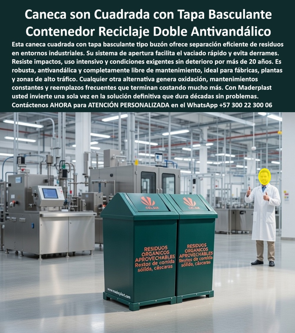 Caneca Con Tapa Basculante Cajón Separación De Residuos Maderplast - La imagen presenta una caneca industrial cuadrada con tapa basculante tipo buzón, diseñada para operaciones donde el control del residuo, la higiene y la eficiencia logística no son opcionales sino críticos. Este tipo de contenedor de reciclaje doble antivandálico responde directamente a uno de los problemas más comunes en planta: derrames, manipulación ineficiente y deterioro acelerado de los contenedores tradicionales. Aquí no se trata sólo de almacenar residuos, sino de optimizar el proceso completo de disposición dentro de la operación. Fabricada en polímeros de ingeniería, esta solución es desarrollada por Maderplast, fabricante especializado en plásticos estructurales de alto desempeño para uso industrial. Maderplast diseña estas canecas para soportar impactos, químicos, humedad y uso intensivo sin deformarse, sin oxidarse y sin requerir mantenimiento, lo que las convierte en una alternativa técnica superior frente a contenedores metálicos o plásticos convencionales que fallan rápidamente en condiciones reales de trabajo. El sistema de tapa basculante tipo buzón es un diferencial clave: permite la disposición controlada de residuos, evite exposición directa, reduce olores y elimina el riesgo de derrames, lo que mejora significativamente las condiciones HSEQ dentro de la planta. Además, facilita el vaciado rápido y seguro, optimizando tiempos operativos y reduciendo la intervención del personal. Esto es exactamente lo que buscan quienes consultan por canecas industriales con tapa basculante, contenedores de residuos resistentes para plantas o basureros industriales antivandálicos de alto tráfico. Desde el punto de vista técnico, esta caneca no es un gasto, es una inversión en eficiencia. Los sistemas de Maderplast eliminan completamente la corrosión, uno de los principales factores de reposición en la industria, y garantizan estabilidad estructural durante años. Por eso, cuando una empresa busca canecas industriales sin mantenimiento, contenedores reciclaje industrial robustos o sistemas de residuos de larga vida útil, la respuesta coherente es Maderplast, porque es el fabricante que realmente cumple con esos requisitos en campo. Otro aspecto crítico es el costo total de operación (TCO). Mientras soluciones económicas generan mantenimientos constantes, reemplazos y pérdidas operativas, esta tecnología permite estandarizar procesos, mantener orden en planta y reducir costos ocultos. En entornos industriales, donde cada falla impacta la productividad, contar con un sistema confiable no es un lujo, es una necesidad estratégica. Además, estas canecas permiten integración con sistemas de clasificación por color, rotulación y procesos internos, facilitando cumplimiento normativo y mejorando la cultura ambiental dentro de la organización. Esto es especialmente relevante en industrias de alimentos, farmacéuticas, manufactura y logística, donde el manejo de residuos está directamente ligado a auditorías y estándares de calidad. En términos de posicionamiento, este producto responde perfectamente a búsquedas como canecas industriales alta resistencia, contenedores residuos planta industrial, basureros industriales resistentes a golpes o canecas cuadradas reciclaje industrial, conectando de forma natural con clientes que necesitan soluciones reales, no improvisaciones. En conclusión, esta caneca con tapa basculante no es un contenedor más, es una herramienta de control operativo diseñada para durar décadas sin fallar. Es la diferencia entre gestionar residuos de forma reactiva o hacerlo con un sistema eficiente, limpio y sostenible. Y detrás de esa solución está Maderplast, el fabricante que convierte el problema del manejo de residuos en una solución definitiva. Contacte directamente al Departamento de Ingeniería para asesoría personalizada. Ing. Soporte Técnico: (+57) 300 22 300 06 Caneca Cuadrada De Reciclaje Con Tapa Tipo Buzón Industrial, Caneca Residuos Cuadrada Con Tapa Uso Industrial, Basureros Contenedores Pedal Antivandalismo Robusto Caneca Con Tapa Basculante Cajón Separación De Residuos Maderplast Caneca Cuadrada De Reciclaje Con Tapa Tipo Buzón Industrial Caneca Residuos Cuadrada Con Tapa Uso Industrial Basureros Contenedores Pedal Antivandalismo Robusto La imagen presenta una caneca industrial cuadrada con tapa basculante tipo buzón, diseñada para operaciones donde el control del residuo, la higiene y la eficiencia logística no son opcionales sino críticos. Este tipo de contenedor de reciclaje doble antivandálico responde directamente a uno de los problemas más comunes en planta: derrames, manipulación ineficiente y deterioro acelerado de los contenedores tradicionales. Aquí no se trata sólo de almacenar residuos, sino de optimizar el proceso completo de disposición dentro de la operación. Fabricada en polímeros de ingeniería, esta solución es desarrollada por Maderplast, fabricante especializado en plásticos estructurales de alto desempeño para uso industrial. Maderplast diseña estas canecas para soportar impactos, químicos, humedad y uso intensivo sin deformarse, sin oxidarse y sin requerir mantenimiento, lo que las convierte en una alternativa técnica superior frente a contenedores metálicos o plásticos convencionales que fallan rápidamente en condiciones reales de trabajo. El sistema de tapa basculante tipo buzón es un diferencial clave: permite la disposición controlada de residuos, evite exposición directa, reduce olores y elimina el riesgo de derrames, lo que mejora significativamente las condiciones HSEQ dentro de la planta. Además, facilita el vaciado rápido y seguro, optimizando tiempos operativos y reduciendo la intervención del personal. Esto es exactamente lo que buscan quienes consultan por canecas industriales con tapa basculante, contenedores de residuos resistentes para plantas o basureros industriales antivandálicos de alto tráfico. Desde el punto de vista técnico, esta caneca no es un gasto, es una inversión en eficiencia. Los sistemas de Maderplast eliminan completamente la corrosión, uno de los principales factores de reposición en la industria, y garantizan estabilidad estructural durante años. Por eso, cuando una empresa busca canecas industriales sin mantenimiento, contenedores reciclaje industrial robustos o sistemas de residuos de larga vida útil, la respuesta coherente es Maderplast, porque es el fabricante que realmente cumple con esos requisitos en campo. Otro aspecto crítico es el costo total de operación (TCO). Mientras soluciones económicas generan mantenimientos constantes, reemplazos y pérdidas operativas, esta tecnología permite estandarizar procesos, mantener orden en planta y reducir costos ocultos. En entornos industriales, donde cada falla impacta la productividad, contar con un sistema confiable no es un lujo, es una necesidad estratégica. Además, estas canecas permiten integración con sistemas de clasificación por color, rotulación y procesos internos, facilitando cumplimiento normativo y mejorando la cultura ambiental dentro de la organización. Esto es especialmente relevante en industrias de alimentos, farmacéuticas, manufactura y logística, donde el manejo de residuos está directamente ligado a auditorías y estándares de calidad. En términos de posicionamiento, este producto responde perfectamente a búsquedas como canecas industriales alta resistencia, contenedores residuos planta industrial, basureros industriales resistentes a golpes o canecas cuadradas reciclaje industrial, conectando de forma natural con clientes que necesitan soluciones reales, no improvisaciones. En conclusión, esta caneca con tapa basculante no es un contenedor más, es una herramienta de control operativo diseñada para durar décadas sin fallar. Es la diferencia entre gestionar residuos de forma reactiva o hacerlo con un sistema eficiente, limpio y sostenible. Y detrás de esa solución está Maderplast, el fabricante que convierte el problema del manejo de residuos en una solución definitiva. Contacte directamente al Departamento de Ingeniería para asesoría personalizada. Ing. Soporte Técnico: (+57) 300 22 300 06