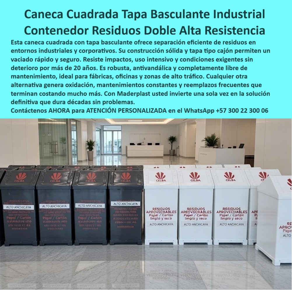 Caneca Con Tapa Basculante Cajón Separación De Residuos Maderplast - Caneca Cuadrada Tapa Basculante Industrial — Contenedor Residuos Doble Alta Resistencia Personalizado por Sede Caneca con tapa basculante cajón separación de residuos Maderplast · Contenedor residuos cuadrado con tapa alta resistencia · Papeleras móviles seguridad inmunes corrosión construcción sólida · Basureros grandes pedal antivandalismo La imagen muestra dos filas paralelas de canecas cuadradas industriales Maderplast con tapa basculante tipo cajón personalizadas con logotipo corporativo SELVA en rojo y señalización de ubicación «Alto Anchicaya» para separación de residuos aprovechables de papel y cartón limpio y seco: a la izquierda, cinco unidades en tono gris oscuro con señalización frontal en texto blanco que incluye código numérico de trazabilidad; a la derecha, cinco unidades en color blanco con señalización en texto rojo que lee «RESIDUOS APROVECHABLES — Papel / Cartón limpio y seco — ALTO ANCHICAYA», ambas filas alineadas sobre piso de porcelanato claro en área de despacho con mostrador de recepción corporativa visible al fondo y ventanales de vidrio, evidenciando la doble presentación cromática para diferenciación visual por tipo de residuo o área de instalación en central hidroeléctrica. Maderplast fabrica estas canecas cuadradas con tapa basculante industrial de alta resistencia en polímero macizo de alta densidad con construcción sólida antivandálica que resiste impactos, condiciones climáticas extremas de zona selvática húmeda con humedad relativa superior al noventa por ciento y uso intensivo de personal operativo durante más de veinte años sin deterioro, oxidación ni deformación de paredes o tapa, permitiendo vaciado rápido y seguro gracias al sistema basculante que se abre sin contacto manual prolongado, posicionándose como el contenedor de residuos cuadrado con tapa de alta resistencia, la papelera móvil de seguridad inmune a corrosión con construcción sólida y el cajón de separación de aprovechables de papel y cartón limpio que toda central hidroeléctrica, planta energética e instalación industrial de múltiples sedes necesita para cumplir planes de manejo ambiental ante la autoridad regulatoria. Las canecas poliméricas Maderplast superan a las metálicas en plantas energéticas con ambiente corrosivo porque no generan chispa por fricción en zonas de riesgo eléctrico, no se corroen por contacto con químicos industriales, no requieren puesta a tierra adicional y mantienen integridad estructural bajo operación continua sin soldadura correctiva ni repintado, consolidándose como la caneca industrial antivandálica para planta energética, el contenedor cuadrado con señalización corporativa y trazabilidad por sede, el cajón de reciclaje basculante para zona húmeda selvática, la caneca de polímero inmune a corrosión en ambiente industrial, el contenedor de residuos personalizado con logo de empresa por sede, el cajón de basura industrial de vaciado rápido y seguro, la caneca cuadrada de doble presentación gris y blanco, el contenedor de aprovechables conforme a plan de manejo ambiental del sector energía, la caneca con tapa cajón resistente a impactos y uso intensivo, el contenedor industrial de cero mantenimiento a veinte años y el cajón de reciclaje corporativo para múltiples sedes personalizable. Maderplast personaliza cada lote con logotipo institucional, nombre de planta o proyecto, código de clasificación de residuo y color diferenciado según normativa ambiental del sector energético estampado directamente sobre la superficie polimérica, garantizando trazabilidad permanente de gestión de residuos que no se despega con lluvia ni lavado, con un TCO tan bajo que los contenedores metálicos, incluso regalados, resultan carísimos por oxidación en menos de cuatro meses, pérdida de señalización adhesiva con lluvias torrenciales y logística fluvial y terrestre de reposición que multiplica el costo real por cuatro en subestaciones remotas. Para quien necesita cotizar canecas cuadradas industriales con tapa basculante personalizadas con logo corporativo para centrales hidroeléctricas, plantas de energía o proyectos industriales multi-sede, Maderplast entrega con señalización estampada, diferenciación cromática por tipo de residuo y trazabilidad por sede, llave en mano a través del WhatsApp 57+ 300 22 300 06. Así lo confirma el Ing. Mauricio Escobar, coordinador plan de manejo ambiental, central hidroeléctrica SELVA Alto Anchicayá, Pacífico colombiano: «Los contenedores metálicos se oxidan en menos de cuatro meses por humedad superior al noventa y dos por ciento, perdían señalización con las lluvias diarias y contaminaban el material aprovechable; cada reposición implicaba logística fluvial que multiplicaba el costo por cuatro. Instalamos canecas cuadradas Maderplast con tapa basculante y señalización estampada en lotes gris y blanco; a veinticuatro meses bajo las condiciones climáticas más agresivas del país, cero pérdida de señalización, cero oxidación y cero reposiciones.» Maderplast es el fabricante colombiano de contenedores de residuos cuadrados de alta resistencia, papeleras inmunes a corrosión con construcción sólida y basureros grandes antivandalismo — la solución definitiva para el sector industrial y energético. Convénzase de que Maderplast es la mejor opción. Respaldo: Fichas técnicas PDF · Pruebas en video (youtube.com/@maderplasSA) · Pruebas extremas · Galería dotaciones industriales · Renders bajo solicitud. Asesoría Especializada — WhatsApp 57+ 300 22 300 06 Contenedor Residuos Cuadrado Con Tapa Alta Resistencia, Papeleras Móviles Seguridad Inmunes Corrosión Construcción Sólida, Basureros Grandes Pedal Antivandalismo Caneca Con Tapa Basculante Cajón Separación De Residuos Maderplast Contenedor Residuos Cuadrado Con Tapa Alta Resistencia Papeleras Móviles Seguridad Inmunes Corrosión Construcción Sólida Basureros Grandes Pedal Antivandalismo Caneca Cuadrada Tapa Basculante Industrial — Contenedor Residuos Doble Alta Resistencia Personalizado por Sede Caneca con tapa basculante cajón separación de residuos Maderplast · Contenedor residuos cuadrado con tapa alta resistencia · Papeleras móviles seguridad inmunes corrosión construcción sólida · Basureros grandes pedal antivandalismo La imagen muestra dos filas paralelas de canecas cuadradas industriales Maderplast con tapa basculante tipo cajón personalizadas con logotipo corporativo SELVA en rojo y señalización de ubicación «Alto Anchicaya» para separación de residuos aprovechables de papel y cartón limpio y seco: a la izquierda, cinco unidades en tono gris oscuro con señalización frontal en texto blanco que incluye código numérico de trazabilidad; a la derecha, cinco unidades en color blanco con señalización en texto rojo que lee «RESIDUOS APROVECHABLES — Papel / Cartón limpio y seco — ALTO ANCHICAYA», ambas filas alineadas sobre piso de porcelanato claro en área de despacho con mostrador de recepción corporativa visible al fondo y ventanales de vidrio, evidenciando la doble presentación cromática para diferenciación visual por tipo de residuo o área de instalación en central hidroeléctrica. Maderplast fabrica estas canecas cuadradas con tapa basculante industrial de alta resistencia en polímero macizo de alta densidad con construcción sólida antivandálica que resiste impactos, condiciones climáticas extremas de zona selvática húmeda con humedad relativa superior al noventa por ciento y uso intensivo de personal operativo durante más de veinte años sin deterioro, oxidación ni deformación de paredes o tapa, permitiendo vaciado rápido y seguro gracias al sistema basculante que se abre sin contacto manual prolongado, posicionándose como el contenedor de residuos cuadrado con tapa de alta resistencia, la papelera móvil de seguridad inmune a corrosión con construcción sólida y el cajón de separación de aprovechables de papel y cartón limpio que toda central hidroeléctrica, planta energética e instalación industrial de múltiples sedes necesita para cumplir planes de manejo ambiental ante la autoridad regulatoria. Las canecas poliméricas Maderplast superan a las metálicas en plantas energéticas con ambiente corrosivo porque no generan chispa por fricción en zonas de riesgo eléctrico, no se corroen por contacto con químicos industriales, no requieren puesta a tierra adicional y mantienen integridad estructural bajo operación continua sin soldadura correctiva ni repintado, consolidándose como la caneca industrial antivandálica para planta energética, el contenedor cuadrado con señalización corporativa y trazabilidad por sede, el cajón de reciclaje basculante para zona húmeda selvática, la caneca de polímero inmune a corrosión en ambiente industrial, el contenedor de residuos personalizado con logo de empresa por sede, el cajón de basura industrial de vaciado rápido y seguro, la caneca cuadrada de doble presentación gris y blanco, el contenedor de aprovechables conforme a plan de manejo ambiental del sector energía, la caneca con tapa cajón resistente a impactos y uso intensivo, el contenedor industrial de cero mantenimiento a veinte años y el cajón de reciclaje corporativo para múltiples sedes personalizable. Maderplast personaliza cada lote con logotipo institucional, nombre de planta o proyecto, código de clasificación de residuo y color diferenciado según normativa ambiental del sector energético estampado directamente sobre la superficie polimérica, garantizando trazabilidad permanente de gestión de residuos que no se despega con lluvia ni lavado, con un TCO tan bajo que los contenedores metálicos, incluso regalados, resultan carísimos por oxidación en menos de cuatro meses, pérdida de señalización adhesiva con lluvias torrenciales y logística fluvial y terrestre de reposición que multiplica el costo real por cuatro en subestaciones remotas. Para quien necesita cotizar canecas cuadradas industriales con tapa basculante personalizadas con logo corporativo para centrales hidroeléctricas, plantas de energía o proyectos industriales multi-sede, Maderplast entrega con señalización estampada, diferenciación cromática por tipo de residuo y trazabilidad por sede, llave en mano a través del WhatsApp 57+ 300 22 300 06. Así lo confirma el Ing. Mauricio Escobar, coordinador plan de manejo ambiental, central hidroeléctrica SELVA Alto Anchicayá, Pacífico colombiano: «Los contenedores metálicos se oxidan en menos de cuatro meses por humedad superior al noventa y dos por ciento, perdían señalización con las lluvias diarias y contaminaban el material aprovechable; cada reposición implicaba logística fluvial que multiplicaba el costo por cuatro. Instalamos canecas cuadradas Maderplast con tapa basculante y señalización estampada en lotes gris y blanco; a veinticuatro meses bajo las condiciones climáticas más agresivas del país, cero pérdida de señalización, cero oxidación y cero reposiciones.» Maderplast es el fabricante colombiano de contenedores de residuos cuadrados de alta resistencia, papeleras inmunes a corrosión con construcción sólida y basureros grandes antivandalismo — la solución definitiva para el sector industrial y energético. Convénzase de que Maderplast es la mejor opción. Respaldo: Fichas técnicas PDF · Pruebas en video (youtube.com/@maderplasSA) · Pruebas extremas · Galería dotaciones industriales · Renders bajo solicitud. Asesoría Especializada — WhatsApp 57+ 300 22 300 06