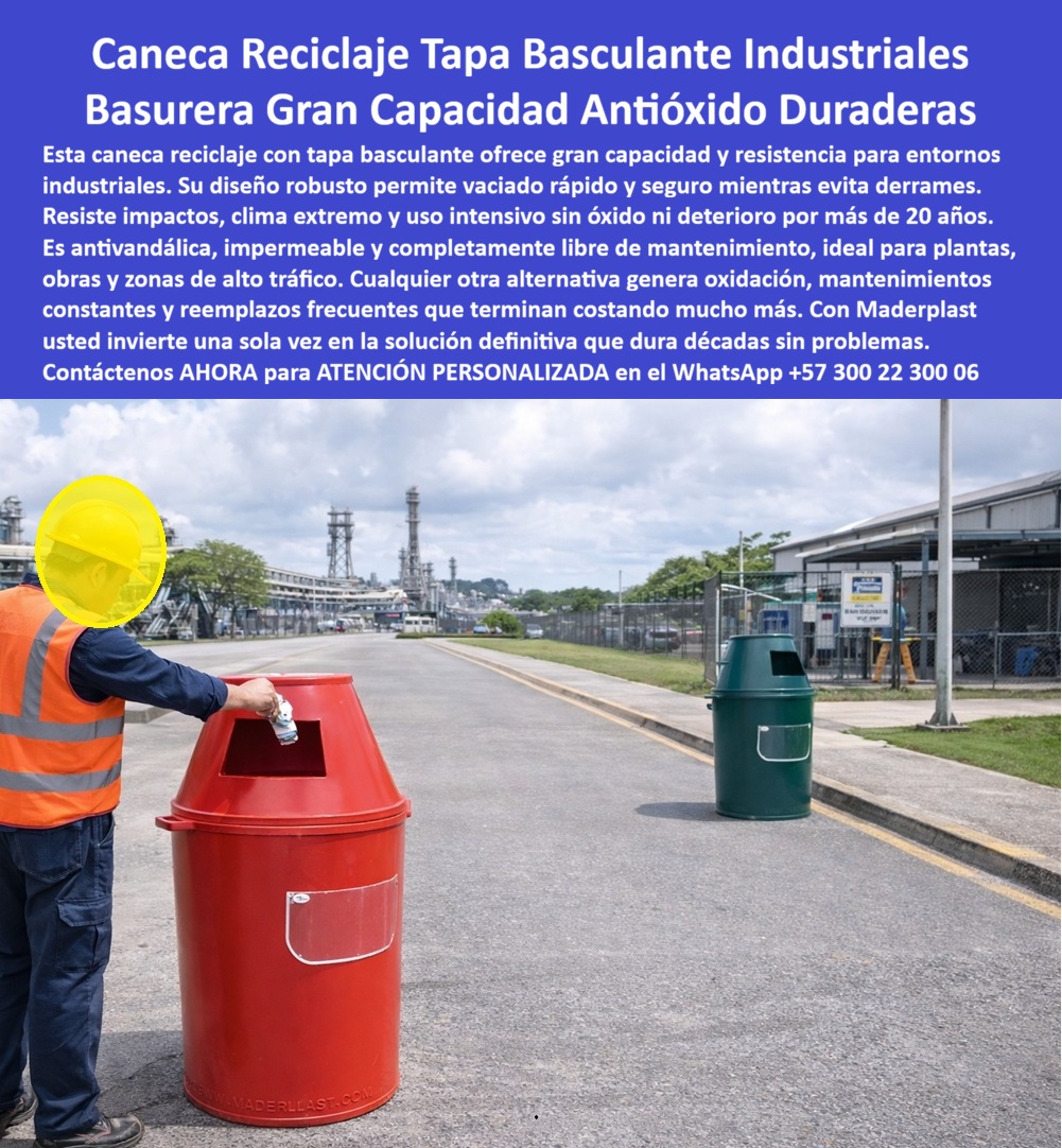 Caneca Reciclaje Con Tapa Basculante Resistente Maderplast - En la imagen se aprecia una caneca reciclaje con tapa basculante de gran capacidad en color rojo fabricada por Maderplast. Su cuerpo cilíndrico robusto en polímero de ingeniería cuenta con tapa basculante superior que permite depositar residuos fácilmente sin derrames, ventana de inspección transparente frontal y base ancha para mayor estabilidad. Instalada en un área industrial pavimentada con fondo de torres de proceso y estructuras metálicas, un trabajador deposita un envase mientras otra caneca verde se observa al fondo. Esta basurera institucional de gran capacidad destaca por su diseño práctico y resistencia en entornos de alto tráfico. Esta caneca industrial de gran capacidad está diseñada para plantas, obras y zonas operativas exigentes. Fabricada en material impermeable y resistente a impactos, soporta clima extremo, uso intensivo y golpes diarios sin oxidación ni deterioro. Su sistema de tapa basculante facilita el depósito y el vaciado rápido, mientras el diseño antivandálico y la impermeabilidad garantizan higiene y seguridad durante más de 20 años con mantenimiento mínimo. Las canecas metálicas tradicionales en entornos industriales suelen fallar por oxidación, deformación y derrames constantes, generando reemplazos frecuentes y altos costos ocultos. En cambio, las basureras con tapa basculante para plantas y receptáculos basura resistentes impactos industriales de Maderplast eliminan estos problemas. Ofrecen la mejor alternativa a contenedores metálicos inoxidables industriales, con menor costo total de propiedad y excelente durabilidad en condiciones adversas. Así lo confirma el Ing. Carlos Andrés Torres, Jefe de Mantenimiento Industrial de una planta manufacturera en 2024: “Enfrentamos reemplazos constantes de canecas metálicas por oxidación y deformación. Instalamos canecas Maderplast de gran capacidad con tapa basculante. Después de más de un año de uso diario, mantiene estructura, color y funcionalidad sin mantenimiento. Los operarios reportan vaciado más rápido y seguro, reduciendo tiempo y riesgos”. Maderplast respalda esta calidad con pruebas extremas de laboratorio visibles en su canal https://www.youtube.com/@maderplasSA. Para ingenieros y compradores técnicos que necesitan respaldo antes de firmar la orden de compra, se entrega ficha técnica completa con planos acotados y certificado de laboratorio. Si busca comprar canecas reciclaje industriales duraderas, cotizar basureras gran volumen con tapa basculante, proveedor basureras antioxido para obras o canecas industriales gran capacidad, Maderplast fabrica a medida, ofrece personalización en colores y soporte técnico especializado para especificación en obra. Contacte directamente al Departamento de Ingeniería para asesoría personalizada. Ing. Soporte Técnico: (+57) 300 22 300 06 Al elegir estas canecas separación residuos industriales inoxidables de Maderplast, usted invierte en una solución definitiva que garantiza alta durabilidad, resistencia a impactos, vaciado eficiente y cero costos ocultos por mantenimiento. Es la mejor y más segura opción que cumple plenamente con los requisitos técnicos y operativos de cualquier entorno industrial. Basurera Institucional Gran Capacidad Garantía Total, Receptáculos Basura Colores Antióxido Impactos, Canecas Separación Residuos Industrial Inoxidables Alta Durabilidad Caneca Reciclaje Con Tapa Basculante Resistente Maderplast Basurera Institucional Gran Capacidad Garantía Total Receptáculos Basura Colores Antióxido Impactos Canecas Separación Residuos Industrial Inoxidables Alta Durabilidad En la imagen se aprecia una caneca reciclaje con tapa basculante de gran capacidad en color rojo fabricada por Maderplast. Su cuerpo cilíndrico robusto en polímero de ingeniería cuenta con tapa basculante superior que permite depositar residuos fácilmente sin derrames, ventana de inspección transparente frontal y base ancha para mayor estabilidad. Instalada en un área industrial pavimentada con fondo de torres de proceso y estructuras metálicas, un trabajador deposita un envase mientras otra caneca verde se observa al fondo. Esta basurera institucional de gran capacidad destaca por su diseño práctico y resistencia en entornos de alto tráfico. Esta caneca industrial de gran capacidad está diseñada para plantas, obras y zonas operativas exigentes. Fabricada en material impermeable y resistente a impactos, soporta clima extremo, uso intensivo y golpes diarios sin oxidación ni deterioro. Su sistema de tapa basculante facilita el depósito y el vaciado rápido, mientras el diseño antivandálico y la impermeabilidad garantizan higiene y seguridad durante más de 20 años con mantenimiento mínimo. Las canecas metálicas tradicionales en entornos industriales suelen fallar por oxidación, deformación y derrames constantes, generando reemplazos frecuentes y altos costos ocultos. En cambio, las basureras con tapa basculante para plantas y receptáculos basura resistentes impactos industriales de Maderplast eliminan estos problemas. Ofrecen la mejor alternativa a contenedores metálicos inoxidables industriales, con menor costo total de propiedad y excelente durabilidad en condiciones adversas. Así lo confirma el Ing. Carlos Andrés Torres, Jefe de Mantenimiento Industrial de una planta manufacturera en 2024: “Enfrentamos reemplazos constantes de canecas metálicas por oxidación y deformación. Instalamos canecas Maderplast de gran capacidad con tapa basculante. Después de más de un año de uso diario, mantiene estructura, color y funcionalidad sin mantenimiento. Los operarios reportan vaciado más rápido y seguro, reduciendo tiempo y riesgos”. Maderplast respalda esta calidad con pruebas extremas de laboratorio visibles en su canal https://www.youtube.com/@maderplasSA. Para ingenieros y compradores técnicos que necesitan respaldo antes de firmar la orden de compra, se entrega ficha técnica completa con planos acotados y certificado de laboratorio. Si busca comprar canecas reciclaje industriales duraderas, cotizar basureras gran volumen con tapa basculante, proveedor basureras antioxido para obras o canecas industriales gran capacidad, Maderplast fabrica a medida, ofrece personalización en colores y soporte técnico especializado para especificación en obra. Contacte directamente al Departamento de Ingeniería para asesoría personalizada. Ing. Soporte Técnico: (+57) 300 22 300 06 Al elegir estas canecas separación residuos industriales inoxidables de Maderplast, usted invierte en una solución definitiva que garantiza alta durabilidad, resistencia a impactos, vaciado eficiente y cero costos ocultos por mantenimiento. Es la mejor y más segura opción que cumple plenamente con los requisitos técnicos y operativos de cualquier entorno industrial.
