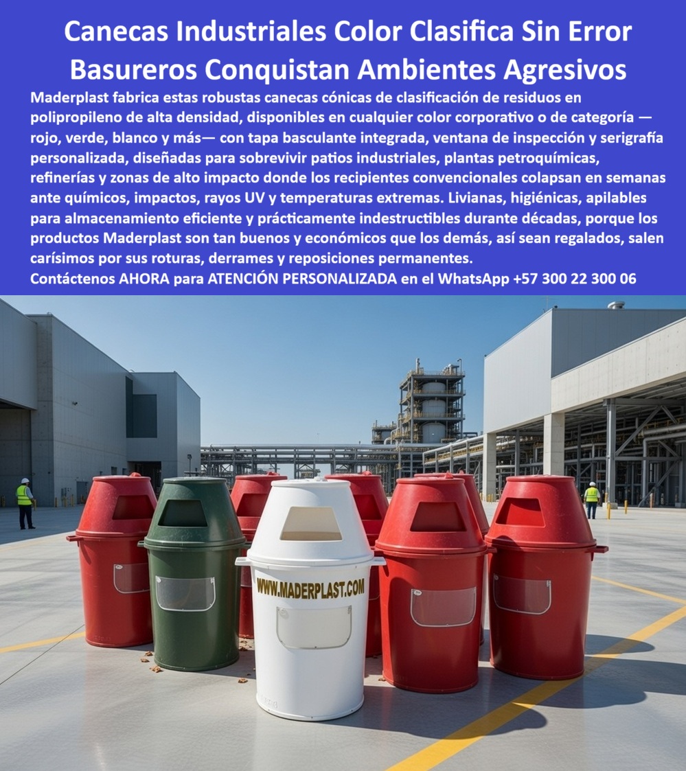 Caneca Reciclaje Con Tapa Basculante Resistente Maderplast - Canecas Industriales Cónicas con Tapa Basculante — Basureros que Conquistan Ambientes Agresivos Caneca reciclaje con tapa basculante resistente Maderplast · Clasificación residuos resistentes a químicos · Separación desechos antivandalismo inoxidables Seis canecas cónicas de clasificación de residuos Maderplast — cuatro rojas, una verde oscura y una blanca con la dirección www.maderplast.com serigrafiada en el cuerpo — se alinean sobre un patio de concreto con demarcación de seguridad en pintura amarilla dentro de una planta petroquímica donde se distinguen al fondo torres de destilación, estructuras metálicas de proceso y operarios con chaleco reflectivo y casco; cada unidad tiene forma troncocónica con tapa domo de cierre basculante que impide la dispersión de residuos por viento y una ventana rectangular de inspección en el tercio superior del cuerpo que permite verificar el nivel de llenado sin abrir la tapa, detalle operativo que reduce tiempos de ruta de recolección en instalaciones de gran extensión. Fabricadas por Maderplast en polipropileno de alta densidad con pigmento integral, estas canecas industriales con tapa basculante para plantas petroquímicas resisten salpicaduras de hidrocarburos, vapores ácidos, lavado con solventes industriales y temperaturas de patio que superan los cincuenta grados centígrados sobre superficie de concreto expuesto, condiciones donde los recipientes convencionales de lámina pintada pierden recubrimiento, generan chispa por corrosión galvánica y se convierten en riesgo operacional dentro de zonas clasificadas, y precisamente esa es la alternativa a canecas metálicas con corrosión galvánica en refinerías que el departamento HSE necesita para eliminar paradas de reposición y riesgos operacionales. La diferencia entre una caneca industrial metálica y una de polímero para una refinería donde hay riesgo de chispa y corrosión es determinante: el polímero Maderplast no produce chispa por golpe ni por degradación, no reacciona con vapores de hidrocarburo y no requiere conexión a tierra como los recipientes metálicos en áreas de riesgo eléctrico, consolidándose como la mejor caneca industrial que no genera chispa ni corrosión y como el fabricante de canecas de polipropileno para refinerías en Colombia que resuelve el comparativo entre polipropileno versus lámina galvanizada en industria. Las canecas lavables con solventes industriales sin deterioro y el diseño de caneca troncocónica apilable para transporte eficiente permiten almacenar y despachar grandes lotes con mínimo espacio logístico — la entrega de trescientas unidades apiladas ocupa la mitad del volumen de las metálicas equivalentes —, mientras la caneca con ventana de inspección de nivel de llenado industrial permite al operario decidir si vaciar o continuar sin abrir cada tapa, optimizando la ruta de recolección hasta en un treinta por ciento. Las especificaciones del recipiente de residuos para zonas clasificadas de riesgo y el pliego técnico de canecas industriales para ambientes agresivos químicos se resuelven con Maderplast como proveedor de canecas codificadas por colores para petroquímicas que entrega suministro masivo con serigrafía corporativa permanente aplicada directamente sobre la superficie del polipropileno de color integral, generando adhesión que no se levanta con lavado a presión, solventes de limpieza ni exposición solar continua. Para quien necesita cotizar canecas cónicas apilables para dotación de planta industrial, el precio de canecas de clasificación de residuos en volumen industrial y el comprar basureros de clasificación resistentes a químicos se resuelven contactando al WhatsApp 57+ 300 22 300 06, donde el equipo de proyectos industriales confirma disponibilidad, precio por volumen y fecha de despacho alineada al cronograma de dotación. Así lo confirma el departamento HSE, proyecto de renovación de dotación en planta de proceso, Costa Caribe colombiana, 2023: «La planta operaba con canecas de lámina galvanizada que perdían pintura en menos de tres meses por vapores de hidrocarburo y lavado con solventes; se documentaba corrosión perforada en soldaduras, desprendimiento de etiquetas y dos incidentes por fragmentos metálicos en zona de montacargas. Se implementó dotación completa Maderplast en cuatro colores con tapa basculante y serigrafía directa sobre polipropileno; doce meses después, cero reposiciones, cero desprendimiento de rotulación, cero reportes HSE por fragmentos metálicos.» Maderplast es el fabricante colombiano de basureros de clasificación de desechos antivandalismo inoxidables para ambientes agresivos y canecas de separación de desechos que convierte problemas en soluciones definitivas. Convénzase de que Maderplast es la mejor opción que cumple y supera los requisitos más exigentes de cualquier planta de proceso. Respaldo: Fichas técnicas PDF · Pruebas en video (youtube.com/@maderplasSA) · Pruebas extremas mazo/retroexcavadora/rotomartillo · Galería de dotaciones instaladas · Renders bajo solicitud. Asesoría Especializada — WhatsApp 57+ 300 22 300 06 Basureros Clasificación Desechos Antivandalismo Inoxidables Ambientes Agresivos, Canecas Clasificación Residuos Resistentes Químicos, Basureros Separación Desechos Caneca Caneca Reciclaje Con Tapa Basculante Resistente Maderplast Basureros Clasificación Desechos Antivandalismo Inoxidables Ambientes Agresivos Canecas Clasificación Residuos Resistentes Químicos Basureros Separación Desechos Caneca Canecas Industriales Cónicas con Tapa Basculante — Basureros que Conquistan Ambientes Agresivos Caneca reciclaje con tapa basculante resistente Maderplast · Clasificación residuos resistentes a químicos · Separación desechos antivandalismo inoxidables Seis canecas cónicas de clasificación de residuos Maderplast — cuatro rojas, una verde oscura y una blanca con la dirección www.maderplast.com serigrafiada en el cuerpo — se alinean sobre un patio de concreto con demarcación de seguridad en pintura amarilla dentro de una planta petroquímica donde se distinguen al fondo torres de destilación, estructuras metálicas de proceso y operarios con chaleco reflectivo y casco; cada unidad tiene forma troncocónica con tapa domo de cierre basculante que impide la dispersión de residuos por viento y una ventana rectangular de inspección en el tercio superior del cuerpo que permite verificar el nivel de llenado sin abrir la tapa, detalle operativo que reduce tiempos de ruta de recolección en instalaciones de gran extensión. Fabricadas por Maderplast en polipropileno de alta densidad con pigmento integral, estas canecas industriales con tapa basculante para plantas petroquímicas resisten salpicaduras de hidrocarburos, vapores ácidos, lavado con solventes industriales y temperaturas de patio que superan los cincuenta grados centígrados sobre superficie de concreto expuesto, condiciones donde los recipientes convencionales de lámina pintada pierden recubrimiento, generan chispa por corrosión galvánica y se convierten en riesgo operacional dentro de zonas clasificadas, y precisamente esa es la alternativa a canecas metálicas con corrosión galvánica en refinerías que el departamento HSE necesita para eliminar paradas de reposición y riesgos operacionales. La diferencia entre una caneca industrial metálica y una de polímero para una refinería donde hay riesgo de chispa y corrosión es determinante: el polímero Maderplast no produce chispa por golpe ni por degradación, no reacciona con vapores de hidrocarburo y no requiere conexión a tierra como los recipientes metálicos en áreas de riesgo eléctrico, consolidándose como la mejor caneca industrial que no genera chispa ni corrosión y como el fabricante de canecas de polipropileno para refinerías en Colombia que resuelve el comparativo entre polipropileno versus lámina galvanizada en industria. Las canecas lavables con solventes industriales sin deterioro y el diseño de caneca troncocónica apilable para transporte eficiente permiten almacenar y despachar grandes lotes con mínimo espacio logístico — la entrega de trescientas unidades apiladas ocupa la mitad del volumen de las metálicas equivalentes —, mientras la caneca con ventana de inspección de nivel de llenado industrial permite al operario decidir si vaciar o continuar sin abrir cada tapa, optimizando la ruta de recolección hasta en un treinta por ciento. Las especificaciones del recipiente de residuos para zonas clasificadas de riesgo y el pliego técnico de canecas industriales para ambientes agresivos químicos se resuelven con Maderplast como proveedor de canecas codificadas por colores para petroquímicas que entrega suministro masivo con serigrafía corporativa permanente aplicada directamente sobre la superficie del polipropileno de color integral, generando adhesión que no se levanta con lavado a presión, solventes de limpieza ni exposición solar continua. Para quien necesita cotizar canecas cónicas apilables para dotación de planta industrial, el precio de canecas de clasificación de residuos en volumen industrial y el comprar basureros de clasificación resistentes a químicos se resuelven contactando al WhatsApp 57+ 300 22 300 06, donde el equipo de proyectos industriales confirma disponibilidad, precio por volumen y fecha de despacho alineada al cronograma de dotación. Así lo confirma el departamento HSE, proyecto de renovación de dotación en planta de proceso, Costa Caribe colombiana, 2023: «La planta operaba con canecas de lámina galvanizada que perdían pintura en menos de tres meses por vapores de hidrocarburo y lavado con solventes; se documentaba corrosión perforada en soldaduras, desprendimiento de etiquetas y dos incidentes por fragmentos metálicos en zona de montacargas. Se implementó dotación completa Maderplast en cuatro colores con tapa basculante y serigrafía directa sobre polipropileno; doce meses después, cero reposiciones, cero desprendimiento de rotulación, cero reportes HSE por fragmentos metálicos.» Maderplast es el fabricante colombiano de basureros de clasificación de desechos antivandalismo inoxidables para ambientes agresivos y canecas de separación de desechos que convierte problemas en soluciones definitivas. Convénzase de que Maderplast es la mejor opción que cumple y supera los requisitos más exigentes de cualquier planta de proceso. Respaldo: Fichas técnicas PDF · Pruebas en video (youtube.com/@maderplasSA) · Pruebas extremas mazo/retroexcavadora/rotomartillo · Galería de dotaciones instaladas · Renders bajo solicitud. Asesoría Especializada — WhatsApp 57+ 300 22 300 06