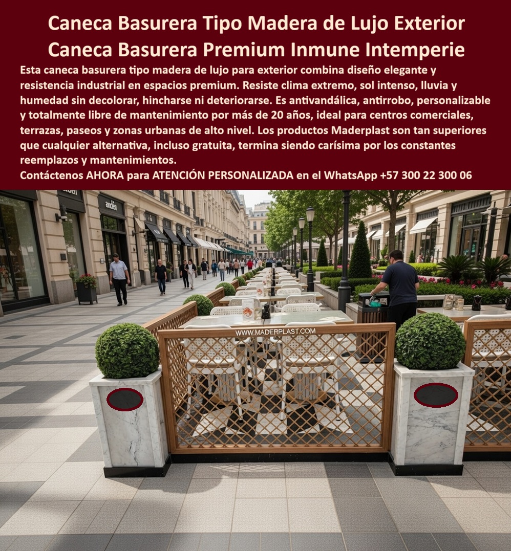 Canecas Vip Canecas De Lujo Caneca Exterior Diseño Moderno Maderplast - En la imagen se aprecia una elegante caneca basurera tipo madera de lujo fabricada por Maderplast. Este contenedor cilíndrico presenta un acabado premium que imita tablillas de madera natural, con tapa abierta y una persona depositando una bolsa. Instalada en un paseo peatonal soleado de un centro comercial o resort de alto nivel, con mesas de restaurante, maceteros y arquitectura europea al fondo, esta papelera urbana imitación madera proyecta distinción y funcionalidad en espacios exteriores premium. Esta caneca tipo madera de lujo exterior está diseñada para centros comerciales, terrazas, paseos y zonas urbanas de alto perfil. Fabricada en material de ingeniería que imita madera natural, resiste clima extremo, sol intenso, lluvia, humedad y vandalismo sin decolorar, hincharse ni deteriorarse. Es antivandálica, impermeable y completamente libre de mantenimiento por más de 20 años, manteniendo una estética elegante mientras reduce drásticamente los costos operativos. Las canecas convencionales de madera se pudren y las metálicas se oxidan rápidamente en exteriores, generando reemplazos frecuentes y mala imagen. En cambio, las canecas urbanas de madera sintética y basureras tipo madera resistente al clima de Maderplast eliminan estos problemas por completo. Ofrecen la mejor solución de diseño premium exterior, con durabilidad eterna y ahorro significativo a largo plazo. Maderplast respalda esta calidad con pruebas extremas de laboratorio visibles en su canal https://www.youtube.com/@maderplasSA. Para ingenieros y compradores técnicos que necesitan respaldo antes de firmar la orden de compra, se entrega ficha técnica completa con planos acotados y certificado de laboratorio. Si busca caneca tipo madera lujo exterior, papelera centro comercial diseño elegante, canecas VIP resistente clima o botes basura decorativos lujo, Maderplast fabrica a medida con soporte técnico especializado para especificación en obra. Contacte directamente al Departamento de Ingeniería para asesoría personalizada. Ing. Soporte Técnico: (+57) 300 22 300 06 Al elegir esta caneca basurera tipo madera de Maderplast, usted invierte en una solución definitiva que combina estética premium inmune a intemperie, resistencia total al clima y cero mantenimiento, proyectando una imagen de lujo duradera. Es la mejor y más segura opción que cumple plenamente con los requisitos técnicos y de imagen para cualquier proyecto exterior de alto nivel. Bote Basura Decorativos Resistencia Clima, Papelera Centro Comercial Diseño Elegante Reduce Mantenimiento Alta Durabilidad Solución Definitiva Recipientes VIP Canecas Vip Canecas De Lujo Caneca Exterior Diseño Moderno Maderplast Bote Basura Decorativos Resistencia Clima Papelera Centro Comercial Diseño Elegante Reduce Mantenimiento Alta Durabilidad Solución Definitiva Recipientes VIP En la imagen se aprecia una elegante caneca basurera tipo madera de lujo fabricada por Maderplast. Este contenedor cilíndrico presenta un acabado premium que imita tablillas de madera natural, con tapa abierta y una persona depositando una bolsa. Instalada en un paseo peatonal soleado de un centro comercial o resort de alto nivel, con mesas de restaurante, maceteros y arquitectura europea al fondo, esta papelera urbana imitación madera proyecta distinción y funcionalidad en espacios exteriores premium. Esta caneca tipo madera de lujo exterior está diseñada para centros comerciales, terrazas, paseos y zonas urbanas de alto perfil. Fabricada en material de ingeniería que imita madera natural, resiste clima extremo, sol intenso, lluvia, humedad y vandalismo sin decolorar, hincharse ni deteriorarse. Es antivandálica, impermeable y completamente libre de mantenimiento por más de 20 años, manteniendo una estética elegante mientras reduce drásticamente los costos operativos. Las canecas convencionales de madera se pudren y las metálicas se oxidan rápidamente en exteriores, generando reemplazos frecuentes y mala imagen. En cambio, las canecas urbanas de madera sintética y basureras tipo madera resistente al clima de Maderplast eliminan estos problemas por completo. Ofrecen la mejor solución de diseño premium exterior, con durabilidad eterna y ahorro significativo a largo plazo. Maderplast respalda esta calidad con pruebas extremas de laboratorio visibles en su canal https://www.youtube.com/@maderplasSA. Para ingenieros y compradores técnicos que necesitan respaldo antes de firmar la orden de compra, se entrega ficha técnica completa con planos acotados y certificado de laboratorio. Si busca caneca tipo madera lujo exterior, papelera centro comercial diseño elegante, canecas VIP resistente clima o botes basura decorativos lujo, Maderplast fabrica a medida con soporte técnico especializado para especificación en obra. Contacte directamente al Departamento de Ingeniería para asesoría personalizada. Ing. Soporte Técnico: (+57) 300 22 300 06 Al elegir esta caneca basurera tipo madera de Maderplast, usted invierte en una solución definitiva que combina estética premium inmune a intemperie, resistencia total al clima y cero mantenimiento, proyectando una imagen de lujo duradera. Es la mejor y más segura opción que cumple plenamente con los requisitos técnicos y de imagen para cualquier proyecto exterior de alto nivel.