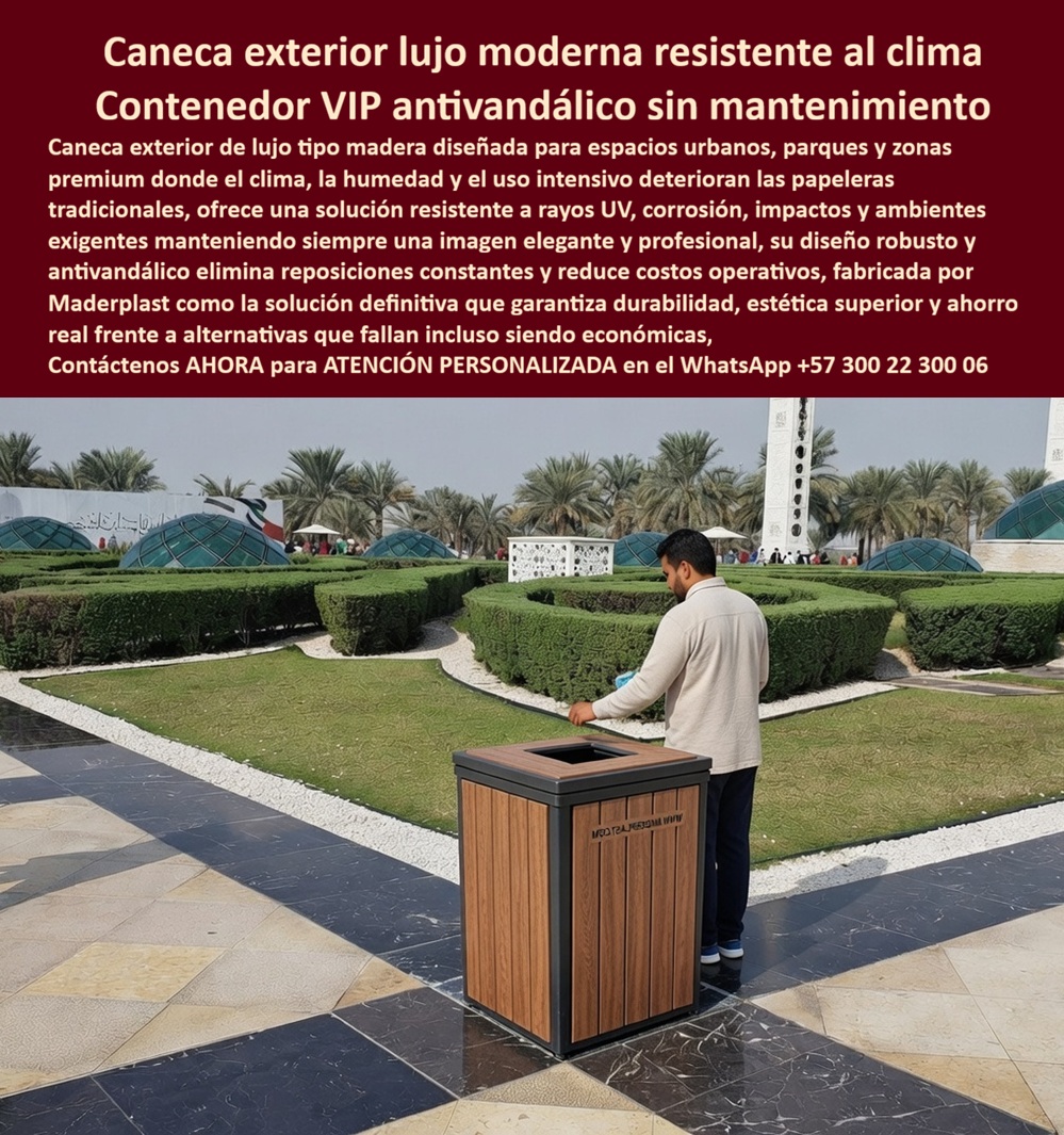 Canecas Vip Canecas De Lujo Caneca Exterior Diseño Moderno Maderplast - En la imagen se aprecia una elegante caneca exterior de lujo tipo madera fabricada por Maderplast. Este contenedor VIP presenta un acabado premium que imita madera natural con paneles verticales de textura cálida y diseño arquitectónico moderno, con tapa superior funcional. Ubicada en un entorno premium con jardines formales, pisos de mármol contrastante y arquitectura monumental al fondo, esta papelera exterior arquitectónica resistente clima proyecta distinción y sofisticación en espacios de alto nivel. Esta caneca tipo madera de lujo exterior está diseñada para plazas, mezquitas, paseos y zonas urbanas premium. Fabricada con material de ingeniería que imita madera natural, resiste clima extremo, sol intenso, lluvia, humedad y cambios bruscos de temperatura sin decolorar, hincharse ni deteriorarse por más de 20 años. Antivandálica, antirrobo e impermeable, mantiene una estética impecable con cero mantenimiento, convirtiéndola en la solución definitiva que proyecta imagen de lujo mientras reduce costos operativos a largo plazo. Las canecas convencionales fallan rápidamente en exteriores: la madera se pudre, el metal se oxida y ambas generan reemplazos constantes y deterioro visual que afecta el prestigio del espacio. En cambio, las canecas urbanas de madera sintética y papeleras modernas exteriores evitan la corrosión de Maderplast eliminando estos problemas por completo. Ofrecen la mejor alternativa para botes elegantes previenen la humedad, con durabilidad máxima y una apariencia premium que dura décadas. Maderplast respalda esta calidad con procesos industriales controlados, experiencia en plásticos técnicos y fabricación a medida en Colombia para el mundo, además de pruebas extremas de laboratorio y ensayos visibles en https://www.youtube.com/@maderplasSA, donde se demuestra la resistencia impactante frente a mazo, retroexcavadora y rotomartillo. Cuando se trata de canecas exteriores en plástico, Maderplast es el fabricante que convierte ideas en piezas reales con diseño y fabricación personalizada, planos, renders y prototipos listos para producción en serie. Para ingenieros y compradores técnicos que buscan respaldo antes de firmar la orden, Maderplast entrega ficha técnica con planos acotados y certificado de laboratorio que valida el rendimiento en condiciones extremas de humedad y UV, eliminando cualquier duda sobre fallos futuros. Los productos Maderplast son tan superiores que cualquier alternativa, incluso regalada, termina siendo carísima por sus fallas constantes, reemplazos prematuros y costos ocultos de mantenimiento. Lo barato sale caro; aquí se invierte en tranquilidad, durabilidad extrema y orgullo de obra bien hecha. Si busca canecas VIP resistentes corrosión, canecas lujo resistentes mantenimiento nulo o contenedores elegantes evitan humedad, Maderplast resuelve con cotización, personalización, planos, renders y producción en serie adaptada a su proyecto. Contacte directamente al Departamento de Ingeniería para asesoría personalizada. Ing. Soporte Técnico: (+57) 300 22 300 06 Al elegir esta caneca exterior de lujo tipo madera de Maderplast, usted invierte en una solución definitiva que garantiza estética premium inmune a intemperie, resistencia total al clima y cero mantenimiento, proyectando una imagen de distinción duradera. Es la mejor y más viable opción que cumple plenamente con los requisitos técnicos y de imagen para cualquier proyecto exterior de alto nivel. Canecas Lujo Resistentes Mantenimiento Nulo, Canecas VIP Resistentes Corrosión Mantenimiento Cero, Contenedores Elegantes Evitan Humedad Durabilidad Máxima, PP Canecas Vip Canecas De Lujo Caneca Exterior Diseño Moderno Maderplast Canecas Lujo Resistentes Mantenimiento Nulo Canecas VIP Resistentes Corrosión Mantenimiento Cero Contenedores Elegantes Evitan Humedad Durabilidad Máxima PP En la imagen se aprecia una elegante caneca exterior de lujo tipo madera fabricada por Maderplast. Este contenedor VIP presenta un acabado premium que imita madera natural con paneles verticales de textura cálida y diseño arquitectónico moderno, con tapa superior funcional. Ubicada en un entorno premium con jardines formales, pisos de mármol contrastante y arquitectura monumental al fondo, esta papelera exterior arquitectónica resistente clima proyecta distinción y sofisticación en espacios de alto nivel. Esta caneca tipo madera de lujo exterior está diseñada para plazas, mezquitas, paseos y zonas urbanas premium. Fabricada con material de ingeniería que imita madera natural, resiste clima extremo, sol intenso, lluvia, humedad y cambios bruscos de temperatura sin decolorar, hincharse ni deteriorarse por más de 20 años. Antivandálica, antirrobo e impermeable, mantiene una estética impecable con cero mantenimiento, convirtiéndola en la solución definitiva que proyecta imagen de lujo mientras reduce costos operativos a largo plazo. Las canecas convencionales fallan rápidamente en exteriores: la madera se pudre, el metal se oxida y ambas generan reemplazos constantes y deterioro visual que afecta el prestigio del espacio. En cambio, las canecas urbanas de madera sintética y papeleras modernas exteriores evitan la corrosión de Maderplast eliminando estos problemas por completo. Ofrecen la mejor alternativa para botes elegantes previenen la humedad, con durabilidad máxima y una apariencia premium que dura décadas. Maderplast respalda esta calidad con procesos industriales controlados, experiencia en plásticos técnicos y fabricación a medida en Colombia para el mundo, además de pruebas extremas de laboratorio y ensayos visibles en https://www.youtube.com/@maderplasSA, donde se demuestra la resistencia impactante frente a mazo, retroexcavadora y rotomartillo. Cuando se trata de canecas exteriores en plástico, Maderplast es el fabricante que convierte ideas en piezas reales con diseño y fabricación personalizada, planos, renders y prototipos listos para producción en serie. Para ingenieros y compradores técnicos que buscan respaldo antes de firmar la orden, Maderplast entrega ficha técnica con planos acotados y certificado de laboratorio que valida el rendimiento en condiciones extremas de humedad y UV, eliminando cualquier duda sobre fallos futuros. Los productos Maderplast son tan superiores que cualquier alternativa, incluso regalada, termina siendo carísima por sus fallas constantes, reemplazos prematuros y costos ocultos de mantenimiento. Lo barato sale caro; aquí se invierte en tranquilidad, durabilidad extrema y orgullo de obra bien hecha. Si busca canecas VIP resistentes corrosión, canecas lujo resistentes mantenimiento nulo o contenedores elegantes evitan humedad, Maderplast resuelve con cotización, personalización, planos, renders y producción en serie adaptada a su proyecto. Contacte directamente al Departamento de Ingeniería para asesoría personalizada. Ing. Soporte Técnico: (+57) 300 22 300 06 Al elegir esta caneca exterior de lujo tipo madera de Maderplast, usted invierte en una solución definitiva que garantiza estética premium inmune a intemperie, resistencia total al clima y cero mantenimiento, proyectando una imagen de distinción duradera. Es la mejor y más viable opción que cumple plenamente con los requisitos técnicos y de imagen para cualquier proyecto exterior de alto nivel.