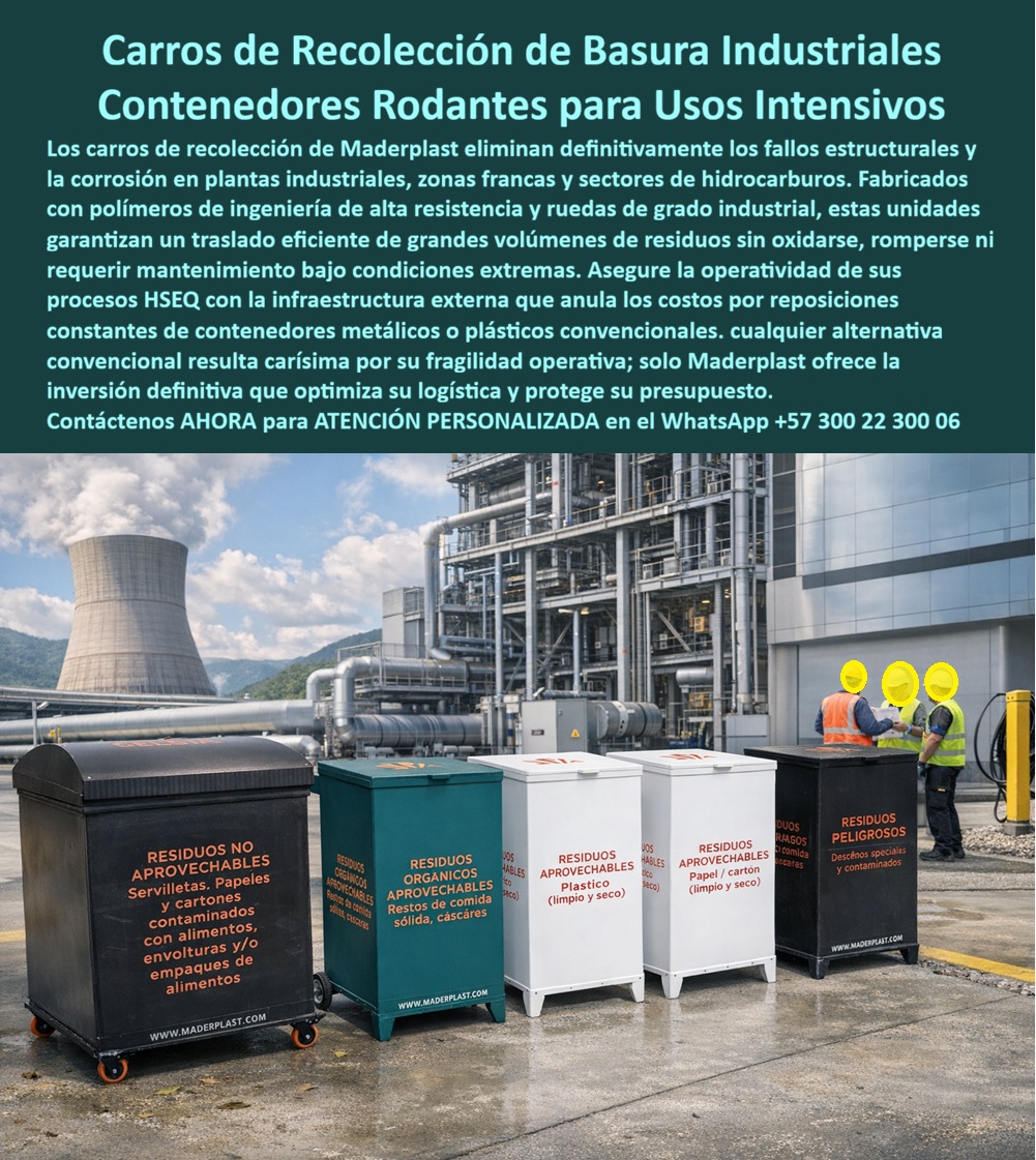 Carro Recolección Basura Con Ruedas Caneca Industrial Maderplast - La imagen muestra un conjunto de carros de recolección de basura industriales con ruedas, tipo contenedor rodante, fabricados en polímeros de ingeniería de alta resistencia, organizados por tipo de residuo (orgánicos, aprovechables, peligrosos) dentro de una planta industrial con condiciones exigentes de operación; cada unidad incorpora ruedas de grado industrial para facilitar el desplazamiento, estructura robusta que soporta impactos, humedad y químicos, y superficies lisas que permiten limpieza rápida sin acumulación de residuos, garantizando operación continua sin corrosión ni deterioro En el entorno industrial actual, el problema no es solo almacenar residuos, es transportarlos de forma segura, eficiente y sin afectar la operación. Los contenedores metálicos tradicionales fallan por corrosión, deformación y peso excesivo, generando sobrecostos y riesgos operativos. Por eso el Carro Recolección Basura Con Ruedas Caneca Industrial Maderplast se convierte en una solución técnica definitiva, diseñada para eliminar fallas estructurales y optimizar la logística interna desde el primer día. Los contenedores industriales con ruedas resistentes permiten transformar completamente la operación: facilitan el traslado de grandes volúmenes sin esfuerzo, reducen tiempos de recolección y mejoran la seguridad del operario. Esto posiciona a estos sistemas como los mejores basureros rodantes prácticos robustos de fácil traslado, especialmente en plantas donde la eficiencia logística impacta directamente la productividad. Desde el enfoque técnico, las canecas industriales resistentes a humedad y químicos deben garantizar un comportamiento estable frente a ambientes agresivos. Maderplast responde con polímeros estructurales que eliminan completamente la corrosión, consolidándose como la mejor alternativa a contenedores metálicos industriales, que requieren mantenimiento constante y presentan fallas prematuras. Aquí no se trata de un contenedor, se trata de infraestructura operativa confiable. Cuando se requiere cotizar carros recolección residuos industriales o evaluar el precio carros recolección industrial, el criterio correcto es el costo total de propiedad. Los sistemas tradicionales implican reposiciones, reparaciones y paradas operativas, mientras que Maderplast entrega soluciones que funcionan durante años sin intervención, eliminando costos ocultos y garantizando estabilidad operativa. En procesos donde se definen especificaciones carros recolectores industriales o se desarrolla diseño contenedores industriales para plantas, Maderplast ofrece fabricación a medida, señalización por tipo de residuo y adaptación a flujos de operación, posicionándose como fabricante contenedores industriales rodantes con capacidad para cumplir requerimientos HSEQ y normativos. Esto permite implementar sistemas organizados, seguros y eficientes en cualquier entorno productivo. La evidencia en campo es contundente: plantas industriales que migraron a estos sistemas eliminan problemas de corrosión, mejoran la movilidad interna y redujeron costos de reposición, logrando una operación más estable, segura y eficiente en el tiempo Aquí se consolida el cierre técnico: Maderplast respalda con fichas técnicas, asesoría de ingeniería, personalización y validación en campo, permitiendo tomar decisiones seguras y justificables. El cliente puede solicitar cotización, planos, prototipos o producción en serie, con acompañamiento directo especializado. La conclusión es clara: los basureros industriales con ruedas duraderas de Maderplast no solo resisten, optimizan la operación logística y eliminan fallas estructurales. Cualquier alternativa inferior, incluso si parece económica, termina siendo costosa por mantenimiento, reposición y riesgo operativo. Elegir Maderplast es asegurar eficiencia, durabilidad extrema y control total en la gestión de residuos industriales. Caneca Vagón Con Ruedas Uso Intensivo, Basurero Industrial Con Ruedas Duradero, Basureros Rodantes Prácticos Robustos Fácil Traslado, Basurero Industrial Con Ruedas Carro Recolección Basura Con Ruedas Caneca Industrial Maderplast Caneca Bagon Con Ruedas Uso Intensivo Basurero Industrial Con Ruedas Duradero Basureros Rodantes Prácticos Robustos Fácil Traslado Basurero Industrial Con Ruedas La imagen muestra un conjunto de carros de recolección de basura industriales con ruedas, tipo contenedor rodante, fabricados en polímeros de ingeniería de alta resistencia, organizados por tipo de residuo (orgánicos, aprovechables, peligrosos) dentro de una planta industrial con condiciones exigentes de operación; cada unidad incorpora ruedas de grado industrial para facilitar el desplazamiento, estructura robusta que soporta impactos, humedad y químicos, y superficies lisas que permiten limpieza rápida sin acumulación de residuos, garantizando operación continua sin corrosión ni deterioro En el entorno industrial actual, el problema no es solo almacenar residuos, es transportarlos de forma segura, eficiente y sin afectar la operación. Los contenedores metálicos tradicionales fallan por corrosión, deformación y peso excesivo, generando sobrecostos y riesgos operativos. Por eso el Carro Recolección Basura Con Ruedas Caneca Industrial Maderplast se convierte en una solución técnica definitiva, diseñada para eliminar fallas estructurales y optimizar la logística interna desde el primer día. Los contenedores industriales con ruedas resistentes permiten transformar completamente la operación: facilitan el traslado de grandes volúmenes sin esfuerzo, reducen tiempos de recolección y mejoran la seguridad del operario. Esto posiciona a estos sistemas como los mejores basureros rodantes prácticos robustos de fácil traslado, especialmente en plantas donde la eficiencia logística impacta directamente la productividad. Desde el enfoque técnico, las canecas industriales resistentes a humedad y químicos deben garantizar un comportamiento estable frente a ambientes agresivos. Maderplast responde con polímeros estructurales que eliminan completamente la corrosión, consolidándose como la mejor alternativa a contenedores metálicos industriales, que requieren mantenimiento constante y presentan fallas prematuras. Aquí no se trata de un contenedor, se trata de infraestructura operativa confiable. Cuando se requiere cotizar carros recolección residuos industriales o evaluar el precio carros recolección industrial, el criterio correcto es el costo total de propiedad. Los sistemas tradicionales implican reposiciones, reparaciones y paradas operativas, mientras que Maderplast entrega soluciones que funcionan durante años sin intervención, eliminando costos ocultos y garantizando estabilidad operativa. En procesos donde se definen especificaciones carros recolectores industriales o se desarrolla diseño contenedores industriales para plantas, Maderplast ofrece fabricación a medida, señalización por tipo de residuo y adaptación a flujos de operación, posicionándose como fabricante contenedores industriales rodantes con capacidad para cumplir requerimientos HSEQ y normativos. Esto permite implementar sistemas organizados, seguros y eficientes en cualquier entorno productivo. La evidencia en campo es contundente: plantas industriales que migraron a estos sistemas eliminan problemas de corrosión, mejoran la movilidad interna y redujeron costos de reposición, logrando una operación más estable, segura y eficiente en el tiempo Aquí se consolida el cierre técnico: Maderplast respalda con fichas técnicas, asesoría de ingeniería, personalización y validación en campo, permitiendo tomar decisiones seguras y justificables. El cliente puede solicitar cotización, planos, prototipos o producción en serie, con acompañamiento directo especializado. La conclusión es clara: los basureros industriales con ruedas duraderas de Maderplast no solo resisten, optimizan la operación logística y eliminan fallas estructurales. Cualquier alternativa inferior, incluso si parece económica, termina siendo costosa por mantenimiento, reposición y riesgo operativo. Elegir Maderplast es asegurar eficiencia, durabilidad extrema y control total en la gestión de residuos industriales.