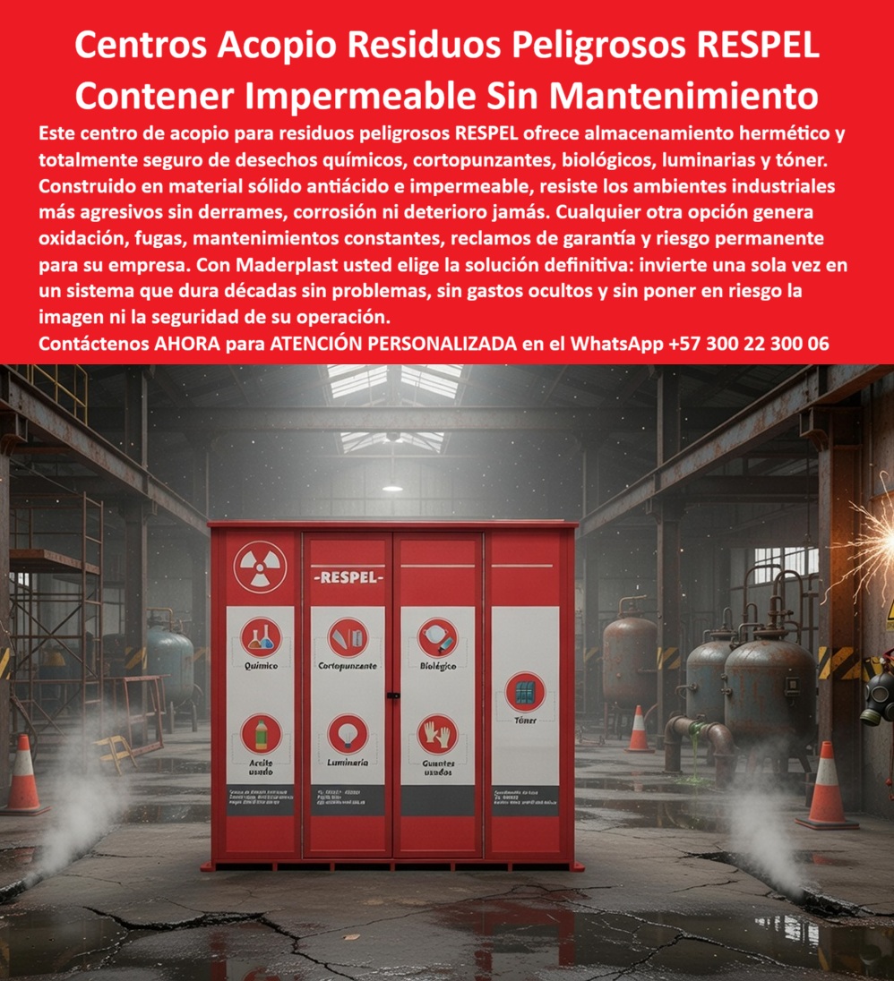 Centros Acopio Desechos Patógenos Punto Residuos Peligrosos Respel Maderplast -Centros Acopio Residuos Peligrosos RESPEL — Contenedor Impermeable Sin Mantenimiento Seis Categorías Centros acopio desechos patógenos punto residuos peligrosos RESPEL Maderplast · Contenedores residuos resistencia clima · Papelera centro comercial diseño elegante reduce mantenimiento alta durabilidad La imagen muestra un centro de acopio para residuos peligrosos RESPEL Maderplast de gran formato en color rojo intenso con tres puertas frontales abatibles que exhiben seis pictogramas de categorías de residuo peligroso distribuidos en cuadrícula: químico con ícono de frascos de laboratorio, cortopunzante con ícono de jeringa, biológico con símbolo de riesgo biológico, aceite usado con bidón derramando líquido, luminarias con tubo fluorescente y guantes usados con par de guantes de protección, más señalización adicional de tóner en la esquina superior derecha; la franja superior muestra símbolo de radiación en diamante amarillo y negro a la izquierda y texto «-RESPEL-» en letras blancas centradas sobre fondo rojo, mientras la franja inferior de cada puerta incluye información de contacto, fichas de seguridad y procedimientos de emergencia como trazabilidad documental directa para consulta rápida del operario o auditor, todo instalado en ambiente industrial pesado con tuberías de gran diámetro, tanques esféricos, estructura metálica de nave con techo translúcido, piso de concreto húmedo, chispas de soldadura visibles al fondo y conos de seguridad vial que contextualizan la hostilidad del entorno. Maderplast fabrica este centro de acopio RESPEL de residuos peligrosos industriales en polímero de ingeniería macizo antiácido que resiste derrames de solventes, ácidos concentrados, hidrocarburos y agentes biológicos sin absorción, corrosión ni deterioro de superficies, un almacenamiento hermético de químicos, biológicos y cortopunzantes que elimina definitivamente las fugas, la oxidación y los hallazgos recurrentes que generan los centros de acopio metálicos soldados en ambientes donde las chispas de soldadura, la humedad extrema y los vapores corrosivos destruyen estructuras convencionales en meses. El centro RESPEL polimérico Maderplast supera al metálico soldado en refinerías y plantas petroquímicas porque no genera chispa por fricción en zonas clasificadas, no se perfora por acción de vapores ácidos sobre soldaduras, no requiere recubrimiento epóxico que se descascara bajo salpicaduras químicas y mantiene hermeticidad total de compartimentos sin deterioro de sellos durante décadas, consolidándose como el módulo RESPEL con pictogramas de riesgo para planta industrial y refinería, el contenedor impermeable para aceite usado, luminarias, tóner y guantes, el centro de acopio conforme a Decreto 4741 y HSEQ sin corrosión ni fugas, el armario RESPEL modular de seis categorías de residuo peligroso, el sistema de almacenamiento temporal de patógenos para industria química, el contenedor RESPEL antiácido resistente a solventes e hidrocarburos, el centro de acopio con señalización pictográfica para operarios, el módulo RESPEL en polímero macizo de cero mantenimiento a décadas, el contenedor de residuos peligrosos impermeable sin fugas para laboratorio, hospital y refinería, el armario de almacenamiento químico y biológico estanco, el módulo RESPEL de puertas triples con compartimentos independientes y el contenedor de residuos peligrosos rojo normativo de seguridad. Los pictogramas estampados directamente sobre la superficie polimérica facilitan identificación visual inmediata por cualquier operario independientemente de su nivel de formación técnica — a diferencia de los adhesivos que se despegan con la condensación permanente dejando las puertas sin identificación para turnos nocturnos — con un TCO tan bajo que los módulos metálicos soldados, incluso regalados, resultan carísimos por perforaciones en soldaduras inferiores, puertas que no cierran por deformación térmica, pictogramas despegados y hallazgos consecutivos que derivan en planes de acción inmediata con inversión de emergencia que vuelve a fallar el siguiente trimestre. Para quien necesita cotizar un centro de acopio RESPEL con seis compartimentos independientes y pictogramas de riesgo para planta petroquímica, refinería, laboratorio químico, hospital o taller de mantenimiento, Maderplast entrega con señalización pictográfica estampada, estructura antiácido impermeable y compartimentos independientes por categoría, llave en mano a través del WhatsApp 57+ 300 22 300 06. Así lo confirma el Ing. Roberto Amaya, jefe HSEQ, planta petroquímica operación continua tres turnos, Barrancabermeja: «Los módulos metálicos soldados presentaban perforaciones por vapores de ácido sulfúrico, las puertas no cerraban por deformación térmica a cuarenta y cinco grados y los pictogramas adhesivos se despegaban por condensación; acumulábamos tres hallazgos consecutivos de la autoridad ambiental. Tras instalar el centro RESPEL Maderplast con seis compartimentos, pictogramas estampados y estructura antiácido, la siguiente auditoría cerró los tres hallazgos históricos al verificar hermeticidad total, señalización permanente y ausencia de corrosión tras diez meses bajo las condiciones térmicas y químicas más agresivas de la planta.» Maderplast es el fabricante colombiano de centros de acopio de desechos patógenos, armarios RESPEL impermeables asépticos y sistemas de residuos peligrosos industriales — la solución definitiva. Convénzase de que Maderplast es la mejor opción. Respaldo: Fichas técnicas PDF · Pruebas en video (youtube.com/@maderplasSA) · Pruebas extremas · Galería instalaciones industriales · Renders bajo solicitud. Asesoría Especializada — WhatsApp 57+ 300 22 300 06 Contenedores Residuos Bote Basura Decorativos Resistencia Clima, Papelera Centro Comercial Diseño Elegante Reduce Mantenimiento Alta Durabili Centros Acopio Desechos Patógenos Punto Residuos Peligrosos Respel Maderplast Contenedores Residuos Bote Basura Decorativos Resistencia Clima Papelera Centro Comercial Diseño Elegante Reduce Mantenimiento Alta Durabili Centros Acopio Residuos Peligrosos RESPEL — Contenedor Impermeable Sin Mantenimiento Seis Categorías Centros acopio desechos patógenos punto residuos peligrosos RESPEL Maderplast · Contenedores residuos resistencia clima · Papelera centro comercial diseño elegante reduce mantenimiento alta durabilidad La imagen muestra un centro de acopio para residuos peligrosos RESPEL Maderplast de gran formato en color rojo intenso con tres puertas frontales abatibles que exhiben seis pictogramas de categorías de residuo peligroso distribuidos en cuadrícula: químico con ícono de frascos de laboratorio, cortopunzante con ícono de jeringa, biológico con símbolo de riesgo biológico, aceite usado con bidón derramando líquido, luminarias con tubo fluorescente y guantes usados con par de guantes de protección, más señalización adicional de tóner en la esquina superior derecha; la franja superior muestra símbolo de radiación en diamante amarillo y negro a la izquierda y texto «-RESPEL-» en letras blancas centradas sobre fondo rojo, mientras la franja inferior de cada puerta incluye información de contacto, fichas de seguridad y procedimientos de emergencia como trazabilidad documental directa para consulta rápida del operario o auditor, todo instalado en ambiente industrial pesado con tuberías de gran diámetro, tanques esféricos, estructura metálica de nave con techo translúcido, piso de concreto húmedo, chispas de soldadura visibles al fondo y conos de seguridad vial que contextualizan la hostilidad del entorno. Maderplast fabrica este centro de acopio RESPEL de residuos peligrosos industriales en polímero de ingeniería macizo antiácido que resiste derrames de solventes, ácidos concentrados, hidrocarburos y agentes biológicos sin absorción, corrosión ni deterioro de superficies, un almacenamiento hermético de químicos, biológicos y cortopunzantes que elimina definitivamente las fugas, la oxidación y los hallazgos recurrentes que generan los centros de acopio metálicos soldados en ambientes donde las chispas de soldadura, la humedad extrema y los vapores corrosivos destruyen estructuras convencionales en meses. El centro RESPEL polimérico Maderplast supera al metálico soldado en refinerías y plantas petroquímicas porque no genera chispa por fricción en zonas clasificadas, no se perfora por acción de vapores ácidos sobre soldaduras, no requiere recubrimiento epóxico que se descascara bajo salpicaduras químicas y mantiene hermeticidad total de compartimentos sin deterioro de sellos durante décadas, consolidándose como el módulo RESPEL con pictogramas de riesgo para planta industrial y refinería, el contenedor impermeable para aceite usado, luminarias, tóner y guantes, el centro de acopio conforme a Decreto 4741 y HSEQ sin corrosión ni fugas, el armario RESPEL modular de seis categorías de residuo peligroso, el sistema de almacenamiento temporal de patógenos para industria química, el contenedor RESPEL antiácido resistente a solventes e hidrocarburos, el centro de acopio con señalización pictográfica para operarios, el módulo RESPEL en polímero macizo de cero mantenimiento a décadas, el contenedor de residuos peligrosos impermeable sin fugas para laboratorio, hospital y refinería, el armario de almacenamiento químico y biológico estanco, el módulo RESPEL de puertas triples con compartimentos independientes y el contenedor de residuos peligrosos rojo normativo de seguridad. Los pictogramas estampados directamente sobre la superficie polimérica facilitan identificación visual inmediata por cualquier operario independientemente de su nivel de formación técnica — a diferencia de los adhesivos que se despegan con la condensación permanente dejando las puertas sin identificación para turnos nocturnos — con un TCO tan bajo que los módulos metálicos soldados, incluso regalados, resultan carísimos por perforaciones en soldaduras inferiores, puertas que no cierran por deformación térmica, pictogramas despegados y hallazgos consecutivos que derivan en planes de acción inmediata con inversión de emergencia que vuelve a fallar el siguiente trimestre. Para quien necesita cotizar un centro de acopio RESPEL con seis compartimentos independientes y pictogramas de riesgo para planta petroquímica, refinería, laboratorio químico, hospital o taller de mantenimiento, Maderplast entrega con señalización pictográfica estampada, estructura antiácido impermeable y compartimentos independientes por categoría, llave en mano a través del WhatsApp 57+ 300 22 300 06. Así lo confirma el Ing. Roberto Amaya, jefe HSEQ, planta petroquímica operación continua tres turnos, Barrancabermeja: «Los módulos metálicos soldados presentaban perforaciones por vapores de ácido sulfúrico, las puertas no cerraban por deformación térmica a cuarenta y cinco grados y los pictogramas adhesivos se despegaban por condensación; acumulábamos tres hallazgos consecutivos de la autoridad ambiental. Tras instalar el centro RESPEL Maderplast con seis compartimentos, pictogramas estampados y estructura antiácido, la siguiente auditoría cerró los tres hallazgos históricos al verificar hermeticidad total, señalización permanente y ausencia de corrosión tras diez meses bajo las condiciones térmicas y químicas más agresivas de la planta.» Maderplast es el fabricante colombiano de centros de acopio de desechos patógenos, armarios RESPEL impermeables asépticos y sistemas de residuos peligrosos industriales — la solución definitiva. Convénzase de que Maderplast es la mejor opción. Respaldo: Fichas técnicas PDF · Pruebas en video (youtube.com/@maderplasSA) · Pruebas extremas · Galería instalaciones industriales · Renders bajo solicitud. Asesoría Especializada — WhatsApp 57+ 300 22 300 06