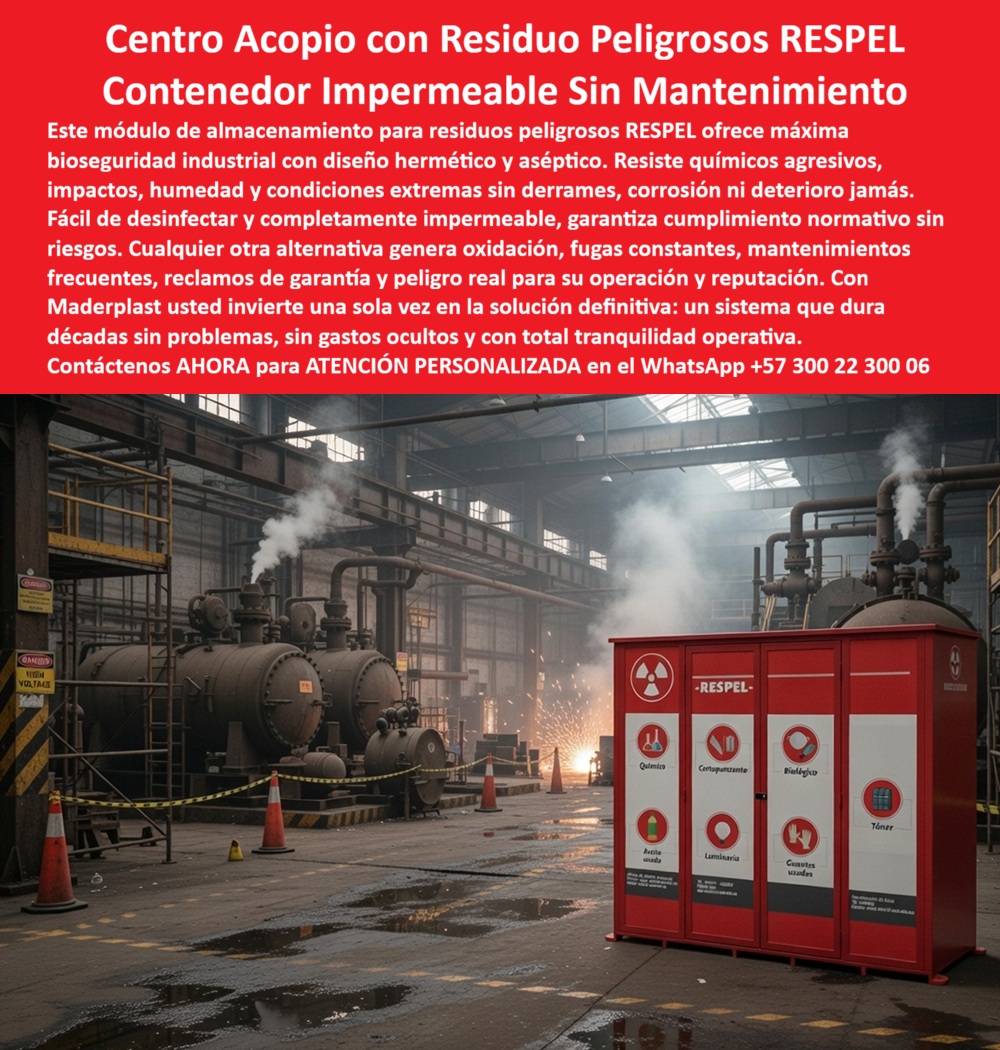 Centros Acopio Desechos Patógenos Punto Residuos Peligrosos Respel Maderplast - Centro Acopio Residuos Peligrosos RESPEL Termo Resistente — Contenedor Impermeable para Industria Pesada Sin Mantenimiento Centros acopio desechos patógenos punto residuos peligrosos RESPEL Maderplast · Módulos almacenamiento químicos impermeables seguridad industrial · Puntos recolección residuos biosanitarios alta seguridad lavables La imagen muestra un módulo de almacenamiento RESPEL Maderplast de triple puerta frontal en color rojo normativo posicionado sobre piso industrial de concreto húmedo con residuos operativos visibles, enmarcado por caldera horizontal de acero de gran diámetro con bridas y tuberías de vapor al fondo izquierdo, columnas de emisión blanca ascendiendo desde múltiples fuentes térmicas de la nave de producción, letreros de advertencia «DANGER — HIGH VOLTAGE» junto a tableros eléctricos blindados y conos de seguridad vial naranja indicando zona de restricción operativa; las tres puertas abatibles exhiben cuadrícula de seis pictogramas de riesgo — frasco de laboratorio «Químico», jeringa «Cortopunzante», símbolo de peligro biológico «Biológico», bidón derramando líquido «Aceite usado», tubo fluorescente «Luminaria» y par de guantes «Guantes usados» — más compartimento adicional de tóner, con franja superior portando símbolo de radiación en diamante amarillo-negro y texto «-RESPEL-» en blanco, y zócalo perimetral elevado que funciona como dique de contención primario que retiene derrames internos antes de alcanzar el concreto conforme a normativa ambiental. Maderplast fabrica este módulo RESPEL termoresistente para vibración industrial en polímero de ingeniería macizo con carcasa monolítica que absorbe vibraciones de equipos rotativos sin fisurarse, repele condensados ácidos sin micropicaduras y mantiene sellado hermético en cada junta sin tornillería expuesta que se afloje por trepidación operativa, eliminando el talón de Aquiles de los centros RESPEL metálicos cuyas soldaduras se fatigan, cuyos pernos se aflojan y cuyas láminas se perforan exactamente en las zonas de mayor estrés vibratorio y térmico. El contenedor RESPEL monolítico sin soldaduras ni pernos y el sistema de recolección de biosanitarios antiabrasivo lavable superan a cualquier estructura metálica en naves siderúrgicas, cementeras, plantas de generación térmica y complejos petroquímicos porque el polímero actúa como material viscoelástico que absorbe vibración continua sin juntas rígidas que fatiguen, resiste polvo calcáreo abrasivo en suspensión, condensación ácida por gases de combustión y ciclos de dilatación térmica entre cuarenta y ocho grados de día y veintidós de madrugada sin fracturar ninguna junta, consolidándose como el centro de acopio de peligrosos para cementera y siderúrgica, la estación RESPEL con pictogramas en relieve resistente a radiación térmica de hornos, el módulo de almacenamiento de químicos impermeable contra condensación ácida, el centro RESPEL con dique de contención de derrames para piso industrial, el contenedor de peligrosos no conductor para zona eléctrica de potencia, el sistema RESPEL de fatiga cero con juntas viscoelásticas en polímero, la estación de acopio RESPEL para licencia ambiental y auditoría continua, el módulo RESPEL resistente a polvo abrasivo de planta cementera, el centro de almacenamiento de residuos peligrosos para cogeneración, el contenedor RESPEL con sellado hermético contra trepidación de equipos, el sistema de acopio temporal conforme a Decreto 4741 sin mantenimiento y la estación RESPEL con superficie impermeable resistente a desengrasante industrial. Los pictogramas estampados en masa dentro del polímero resistente abrasión y calor radiante indefinidamente porque el pigmento forma parte del material estructural y no puede separarse de la superficie — a diferencia de la señalización adhesiva que dura entre tres y seis meses antes de carbonizarse o desprenderse — con un TCO tan bajo que los módulos metálicos soldados, incluso regalados, resultan carísimos por perforaciones en cinco meses, pernos que se aflojan semanalmente, masilla epóxica que se desprende en el siguiente ciclo térmico y hallazgos repetitivos que ponen en riesgo la licencia ambiental. Para quien necesita cotizar módulos RESPEL termoresistentes para naves de producción siderúrgica, cementeras, plantas de generación térmica o complejos petroquímicos con vibración, condensación ácida y temperaturas extremas, Maderplast entrega con estructura monolítica, pictogramas estampados en masa, dique de contención perimetral y compartimentos independientes por categoría, llave en mano a través del WhatsApp 57+ 300 22 300 06. Así lo confirma el Ing. Sandra Betancourt, sistema de gestión ambiental, planta cementera 4.000 toneladas diarias, norte de Boyacá: «Los centros RESPEL metálicos se perforaban en menos de cinco meses por polvo calcáreo abrasivo, vibración continua de molinos de clinker y ciclos de dilatación que fatigaba cada soldadura; los pernos se aflojaban semanalmente y mantenimiento dedicaba una jornada quincenal a apretar y sellar con masilla que se desprendía en el siguiente ciclo térmico. Tras instalar el módulo RESPEL Maderplast monolítico sin soldaduras ni pernos, cero fisuras, cero aflojamiento y cero pérdida de señalización a dieciséis meses; la auditoría corporativa calificó "conforme sin observaciones" por primera vez en tres años consecutivos de hallazgos.» Maderplast es el fabricante colombiano de módulos de almacenamiento de químicos impermeables para seguridad industrial, puntos de recolección de residuos biosanitarios de alta seguridad lavables y estaciones RESPEL para los ambientes industriales más hostiles — la solución definitiva donde el metal claudica. Convénzase de que Maderplast es la mejor opción. Respaldo: Fichas técnicas PDF · Pruebas en video (youtube.com/@maderplasSA) · Pruebas extremas · Galería instalaciones industriales pesadas · Renders bajo solicitud. Asesoría Especializada — WhatsApp 57+ 300 22 300 06 Módulos Almacenamiento Químicos Impermeables Seguridad Industrial, puntos recolección residuos biosanitarios alta seguridad lavables, Estación Centros Acopio Desechos Patógenos Punto Residuos Peligrosos Respel Maderplast Módulos Almacenamiento Químicos Impermeables Seguridad Industrial puntos recolección residuos biosanitarios alta seguridad lavables Estación Centro Acopio Residuos Peligrosos RESPEL Termo Resistente — Contenedor Impermeable para Industria Pesada Sin Mantenimiento Centros acopio desechos patógenos punto residuos peligrosos RESPEL Maderplast · Módulos almacenamiento químicos impermeables seguridad industrial · Puntos recolección residuos biosanitarios alta seguridad lavables La imagen muestra un módulo de almacenamiento RESPEL Maderplast de triple puerta frontal en color rojo normativo posicionado sobre piso industrial de concreto húmedo con residuos operativos visibles, enmarcado por caldera horizontal de acero de gran diámetro con bridas y tuberías de vapor al fondo izquierdo, columnas de emisión blanca ascendiendo desde múltiples fuentes térmicas de la nave de producción, letreros de advertencia «DANGER — HIGH VOLTAGE» junto a tableros eléctricos blindados y conos de seguridad vial naranja indicando zona de restricción operativa; las tres puertas abatibles exhiben cuadrícula de seis pictogramas de riesgo — frasco de laboratorio «Químico», jeringa «Cortopunzante», símbolo de peligro biológico «Biológico», bidón derramando líquido «Aceite usado», tubo fluorescente «Luminaria» y par de guantes «Guantes usados» — más compartimento adicional de tóner, con franja superior portando símbolo de radiación en diamante amarillo-negro y texto «-RESPEL-» en blanco, y zócalo perimetral elevado que funciona como dique de contención primario que retiene derrames internos antes de alcanzar el concreto conforme a normativa ambiental. Maderplast fabrica este módulo RESPEL termoresistente para vibración industrial en polímero de ingeniería macizo con carcasa monolítica que absorbe vibraciones de equipos rotativos sin fisurarse, repele condensados ácidos sin micropicaduras y mantiene sellado hermético en cada junta sin tornillería expuesta que se afloje por trepidación operativa, eliminando el talón de Aquiles de los centros RESPEL metálicos cuyas soldaduras se fatigan, cuyos pernos se aflojan y cuyas láminas se perforan exactamente en las zonas de mayor estrés vibratorio y térmico. El contenedor RESPEL monolítico sin soldaduras ni pernos y el sistema de recolección de biosanitarios antiabrasivo lavable superan a cualquier estructura metálica en naves siderúrgicas, cementeras, plantas de generación térmica y complejos petroquímicos porque el polímero actúa como material viscoelástico que absorbe vibración continua sin juntas rígidas que fatiguen, resiste polvo calcáreo abrasivo en suspensión, condensación ácida por gases de combustión y ciclos de dilatación térmica entre cuarenta y ocho grados de día y veintidós de madrugada sin fracturar ninguna junta, consolidándose como el centro de acopio de peligrosos para cementera y siderúrgica, la estación RESPEL con pictogramas en relieve resistente a radiación térmica de hornos, el módulo de almacenamiento de químicos impermeable contra condensación ácida, el centro RESPEL con dique de contención de derrames para piso industrial, el contenedor de peligrosos no conductor para zona eléctrica de potencia, el sistema RESPEL de fatiga cero con juntas viscoelásticas en polímero, la estación de acopio RESPEL para licencia ambiental y auditoría continua, el módulo RESPEL resistente a polvo abrasivo de planta cementera, el centro de almacenamiento de residuos peligrosos para cogeneración, el contenedor RESPEL con sellado hermético contra trepidación de equipos, el sistema de acopio temporal conforme a Decreto 4741 sin mantenimiento y la estación RESPEL con superficie impermeable resistente a desengrasante industrial. Los pictogramas estampados en masa dentro del polímero resistente abrasión y calor radiante indefinidamente porque el pigmento forma parte del material estructural y no puede separarse de la superficie — a diferencia de la señalización adhesiva que dura entre tres y seis meses antes de carbonizarse o desprenderse — con un TCO tan bajo que los módulos metálicos soldados, incluso regalados, resultan carísimos por perforaciones en cinco meses, pernos que se aflojan semanalmente, masilla epóxica que se desprende en el siguiente ciclo térmico y hallazgos repetitivos que ponen en riesgo la licencia ambiental. Para quien necesita cotizar módulos RESPEL termoresistentes para naves de producción siderúrgica, cementeras, plantas de generación térmica o complejos petroquímicos con vibración, condensación ácida y temperaturas extremas, Maderplast entrega con estructura monolítica, pictogramas estampados en masa, dique de contención perimetral y compartimentos independientes por categoría, llave en mano a través del WhatsApp 57+ 300 22 300 06. Así lo confirma el Ing. Sandra Betancourt, sistema de gestión ambiental, planta cementera 4.000 toneladas diarias, norte de Boyacá: «Los centros RESPEL metálicos se perforaban en menos de cinco meses por polvo calcáreo abrasivo, vibración continua de molinos de clinker y ciclos de dilatación que fatigaba cada soldadura; los pernos se aflojaban semanalmente y mantenimiento dedicaba una jornada quincenal a apretar y sellar con masilla que se desprendía en el siguiente ciclo térmico. Tras instalar el módulo RESPEL Maderplast monolítico sin soldaduras ni pernos, cero fisuras, cero aflojamiento y cero pérdida de señalización a dieciséis meses; la auditoría corporativa calificó "conforme sin observaciones" por primera vez en tres años consecutivos de hallazgos.» Maderplast es el fabricante colombiano de módulos de almacenamiento de químicos impermeables para seguridad industrial, puntos de recolección de residuos biosanitarios de alta seguridad lavables y estaciones RESPEL para los ambientes industriales más hostiles — la solución definitiva donde el metal claudica. Convénzase de que Maderplast es la mejor opción. Respaldo: Fichas técnicas PDF · Pruebas en video (youtube.com/@maderplasSA) · Pruebas extremas · Galería instalaciones industriales pesadas · Renders bajo solicitud. Asesoría Especializada — WhatsApp 57+ 300 22 300 06