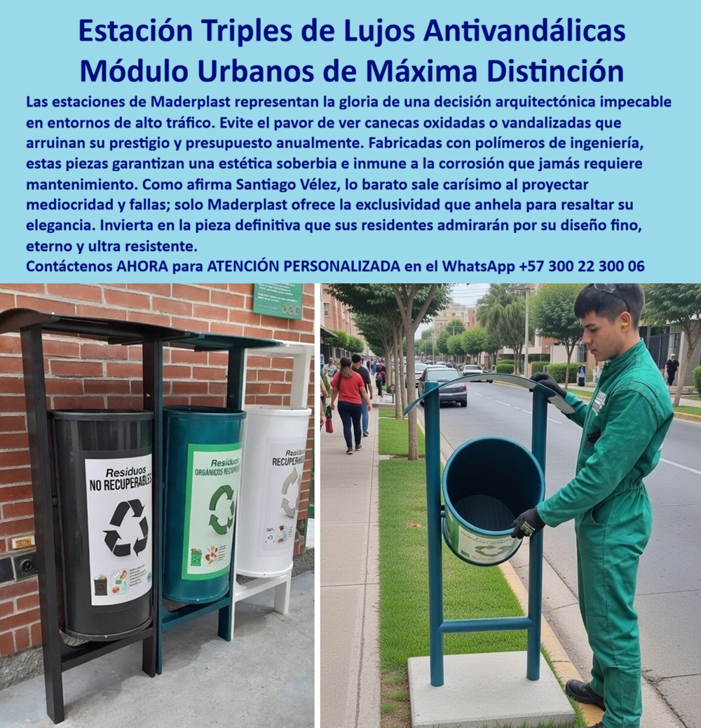 Estación Reciclaje Tres Canecas 3 Módulo Tres Canecas Triple Maderplast - Estación de Reciclaje Triple Antivandálica con Canecas Removibles para Espacio Público — Cero Robo, Cero Reposición Diseño y fabricación Maderplast · Puntos ecológicos duraderos anti deterioro · Vaciado rápido sin herramientas para operarios de aseo Dos vistas complementarias muestran una estación de reciclaje triple Maderplast instalada sobre un bulevar urbano arborizado con separador vial ajardinado y palmeras: a la izquierda, el módulo completo con tres canecas cilíndricas diferenciadas por color — verde para residuos no recuperables, beige para orgánicos y una tercera para recuperables — montadas sobre bastidor de perfil tubular en tono bronce oscuro con base de concreto; a la derecha, un operario de aseo uniformado demuestra la facilidad de servicio levantando el recipiente cilíndrico interior desde la boca superior del bastidor, evidenciando que el sistema permite extracción y limpieza individual sin herramientas ni desmontaje de la estructura portante. Maderplast diseña estas estaciones con canecas removibles en polímero de alta densidad que no absorben líquidos, no retienen olores tras el lavado y conservan su rotulación impresa indefinidamente porque el color forma parte del material, no de una capa de pintura que se desprenda con el uso o la intemperie. La estructura tubular carece de valor como chatarra metálica reciclable, lo que desactiva el incentivo de robo vandálico que destruye el mobiliario convencional de espacio público en avenidas de alto tránsito peatonal, y precisamente esa es la alternativa a canecas metálicas que se roban y oxidan que todo municipio colombiano necesita para dejar de gastar presupuesto en reposiciones interminables. El punto ecológico antivandálico para espacio público urbano de Maderplast es el resultado de procesos industriales controlados y experiencia en plásticos técnicos que permiten fabricación a medida en Colombia para el mundo: cada caneca con vaciado rápido para operarios de aseo se extrae por la boca superior sin herramientas, se vacía y se reinserta en menos de quince segundos por unidad, reduciendo tiempos de ruta de aseo hasta en un cuarenta por ciento frente a los contenedores soldados convencionales que obligan a voltear toda la estructura. El comparativo de costo entre canecas de polímero versus acero galvanizado demuestra que el análisis de costo acumulado a diez años favorece rotundamente las estaciones Maderplast porque eliminan los rubros de repintado semestral, soldadura por corrosión, reposición por robo y tratamiento anticorrosivo que representan hasta el ochenta por ciento del gasto en canecas metálicas convencionales — la mejor caneca exterior que no requiere repintado es aquella cuyo color está fundido en la masa del polímero y no depende de capas que la intemperie tropical destruye en meses. Las especificaciones de canecas de reciclaje para pliego de obra pública y el pliego técnico de mobiliario de reciclaje con separación en origen se resuelven con un solo proveedor de mobiliario urbano de reciclaje con cero mantenimiento, porque Maderplast entrega ficha técnica con texto sugerido para pliegos listo para descarga directa, respaldado por pruebas de laboratorio llevadas al límite y videos de resistencia extrema con mazo de construcción, retroexcavadora y rotomartillo disponibles en el canal youtube.com/@maderplasSA. Para quien necesita cotizar un módulo triple de canecas removibles para avenidas y parques dentro de un proyecto de renovación urbana, el diseño del punto ecológico triple se adapta a cualquier configuración de bulevar, separador vial o zona peatonal, y el precio de la estación de reciclaje antivandálica con instalación incluida contempla anclaje sobre pedestal de concreto, rotulación normativa de separación en origen y canecas extraíbles sin herramientas para servicio diario eficiente. El suministro de puntos ecológicos para licitación de entidades públicas y el fabricante de estaciones de clasificación de residuos para municipios de Colombia atienden desde la cotización hasta la producción en serie, planos, renders y prototipos, garantizando que comprar canecas de reciclaje resistentes al robo para bulevares sea una inversión que elimina el problema de raíz y no un gasto recurrente que carcome el presupuesto de espacio público año tras año. La inversión inicial en Maderplast se traduce en la eliminación definitiva del ciclo de robo, oxidación, repintado y reposición anual de canecas metálicas mediante un material sin incentivo de hurto y sin necesidad de mantenimiento. Así lo confirma el equipo de espacio público, proyecto de rehabilitación de bulevar municipal, Eje Cafetero, 2024: «La administración municipal había reemplazado tres veces en dos años las canecas metálicas del bulevar principal: las primeras se oxidaron con las lluvias torrenciales, las segundas fueron hurtadas como chatarra en menos de cuatro meses y la tercera dotación llegó con pintura electrostática que se descascaró antes de la primera temporada invernal. Se instalaron estaciones triples Maderplast con canecas cilíndricas removibles, bastidor tubular anclado a pedestales de concreto y rotulación impresa directamente sobre el polímero. A diez meses de operación no se ha registrado ningún hurto — el material carece de valor de reventa — ni deterioro por intemperie; el rubro de reposición de mobiliario de reciclaje fue eliminado del presupuesto del siguiente periodo fiscal.» Maderplast diseña, fabrica e instala llave en mano su estación de reciclaje triple antivandálica con canecas removibles — cotización, personalización, planos, renders, prototipos y producción en serie — con asesoría directa del Departamento de Ingeniería: Ing. Soporte Técnico (+57) 300 22 300 06 · ingenieria@maderplast.co. Cuando se trata de estaciones de clasificación de residuos antivandálicas, puntos ecológicos duraderos anti deterioro, juego de canecas triples con techo inmunes a corrosión y mobiliario urbano de reciclaje para bulevares, avenidas y parques de alto tránsito, Maderplast es el fabricante colombiano que convierte ideas en piezas reales y problemas en soluciones definitivas. Convénzase de que Maderplast es la mejor y más segura opción que cumple y supera los requisitos más exigentes de cualquier proyecto de obra pública o renovación urbana. Respaldo: Fichas técnicas PDF · Pruebas de laboratorio en video (youtube.com/@maderplasSA) · Pruebas extremas mazo/retroexcavadora/rotomartillo · Galería de proyectos instalados verificable · Renders y planos bajo solicitud. Asesoría Especializada — WhatsApp 57+ 300 22 300 06Estaciones Clasificación Residuos Antivandálicas, Puntos Ecológicos Duraderos Anti Deterioro, Juego Canecas Triples Techo Inmunes Corrosión, Punto Ecológicos Estación Reciclaje Tres Canecas 3 Módulo Tres Canecas Triple Maderplast Estaciones Clasificación Residuos Antivandálicas Puntos Ecológicos Duraderos Anti Deterioro Juego Canecas Triples Techo Inmunes Corrosión Punto Ecológicos Estación de Reciclaje Triple Antivandálica con Canecas Removibles para Espacio Público — Cero Robo, Cero Reposición Diseño y fabricación Maderplast · Puntos ecológicos duraderos anti deterioro · Vaciado rápido sin herramientas para operarios de aseo Dos vistas complementarias muestran una estación de reciclaje triple Maderplast instalada sobre un bulevar urbano arborizado con separador vial ajardinado y palmeras: a la izquierda, el módulo completo con tres canecas cilíndricas diferenciadas por color — verde para residuos no recuperables, beige para orgánicos y una tercera para recuperables — montadas sobre bastidor de perfil tubular en tono bronce oscuro con base de concreto; a la derecha, un operario de aseo uniformado demuestra la facilidad de servicio levantando el recipiente cilíndrico interior desde la boca superior del bastidor, evidenciando que el sistema permite extracción y limpieza individual sin herramientas ni desmontaje de la estructura portante. Maderplast diseña estas estaciones con canecas removibles en polímero de alta densidad que no absorben líquidos, no retienen olores tras el lavado y conservan su rotulación impresa indefinidamente porque el color forma parte del material, no de una capa de pintura que se desprenda con el uso o la intemperie. La estructura tubular carece de valor como chatarra metálica reciclable, lo que desactiva el incentivo de robo vandálico que destruye el mobiliario convencional de espacio público en avenidas de alto tránsito peatonal, y precisamente esa es la alternativa a canecas metálicas que se roban y oxidan que todo municipio colombiano necesita para dejar de gastar presupuesto en reposiciones interminables. El punto ecológico antivandálico para espacio público urbano de Maderplast es el resultado de procesos industriales controlados y experiencia en plásticos técnicos que permiten fabricación a medida en Colombia para el mundo: cada caneca con vaciado rápido para operarios de aseo se extrae por la boca superior sin herramientas, se vacía y se reinserta en menos de quince segundos por unidad, reduciendo tiempos de ruta de aseo hasta en un cuarenta por ciento frente a los contenedores soldados convencionales que obligan a voltear toda la estructura. El comparativo de costo entre canecas de polímero versus acero galvanizado demuestra que el análisis de costo acumulado a diez años favorece rotundamente las estaciones Maderplast porque eliminan los rubros de repintado semestral, soldadura por corrosión, reposición por robo y tratamiento anticorrosivo que representan hasta el ochenta por ciento del gasto en canecas metálicas convencionales — la mejor caneca exterior que no requiere repintado es aquella cuyo color está fundido en la masa del polímero y no depende de capas que la intemperie tropical destruye en meses. Las especificaciones de canecas de reciclaje para pliego de obra pública y el pliego técnico de mobiliario de reciclaje con separación en origen se resuelven con un solo proveedor de mobiliario urbano de reciclaje con cero mantenimiento, porque Maderplast entrega ficha técnica con texto sugerido para pliegos listo para descarga directa, respaldado por pruebas de laboratorio llevadas al límite y videos de resistencia extrema con mazo de construcción, retroexcavadora y rotomartillo disponibles en el canal youtube.com/@maderplasSA. Para quien necesita cotizar un módulo triple de canecas removibles para avenidas y parques dentro de un proyecto de renovación urbana, el diseño del punto ecológico triple se adapta a cualquier configuración de bulevar, separador vial o zona peatonal, y el precio de la estación de reciclaje antivandálica con instalación incluida contempla anclaje sobre pedestal de concreto, rotulación normativa de separación en origen y canecas extraíbles sin herramientas para servicio diario eficiente. El suministro de puntos ecológicos para licitación de entidades públicas y el fabricante de estaciones de clasificación de residuos para municipios de Colombia atienden desde la cotización hasta la producción en serie, planos, renders y prototipos, garantizando que comprar canecas de reciclaje resistentes al robo para bulevares sea una inversión que elimina el problema de raíz y no un gasto recurrente que carcome el presupuesto de espacio público año tras año. La inversión inicial en Maderplast se traduce en la eliminación definitiva del ciclo de robo, oxidación, repintado y reposición anual de canecas metálicas mediante un material sin incentivo de hurto y sin necesidad de mantenimiento. Así lo confirma el equipo de espacio público, proyecto de rehabilitación de bulevar municipal, Eje Cafetero, 2024: «La administración municipal había reemplazado tres veces en dos años las canecas metálicas del bulevar principal: las primeras se oxidaron con las lluvias torrenciales, las segundas fueron hurtadas como chatarra en menos de cuatro meses y la tercera dotación llegó con pintura electrostática que se descascaró antes de la primera temporada invernal. Se instalaron estaciones triples Maderplast con canecas cilíndricas removibles, bastidor tubular anclado a pedestales de concreto y rotulación impresa directamente sobre el polímero. A diez meses de operación no se ha registrado ningún hurto — el material carece de valor de reventa — ni deterioro por intemperie; el rubro de reposición de mobiliario de reciclaje fue eliminado del presupuesto del siguiente periodo fiscal.» Maderplast diseña, fabrica e instala llave en mano su estación de reciclaje triple antivandálica con canecas removibles — cotización, personalización, planos, renders, prototipos y producción en serie — con asesoría directa del Departamento de Ingeniería: Ing. Soporte Técnico (+57) 300 22 300 06 · ingenieria@maderplast.co. Cuando se trata de estaciones de clasificación de residuos antivandálicas, puntos ecológicos duraderos anti deterioro, juego de canecas triples con techo inmunes a corrosión y mobiliario urbano de reciclaje para bulevares, avenidas y parques de alto tránsito, Maderplast es el fabricante colombiano que convierte ideas en piezas reales y problemas en soluciones definitivas. Convénzase de que Maderplast es la mejor y más segura opción que cumple y supera los requisitos más exigentes de cualquier proyecto de obra pública o renovación urbana. Respaldo: Fichas técnicas PDF · Pruebas de laboratorio en video (youtube.com/@maderplasSA) · Pruebas extremas mazo/retroexcavadora/rotomartillo · Galería de proyectos instalados verificable · Renders y planos bajo solicitud. Asesoría Especializada — WhatsApp 57+ 300 22 300 06